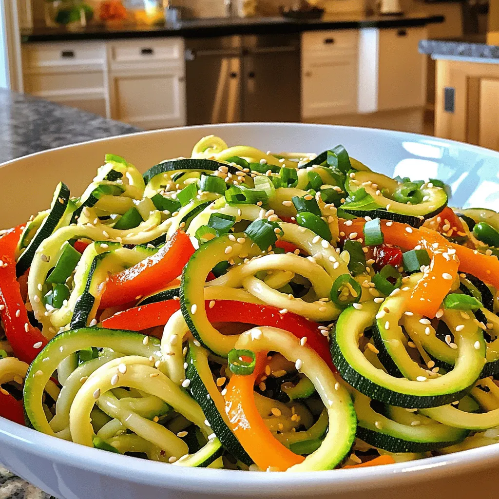 - 4 mittelgroße Zucchini, spiralförmig in Nudeln geschnitten - 1 rote Paprika, dünn geschnitten - 1 Tasse Zuckererbsen, geputzt - 1 Karotte, julienniert - 3 Knoblauchzehen, fein gehackt - 1 Esslöffel frischer Ingwer, fein gehackt - 3 Esslöffel Sojasoße (oder Tamari für glutenfrei) - 2 Esslöffel Sesamöl - 1 Esslöffel Reisessig - 1 Teelöffel rote Paprikaflocken (optional) - 2 Frühlingszwiebeln, gehackt - Sesamsamen zum Garnieren Die Hauptzutaten sind frisch und bunt. Zucchini-Nudeln sind leicht und gesund. Sie bieten eine tolle Basis für unser Gericht. Paprika und Karotten bringen Farbe und Süße. Zuckererbsen fügen einen knackigen Biss hinzu. Knoblauch und Ingwer sorgen für Geschmack. Sojasauce gibt Tiefe, während Sesamöl reichhaltig ist. - 3 Knoblauchzehen, fein gehackt - 1 Esslöffel frischer Ingwer, fein gehackt - 1 Teelöffel rote Paprikaflocken (optional) - Sesamsamen zum Garnieren Die Gewürze sind sehr wichtig. Sie machen die Zucchini-Nudel-Pfanne besonders lecker. Knoblauch und Ingwer geben jedem Bissen einen frischen Kick. Rote Paprikaflocken bringen etwas Wärme, sind aber optional. Sesamsamen sind perfekt zum Garnieren. Sie geben einen schönen Crunch. Wenn du mehr über die Zubereitung erfahren möchtest, schau dir das [Full Recipe] an. Um Zucchini-Nudeln zu machen, nutze ich einen Spiralizer. Er verwandelt die Zucchini in lange, dünne Nudeln. Du kannst auch einen Gemüseschneider verwenden, wenn du keinen Spiralizer hast. Achte darauf, frische Zucchini zu wählen. Sie sollten fest und ohne Flecken sein. Eine gute Zucchini hat eine glänzende Haut. Erhitze zuerst eine große Pfanne oder einen Wok. Füge Sesamöl hinzu und lass es heiß werden. Dann gebe den gehackten Knoblauch und den Ingwer hinein. Rühre schnell, damit sie nicht anbrennen. Nach 30 Sekunden kommt das geschnittene Gemüse dazu. Brate alles für etwa 3 bis 4 Minuten. Das Gemüse soll weich, aber noch knackig bleiben. Jetzt ist es Zeit für die Zucchini-Nudeln! Gib sie in die Pfanne und füge die Sojasoße und den Reisessig hinzu. Rühre alles gut um. Achte darauf, die Zucchini-Nudeln nicht zu lange zu kochen. Nach 3 bis 5 Minuten sind sie perfekt. Zu langes Kochen macht sie matschig. Mische die Zutaten gut, damit alles gleichmäßig gewürzt ist. Für das vollständige Rezept schau dir die Anleitung an. Um die beste Textur für deine Zucchini-Nudeln zu bekommen, achte auf das Timing beim Kochen. Koche die Zucchini-Nudeln nicht zu lange. Sie sollten zart, aber noch knackig bleiben. Wenn du sie zu lange brätst, werden sie matschig. Ein weiterer wichtiger Punkt ist die Vermeidung von überflüssiger Flüssigkeit. Zucchini enthalten viel Wasser. Wenn du die Nudeln zu früh in die Pfanne gibst, ziehen sie Wasser. So wird dein Gericht wässrig. Lass die Zucchini nach dem Schneiden kurz stehen, damit sie überschüssige Feuchtigkeit abgeben. Für die Sojasauce kannst du Tamari verwenden, wenn du eine glutenfreie Option willst. Tamari hat einen ähnlichen Geschmack, ist aber sicher für Menschen mit Glutenunverträglichkeit. Du kannst auch verschiedene Marinaden ausprobieren, um zusätzlichen Geschmack hinzuzufügen. Eine einfache Mischung aus Sojasauce, Honig und Limettensaft kann einen tollen Kick geben. Experimentiere, um deinen eigenen Geschmack zu finden. Die Kombination aus frischen Zutaten und einer guten Sojasauce macht die Zucchini-Nudel-Pfanne besonders lecker. Du kannst mehr über die Zubereitung im Full Recipe erfahren. {{image_4}} Um deine Zucchini-Nudel-Pfanne aufregender zu gestalten, kannst du verschiedene Gemüsesorten nutzen. Alternativen sind Brokkoli, Pilze oder sogar Spinat. Die Kombinationsmöglichkeiten sind endlos. Nutze, was du magst oder was gerade Saison hat. Saisonale Anpassungen bringen frische Aromen in dein Gericht. Im Sommer sind frische Tomaten oder Zucchini ideal. Im Herbst eignen sich Kürbis und Rosenkohl gut. Du kannst auch Protein zu deiner Zucchini-Nudel-Pfanne hinzufügen. Hähnchen, Tofu oder Garnelen passen gut zu den Zucchini. Hähnchen sollte in kleine Stücke geschnitten und vor dem Gemüse gebraten werden. Tofu kannst du anbraten, bis er goldbraun ist. Garnelen benötigen nur wenige Minuten zum Garen und fügen einen feinen Geschmack hinzu. Wenn du eine vegane Option wünschst, wähle Tofu. Mariniere ihn vorher mit etwas Sojasauce und Ingwer. So bekommt er mehr Geschmack. Du kannst auch Kichererbsen oder Edamame für extra Protein verwenden. Diese Optionen machen die Pfanne nahrhaft und lecker. Für das vollständige Rezept, schau in [Full Recipe]. - Kühlen Sie die Zucchini-Nudel-Pfanne sofort nach dem Essen ab. - Lagern Sie sie in einem luftdichten Behälter. - Die Reste halten sich bis zu drei Tage im Kühlschrank. - Verwenden Sie eine beschriftete Box, um die Reste zu kennzeichnen. - Die Qualität bleibt am besten, wenn Sie die Pfanne nicht zu lange aufbewahren. - Zum Aufwärmen nutzen Sie eine Pfanne oder die Mikrowelle. - Bei der Pfanne: Erhitzen Sie etwas Öl und geben Sie die Reste dazu. - Rühren Sie sanft, bis alles heiß ist. - Für die Mikrowelle: Stellen Sie die Reste in eine mikrowellengeeignete Schüssel. - Decken Sie die Schüssel ab, um Spritzer zu vermeiden. - Erwärmen Sie die Pfanne in 30-Sekunden-Intervallen, bis sie warm ist. - Achten Sie darauf, die Zucchini nicht zu lange zu erhitzen. - So bleiben sie zart und frisch. Für das vollständige Rezept schauen Sie bitte in den Abschnitt "Vollständiges Rezept". Um Zucchini-Nudeln herzustellen, brauchst du einen Spiralizer. 1. Wasche die Zucchini gut. 2. Schneide die Enden ab. 3. Drehe die Zucchini im Spiralizer. 4. Du erhältst lange, dünne Nudeln. Diese Nudeln sind leicht und gesund. Ja, du kannst andere Nudeln verwenden. Pasta aus Weizen, Reis oder Linsen sind gute Alternativen. Sie sind einfach zu finden und schnell zu kochen. Zucchini-Nudeln sind jedoch kalorienärmer. Ja, die Zucchini-Nudel-Pfanne ist vegan. Verwende Sojasauce und frisches Gemüse. Achte darauf, dass deine Sojasauce keine tierischen Produkte enthält. Für zusätzlichen Geschmack kannst du Tofu hinzufügen. Ja, du kannst die Zucchini-Nudel-Pfanne im Voraus machen. Bereite die Zucchini und das Gemüse vor. Lagere sie getrennt im Kühlschrank. Koche die Pfanne kurz vor dem Servieren. So bleiben die Nudeln frisch und knackig. Zu Zucchini-Nudeln passen viele Beilagen. Hier sind einige Ideen: - Gegrilltes Hähnchen oder Tofu - Ein frischer Salat - Gedämpftes Gemüse Diese Beilagen ergänzen die Aromen gut und machen das Essen bunt. Für das vollständige Rezept klicke hier: [Full Recipe]. Die Zucchini-Nudel-Pfanne ist einfach und gesund. Wir haben die Zutaten besprochen, die du brauchst, darunter frische Zucchini, Gemüse, Sojasauce und Gewürze. Du hast gelernt, wie man Zucchini vorbereitet und brät, um die perfekte Textur zu erzielen. Variationen bieten Raum für Kreativität, ob mit Hähnchen oder Tofu. Denk daran, Reste richtig zu lagern und beim Aufwärmen achtsam zu sein. Diese Methode ist einfach und lecker, ideal für jeden Tag. Genieße die Zucchini-Nudel-Pfanne und experimentiere mit neuen Geschmäckern!