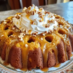 Um einen Karamell-Pumpkin Poke Cake zu machen, brauchst du einige wichtige Zutaten: - 1 Packung Gewürzkuchen-Mix (inklusive der auf der Packung angegebenen Zutaten) - 1 Tasse Kürbispüree aus der Dose - 1 Teelöffel Kürbiskuchengewürz - 1 Tasse Wasser - 1/2 Tasse Pflanzenöl - 3 große Eier - 1 Tasse Karamellsauce (gekauft oder selbstgemacht) - 1 Tasse gesüßte Schlagsahne - 1/2 Tasse grob gehackte Pekannüsse oder Walnüsse (optional) - zusätzliche Karamellsauce zum Beträufeln Diese Zutaten bringen den perfekten Herbstgeschmack in deinen Kuchen. Das Kürbispüree gibt Feuchtigkeit und Geschmack. Gewürzkuchen-Mix sorgt für eine leckere Basis. Für dieses Rezept benötigst du einige Utensilien und Geräte: - Eine große Rührschüssel - Ein elektrischer Mixer - Eine 9x13 Zoll große Backform - Ein Holzlöffel oder eine Gabel zum Löcherstechen - Ein Zahnstocher zum Testen des Kuchens Diese Geräte helfen dir, den Kuchen einfach und schnell zuzubereiten. Die Rührschüssel ist wichtig für das Mischen. Der Mixer macht den Teig schön glatt. Hochwertige Zutaten machen einen großen Unterschied. Verwende frisches Kürbispüree, wenn möglich. Es hat oft mehr Geschmack. Achte darauf, dass du einen guten Gewürzkuchen-Mix wählst. Der Mix sollte natürliche Zutaten enthalten. Für die Karamellsauce kannst du selbstgemachte verwenden. Sie hat einen reicheren Geschmack als gekaufte. Wenn du Nüsse hinzufügst, wähle frische Pekannüsse oder Walnüsse. Sie geben einen tollen Crunch und Geschmack. Bevor du startest, stelle sicher, dass alle Zutaten Raumtemperatur haben. So vermischen sich die Zutaten besser. Wenn du diese Tipps befolgst, wird dein Karamell-Pumpkin Poke Cake super lecker! Zuerst heizen Sie den Ofen auf 175°C vor. Dies ist wichtig, damit der Kuchen gleichmäßig backt. Fetten Sie eine 9x13 Zoll große Backform leicht ein. Bestäuben Sie sie danach mit etwas Mehl. So klebt der Kuchen später nicht fest. In einer großen Rührschüssel vermengen Sie die Zutaten. Nehmen Sie das Gewürzkuchen-Mix, das Kürbispüree und das Kürbiskuchengewürz. Fügen Sie das Wasser, das Pflanzenöl und die Eier hinzu. Verwenden Sie einen elektrischen Mixer. Mischen Sie zuerst alles bei niedriger Geschwindigkeit für 30 Sekunden. Danach erhöhen Sie die Geschwindigkeit auf mittlere Stufe für 2 Minuten. Der Teig sollte glatt sein. Gießen Sie den Teig in die vorbereitete Backform. Verteilen Sie ihn gleichmäßig. Backen Sie den Kuchen im Ofen für 30-35 Minuten. Um zu prüfen, ob der Kuchen fertig ist, stecken Sie einen Zahnstocher in die Mitte. Wenn er sauber herauskommt, ist der Kuchen bereit. Nach dem Backen lassen Sie den Kuchen 10 Minuten abkühlen. Nehmen Sie den Griff eines Holzlöffels oder eine Gabel. Stechen Sie gleichmäßig Löcher in die Oberfläche des warmen Kuchens. Machen Sie etwa 20 bis 30 Löcher. Jetzt kommt der beste Teil: Träufeln Sie 1 Tasse Karamellsauce über die Löcher. So kann das Karamell gut eindringen. Lassen Sie den Kuchen dann vollständig abkühlen, während das Karamell einzieht. Ein häufiger Fehler ist, den Kuchen zu lange zu backen. Achte auf die Backzeit. Überprüfe den Kuchen mit einem Zahnstocher. Wenn er sauber herauskommt, ist er fertig. Ein anderer Fehler ist, nicht genug Löcher in den Kuchen zu stechen. Die Löcher helfen, das Karamell aufzunehmen. Steche 20 bis 30 Löcher gleichmäßig in den Kuchen. Du kannst dein Rezept anpassen! Probiere verschiedene Gewürze wie Muskatnuss oder Ingwer. Das gibt dem Kuchen mehr Tiefe. Auch die Karamellsauce kannst du selber machen. Es ist einfach und schmeckt besser. Wenn du Schlagsahne magst, füge etwas Vanille hinzu. Das gibt einen tollen Geschmack. Die Präsentation ist wichtig! Serviere den Kuchen auf einem schönen Teller. Garnieren kannst du mit einem Karamellstrahl und einem Minzblatt. Das sieht nicht nur gut aus, sondern schmeckt auch frisch. Wenn du magst, lege ein Stück Kürbiskuchen daneben. Es macht das Dessert noch festlicher. Du kannst auch gehackte Nüsse darüber streuen. Sie geben einen schönen Crunch. Für das komplette Rezept, schau dir die [Full Recipe] an. {{image_4}} Für eine vegane Version des Karamell-Pumpkin Poke Cake, tauschen Sie Eier und Milch aus. Verwenden Sie einfach eine Mischung aus Leinsamen und Wasser. Mischen Sie einen Esslöffel Leinsamen mit drei Esslöffeln Wasser. Lassen Sie es einige Minuten stehen, bis es dick wird. Für die Milch verwenden Sie Pflanzendrink. Um glutenfrei zu backen, wählen Sie ein glutenfreies Mehl. Viele Marken bieten glutenfreie Kuchenmischungen an. Achten Sie darauf, dass alle anderen Zutaten ebenfalls glutenfrei sind. Sie können den Karamell-Pumpkin Poke Cake ganz leicht anpassen. Fügen Sie Schokoladenstückchen oder Kakaopulver hinzu, um einen schokoladigen Touch zu geben. Zimt und Muskatnuss ergänzen den Kürbis gut. Probieren Sie auch Nüsse wie Pekannüsse oder Mandeln für zusätzlichen Crunch. Ein Spritzer Vanilleextrakt kann das Aroma verstärken und den Kuchen verfeinern. Im Herbst und Winter können Sie den Kuchen mit Gewürzen wie Ingwer oder Nelken verfeinern. Für ein festliches Gefühl fügen Sie ein wenig Apfelmus hinzu. Zu Weihnachten können Sie den Kuchen mit Pfefferminzstückchen garnieren. Im Frühling können Sie frische Beeren als Topping verwenden. Sie sind lecker und sehen schön aus. Für das vollständige Rezept besuchen Sie die [Full Recipe]. Bewahren Sie Ihren Karamell-Pumpkin Poke Cake im Kühlschrank auf. Nutzen Sie einen luftdichten Behälter oder decken Sie den Kuchen gut ab. So bleibt er frisch und saftig. Die Karamellsauce und die Schlagsahne können schnell verderben. Achten Sie darauf, den Kuchen nicht länger als nötig ungeschützt zu lassen. Im Kühlschrank bleibt der Kuchen bis zu fünf Tage frisch. Nach ein paar Tagen kann die Textur der Schlagsahne sich verändern. Der Geschmack bleibt jedoch bis zur fünften Tag gut. Wenn Sie den Kuchen länger aufbewahren möchten, sollten Sie ihn einfrieren. Um den Kuchen einzufrieren, schneiden Sie ihn in Stücke. Wickeln Sie jedes Stück gut in Frischhaltefolie ein, dann in Alufolie. So schützen Sie den Kuchen vor Frostschäden. Zum Auftauen legen Sie die Stücke einfach in den Kühlschrank. Lassen Sie sie dort über Nacht. So bleibt der Kuchen saftig und lecker. Um Karamell zu machen, brauchst du nur Zucker und Wasser. 1. Gib eine Tasse Zucker und einen halben Becher Wasser in einen Topf. 2. Erhitze die Mischung bei mittlerer Hitze, bis der Zucker schmilzt. 3. Rühre nicht um, sondern schwenke den Topf. 4. Lass es kochen, bis es goldbraun wird. 5. Nimm es vom Herd und füge vorsichtig eine halbe Tasse Sahne hinzu. Sei vorsichtig, denn die Mischung spritzt! Lass es abkühlen, bevor du es verwendest. Ja, du kannst frisches Kürbispüree verwenden! 1. Wähle einen kleinen Zucker-Kürbis. 2. Halbiere ihn und entferne die Kerne. 3. Backe die Hälften bei 180°C für etwa 45 Minuten. 4. Püriere das weiche Fruchtfleisch in einem Mixer. Frisches Püree verleiht deinem Kuchen einen tollen Geschmack und eine schöne Textur. Zu diesem Kuchen passen viele Beilagen. - Vanilleeis ist sehr beliebt. - Schlagsahne bringt Frische. - Geröstete Nüsse fügen Crunch hinzu. - Ein Spritzer Zimt oder Muskatnuss verstärkt den Geschmack. Diese Kombinationen machen deinen Kuchen noch köstlicher und aufregender. Das Rezept ergibt etwa 12 bis 16 Portionen. Das hängt von der Größe der Stücke ab, die du schneidest. Ideal für eine Feier oder ein großes Familienessen. Du kannst den Kuchen auch in kleinere Stücke schneiden. So hast du mehr Portionen für alle, die ihn probieren wollen! Für die genaue Anleitung sieh dir das [Full Recipe]. Dieser Artikel hat Ihnen gezeigt, wie Sie einen Karamell-Pumpkin Poke Cake zubereiten. Sie kennen jetzt die wichtigsten Zutaten und Utensilien. Die Schritt-für-Schritt-Anleitung hilft beim Backen. Tipps und Tricks zeigen, wie Sie Fehler vermeiden und Ihr Rezept perfektionieren. Variationen wie vegane Optionen bieten neue Ideen. Schließlich wissen Sie, wie Sie den Kuchen richtig lagern. Backen macht Spaß und fördert Kreativität, also legen Sie los!