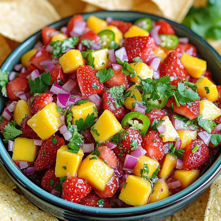 Um die beste Erdbeer-Mango-Salsa zu machen, benötigst du frische und reife Zutaten. Hier ist die Liste der Zutaten: - Erdbeeren: 1 Tasse, entkelcht und gewürfelt - Mango: 1 reife, geschält und gewürfelt - Rote Zwiebel: 1/2, fein gehackt - Jalapeño: 1, entkernt und fein gehackt (optional) - Frischer Koriander: 1/4 Tasse, grob gehackt - Limettensaft: Saft von 2 Limetten - Honig oder Agavensirup: 1 Esslöffel - Salz und Pfeffer nach Geschmack Jede Zutat hat ihren eigenen Geschmack und trägt zu einem frischen Erlebnis bei. Erdbeeren bringen Süße und Saftigkeit. Mangos fügen tropische Noten hinzu. Rote Zwiebeln geben einen scharfen Biss. Jalapeños sorgen für etwas Schärfe, wenn du das magst. Koriander bringt Frische in die Mischung. Limettensaft rundet alles mit einem spritzigen Geschmack ab. Honig oder Agavensirup fügt eine süße Note hinzu und balanciert die Aromen aus. Salz und Pfeffer helfen, den Geschmack zu heben. Die frischen Zutaten machen das Rezept einfach und lecker. Du kannst die Salsa schnell zubereiten und als Beilage oder Snack genießen. Für die vollständige Zubereitung, sieh dir das [Full Recipe] an. 1. Erdbeeren und Mango vorbereiten: Nimm eine Tasse frische Erdbeeren. Entferne die Stiele und schneide sie in kleine Stücke. Nimm eine reife Mango, schäle sie und würfle sie gleich groß. 2. Zwiebel und Jalapeño hacken: Nimm eine halbe rote Zwiebel. Hacke sie fein. Wenn du es scharf magst, nimm eine Jalapeño. Entferne die Kerne und hacke sie ebenfalls klein. 3. Koriander grob hacken: Nimm ein Viertel Tasse frischen Koriander. Hacke ihn grob, um den frischen Geschmack zu entfalten. 1. Zutaten in einer Schüssel kombinieren: Gib die gewürfelten Erdbeeren und die Mango in eine mittelgroße Schüssel. Füge die Zwiebel und die Jalapeño hinzu. Mische alles vorsichtig. 2. Dressing zubereiten und hinzufügen: In einer kleinen Schüssel presse den Saft von zwei Limetten aus. Füge einen Esslöffel Honig oder Agavensirup hinzu. Rühre gut um und gieße das Dressing über die Fruchtmischung. 1. Minimale Ruhezeit von 10 Minuten: Lasse die Salsa mindestens zehn Minuten ruhen. So können sich die Aromen gut vermischen. 2. Abschmecken und anpassen: Probiere die Salsa nach der Ruhezeit. Füge nach Geschmack mehr Salz oder Limettensaft hinzu. Diese Anleitung hilft dir, Erdbeer-Mango-Salsa frisch und würzig zu genießen. Du wirst die Kombination aus süß, scharf und frisch lieben. Probiere das Rezept aus [Full Recipe]. Wie erkenne ich reife Erdbeeren und Mangos? Reife Erdbeeren sind rot und fest. Sie sollten süß riechen. Achte darauf, dass sie keine braunen Flecken haben. Reife Mangos sind leicht weich, wenn du sie drückst. Ihre Farbe variiert, je nach Sorte. Wie lagere ich die Früchte für Frische? Bewahre Erdbeeren im Kühlschrank auf, aber nicht gewaschen. So bleiben sie frisch. Mangos kannst du bei Raumtemperatur reifen lassen. Wenn sie reif sind, leg sie in den Kühlschrank. Wie passe ich das Verhältnis von Obst und Dressing an? Ein gutes Verhältnis ist wichtig. Nutze gleich viel Obst und Dressing. Wenn du es fruchtiger magst, reduziere das Dressing. Kann ich Gewürze hinzufügen? Ja, das kannst du! Füge eine Prise Kreuzkümmel oder Paprika hinzu. So bekommst du mehr Tiefe im Geschmack. Wie kombiniere ich die Salsa mit Tortillachips und gegrilltem Fleisch? Die Salsa passt perfekt zu Tortillachips. Serviere sie als Dip. Auch gegrilltes Hähnchen oder Fisch schmecken großartig mit dieser Salsa. Wie kann ich die Salsa kreativ präsentieren? Nutze eine bunte Schüssel für einen tollen Look. Du kannst die Salsa auch in kleinen Gläsern anrichten. Dekoriere sie mit frischen Korianderblättern. So sieht sie noch ansprechender aus. Für das vollständige Rezept, besuche den Abschnitt [Full Recipe]. {{image_4}} Du kannst die Erdbeer-Mango Salsa noch bunter machen. Füge Ananas oder Kiwi hinzu. Diese Früchte bringen neue Aromen. Ananas hat eine süße, saftige Note. Kiwi gibt einen tollen, frischen Geschmack. Saisonale Früchte sind ebenfalls eine gute Wahl. Im Sommer kannst du Pfirsiche oder Aprikosen nutzen. Im Herbst sind Äpfel oder Birnen lecker. Um deiner Salsa mehr Pepp zu geben, probiere frische Kräuter. Minze oder Basilikum sind tolle Ergänzungen. Sie bringen einen frischen Geschmack in die Mischung. Wenn du es scharf magst, füge Chili hinzu. Ein wenig gehackte Jalapeño passt gut dazu. So wird die Salsa noch aufregender. Wenn du Zucker vermeiden möchtest, nutze Alternativen. Agavensirup ist eine gute Option. Du kannst auch Stevia verwenden. Für eine Low-Carb-Variante, lasse den Honig weg. Achte darauf, frische Zutaten zu wählen. Diese machen deine Salsa gesünder und leckerer. So bleibt sie ein Genuss für alle! Die Erdbeer-Mango-Salsa bleibt frisch, wenn du sie richtig lagerst. Ich empfehle, die Salsa in einem luftdichten Behälter im Kühlschrank aufzubewahren. So bleibt sie knackig und lecker. Du solltest die Salsa innerhalb von drei Tagen essen. Nach dieser Zeit kann die Frische nachlassen und die Aromen können verblassen. Die Haltbarkeit der fertigen Salsa beträgt etwa drei Tage. Nach dem dritten Tag könnte sie zwar noch gut schmecken, aber die Textur und der Geschmack ändern sich. Wenn die Salsa unansehnlich wird oder unangenehm riecht, ist es besser, sie nicht mehr zu essen. Wenn du mehr Salsa machen möchtest, kannst du sie einfrieren. Fülle die Salsa in einen luftdichten Behälter oder einen Gefrierbeutel. Lass etwas Platz, da die Salsa beim Einfrieren ausdehnt. Du kannst sie bis zu drei Monate einfrieren. Um die Salsa zu verwenden, nimm sie einfach aus dem Gefrierfach. Lass sie im Kühlschrank langsam auftauen. Das dauert einige Stunden oder über Nacht. Mische die Salsa nach dem Auftauen gut durch, um die Aromen wieder zu aktivieren. Es kann sein, dass die Textur etwas anders wird, aber der Geschmack bleibt gut. Erdbeer-Mango-Salsa bleibt frisch, wenn du sie richtig lagerst. In einem luftdichten Behälter hält sie etwa 3 bis 5 Tage im Kühlschrank. Achte darauf, dass die Salsa gut verschlossen ist, damit keine Luft eindringt. So bleiben die Aromen frisch. Wenn du die Salsa länger aufbewahren möchtest, kannst du sie auch einfrieren. Ja, du kannst mit verschiedenen Früchten experimentieren. Ananas bringt eine süße Note. Kiwi fügt eine leichte Säure hinzu. Du kannst auch Pfirsiche oder Papaya verwenden. Achte darauf, dass die neuen Früchte reif sind, damit sie gut schmecken. So bleibt die Salsa frisch und lecker. Ja, dieses Rezept ist vegan, wenn du Honig durch Agavensirup ersetzt. Agavensirup bietet die gleiche Süße, ist aber pflanzlich. Alle anderen Zutaten sind ebenfalls vegan. Wenn du auf tierische Produkte achtest, ist dies eine großartige Option für dich. Du kannst die Salsa auch ohne Süßstoff zubereiten, wenn du es bevorzugst. Diese Erdbeer-Mango-Salsa ist einfach zubereitet und voller Geschmack. Mit frischen Zutaten wie Erdbeeren, Mango und Koriander bietet sie Vielfalt. Die Schritt-für-Schritt-Anleitung hilft dir, die perfekte Salsa herzustellen. Denke an die Tipps zur Lagerung und Variationen, um deine Salsa zu verbessern. Egal, ob als Snack oder Beilage, diese Mischung eignet sich für viele Gerichte. Experimentiere mit anderen Früchten oder Gewürzen für deinen eigenen Twist. Frisch zubereitet, bleibt sie im Kühlschrank lange haltbar. Viel Spaß beim Genießen und Teilen!