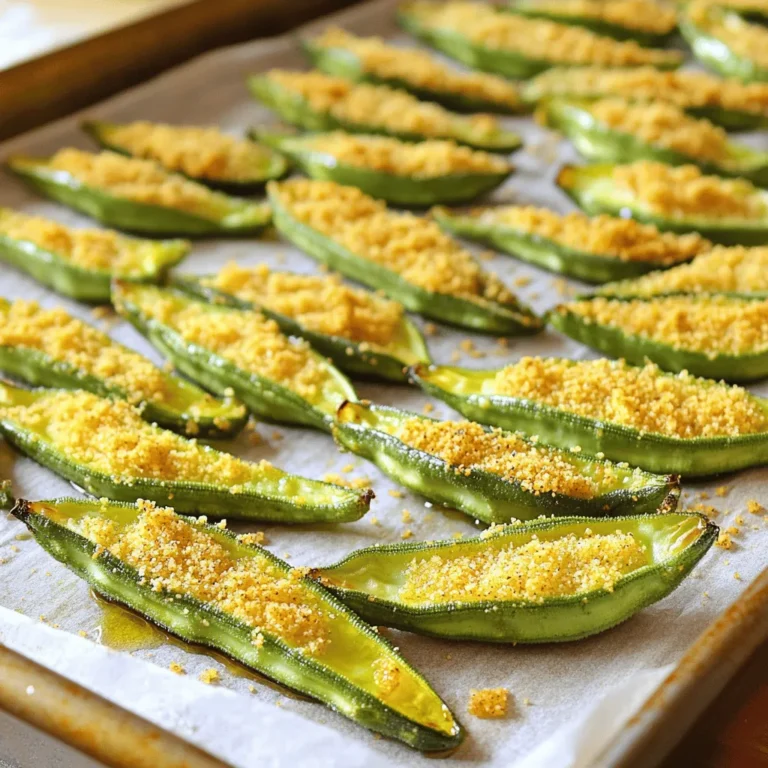 - 450 g frische Okra - 2 Esslöffel Olivenöl - Gewürze und Mehl Die Hauptzutaten für knusprige Okra sind einfach zu finden. Frische Okra ist der Star des Gerichts. Du solltest die Okra gut waschen und die Enden abschneiden. Halbiere sie dann der Länge nach. Das sorgt für ein gleichmäßiges Rösten. Olivenöl bringt Geschmack und hilft beim Bräunen. Die Gewürze sind wichtig für das Aroma. Knoblauchpulver, geräuchertes Paprika, Kurkuma, Salz und Pfeffer sind meine Favoriten. Sie geben der Okra einen tollen Geschmack und eine schöne Farbe. Maismehl sorgt für die knusprige Textur, die wir lieben. - ¼ Tasse geriebener Parmesan - Weitere Gewürzvariationen Parmesan ist eine tolle Ergänzung, wenn du Käse magst. Er macht die Okra noch geschmackvoller. Du kannst auch andere Gewürze ausprobieren. Zum Beispiel, Curry oder Cajun-Gewürz für einen anderen Kick. Die Möglichkeiten sind endlos. Lass deinen Geschmack entscheiden. Experimentiere mit verschiedenen Kombinationen, um deine perfekte Mischung zu finden. Du wirst überrascht sein, wie viel Spaß das macht! Für die vollständige Rezeptanleitung, schau dir das [Full Recipe] an. Waschen und Schneiden Zuerst waschen Sie die frische Okra unter fließendem Wasser. Danach schneiden Sie die Enden ab. Halbieren Sie die Okra der Länge nach. Dies hilft, die Aromen besser aufzunehmen. Marinade zubereiten In einer großen Schüssel mischen Sie das Olivenöl, Knoblauchpulver, geräuchertes Paprika, Kurkuma, Salz und schwarzen Pfeffer. Rühren Sie gut um, bis alles gut vermischt ist. Diese Marinade wird der Okra viel Geschmack geben. Ofen vorheizen Heizen Sie den Ofen auf 220 °C vor. Dies sorgt dafür, dass die Okra gleichmäßig knusprig wird. Legen Sie ein Backblech mit Backpapier aus, um ein Ankleben zu vermeiden. Okra mit der Marinade vermengen Geben Sie die halbierte Okra in die Schüssel mit der Marinade. Werfen Sie die Okra vorsichtig, sodass jede Stück gleichmäßig bedeckt ist. Danach fügen Sie das Maismehl hinzu. Mischen Sie alles gut, sodass das Mehl an der Okra haftet. Verteilung auf dem Backblech Verteilen Sie die beschichtete Okra in einer einzigen Schicht auf dem Backblech. Dies ist wichtig, damit die Okra gleichmäßig röstet und schön knusprig wird. Röstzeit und optimale Bräunung Rösten Sie die Okra für 15-20 Minuten im Ofen. Schütteln Sie das Blech nach der Hälfte der Zeit vorsichtig. So wird die Okra überall gleichmäßig braun. Wenn sie goldbraun und knusprig aussieht, ist sie fertig. Nehmen Sie das Blech aus dem Ofen und lassen Sie die Okra kurz abkühlen. Dann können Sie die knusprige Okra genießen. Für das vollständige Rezept schauen Sie sich die [Full Recipe] an. Um die perfekte Textur für Ihre knusprige Ofen-geröstete Okra zu erreichen, sind einige Techniken wichtig. Der Schlüssel liegt in der richtigen Rösttechnik. - Backblech vorbereiten: Legen Sie ein Backblech mit Backpapier aus. Dies verhindert das Festkleben. - Einzelne Schicht: Verteilen Sie die Okra in einer einzigen Schicht. So rösten die Stücke gleichmäßig. Das Öl spielt eine große Rolle. Verwenden Sie 2 Esslöffel Olivenöl. Öl hilft, die Okra knusprig zu machen. Maismehl ist ebenfalls wichtig. Es gibt der Okra einen tollen Crunch. Mischen Sie ¼ Tasse Maismehl gut unter die gewürzte Okra. Um Ihrer Okra mehr Geschmack zu geben, können Sie verschiedene Gewürze ausprobieren. - Alternative Gewürze: Fügen Sie Chili-Pulver oder Kreuzkümmel hinzu. Diese Gewürze bringen eine neue Dimension. - Verwendung von Käse: Wenn Sie Käse mögen, probieren Sie ¼ Tasse geriebenen Parmesan. Der Käse schmilzt und wird knusprig. Ein guter Tipp: Experimentieren Sie mit verschiedenen Kräutern. Frische oder getrocknete Kräuter machen viel aus. Versuchen Sie Basilikum oder Oregano für einen besonderen Geschmack. Für die vollständige Zubereitung und weitere Details, sehen Sie sich das [Full Recipe] an. {{image_4}} Für eine vegane Variante der knusprigen Okra können Sie Käsealternativen verwenden. Viele pflanzliche Käsesorten bieten einen ähnlichen Geschmack und eine gute Schmelze. Diese können Sie statt Parmesan hinzufügen. Maisstärke ist ein tolles Hilfsmittel, um die Okra noch knuspriger zu machen. Sie können etwas mehr Maisstärke verwenden, um die Textur zu verbessern. Einfach die Okra nach der Marinade damit bestäuben. Das gibt der Okra einen extra Crunch und macht das Gericht noch leckerer. Probieren Sie verschiedene Gewürzvariationen aus, um den Geschmack zu ändern. Asiatische Gewürze wie Fünf-Gewürze-Pulver oder Sesam können der Okra einen neuen Twist geben. Mediterrane Gewürze wie Oregano oder Thymian sind ebenfalls eine gute Wahl. Wenn Sie es gerne scharf mögen, fügen Sie Chili-Pulver oder Cayennepfeffer hinzu. Diese Gewürze bringen eine feurige Note in das Gericht. Experimentieren Sie mit den Gewürzen, um die perfekte Mischung für Ihren Geschmack zu finden. Für die vollständige Anleitung zu diesem Rezept, schauen Sie sich das Full Recipe an und genießen Sie den Prozess des Kochens! Um die Reste der knusprigen Ofen-gerösteten Okra richtig zu lagern, lege sie in einen luftdichten Behälter. So bleiben die Aromen frisch. Im Kühlschrank halten die Reste etwa 2 bis 3 Tage. Wenn du die Okra länger aufbewahren möchtest, friere sie ein. Sie können bis zu einem Monat im Gefrierschrank bleiben. Um die Knusprigkeit zu bewahren, lege die Okra auf ein Papiertuch. Vermeide es, sie übereinander zu stapeln. So bleibt die Luftzirkulation bestehen. Du kannst auch ein Backblech mit Backpapier verwenden, um die Reste auszubreiten. Wenn du die Okra wieder aufwärmen möchtest, empfehle ich, den Ofen zu nutzen. Heize den Ofen auf 180 °C vor. Lege die Okra auf ein Backblech und röste sie für etwa 10 Minuten. So werden sie wieder schön knusprig. Wenn du es eilig hast, kannst du auch die Mikrowelle verwenden. Lege die Okra auf einen mikrowellengeeigneten Teller und decke sie mit einem feuchten Papiertuch ab. Erhitze sie in kurzen Intervallen von 30 Sekunden. Prüfe nach jedem Intervall, damit sie nicht zu weich werden. Um die Okra richtig knusprig zu machen, sind einige Tipps wichtig. Zuerst solltest du die Okra gut abtrocknen, nachdem du sie gewaschen hast. Feuchtigkeit macht sie weich. Dann ist der richtige Einsatz von Öl entscheidend. Verwende genug Olivenöl, damit die Okra schön glänzt. Das Hinzufügen von Maismehl hilft, eine knusprige Schicht zu bilden. Überziehe die Okra gut mit der Gewürzmischung und dem Mehl. Verteile die Okra in einer einzigen Schicht auf dem Blech. So bekommt jede Okra eine gleichmäßige Hitze. Schüttle das Blech während des Röstens, damit alle Seiten gut bräunen. Diese Schritte helfen, die perfekte Textur zu erreichen. Ja, du kannst gefrorene Okra verwenden. Es gibt jedoch einige Vor- und Nachteile. Gefrorene Okra ist oft praktischer und schneller verfügbar. Sie hat jedoch mehr Wasser, was die Knusprigkeit beeinträchtigen kann. Wenn du gefrorene Okra verwendest, lasse sie vor dem Kochen gut auftauen und abtropfen. So verhinderst du, dass sie beim Rösten weich wird. Achte darauf, sie gut zu würzen, um den Geschmack zu verstärken. Die knusprige Okra passt zu vielen Dips. Hier sind einige Vorschläge: - Joghurt-Dip: Mische griechischen Joghurt mit Zitrone und etwas Knoblauch. - Salsa: Eine frische Tomatensalsa bringt eine schöne Würze. - Aioli: Knoblauch-Aioli ist eine tolle Ergänzung zu vielen Snacks. - Hummus: Dieser cremige Dip macht die Okra noch schmackhafter. Probiere verschiedene Dips aus, um deinen Favoriten zu finden. Jede Kombination bringt neue Aromen in dein Gericht. Für die genauen Zubereitung kannst du das Full Recipe ansehen. In diesem Blogbeitrag haben wir die Zutaten und Schritte für perfekt geröstete Okra behandelt. Du hast gelernt, wie du frische Okra wunderbar zubereitest und variierst. Die Tipps zur Textur machen einen großen Unterschied. Denke auch an die Aufbewahrung, um die Knusprigkeit zu bewahren. Probiere verschiedene Gewürze und Käse für neuen Geschmack. Röstete Okra ist einfach und lecker. Sie passt gut zu vielen Dips. Viel Spaß beim Kochen und Genießen deiner köstlichen Kreationen!