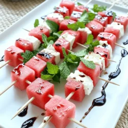 Die Hauptzutaten sind einfach und frisch. Hier ist, was Sie brauchen: - 4 Tassen Wassermelone, gewürfelt - 1 Tasse Feta-Käse, gewürfelt - 1/4 Tasse frische Minzblätter - 1 Esslöffel Balsamico-Glasur - Salz und Pfeffer nach Geschmack - Spieße (20-25 cm) Die Wassermelone ist saftig und süß. Der Feta bringt einen salzigen Kick. Minze sorgt für einen frischen Geschmack. Diese Kombination ist einfach köstlich. Für eine schöne Präsentation können Sie noch mehr hinzufügen. Einige Ideen sind: - Frische Kräuter wie Basilikum oder Dill - Ein Spritzer Zitronensaft für mehr Frische - Geröstete Nüsse für zusätzlichen Crunch Diese Zutaten machen die Spieße noch aufregender. Sie geben mehr Textur und Geschmack. Wählen Sie reife Wassermelonen. Sie sollten leicht drücken und süß riechen. Achten Sie auf die Farbe. Sie sollte gleichmäßig und tiefrot sein. Für den Feta-Käse suchen Sie einen, der cremig ist. Ein guter Feta hat einen starken, salzigen Geschmack. Er sollte fest, aber nicht bröckelig sein. Probieren Sie verschiedene Marken, um den besten für Ihre Spieße zu finden. Für die vollständige Anleitung und weiteres zu den Wassermelonen-Feta-Spießen, schauen Sie sich das Full Recipe an. Zuerst bereiten wir die Wassermelone und den Feta-Käse vor. Schneide die Wassermelone in 2,5 cm große Würfel. Achte darauf, dass die Stücke gleich groß sind. Das sorgt für ein schönes Bild. Dann schneide den Feta-Käse in gleich große Würfel. So harmonieren die Aromen besser. Jetzt nimmst du die Spieße. Beginne mit einem Stück Wassermelone, gefolgt von einem Stück Feta. Füge ein frisches Minzblatt hinzu. Wiederhole dieses Muster. Achte darauf, dass du am Ende etwas Platz lässt. So kannst du die Spieße gut halten. Nachdem du alle Spieße zusammengestellt hast, richte sie auf einer schönen Platte an. Beträufle die Spieße mit Balsamico-Glasur. Diese gibt einen süßen und würzigen Geschmack. Streue dann eine Prise Salz und Pfeffer darüber. So bringst du die Aromen gut zur Geltung. Serviere die Spieße gekühlt oder bei Raumtemperatur. Sie sind perfekt als erfrischende Vorspeise oder Snack. Für die vollständige Anleitung schaue dir das [Full Recipe] an. Um die besten Wassermelonen-Feta-Spieße zu machen, achte auf die Auswahl der Zutaten. Frische Wassermelonen sind wichtig. Wähle eine, die schwer und fest ist. Der Klang, wenn du darauf klopfst, sollte hohl sein. Das zeigt, dass die Melone reif ist. Der Feta sollte bröckelig und cremig sein. Das gibt den Spießen den besten Geschmack. Achte darauf, die Würfel gleich groß zu schneiden. So sehen die Spieße gut aus und schmecken harmonisch. Wenn du die Spieße zusammenstellst, beginne und ende mit einem Wassermelonenstück. Das sorgt für eine schöne Optik. Du kannst die Wassermelonen-Feta-Spieße leicht anpassen. Probiere andere Käsearten wie Ziegenkäse. Das gibt einen neuen Geschmack. Füge auch andere Früchte hinzu, wie Ananas oder Erdbeeren. Das bringt frische Farben auf den Tisch. Für einen scharfen Kick kannst du etwas Chili oder Pfeffer hinzufügen. Wenn du die Spieße vegan machen möchtest, ersetze Feta durch Tofu oder Avocado. Die Möglichkeiten sind fast endlos! Wassermelonen-Feta-Spieße passen gut zu vielen Gerichten. Serviere sie mit einem frischen Salat oder auf einem Buffet. Sie sind auch toll für Grillpartys. Du kannst sie mit Brot oder Crackern anbieten. Ein Dip aus Joghurt oder einer Kräutersauce passt hervorragend dazu. Wenn du einen Drink dazu anbieten möchtest, empfehle ich einen leichten Rosé oder einen fruchtigen Cocktail. Für die genauen Schritte und mehr Details, schau dir die Full Recipe an. {{image_4}} Wenn Sie eine vegane Option möchten, ersetzen Sie den Feta-Käse. Nutzen Sie stattdessen Cashew-Creme oder Tofu. Diese Zutaten bieten eine ähnliche Konsistenz. Cashew-Creme hat einen reichhaltigen Geschmack. Tofu kann leicht gewürzt werden. So bleibt der frische Geschmack der Spieße erhalten. Kräuter und Gewürze bringen neue Aromen in Ihre Spieße. Probieren Sie Basilikum oder Schnittlauch. Diese Kräuter ergänzen die Süße der Wassermelone gut. Ein Hauch von Chili-Pulver kann auch interessant sein. Es fügt eine leichte Schärfe hinzu. Experimentieren Sie mit verschiedenen Kombinationen, um Ihren Favoriten zu finden. Passen Sie Ihre Wassermelonen-Feta-Spieße je nach Saison an. Im Sommer sind frische Minze und Limette perfekt. Im Herbst können Sie geröstete Kürbiswürfel hinzufügen. Diese geben den Spießen eine neue Textur. Im Winter können Sie Granatapfelkerne verwenden. Sie bringen Farbe und einen süßen Biss. Nutzen Sie die saisonalen Produkte, um die Spieße aufregend zu halten. Nach der Zubereitung der Wassermelonen-Feta-Spieße sollten Sie sie kühl halten. Stellen Sie die Spieße in einen luftdichten Behälter. So bleiben sie frisch. Lagern Sie sie im Kühlschrank. Die Spieße halten sich dort bis zu zwei Tage. Achten Sie darauf, dass die Spieße nicht zusammenkleben. Legen Sie zwischen die Schichten ein Blatt Papier. Um die Frische der Wassermelone zu bewahren, lagern Sie sie ganz. Wenn Sie sie schneiden, wickeln Sie die Reste in Frischhaltefolie. So bleibt die Wassermelone saftig. Feta-Käse sollte immer in seiner Lake aufbewahrt werden. Das schützt ihn vor dem Austrocknen. Wenn Sie Feta schneiden, lagern Sie die Reste auch in einem luftdichten Behälter. Einfrieren von Wassermelonen-Feta-Spießen ist nicht ideal. Die Textur der Wassermelone verändert sich beim Einfrieren. Wenn Sie vorbereiten möchten, machen Sie die Spieße am selben Tag. Sie können die Zutaten einzeln vorbereiten. Schneiden Sie die Wassermelone und den Feta und lagern Sie sie getrennt. So können Sie schnell die Spieße zusammenstellen, wenn es Zeit zum Servieren ist. Wassermelonen-Feta-Spieße halten sich gut im Kühlschrank. Sie bleiben frisch für etwa 2 bis 3 Tage. Lagern Sie die Spieße in einem luftdichten Behälter. So verhindern Sie, dass sie austrocknen oder ihren Geschmack verlieren. Genießen Sie sie innerhalb dieser Zeit für das beste Erlebnis. Ja, Sie können viele Zutaten hinzufügen oder ersetzen. Zum Beispiel können Sie Gurke oder Paprika verwenden. Diese bringen zusätzliche Frische und Farbe. Auch andere Käsesorten wie Ziegenkäse sind gut. Experimentieren Sie mit verschiedenen Kräutern wie Basilikum oder Dill. Es geht darum, was Ihnen schmeckt! Wassermelonen-Feta-Spieße passen gut zu vielen Gerichten. Servieren Sie sie mit einem leichten Salat oder einer Quinoa-Bowl. Sie sind auch toll als Beilage zu Grillgerichten. Ein erfrischendes Getränk wie Limonade oder Eistee ergänzt die Aromen. Probieren Sie, sie mit anderen kleinen Häppchen zu kombinieren. So schaffen Sie ein buntes Buffet. Wassermelonen-Feta-Spieße sind einfach zuzubereiten. In diesem Artikel habe ich dir gezeigt, welche Zutaten du brauchst, wie du sie zubereitest und anrichtest. Du kannst auch Variationen und Tipps für die Lagerung nutzen. Denke daran, dass frische Zutaten wichtig sind. Mit kleinen Anpassungen kannst du das Rezept für jeden Anlass anpassen. Diese Spieße sind perfekt für das nächste BBQ oder einen Snack. Probiere es aus und genieße den Geschmack!