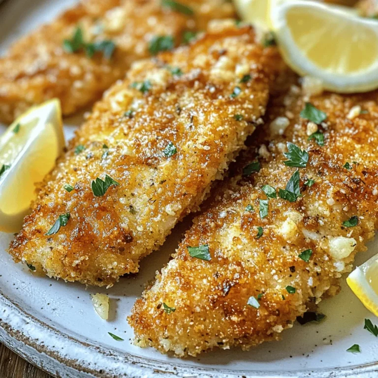 Die Hauptzutaten für Parmesan-Krusten-Tilapia sind einfach und leicht zu finden. Du brauchst: - 4 Tilapiafilets - 1 Tasse geriebener Parmesan-Käse - 1/2 Tasse Paniermehl (Panko ist ideal für mehr Crunch) - 1 Teelöffel Knoblauchpulver - 1 Teelöffel Zwiebelpulver - 1 Teelöffel getrocknete Petersilie - 1/2 Teelöffel schwarzer Pfeffer - 1/4 Teelöffel Salz - 2 Eier, verquirlt - 1 Esslöffel Olivenöl - Zitronenschnitze zum Servieren Falls du nicht alle frischen Zutaten hast, gibt es einige tolle Alternativen. Anstelle von frischem Parmesan kannst du auch einen anderen Hartkäse verwenden. Wenn du kein Panko hast, funktioniert normales Paniermehl auch gut. Du kannst auch frische Kräuter wie Petersilie oder Basilikum nutzen, wenn du sie zur Hand hast. Diese kleinen Änderungen machen dein Gericht trotzdem lecker. Um den Geschmack deines Parmesan-Krusten-Tilapia zu verbessern, kannst du einige besondere Zutaten hinzufügen. Ein Spritzer Zitronensaft gibt dem Fisch Frische. Einige rote Paprikaflocken bringen etwas Schärfe. Eine Mischung aus italienischen Kräutern gibt einen tollen Geschmack. Wenn du es noch herzhafter magst, füge etwas geräucherten Paprika hinzu. Diese Zutaten machen dein Gericht einzigartig und köstlich. Du findest das vollständige Rezept im Abschnitt "Full Recipe". Um Parmesan-Krusten-Tilapia zuzubereiten, beginne mit der Vorbereitung. Du brauchst frische Zutaten. Die wichtigsten sind: - 4 tilapiafilets - 1 Tasse geriebener Parmesan-Käse - 1/2 Tasse Paniermehl (Panko für mehr Crunch) - 2 Eier, verquirlt - Gewürze wie Knoblauchpulver, Zwiebelpulver, Petersilie, schwarzer Pfeffer und Salz Heize den Ofen auf 200°C vor. Lege ein Backblech mit Backpapier aus. So bleibt das Blech sauber. Die Zutaten sollten in Reichweite sein, damit die Zubereitung schnell geht. Jetzt geht es ans Panieren. Nimm die verquirlten Eier in eine Schüssel. Tauche ein Tilapiafilet in die Eier. Lass die überschüssige Flüssigkeit abtropfen. Nimm dann das Filet und wende es in der Parmesan-Paniermischung. Drücke die Mischung gut an, damit sie haftet. Leg das Filet auf das Backblech. Wiederhole diesen Schritt mit allen Filets. Beträufle die Filets mit etwas Olivenöl. Das hilft, die Kruste knusprig zu machen. Jetzt ist es Zeit zum Backen. Schiebe das Blech in den heißen Ofen. Backe die Filets 12 bis 15 Minuten. Sie sind fertig, wenn die Kruste goldbraun ist. Die Filets sollten durchgegart sein. Nimm das Blech aus dem Ofen. Lass die Filets einige Minuten ruhen. Serviere sie heiß mit Zitronenschnitzen an der Seite. Du kannst die Zitrone über die Filets träufeln. So bekommst du einen frischen Geschmack. Für das vollständige Rezept schau dir die [Full Recipe] an. Um die Kruste schön knusprig zu machen, gibt es einige Tricks. Verwende Panko für die Panade. Panko ist luftiger und sorgt für mehr Crunch. Mische die Paniermehlmischung gut. Achte darauf, dass die Zutaten gleichmäßig verteilt sind. Ein wenig Olivenöl auf der Kruste trägt auch zur Knusprigkeit bei. Tilapia gart schnell. Die richtige Temperatur ist wichtig. Backe die Filets bei 200°C. So wird die Kruste goldbraun. Achte darauf, die Filets nicht zu lange zu backen. 12 bis 15 Minuten sind ideal. Überprüfe die Innentemperatur mit einem Thermometer. Sie sollte 63°C erreichen. So bleibt der Fisch zart und saftig. Du kannst das Rezept leicht anpassen. Füge frische Kräuter wie Basilikum oder Thymian hinzu. Diese geben dem Gericht mehr Geschmack. Wenn du es scharf magst, probiere etwas Paprika oder Cayennepfeffer in die Panade. Du kannst auch Parmesan mit einer anderen Käsesorte mischen. Das bringt neue Aromen. Nutze die Ideen aus dem Full Recipe, um kreativ zu sein! {{image_4}} Eine einfache Variante ist die Parmesan-Kruste mit Kräutern. Fügen Sie frische Kräuter wie Basilikum oder Thymian hinzu. Diese Kräuter geben einen tollen Geschmack. Mischen Sie sie einfach in Ihre Paniermischung. Sie werden überrascht sein, wie aromatisch die Tilapiafilets werden. Für eine mediterrane Note können Sie Tomaten und Oliven verwenden. Schneiden Sie einige Kirschtomaten und schwarze Oliven klein. Legen Sie sie auf die Tilapiafilets, bevor Sie die Parmesan-Kruste hinzufügen. Das gibt dem Gericht eine frische und saftige Komponente. Diese Kombination ist perfekt für warme Abende. Wenn Sie es schärfer mögen, probieren Sie die gewürzte Variante mit Cajun-Gewürz. Mischen Sie etwas Cajun-Gewürz in die Paniermischung. Dies bringt ein tolles Aroma und eine leichte Schärfe. Diese Variante passt sehr gut zu einem Salat oder Reis. Für alle Varianten finden Sie die vollständige Rezeptinfo im Full Recipe. Wenn Sie Tilapiafilets zubereitet haben und Reste übrig bleiben, lagern Sie sie gut. Lassen Sie das Fischfilet auf Raumtemperatur abkühlen. Wickeln Sie es dann fest in Frischhaltefolie oder legen Sie es in einen luftdichten Behälter. So bleibt der Geschmack frisch. Lagern Sie die Tilapiafilets im Kühlschrank, wo sie bis zu drei Tage haltbar sind. Falls Sie mehr Tilapiafilets zubereitet haben, als Sie essen können, frieren Sie sie ein. Wickeln Sie jedes Filet in Frischhaltefolie und legen Sie es in einen Gefrierbeutel. Drücken Sie die Luft heraus, bevor Sie den Beutel verschließen. Auf diese Weise bleibt der Fisch bis zu drei Monate frisch. Denken Sie daran, das Datum auf den Beutel zu schreiben. Um die Tilapiafilets wieder aufzuwärmen, nutzen Sie den Ofen. Heizen Sie ihn auf 180°C vor. Legen Sie die Filets auf ein Backblech und decken Sie sie leicht mit Folie ab. Wärmen Sie sie für etwa 10 Minuten. So bleibt die Kruste knusprig und der Fisch saftig. Vermeiden Sie die Mikrowelle, da der Fisch dadurch trocken werden kann. Die Zubereitung von Parmesan-Krusten-Tilapia dauert etwa 25 Minuten. Davon sind 10 Minuten für die Vorbereitung und 15 Minuten für das Backen. Diese schnelle Zubereitungszeit macht es einfach, ein köstliches Gericht zu kochen, auch an einem hektischen Tag. Ja, Sie können gefrorenen Tilapia verwenden. Achten Sie darauf, die Filets zuerst vollständig aufzutauen. Dies sorgt dafür, dass die Kruste gleichmäßig bräunt und der Fisch gleichmäßig gart. Ein langsames Auftauen im Kühlschrank ist am besten. Parmesan-Krusten-Tilapia schmeckt gut mit verschiedenen Beilagen. Hier sind einige Vorschläge: - Gedämpftes Gemüse wie Brokkoli oder Karotten - Reis oder Quinoa für eine gute Basis - Gemischter grüner Salat für Frische - Kartoffelpüree oder Ofenkartoffeln für eine herzhafte Note Die vollständige Rezeptinfo finden Sie in der Rubrik [Full Recipe]. Dort steht alles, was Sie für die Zubereitung benötigen. Parmesan-Krusten-Tilapia ist einfach und lecker. In diesem Blogpost habe ich die besten Zutaten, Schritt-für-Schritt-Anleitungen und hilfreiche Tipps geteilt. Mit frischen oder besonderen Zutaten kannst du den Geschmack verbessern. Achte auf die Knusprigkeit der Kruste und die richtige Garzeit. Du kannst auch verschiedene Varianten ausprobieren, um dein Gericht anzupassen. Die richtigen Lagerungshinweise helfen dir, Reste gut zu nutzen. Bleib kreativ und genieße dein köstliches Essen!