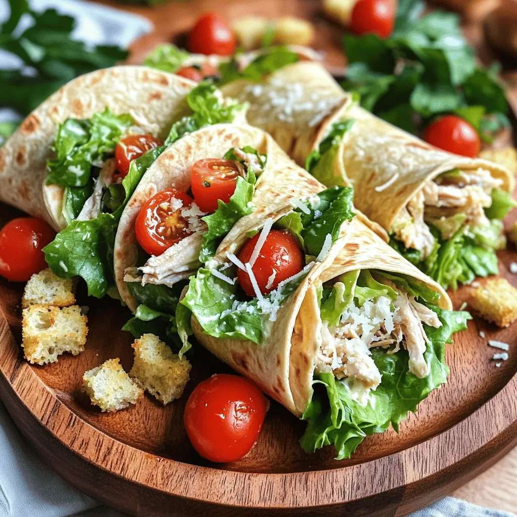 - 2 Tassen gekochte Hähnchenbrust, zerkleinert - 1 Tasse Römersalat, grob gehackt - 1/2 Tasse Kirschtomaten, halbiert - 1/4 Tasse frisch geriebener Parmesan - 1/4 Tasse Caesar-Dressing Um die Wraps zu machen, brauchst du frische, leckere Zutaten. Gekochte Hähnchenbrust bringt viel Geschmack und Protein. Römersalat sorgt für eine knackige Textur. Kirschtomaten fügen etwas Süße hinzu. Parmesan gibt einen herzhaften Geschmack. Das Caesar-Dressing verbindet alles lecker. - 4 große Vollkorn-Tortillas - Salz und Pfeffer nach Geschmack - Optional: Croutons für zusätzlichen Crunch Die Tortillas sind die Basis für die Wraps. Vollkorn-Tortillas sind gesünder und geben mehr Ballaststoffe. Du kannst Salz und Pfeffer nach deinem Geschmack hinzufügen. Croutons sind optional, aber sie bringen einen tollen Crunch. Wenn du den Wraps etwas mehr Textur geben möchtest, sind sie eine gute Wahl. Für das komplette Rezept schau dir die [Full Recipe] an. Um die Füllung zu machen, nimm zuerst eine große Schüssel. Füge die gekochte Hähnchenbrust, den grob gehackten Römersalat, die halbierten Kirschtomaten, den frisch geriebenen Parmesan und das Caesar-Dressing hinzu. Vermenge alles gut. Das Dressing sollte gleichmäßig auf jedem Stück sein. Jetzt schmecke die Mischung mit Salz und Pfeffer ab. Achte darauf, dass die Gewürze gut verteilt sind. Du kannst mehr Salz oder Pfeffer hinzufügen, wenn es nötig ist. Jetzt ist es Zeit, die Tortillas vorzubereiten. Lege eine große Tortilla auf eine saubere Fläche. Nimm eine großzügige Portion der Hähnchen Caesar-Mischung und lege sie in die Mitte der Tortilla. Klappe die Seiten der Tortilla über die Füllung. Rolle die Tortilla dann von unten nach oben fest ein. Dieser Schritt macht deinen Wrap stabil. Wiederhole dies mit den restlichen Tortillas und der Füllung. Wenn du Croutons magst, streue sie vor dem Rollen in jeden Wrap, um extra Crunch zu bekommen. Um die Wraps zu servieren, schneide jeden Wrap diagonal in der Mitte durch. Lege die Hälften auf eine Servierplatte. Du kannst die Wraps mit einer kleinen Schüssel extra Caesar-Dressing zum Dippen anrichten. Das gibt jedem die Chance, mehr Sauce hinzuzufügen. Für eine schöne Präsentation garniere die Wraps mit zusätzlichem Parmesan und einem frischen Petersilienstängel. Diese kleinen Details machen viel aus! - Anpassen der Gewürze: Du kannst die Gewürze nach deinem Geschmack ändern. Probiere mehr Pfeffer für einen scharfen Kick oder etwas Knoblauchpulver für extra Geschmack. - Frische Zutaten verwenden: Immer frische Zutaten wählen. Frischer Römersalat und reife Kirschtomaten machen den Wrap viel leckerer. - Die richtige Tortilla wählen: Verwende große Vollkorn-Tortillas. Sie halten die Füllung besser und sind gesünder. - Alternative Dressings ausprobieren: Probiere verschiedene Dressings aus. Ein Joghurt-Dressing gibt dem Wrap eine neue Note. Diese Tipps helfen dir, die besten Chicken Caesar Wraps zu machen. Experimentiere mit verschiedenen Zutaten und finde deine perfekte Mischung. Das macht das Kochen noch spannender! {{image_4}} Eine vegetarische Variante der Chicken Caesar Wraps ist einfach. Du kannst gegrilltes Gemüse verwenden. Probiere Zucchini, Paprika und Auberginen. Diese bringen Farbe und Geschmack. Sie sind auch gesund und leicht. Einfach die gegrillten Gemüsestücke in die Füllung geben. So bleibt der Wrap köstlich und sättigend. Für eine proteinreiche Variante füge zusätzliches Protein hinzu. Tofu ist eine gute Wahl. Er nimmt die Aromen gut auf. Alternativ kannst du Garnelen verwenden. Diese verleihen dem Wrap eine besondere Note. Brate die Garnelen kurz an, bevor du sie hinzufügst. So bleiben sie saftig und lecker. Du kannst die Zutaten je nach Saison anpassen. Im Sommer sind frische Kräuter ideal. Basilikum oder Schnittlauch bringen einen frischen Geschmack. Im Herbst passen Kürbiswürfel gut in die Füllung. Sie sind nahrhaft und fügen Süße hinzu. In jedem Fall bleibt der Wrap lecker und gesund. Mit diesen Variationen bleibt der Wrap stets spannend. Entdecke die [Full Recipe] für mehr Ideen! Wenn du Reste der Chicken Caesar Wraps hast, lagere sie im Kühlschrank. Wickele die Wraps in Frischhaltefolie oder lege sie in einen luftdichten Behälter. So bleiben sie frisch und schmackhaft. Stelle sicher, dass die Wraps vollständig abgekühlt sind, bevor du sie lagerst. So vermeidest du, dass sie matschig werden. Du kannst diese Wraps auch im Voraus zubereiten. Mache die Füllung aus Hähnchen, Römersalat, Kirschtomaten und Dressing. Lagere die Füllung im Kühlschrank. Wenn du bereit bist zu essen, nimm die Tortillas und rolle sie mit der Füllung ein. So bleiben die Tortillas frisch und knusprig. Diese Chicken Caesar Wraps halten sich im Kühlschrank bis zu drei Tage. Achte darauf, sie gut verpackt zu lagern. Wenn du sie länger aufbewahren möchtest, kannst du die Füllung auch einfrieren. So kannst du in der Zukunft schnell eine leckere Mahlzeit zubereiten. Du kannst die Wraps ganz nach deinem Geschmack ändern. Hier sind einige Vorschläge für alternative Zutaten: - Gegrilltes Gemüse wie Zucchini oder Paprika - Gehackte Avocado für mehr Cremigkeit - Feta oder Mozzarella für einen anderen Käsegeschmack - Hühnchen durch gebratenen Tofu ersetzen für eine vegetarische Option - Verschiedene Salatsorten, wie Spinat oder Mischsalat, verwenden Mit diesen Alternativen bleibt dein Wrap spannend und frisch! Ja, du kannst die Wraps grillen! Hier sind einige Tipps dafür: - Heize den Grill auf mittlere Hitze vor. - Wickele die Wraps in Alufolie, um sie vor dem Anbrennen zu schützen. - Lege sie 5-7 Minuten auf den Grill, bis sie warm sind und die Tortillas leicht knusprig werden. - Achte darauf, die Wraps regelmäßig zu wenden, damit sie gleichmäßig garen. Gegrillte Wraps haben ein tolles Aroma und einen schönen Grillgeschmack! Diese Wraps sind schon lecker, aber Beilagen können sie noch besser machen. Hier sind einige Vorschläge: - Ein einfacher grüner Salat mit einem leichten Dressing - Kartoffelchips oder Tortilla-Chips für den Crunch - Gemüse-Sticks mit Hummus oder Dip - Eine frische Obstsorte, wie Trauben oder Melone Diese Beilagen ergänzen die Wraps perfekt und sorgen für eine schöne Mahlzeit! Die Easy Chicken Caesar Wraps sind einfach und lecker. Wir haben die Hauptzutaten besprochen: gekochtes Hähnchen, Römersalat, Kirschtomaten, Parmesan und Caesar-Dressing. Jetzt weißt du, wie du sie zubereitest und präsentierst. Denk an die Tipps für die perfekte Zubereitung und die Variationen. Du kannst die Wraps nach deinem Geschmack anpassen. Ob für eine schnelle Mahlzeit oder eine Party, sie sind immer ein Hit. Viel Spaß beim Ausprobieren und genießen!