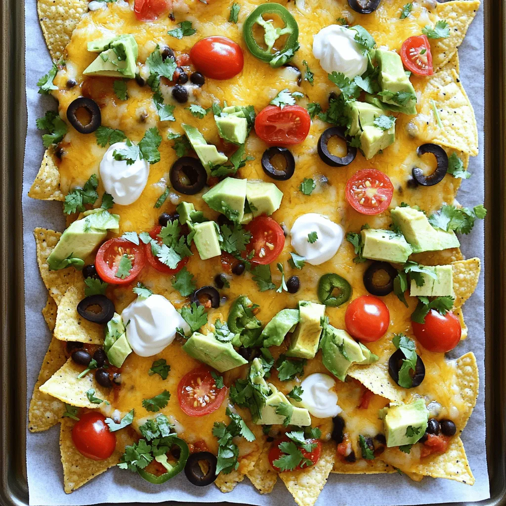 Für meine Loaded Sheet Pan Nachos brauche ich einige Hauptzutaten. Diese sind einfach zu finden und machen die Nachos lecker. Hier ist meine Liste: - 1 große Packung Tortilla-Chips - 2 Tassen geriebener Cheddar-Käse - 1 Tasse geriebener Monterey Jack-Käse - 1 Dose (450 g) schwarze Bohnen, abgespült und abgetropft - 1 Tasse Kirschtomaten, halbiert - 1/2 Tasse schwarze Oliven, in Scheiben geschnitten - 1 Jalapeño, in Scheiben geschnitten (optional für Schärfe) - 1 Avocado, gewürfelt - 1/4 Tasse frischer Koriander, gehackt - 1/2 Tasse saure Sahne - 1/4 Tasse Salsa Neben den Hauptzutaten füge ich auch einige Gewürze hinzu. Diese geben den Nachos den besten Geschmack. Hier sind die zusätzlichen Zutaten: - 1 Esslöffel Olivenöl - 1 Teelöffel Taco-Gewürz - Salz und Pfeffer nach Geschmack Diese Gewürze helfen, die Aromen zu heben. Sie sind wichtig für das Gesamtbild der Nachos. Bei der Auswahl der Zutaten achte ich auf Qualität. Frische Zutaten machen den Unterschied. Hier sind meine Tipps: - Wählen Sie reife Kirschtomaten. Sie sind süßer und saftiger. - Kaufen Sie frischen Koriander. Trockenherbs können nicht mithalten. - Verwenden Sie guten Käse. Er sollte gut schmelzen und reichhaltig im Geschmack sein. - Achten Sie auf die Tortilla-Chips. Sie sollten stabil sein, um die Beläge zu halten. Diese kleinen Details machen Ihre Loaded Sheet Pan Nachos zu etwas Besonderem. Wenn Sie diese Zutaten auswählen, werden Ihre Nachos köstlich und ein echter Hit! Weitere Informationen finden Sie in meinem [Full Recipe]. Zuerst heizen Sie den Ofen auf 200°C vor. Dies sorgt dafür, dass die Nachos gleichmäßig backen. Dann legen Sie ein großes Backblech mit Backpapier aus. Das hilft bei der Reinigung. Jetzt kommt der Spaß! Verteilen Sie eine gleichmäßige Schicht Tortilla-Chips auf dem Blech. In einer kleinen Schüssel vermengen Sie die schwarzen Bohnen mit Olivenöl, Taco-Gewürz, Salz und Pfeffer. Rühren Sie gut um. Verteilen Sie die Bohnen gleichmäßig über die Chips. Dann fügen Sie die halbierten Kirschtomaten, schwarzen Oliven und Jalapeños hinzu. Streuen Sie den Cheddar- und Monterey Jack-Käse über alles. Achten Sie darauf, dass jeder Chip gut bedeckt ist. Backen Sie die Nachos 10-12 Minuten lang im vorgeheizten Ofen. Der Käse sollte geschmolzen und sprudelnd sein. Nehmen Sie das Blech vorsichtig heraus und lassen Sie es kurz abkühlen. Belegen Sie die Nachos dann mit gewürfelter Avocado, frischem Koriander, saurer Sahne und Salsa. Servieren Sie die Nachos direkt auf dem Blech oder auf einer großen Platte. Ein wenig extra Koriander und eine Limettenscheibe machen das Gericht noch schöner. Um die besten Nachos zu machen, wähle frische und knusprige Tortilla-Chips. Achte darauf, sie gleichmäßig auf dem Blech zu verteilen. So bekommt jeder Chip den perfekten Belag. Verwende gewürzte schwarze Bohnen für zusätzlichen Geschmack. Mische sie mit etwas Olivenöl und Taco-Gewürz. Das bringt die Aromen zur Geltung. Backe die Nachos bis der Käse schön schmilzt. Ein paar Minuten abkühlen lassen, bevor du sie servierst. Ein häufiger Fehler ist, zu viele Toppings zu verwenden. Das macht die Nachos matschig. Halte die Schichten dünn, damit sie knusprig bleiben. Achte auch darauf, den Käse gleichmäßig zu verteilen. Zu wenig Käse führt zu trockenen Nachos. Lass die Nachos nicht zu lange im Ofen. Sie sollten goldbraun sein, nicht verbrannt. Wenn du diese Tipps befolgst, wirst du großartige Ergebnisse erzielen. Der Käse ist das Herzstück der Nachos. Ich empfehle eine Mischung aus Cheddar und Monterey Jack. Cheddar gibt einen kräftigen Geschmack, während Monterey Jack schön schmilzt. Du kannst auch andere Käsesorten wie Gouda oder Pepper Jack ausprobieren. Experimentiere mit verschiedenen Käsesorten, um deinen perfekten Mix zu finden. Denke daran, den Käse gleichmäßig über die Nachos zu streuen. So schmilzt er schön und zieht die Aromen zusammen. {{image_4}} Käse macht Nachos besonders lecker. Du kannst verschiedene Käsesorten nutzen. Cheddar und Monterey Jack sind die besten. Für mehr Geschmack probiere Gouda oder Pepper Jack. Beide geben den Nachos einen tollen Kick. Du kannst auch Feta oder Parmesan für eine besondere Note verwenden. Die Toppings sind der Schlüssel zu tollen Nachos. Du kannst sie nach deinem Geschmack anpassen. Magst du es scharf? Füge Jalapeños oder scharfe Salsa hinzu. Für einen frischen Geschmack sind frische Tomaten und Avocado perfekt. Du kannst auch Mais, Zwiebeln oder Paprika verwenden. Erstelle deine eigene Mischung, um alle glücklich zu machen. Wenn du glutenfrei kochen möchtest, wähle spezielle Tortilla-Chips. Viele Marken bieten glutenfreie Alternativen an. Vegetarische Nachos sind leicht zuzubereiten. Nutze schwarze Bohnen, Kichererbsen oder Linsen als Proteinquelle. Du kannst auch mehr Gemüse wie Zucchini oder Spinat hinzufügen. So bleibt das Gericht gesund und lecker. Denke daran, deine Nachos kreativ zu gestalten. Du kannst die Geschmäcker deiner Familie und Freunde einbeziehen. Finde die perfekte Mischung für alle! Schau dir das Full Recipe an, um die besten Grundlagen zu entdecken. Nach einem tollen Nacho-Abend bleiben oft Reste. Um sie frisch zu halten, lege die Nachos in einen luftdichten Behälter. Du kannst sie bis zu zwei Tage im Kühlschrank aufbewahren. Achte darauf, die Toppings wie Avocado und saure Sahne getrennt zu lagern. So bleibt alles knackig und frisch. Wenn du die Nachos aufwärmen möchtest, nutze den Ofen. Lege die Nachos auf ein Backblech und heize den Ofen auf 180°C vor. Backe sie für etwa 5-10 Minuten. So bleibt der Käse schön geschmolzen und die Chips werden wieder knusprig. Vermeide die Mikrowelle, da sie die Nachos weich macht. Du kannst die Nachos auch im Voraus zubereiten. Bereite die Zutaten vor und lagere sie getrennt. Wenn du bereit bist zu servieren, schichte die Nachos und backe sie frisch. So hast du den besten Geschmack. Eine weitere gute Idee ist es, die Bohnen und das Gemüse bereits zu würzen, bevor du alles zusammen stellst. Das spart Zeit und sorgt für mehr Geschmack. Die Zubereitung der Loaded Sheet Pan Nachos dauert nur 10 Minuten. Das Backen benötigt weitere 10 bis 12 Minuten. Insgesamt sind Sie in etwa 25 Minuten bereit, Ihre leckeren Nachos zu genießen. Diese Zeit ist perfekt, wenn Sie Gäste haben oder einen Snack für sich selbst wollen. Ja, Sie können die Nachos im Voraus zubereiten. Bereiten Sie die Nachos bis zum Backen vor. Decken Sie das Backblech mit Frischhaltefolie ab und stellen Sie es in den Kühlschrank. Wenn Sie bereit sind, sie zu backen, heizen Sie den Ofen vor und backen Sie die Nachos. Dies spart Zeit und macht die Zubereitung einfach. Zu Loaded Sheet Pan Nachos passen viele Beilagen. Hier sind einige tolle Ideen: - Guacamole - Salsa mit verschiedenen Geschmäckern - Jalapeños für mehr Schärfe - Frischer Koriander für ein frisches Aroma - Saure Sahne als cremige Ergänzung Probieren Sie diese Beilagen aus, um Ihre Nachos noch besser zu machen! Jetzt wissen Sie, wie man die besten Loaded Sheet Pan Nachos macht. Wir haben die Zutaten, die Zubereitung und die besten Tipps besprochen. Denken Sie daran, die frischen Zutaten und den richtigen Käse zu wählen. Achten Sie auf häufige Fehler, um perfekte Nachos zu erhalten. Variieren Sie die Toppings nach Ihrem Geschmack und denken Sie an die Lagerung. Genießen Sie Ihre Nachos und bringen Sie Freude zu jedem Anlass. Kochen sollte Spaß machen und lecker sein!