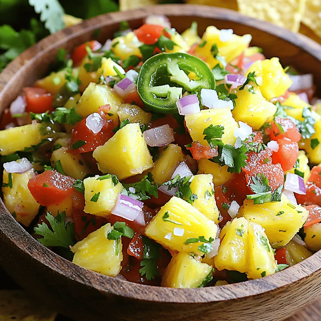 - 1 Tasse frischer Ananas, gewürfelt - 1 mittelgroße Tomate, gewürfelt - 1/2 kleine rote Zwiebel, fein gehackt - 1 Jalapeño, entkernt und fein gehackt - 2 Esslöffel frischer Koriander, gehackt - Saft von 1 Limette - Salz nach Geschmack - Optional: 1/4 Teelöffel gemahlener Kreuzkümmel Jede Zutat bringt ihren eigenen Geschmack in dein Pineapple Pico de Gallo. Beginne mit der frischen Ananas. Sie gibt dem Gericht Süße und Saftigkeit. Achte darauf, die Ananas in kleine Würfel zu schneiden. So kannst du die Textur gut genießen. Die Tomate bietet Frische und Farbe. Eine mittelgroße Tomate reicht für diesen Mix. Die rote Zwiebel sorgt für einen tollen Biss. Ihre Süße passt gut zu den anderen Zutaten. Jalapeño ist der Star für etwas Schärfe. Entferne die Kerne für weniger Hitze. Fein gehackt, gibt sie einen schönen Kick. Der frische Koriander bringt ein erdiges Aroma. Für viele ist er ein Muss in Pico de Gallo. Der Saft von einer Limette bringt Säure ins Spiel. Diese Frische balanciert die Süße der Ananas perfekt. Das Salz verstärkt die Aromen. Optional kannst du gemahlenen Kreuzkümmel hinzufügen. Er gibt dem Gericht eine schöne Tiefe. Die Kombination aller Zutaten macht dieses Rezept besonders. Für die genauen Mengen schau dir das Full Recipe an. Zuerst bereite ich die frische Ananas vor. Ich schneide sie in kleine Würfel. Diese Würfel geben dem Pico de Gallo eine süße Note. Dann würfle ich die Tomate. Eine mittelgroße Tomate reicht gut aus. Jetzt hacke ich die rote Zwiebel fein. Eine halbe kleine Zwiebel ist perfekt für diesen frischen Geschmack. Für die Schärfe nehme ich die Jalapeño. Ich schneide sie auf und entferne die Kerne. Dann hacke ich sie fein. Wenn du es weniger scharf magst, nimm weniger Jalapeño. Jetzt mische ich die vorbereiteten Zutaten. Ich gebe die Ananas, Tomate, Zwiebel und Jalapeño in eine große Schüssel. Dann füge ich den frisch gehackten Koriander hinzu. Dieser sorgt für ein tolles Aroma. Ich presse den Saft von einer Limette über die Mischung. Das macht alles frisch und spritzig. Dann würze ich mit Salz nach Geschmack. Wenn ich möchte, gebe ich auch einen Hauch von Kreuzkümmel hinzu. Dieser gibt dem Gericht eine besondere Note. Ich vermenge alles vorsichtig. Es ist wichtig, die Ananas nicht zu zerdrücken. Die Stücke sollen schön bleiben. Nach dem Mischen lasse ich das Pico de Gallo mindestens 10 Minuten ziehen. So verbinden sich die Aromen besser. Ich serviere es gerne gekühlt oder bei Raumtemperatur. Es passt perfekt zu Tortilla-Chips. Auch als Topping für gegrillte Fleischgerichte oder Tacos ist es großartig. Wenn du mehr Ideen suchst, schaue dir das Full Recipe an. Um die beste Ananas zu finden, schauen Sie auf die Farbe. Eine reife Ananas hat eine goldene Farbe. Sie sollte auch leicht weich sein, wenn Sie sanft drücken. Riechen Sie an der Basis. Ein süßer Duft zeigt, dass sie reif ist. Schneiden Sie die Oberseite und die Unterseite der Ananas ab. Dann schneiden Sie die Schale ab, um die Frucht freizulegen. Verwenden Sie ein scharfes Messer für saubere Schnitte. Möchten Sie die Schärfe anpassen? Ersetzen Sie die Jalapeño durch eine mildere Paprika. Sie können auch die Menge an Jalapeño verringern. Für einen extra Kick fügen Sie mehr hinzu. Wenn Sie Koriander nicht mögen, probieren Sie Petersilie. Petersilie hat einen milden Geschmack und passt gut zur Ananas. Für besondere Anlässe können Sie das Pico de Gallo schön anrichten. Verwenden Sie eine große Schüssel oder kleine Gläser. Fügen Sie frische Kräuter und Limettenscheiben als Garnitur hinzu. Das macht das Gericht einladend. Servieren Sie es mit Tortilla-Chips oder auf Tacos. Es passt auch gut zu gegrilltem Fleisch. So wird Ihr Essen noch köstlicher! {{image_4}} Sie können Ihr Pico de Gallo mit fruchtigen Akzenten erweitern. Versuchen Sie Mango-Pico de Gallo. Schneiden Sie frische Mango in Würfel und mischen Sie sie mit der Ananas. Die süße Mango ergänzt die Ananas perfekt. Eine andere tolle Idee ist Papaya mit Limette. Die Papaya bringt einen sanften Geschmack und die Limette frisch. Diese Kombination ist ein Hit und macht die Mischung noch bunter. Für eine vegetarische oder vegane Variante können Sie viele Gemüse hinzufügen. Denken Sie an Paprika, Gurken oder Mais. Diese geben dem Gericht mehr Textur und Farbe. Auch die Verwendung von Bohnen ist eine gute Idee. Schwarze Bohnen oder Kichererbsen machen das Pico de Gallo nahrhafter und sättigender. Diese Alternativen sind nicht nur lecker, sie bieten auch zusätzliche Ballaststoffe und Proteine. Lassen Sie sich von verschiedenen Regionen inspirieren. Karibische Einflüsse bringen oft tropische Früchte ein. Versuchen Sie, Kokosnuss oder Mango hinzuzufügen. Mexikanische Einflüsse geben dem Gericht mehr Wärme. Verwenden Sie lokale Gewürze wie Kreuzkümmel oder Chili. Diese kleinen Änderungen bringen neue Geschmäcker und machen Ihr Pico de Gallo aufregend. So können Sie mit jedem Bissen neue Geschmäcker entdecken. Um Ihr Pineapple Pico de Gallo frisch zu halten, verwenden Sie einen luftdichten Behälter. Glasbehälter sind ideal, da sie keine Gerüche aufnehmen. Ein gut verschlossener Behälter schützt die Aromen. Die Haltbarkeit im Kühlschrank beträgt etwa drei Tage. Nach dieser Zeit kann die Mischung matschig werden. Überprüfen Sie immer auf frische Anzeichen, bevor Sie es essen. Wenn es unangenehm riecht oder die Farben verblassen, entsorgen Sie es lieber. Wenn Sie Pineapple Pico de Gallo länger aufbewahren möchten, können Sie es einfrieren. Verwenden Sie einen gefrierfesten Behälter oder einen starken Gefrierbeutel. Lassen Sie etwas Platz, da sich die Mischung beim Gefrieren ausdehnt. Um es richtig einzufrieren, teilen Sie das Pico de Gallo in Portionen auf. So können Sie nur das auftauen, was Sie brauchen. Nach dem Auftauen kann die Textur etwas anders sein, aber der Geschmack bleibt. Nach dem Auftauen verwenden Sie das Pico de Gallo am besten in gekochten Speisen. Es passt gut in Salsas, Eintöpfe oder als Würze für Reisgerichte. Wenn Sie Reste haben, gibt es viele Möglichkeiten zur Verwendung. Fügen Sie das Pico de Gallo zu einem Omelett hinzu. Es gibt dem Gericht einen frischen Kick. Auch als Topping für gegrilltes Fleisch ist es großartig. Es verleiht dem Gericht Farbe und Geschmack. Passen Sie Rezepte an, indem Sie das Pico de Gallo in Wraps oder Sandwiches verwenden. So machen Sie aus Resten etwas Neues und Leckeres. Für die vollständige Anleitung und das Rezept schauen Sie sich das [Full Recipe] an. Pineapple Pico de Gallo hält sich etwa 3 bis 5 Tage im Kühlschrank. Achte darauf, es in einem luftdichten Behälter aufzubewahren. So bleibt es frisch und lecker. Um die Haltbarkeit zu verlängern, benutze frische Zutaten. Wenn du das Gefühl hast, es riecht oder sieht nicht gut aus, wirf es lieber weg. Ja, du kannst die Zutaten anpassen! Ersetze die Ananas durch Mango für eine süßere Note. Du kannst auch die Jalapeño weglassen, wenn du es milder magst. Statt Koriander kannst du Petersilie verwenden, wenn dir der Geschmack nicht gefällt. Jede Änderung bringt neue Aromen. Experimentiere einfach und finde, was dir am besten gefällt. Pico de Gallo stammt ursprünglich aus Mexiko. Es ist ein frischer Salsa-Typ, der oft mit Tomaten und Zwiebeln gemacht wird. Die Ananas ist eine moderne Wendung, die dem Gericht eine tropische Note verleiht. Diese Kombination aus süß und scharf bringt den perfekten Geschmack in jedes Gericht. Pico de Gallo ist eine leckere Mischung aus frischer Ananas, Tomaten und Zwiebeln. In diesem Blog habe ich die Hauptzutaten, die Zubereitung und wertvolle Tipps geteilt. Denke daran, wie du die Schärfe anpassen oder die Mischung für besondere Anlässe präsentieren kannst. Mit einfachen Varianten kannst du das Rezept an deinen Geschmack anpassen. Nun kannst du deine eigene, köstliche Version von Pico de Gallo zubereiten. Viel Spaß beim Ausprobieren!