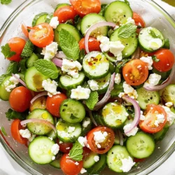 - 2 große Gurken, gewürfelt - 3 Tassen Kirschtomaten, halbiert - 1/2 Tasse zerbröselter Feta-Käse - 1/4 rote Zwiebel, dünn geschnitten - 1/4 Tasse frische Minzblätter, gehackt - Dressing-Zutaten: Olivenöl, Balsamico-Essig, Dijon-Senf, Salz, Pfeffer Der Gurken-Tomaten-Feta-Salat ist frisch und einfach. Du brauchst einige Hauptzutaten, um einen tollen Geschmack zu erreichen. Die Gurken sind knackig und leicht. Kirschtomaten bringen Süße und Farbe. Feta-Käse fügt einen salzigen und cremigen Geschmack hinzu. Zusätzlich kommen die rote Zwiebel und die Minze. Die Zwiebel gibt einen tollen Biss, während die Minze einen frischen Duft bringt. Das Dressing ist einfach zu machen. Die Mischung aus Olivenöl, Balsamico-Essig und Dijon-Senf sorgt für einen besonderen Kick. Es ist wichtig, alles gut zu vermengen, damit die Aromen sich verbinden. Schau dir das [Full Recipe] an, um alle Schritte zu sehen. So wirst du deinen Salat perfekt zubereiten. Zuerst schneide die Gurken in kleine Würfel. Nimm die Kirschtomaten und halbiere sie. Vermenge die gewürfelten Gurken und die halbierten Tomaten in einer großen Schüssel. Diese Kombination gibt dem Salat eine tolle Frische. Dann füge die dünn geschnittene rote Zwiebel hinzu. Der Geschmack der Zwiebel macht den Salat lebendig. Jetzt streue den zerbröselten Feta-Käse darüber. Dieser Käse bringt einen salzigen, cremigen Geschmack in den Salat. Bereite das Dressing in einer kleinen Schüssel vor. Mische 3 Esslöffel Olivenöl mit 2 Esslöffeln Balsamico-Essig. Füge 1 Teelöffel Dijon-Senf hinzu. Das Dressing wird durch die Kombination dieser Zutaten sehr schmackhaft. Rühre alles gut um, bis es gut vermischt ist. Du kannst auch Salz und Pfeffer nach Geschmack hinzufügen. Jetzt gieße das Dressing über die Gurken-Tomaten-Mischung. Vermenge alles vorsichtig. Achte darauf, dass jedes Stück gut mit dem Dressing bedeckt ist. Um die Aromen zu intensivieren, lass den Salat etwa 15 Minuten bei Raumtemperatur ruhen. Dies gibt dem Salat Zeit, um köstlich zu schmecken. Serviere ihn frisch und genieße die lebendigen Aromen. Für das vollständige Rezept schaue dir die [Full Recipe] an. Um den besten Geschmack zu erzielen, nutze frische, reife Zutaten. Achte darauf, dass die Gurken knackig und die Tomaten süß sind. Diese Zutaten bringen mehr Aroma in deinen Salat. Du kannst die Gewürze nach deinem Geschmack anpassen. Probiere es mit mehr Salz oder Pfeffer, um den perfekten Geschmack zu finden. Ein wenig mehr Olivenöl kann auch helfen. Serviere deinen Salat in klaren Schüsseln. So kommen die lebendigen Farben der Zutaten gut zur Geltung. Ein schöner Anblick macht das Essen noch besser. Garniere den Salat zudem mit frischen Minzblättern. Diese sorgen für einen tollen Duft und eine schöne Note. Wenn du alles zusammenbringst, wird dein Salat ein echter Hingucker. {{image_4}} Um den Gurken-Tomaten-Feta-Salat noch spannender zu machen, kannst du einige Zutaten hinzufügen. - Avocado hinzufügen: Die cremige Avocado bringt eine neue Textur. Sie passt gut zu den knackigen Gurken und süßen Tomaten. - Oliven oder Paprika einfügen: Schwarze oder grüne Oliven geben einen salzigen Kick. Paprika sorgt für einen süßen, frischen Geschmack. Diese Zutaten machen deinen Salat bunter und schmackhafter. Du kannst sie nach deinem Wunsch und Geschmack kombinieren. Das Dressing spielt eine große Rolle im Geschmack deines Salats. - Zitronen-Dressing statt Balsamico: Frischer Zitronensaft gibt eine spritzige Note. Es ist leicht und passt perfekt zu den frischen Zutaten. - Griechisches Dressing ausprobieren: Ein griechisches Dressing aus Joghurt, Knoblauch und Kräutern macht den Salat noch herzlicher. Es bringt Aromen, die gut zu Feta und Gemüse passen. Experimentiere mit verschiedenen Dressings. So findest du deinen persönlichen Favoriten. Für das vollständige Rezept schau dir den [Full Recipe] an. - Bewahre den Salat an einem kühlen Ort auf. - Lagere ihn im Kühlschrank für optimale Frische. Wenn du den Salat richtig lagerst, bleibt er knackig und schmeckt frisch. Achte darauf, den Salat in einem luftdichten Behälter aufzubewahren. So vermeidest du, dass er schnell welk wird. - Verzehrempfehlung innerhalb von 1-2 Tagen. Der Gurken-Tomaten-Feta-Salat schmeckt am besten frisch. Nach ein oder zwei Tagen kann die Frische nachlassen. Der Feta kann auch die Feuchtigkeit der anderen Zutaten beeinflussen. Es ist besser, den Salat frisch zu genießen. Für das beste Geschmackserlebnis folge dem [Full Recipe]. Du kannst den Salat ganz nach deinem Geschmack ändern. Wenn du keine Zwiebel magst, lass sie einfach weg. Du kannst auch mehr frische Kräuter hinzufügen. Petersilie oder Basilikum passen gut dazu. Eine weitere Idee ist, etwas Avocado hinzuzufügen. Avocado macht den Salat cremiger und reichhaltiger. Experimentiere mit verschiedenen Zutaten, um deinen perfekten Salat zu finden. Ja, dieser Salat ist sehr gesund. Gurken sind kalorienarm und enthalten viel Wasser. Sie helfen, deinen Körper hydratisiert zu halten. Tomaten sind reich an Vitaminen und Antioxidantien. Feta-Käse liefert Calcium und Protein. Die frischen Kräuter bringen zusätzliche Nährstoffe. Das Dressing aus Olivenöl und Balsamico bringt gesunde Fette und Geschmack. Insgesamt ist dieser Salat eine tolle Wahl für eine gesunde Ernährung. Ja, du kannst den Salat im Voraus machen. Bereite die Zutaten vor und lagere sie getrennt. Mische die Gurken, Tomaten und Feta erst kurz vor dem Servieren. So bleiben die Zutaten frisch und knackig. Wenn du das Dressing vorbereitest, bewahre es in einem eigenen Behälter auf. Vor dem Servieren einfach alles zusammenfügen. Der Salat bleibt so bis zu zwei Tage frisch im Kühlschrank. Der Gurken-Tomaten-Feta-Salat passt zu vielen Gerichten. Serviere ihn mit gegrilltem Hähnchen oder Fisch. Er ergänzt auch Pasta- oder Reisgerichte sehr gut. Du kannst ihn als Beilage zu Sandwiches oder Wraps genießen. Für ein Picknick ist dieser Salat perfekt. Er ist leicht und frisch, was ihn zu einer großartigen Wahl macht. Der Gurken-Tomaten-Feta-Salat ist frisch, einfach und lecker. Wir haben die Hauptzutaten besprochen, darunter Gurken, Kirschtomaten und Feta-Käse. Die Schritt-für-Schritt-Anleitung hilft dir bei der Zubereitung. Frische Zutaten und kreative Varianten verbessern den Geschmack. Achte auch auf Aufbewahrung für beste Frische. Du kannst den Salat anpassen, um ihn nach deinem Geschmack zu gestalten. Probiere, was dir gefällt, und genieße diesen gesunden Salat!