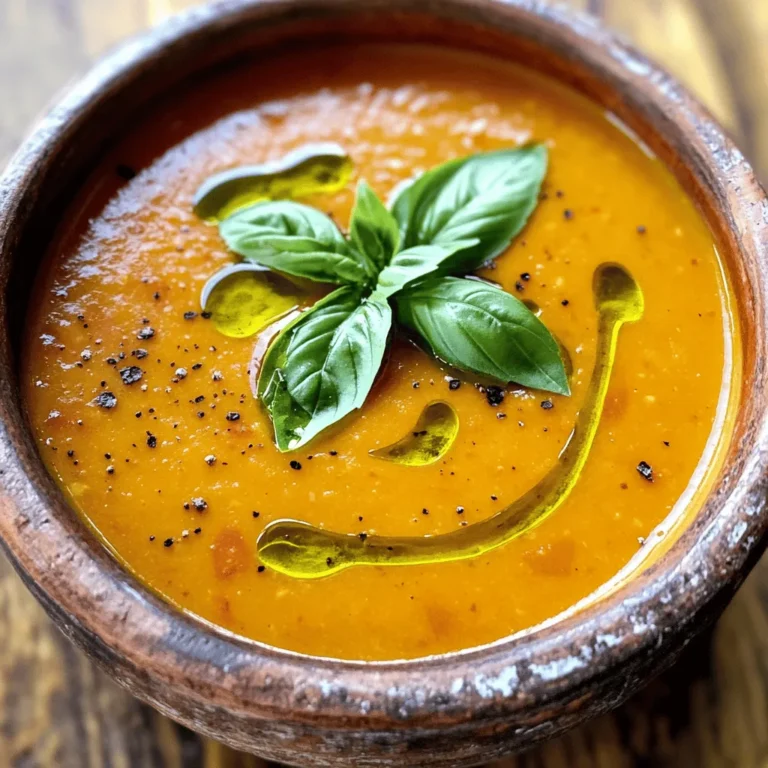 Für eine köstliche geröstete Knoblauch-Tomatensuppe brauchen Sie einige wichtige Zutaten. Jede Zutat trägt zum tollen Geschmack bei. Hier sind die Hauptzutaten: - 6 große, reife Tomaten, geviertelt - 1 ganze Knoblauchknolle - 1 mittelgroße Zwiebel, gewürfelt - 2 Esslöffel Olivenöl - 1 Teelöffel getrocknetes Basilikum - 1 Teelöffel getrockneter Oregano - 4 Tassen Gemüsebrühe - Salz und Pfeffer nach Geschmack - Frische Basilikumblätter zur Garnitur - 1/2 Tasse Schlagsahne (optional für cremigere Suppe) Diese Zutaten helfen Ihnen, den vollen Geschmack zu entfalten. Frische Zutaten bieten den besten Geschmack und die beste Qualität. Reife Tomaten bringen Süße und Säure in die Suppe. Frischer Knoblauch hat ein kräftiges Aroma. Wenn Sie jedoch keine frischen Tomaten haben, können Sie auch Dosentomaten verwenden. Sie sind praktisch und einfach zu nutzen. Achten Sie darauf, die Dosentomaten gut abzutropfen. Gewürze sind der Schlüssel zu einer schmackhaften Suppe. Getrocknetes Basilikum verleiht einen süßen, aromatischen Geschmack. Oregano bringt einen warmen, erdigen Geschmack. Sie können die Menge nach Ihrem Geschmack anpassen. Salz und Pfeffer heben die Aromen hervor. Diese Gewürze helfen, die Aromen zu verbinden und die Suppe besonders lecker zu machen. Für das gesamte Rezept schauen Sie sich die [Full Recipe] an. Um mit der gerösteten Knoblauch-Tomatensuppe zu starten, heizen Sie Ihren Ofen auf 200 °C vor. Nehmen Sie die großen, reifen Tomaten und schneiden Sie sie in Viertel. Legen Sie die Tomaten gleichmäßig auf einem Backblech. Träufeln Sie 1 Esslöffel Olivenöl darüber. Streuen Sie Salz, Pfeffer und getrocknetes Basilikum darüber. Mischen Sie alles gut, damit die Tomaten gleichmäßig gewürzt sind. Nehmen Sie die ganze Knoblauchknolle und schneiden Sie die Oberseite ab. Wickeln Sie die Knoblauchknolle in Aluminiumfolie ein. Legen Sie sie zusammen mit den Tomaten auf das Backblech. Rösten Sie die Tomaten und den Knoblauch für etwa 30 bis 35 Minuten. Die Tomaten sollten karamellisiert sein. Der Knoblauch wird weich und süß. Nehmen Sie einen großen Topf und erhitzen Sie 1 Esslöffel Olivenöl bei mittlerer Hitze. Fügen Sie die gewürfelte Zwiebel hinzu. Braten Sie die Zwiebel für etwa 5 Minuten, bis sie durchscheinend ist. Nach dem Rösten lassen Sie die Tomaten kurz abkühlen. Drücken Sie die gerösteten Knoblauchzehen aus ihrer Haut direkt in den Topf mit den Zwiebeln. Geben Sie dann die gerösteten Tomaten samt ihrem Saft in den Topf. Gießen Sie die Gemüsebrühe dazu und fügen Sie den getrockneten Oregano hinzu. Lassen Sie alles aufkochen und köcheln Sie es für 10 Minuten. Nehmen Sie einen Stabmixer und pürieren Sie die Suppe, bis sie glatt ist. Wenn Sie eine stückige Textur mögen, pürieren Sie nur die Hälfte. Rühren Sie die Schlagsahne ein, wenn Sie eine cremigere Suppe wünschen. Schmecken Sie die Suppe mit Salz und Pfeffer ab. Servieren Sie die heiße Suppe in Schalen. Garnieren Sie jede Portion mit frischen Basilikumblättern. Für das vollständige Rezept können Sie die [Full Recipe] ansehen. Um die geröstete Knoblauch-Tomatensuppe einfach zuzubereiten, brauchen Sie ein paar Geräte. Hier sind meine Empfehlungen: - Backblech: Ideal zum Rösten von Tomaten und Knoblauch. - Aluminiumfolie: Zum Einwickeln der Knoblauchknolle. - Großer Topf: Für das Kochen der Suppe. - Stabmixer: Perfekt zum Pürieren der Suppe, ohne umfüllen zu müssen. Diese Geräte machen die Zubereitung schnell und einfach. Einige Fehler können den Geschmack der Suppe beeinträchtigen. Hier sind Tipps, um sie zu vermeiden: - Zu hohe Hitze beim Rösten: Rösten Sie bei 200 °C. Hohe Hitze kann die Tomaten verbrennen. - Nicht genug Gewürze: Verwenden Sie ausreichend Salz und Pfeffer, um den Geschmack zu heben. - Zu viel Schlagsahne: Wenn Sie die Suppe cremig machen, fügen Sie die Sahne schrittweise hinzu. So bleibt der Tomatengeschmack stark. Achten Sie auf diese Punkte für das beste Ergebnis. Um die Suppe noch köstlicher zu machen, probieren Sie diese Ideen: - Frisches Brot: Servieren Sie die Suppe mit knusprigem Brot. Es passt perfekt. - Geröstete Kichererbsen: Fügen Sie einige geröstete Kichererbsen als Topping hinzu. Sie bringen einen schönen Crunch. - Frische Kräuter: Garnieren Sie die Suppe mit frischem Basilikum oder einem Spritzer Zitronensaft. Das gibt Frische. Mit diesen Tipps wird Ihre Suppe zu einem echten Genuss. Probieren Sie auch das [Full Recipe], um die Schritte genau zu befolgen. {{image_4}} Wenn du eine vegane Variante der gerösteten Knoblauch-Tomatensuppe möchtest, gibt es tolle Optionen. Du kannst pflanzliche Sahne verwenden. Kokosmilch ist eine gute Wahl. Sie gibt der Suppe eine cremige Textur und einen leichten Geschmack. Auch Cashew-Creme funktioniert gut. Weiche einfach Cashews ein, püriere sie mit Wasser und füge sie zur Suppe hinzu. Du kannst der Suppe auch mehr Geschmack und Farbe verleihen, indem du andere Gemüsesorten hinzufügst. Karotten, Paprika oder Zucchini eignen sich gut. Schneide sie klein und röste sie zusammen mit den Tomaten. Sie bringen zusätzliche Nährstoffe und eine süße Note. Wenn du Spinat oder Grünkohl hinzufügst, bleibt die Suppe leicht und gesund. Gib das Gemüse einfach in die Suppe, bevor du sie pürierst. Um der Suppe neue Aromen zu verleihen, experimentiere mit Gewürzen und Kräutern. Füge einen Teelöffel Kreuzkümmel oder Paprika hinzu, um mehr Tiefe zu schaffen. Frische Kräuter wie Thymian oder Rosmarin passen gut dazu. Gib sie während des Kochens hinzu, damit sich die Aromen entfalten können. Auch ein Spritzer Zitrone bringt Frische und hebt den Geschmack hervor. Wenn Sie Reste der gerösteten Knoblauch-Tomatensuppe haben, bewahren Sie sie in einem luftdichten Behälter auf. Lassen Sie die Suppe zuerst auf Raumtemperatur abkühlen. So verhindern Sie, dass sich Bakterien bilden. Sie können die Suppe bis zu drei Tage im Kühlschrank aufbewahren. Für längere Lagerung ist der Gefrierschrank eine gute Wahl. Zum Wiederaufwärmen der Suppe gibt es verschiedene Methoden. Sie können die Suppe in einem Topf bei mittlerer Hitze erhitzen. Rühren Sie dabei regelmäßig um, um ein Anbrennen zu vermeiden. Eine andere Möglichkeit ist die Mikrowelle. Geben Sie die Suppe in eine mikrowellengeeignete Schüssel und erhitzen Sie sie in Intervallen von 1 Minute. Vergessen Sie nicht, zwischendurch umzurühren. Im Kühlschrank hält sich die Suppe gut für etwa drei Tage. Im Gefrierschrank kann sie bis zu drei Monate gelagert werden. Achten Sie darauf, die Suppe in portionierten Behältern einzufrieren. So können Sie genau die Menge auftauen, die Sie benötigen. Wenn Sie die Suppe auftauen, lassen Sie sie am besten über Nacht im Kühlschrank. Dies ist eine sichere Methode, um die Qualität der Suppe zu erhalten. Um die Suppe würziger zu machen, können Sie mehr Gewürze hinzufügen. Eine Prise Cayennepfeffer bringt Wärme. Auch frische Kräuter wie Thymian oder Rosmarin geben einen tollen Geschmack. Wenn Sie es richtig scharf mögen, fügen Sie ein wenig frisch gehackte Chili hinzu. Diese kleinen Änderungen machen den großen Unterschied. Ja, Sie können frische Tomaten durch Dosentomaten ersetzen. Dosentomaten sind oft reif und voller Geschmack. Sie sparen auch Zeit, da sie bereits geschält sind. Achten Sie darauf, die gleiche Menge zu verwenden. Für eine noch bessere Konsistenz wählen Sie stückige Dosentomaten. Die Suppe hält sich im Kühlschrank bis zu fünf Tage. Lagern Sie sie in einem luftdichten Behälter. Wenn Sie sie länger aufbewahren möchten, können Sie sie einfrieren. In einem gefrierfesten Behälter bleibt die Suppe bis zu drei Monate frisch. Ja, diese Suppe ist leicht und gesund. Sie enthält frisches Gemüse und gesunde Fette aus Olivenöl. Wenn Sie die Schlagsahne weglassen, wird sie noch kalorienärmer. Diese Suppe ist auch vegan, wenn Sie die Sahne nicht hinzufügen. Das Rezept für die geröstete Knoblauch-Tomatensuppe stammt aus der mediterranen Küche. Es nutzt einfache, frische Zutaten. Die Röstaromen von Knoblauch und Tomaten machen die Suppe besonders lecker. Ich habe das Rezept über die Jahre verfeinert und es zu einem Favoriten gemacht. Für die vollständige Anleitung, schauen Sie sich das [Full Recipe] an. Diese Knoblauch-Tomatensuppe vereint frische Zutaten und einfache Schritte. Durch das Rösten der Tomaten und des Knoblauchs gewinnen Sie einen tollen Geschmack. Verwenden Sie die richtigen Gewürze für mehr Tiefe. Mit den Tipps zur Zubereitung und Lagerung gelingt die Suppe immer. Sie können das Rezept leicht anpassen und so Ihre eigene Note hinzufügen. Experimentieren Sie mit Variationen und genießen Sie die Vielfalt. Diese Suppe ist einfach, lecker und perfekt für jeden Tag.