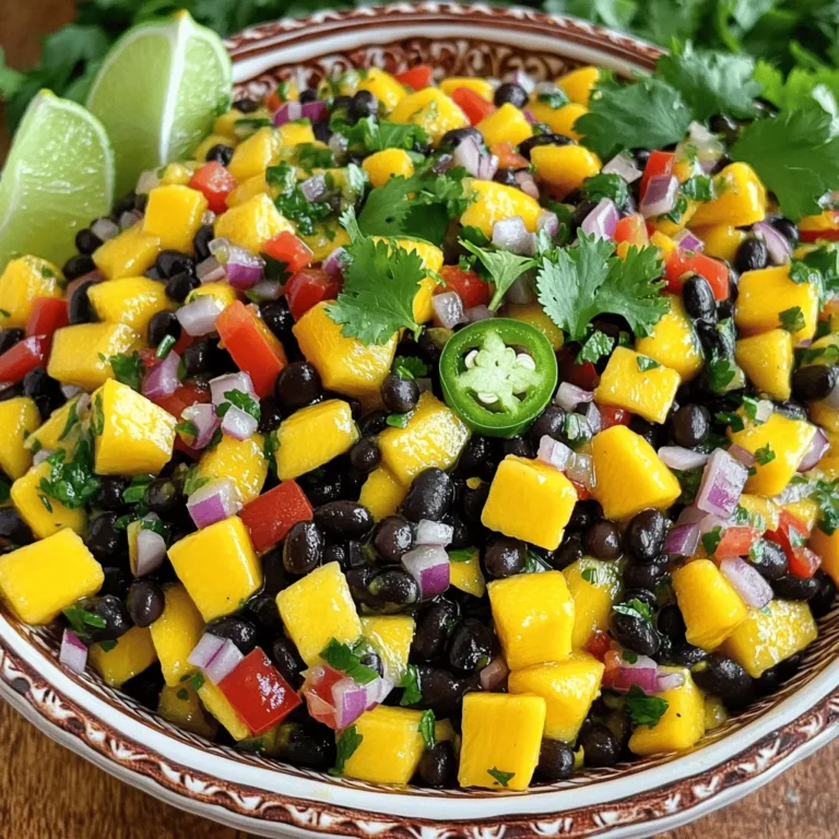 Für eine köstliche Mango Schwarzbohnen Salsa benötigst du: - 1 reife Mango, gewürfelt - 1 Dose (425 g) schwarze Bohnen, gut abgespült und abgetropft - 1 rote Paprika, gewürfelt - 1 kleine rote Zwiebel, fein gehackt - 1 Jalapeño, entkernt und fein gehackt - 1/4 Tasse frischer Koriander, grob gehackt - Saft von 2 Limetten - 2 Esslöffel Olivenöl - Salz und Pfeffer nach Geschmack Diese Zutaten bringen frische Aromen und bunte Farben auf deinen Tisch. Die Mango gibt der Salsa eine süße Note. Die Bohnen machen sie herzhaft und nahrhaft. Du kannst die Salsa nach deinem Geschmack anpassen. Hier sind einige Alternativen: - Verwende anstelle der roten Paprika gelbe oder grüne Paprika. - Füge Avocado für eine cremige Textur hinzu. - Probiere verschiedene Kräuter wie Petersilie oder Minze. - Für einen extra Kick nimm eine schärfere Chili. Diese Optionen machen die Salsa noch interessanter. Sei kreativ und finde deine Lieblingskombination! Wenn du eine Mango kaufst, achte auf folgende Punkte: - Sie sollte leicht weich sein, wenn du sanft drückst. - Die Farbe sollte leuchtend sein, ohne dunkle Flecken. - Der Duft sollte süß und fruchtig sein. Eine gute Mango macht den Unterschied in deiner Salsa. Sie wird süß und saftig sein. Nutze diese Tipps, um die beste Mango zu finden. Zuerst musst du alle Zutaten bereitstellen. Du brauchst: - 1 reife Mango, gewürfelt - 1 Dose (425 g) schwarze Bohnen, gut abgespült und abgetropft - 1 rote Paprika, gewürfelt - 1 kleine rote Zwiebel, fein gehackt - 1 Jalapeño, entkernt und fein gehackt - 1/4 Tasse frischer Koriander, grob gehackt - Saft von 2 Limetten - 2 Esslöffel Olivenöl - Salz und Pfeffer nach Geschmack Die Mango sollte reif sein. Sie sollte weich, aber nicht matschig sein. Die Bohnen sind einfach aus der Dose zu nehmen, aber stelle sicher, dass du sie gut abspülst. So entfernst du überschüssiges Salz und Konservierungsstoffe. Jetzt geht es an die Zubereitung. Nimm eine große Schüssel und mische die gewürfelte Mango, die schwarzen Bohnen, die rote Paprika, die Zwiebel und die Jalapeño. Rühre vorsichtig, damit die Stücke nicht zerdrückt werden. Füge dann den grob gehackten Koriander hinzu. Dieser bringt frischen Geschmack. In einer kleinen Schüssel vermische den Limettensaft, das Olivenöl, Salz und Pfeffer. Rühre alles gut um. Gieße das Dressing über die Salsa-Mischung und rühre erneut sanft um. Jetzt kommt der spannende Teil: das Abschmecken! Probiere die Salsa und füge mehr Salz, Pfeffer oder Limettensaft hinzu, wenn nötig. Decke die Schüssel mit Frischhaltefolie ab und stelle sie für mindestens 30 Minuten in den Kühlschrank. So können sich die Aromen verbinden. Wenn du die Salsa servierst, nutze eine schöne Schüssel. Garniere sie mit Korianderzweigen und Limettenkeilen. Diese Salsa schmeckt toll zu Tortilla-Chips oder als Topping für gegrilltes Huhn oder Fisch. Für das vollständige Rezept, schau dir [Full Recipe] an. Um die Aromen deiner Mango Schwarzbohnen Salsa zu verstärken, verwende frische Zutaten. Wähle reife Mangos, da sie süßer und saftiger sind. Füge auch eine Prise Kreuzkümmel hinzu. Dies gibt der Salsa einen warmen, erdigen Geschmack. Du kannst auch mehr Limettensaft verwenden, um die Frische zu betonen. Lass die Salsa nach dem Mischen einige Zeit im Kühlschrank ruhen. So verbinden sich die Aromen besser. Ein häufiger Fehler ist, die Zutaten zu grob zu hacken. Feinere Stücke sorgen für eine bessere Textur. Achte darauf, die Bohnen gut abzuspülen. Dies entfernt überschüssiges Salz und Konservierungsstoffe. Überprüfe auch das Gleichgewicht der Aromen. Zu viel Limette kann die Salsa sauer machen. Probiere die Salsa und passe die Gewürze an. So wird sie perfekt. Serviere die Salsa in einer schönen Schüssel. Dekoriere sie mit frischem Koriander und Limettenkeilen. Das sieht nicht nur toll aus, sondern fügt auch mehr Geschmack hinzu. Verwende sie als Dip für Tortilla-Chips oder als Topping für gegrilltes Huhn oder Fisch. Du kannst sie auch auf Burritos oder Tacos geben. Diese Salsa bringt Farbe und Geschmack auf jeden Tisch. Weitere Ideen findest du in der Full Recipe. {{image_4}} Eine tolle Ergänzung ist Avocado. Sie bringt Cremigkeit in die Salsa. Würfle einfach eine reife Avocado und füge sie hinzu. Achte darauf, die Avocado erst kurz vor dem Servieren hinzuzufügen. So bleibt sie frisch und grün. Die Kombination aus Mango, schwarzen Bohnen und Avocado bietet eine perfekte Balance aus Geschmack und Textur. Diese Mischung ist nicht nur lecker, sondern auch gesund. Du kannst die Salsa aufpeppen mit anderen Früchten. Probiere Ananas oder Papaya für einen tropischen Touch. Schneide die Früchte klein und mische sie unter die Salsa. Diese fruchtigen Ergänzungen bringen eine süße Note. Sie passen gut zu den herzhaften Bohnen und dem würzigen Jalapeño. Experimentiere mit verschiedenen Kombinationen. So findest du deinen Lieblingsmix. Wenn du es scharf magst, füge mehr Chili hinzu. Verwende verschiedene Sorten wie Serrano oder Thai-Chili. Diese Chilis bringen mehr Hitze und Geschmack. Du kannst auch geräucherte Paprika verwenden. Sie gibt der Salsa eine rauchige Note. Achte darauf, die Chilis nach und nach hinzuzufügen. So kannst du die Schärfe besser kontrollieren. Eine scharfe Salsa ist perfekt für Grillpartys oder einen Snack mit Freunden. Für das vollständige Rezept, schau in die [Full Recipe]. Um die Mango Schwarzbohnen Salsa frisch zu halten, lagere sie in einem luftdichten Behälter. Das hilft, die Aromen zu bewahren und die Frische zu sichern. Stelle sicher, dass du die Salsa gut abdeckst. So bleibt sie länger lecker. Die Salsa bleibt im Kühlschrank etwa 3 bis 5 Tage frisch. Nach dieser Zeit kann die Qualität leiden. Achte darauf, die Salsa vor dem Servieren zu riechen und zu probieren. Wenn sie komisch riecht oder schmeckt, wirf sie besser weg. Wenn du Reste hast, sei kreativ! Verwende die Salsa als Topping für Tacos oder Burritos. Du kannst sie auch in Salate mischen oder als Füllung für Sandwiches nutzen. Die Möglichkeiten sind endlos! So nutzt du jeden Bissen aus und vermeidest Abfall. Mango Schwarzbohnen Salsa hält sich im Kühlschrank etwa drei bis fünf Tage. Achte darauf, sie in einem gut verschlossenen Behälter zu lagern. Die Aromen werden mit der Zeit besser, also genieße sie frisch oder nach ein paar Tagen. Wenn du die Salsa länger aufbewahren möchtest, kannst du sie auch einfrieren. In einem luftdichten Behälter hält sie sich bis zu drei Monate. Ja, Mango Schwarzbohnen Salsa ist veganfreundlich. Alle Zutaten stammen von Pflanzen. Sie enthalten keine tierischen Produkte oder Nebenprodukte. So kannst du sie bedenkenlos genießen und auch deinen veganen Freunden anbieten. Diese Salsa ist nicht nur gesund, sondern auch lecker und sehr nahrhaft. Ja, du kannst frische Zutaten verwenden. Frische schwarze Bohnen müssen jedoch zuerst gekocht werden. Wenn du frische Bohnen nimmst, achte darauf, sie gut zu garen, bevor du sie zur Salsa gibst. Frische Zutaten verleihen der Salsa mehr Geschmack und Textur. Außerdem kannst du die Qualität besser kontrollieren. Mango Schwarzbohnen Salsa bietet frische, leckere Aromen. Wir haben die Hauptzutaten, Alternativen und Tipps zur Auswahl der besten Mango besprochen. Die Schritt-für-Schritt-Anleitung zeigt, wie man die Salsa perfekt zubereitet und serviert. Ich habe auch Tipps gegeben, um Aromen zu intensivieren und häufige Fehler zu vermeiden. Variationen wie die Zugabe von Avocado bringen neuen Schwung. Richtige Aufbewahrung verlängert die Haltbarkeit der Salsa. Nutze die FAQs für schnelle Antworten. Mit diesen Informationen bist du bereit, diese köstliche Salsa zu genießen. Viel Spaß beim Ausprobieren!