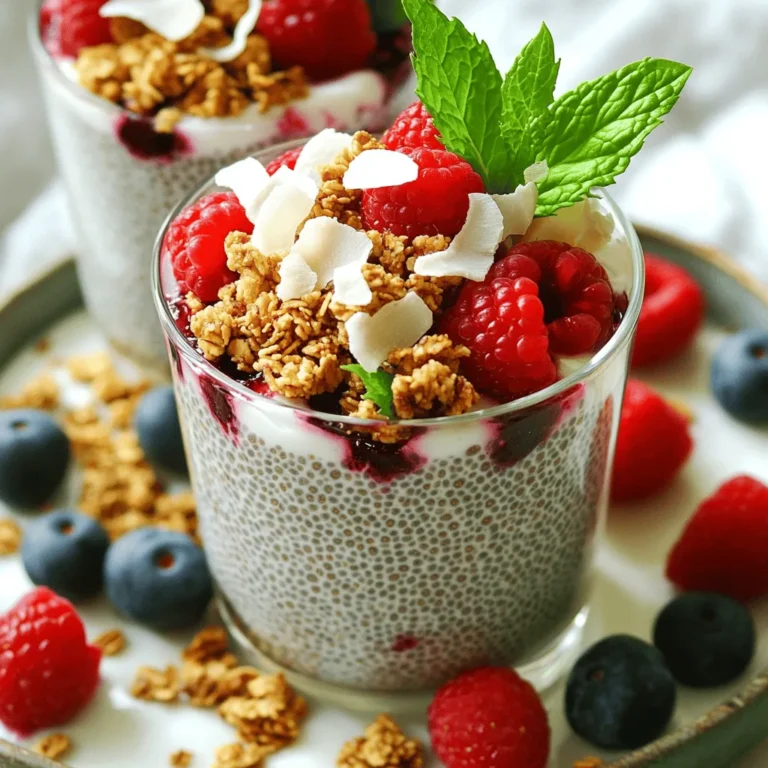 Für das Beeren-Kokos-Chia-Parfait brauche ich einige einfache Zutaten. Hier ist die Liste: - 1 Tasse Kokosmilch - 1/4 Tasse Chiasamen - 2 Esslöffel Honig oder Ahornsirup (optional) - 1 Teelöffel Vanilleextrakt - 1 Tasse gemischte Beeren (Erdbeeren, Heidelbeeren, Himbeeren) - 1/2 Tasse Granola (nach Wahl) - 1/4 Tasse Kokosraspel (geröstet) - Frische Minzblätter zur Dekoration (optional) Diese Zutaten geben dem Parfait seinen tollen Geschmack und seine cremige Textur. Wenn du einige Zutaten nicht hast, gibt es Alternativen. - Du kannst Mandelmilch oder Hafermilch anstelle von Kokosmilch verwenden. - Statt Honig kannst du Agavendicksaft für eine vegane Option nehmen. - Verwende deine Lieblingsbeeren, wenn du keine gemischten Beeren hast. - Anstelle von Granola kannst du Nüsse oder Samen für den Crunch nutzen. Diese Alternativen sind leicht zu finden und ändern den Geschmack nicht zu sehr. Die Hauptzutaten sind nicht nur lecker, sondern auch gesund. - Kokosmilch liefert gesunde Fette. - Chiasamen sind reich an Ballaststoffen und Omega-3-Fettsäuren. - Beeren sind voll von Antioxidantien und Vitaminen. - Granola gibt dir Energie durch Kohlenhydrate. Die Kombination dieser Zutaten macht das Parfait zu einem nahrhaften Snack oder Frühstück. Wenn du mehr Informationen möchtest, schau dir das [Full Recipe] an. Um den Chia-Pudding zu machen, nimm eine Rührschüssel. Füge die Kokosmilch, Chiasamen, Honig und Vanilleextrakt hinzu. Rühre alles gut um. Benutze einen Schneebesen, damit sich keine Klumpen bilden. Decke die Schüssel ab und stelle sie für mindestens zwei Stunden in den Kühlschrank. Du kannst es auch über Nacht stehen lassen. Die Chiasamen quellen und die Mischung wird dick. Wenn die Mischung bereit ist, nimm deine Gläser oder Becher. Beginne mit einer Schicht Chia-Pudding am Boden. Füge dann eine Schicht gemischte Beeren hinzu. Danach kommt eine Prise Granola. Wiederhole diesen Prozess, bis das Glas fast voll ist. Beende mit einer Schicht Beeren und ein bisschen gerösteten Kokosraspeln oben. Das sieht toll aus! Garnisiere das Parfait mit frischen Minzblättern für einen schönen Touch. Du kannst es sofort servieren oder für einige Stunden in den Kühlschrank stellen. So entfalten sich die Aromen besser. Wenn du mehr Vielfalt möchtest, probiere verschiedene Beeren oder Toppings. Dieses Rezept ist einfach und macht viel Spaß. Für das vollständige Rezept schau dir die [Full Recipe] an. Ein häufiger Fehler ist, die Chiasamen nicht richtig zu mischen. Klumpen können sich bilden. Um das zu vermeiden, rühren Sie die Mischung gründlich. Nutzen Sie einen Schneebesen. Lassen Sie die Mischung dann für die richtige Zeit im Kühlschrank. So quellen die Samen gut auf. Ein weiterer Fehler ist, die falsche Kokosmilch zu wählen. Verwenden Sie die fettreiche Variante für mehr Cremigkeit. Es macht einen großen Unterschied im Geschmack. Die Konsistenz des Chia-Puddings ist wichtig. Achten Sie darauf, das richtige Verhältnis von Kokosmilch zu Chiasamen zu verwenden. Ein Verhältnis von 4:1 ist ideal. Wenn Sie es zu dick finden, fügen Sie etwas mehr Kokosmilch hinzu. Wenn es zu dünn ist, geben Sie mehr Chiasamen dazu. Lassen Sie die Mischung mindestens zwei Stunden oder über Nacht ruhen. So erhält sie die perfekte, puddingartige Textur. Die Präsentation ist entscheidend für ein tolles Dessert. Nutzen Sie durchsichtige Gläser oder Becher. So sieht man die schönen Schichten. Beginnen Sie mit einer Schicht Chia-Pudding, dann Beeren und Granola. Wiederholen Sie das, bis das Glas voll ist. Beenden Sie mit einer großzügigen Schicht Beeren und gerösteten Kokosraspeln obenauf. Frische Minzblätter machen Ihr Parfait noch schöner. Diese einfachen Tipps machen Ihr Beeren-Kokos-Chia-Parfait unwiderstehlich. {{image_4}} Du kannst die Beeren ganz einfach tauschen. Im Sommer sind Pfirsiche oder Wassermelonen toll. Im Winter sind Äpfel oder Birnen eine gute Wahl. Diese Früchte bringen frischen Geschmack. Achte darauf, die Früchte klein zu schneiden. So passen sie gut in dein Parfait. Das sorgt für eine schöne Textur und einen tollen Biss. Um das Parfait vegan zu machen, verwende Agavendicksaft statt Honig. Die Kokosmilch ist bereits pflanzlich. Du kannst auch andere pflanzliche Milchsorten nutzen. Mandel- oder Hafermilch passen gut. Für glutenfreie Optionen achte beim Granola auf glutenfreie Sorten. So bleibt das Rezept für alle geeignet. Du kannst das Parfait mit vielen Toppings verfeinern. Probiere Nüsse wie Mandeln oder Walnüsse. Sie geben Crunch und gesunde Fette. Auch Saaten wie Sonnenblumenkerne sind lecker. Für einen süßen Kick nimm etwas Kakaopulver oder Zimt. Frische Minzblätter machen das Parfait noch schöner. Sie bringen Farbe und einen frischen Geschmack. Dein Parfait wird so zu einem echten Hingucker! Das Beeren-Kokos-Chia-Parfait ist einfach zuzubereiten und lecker. Um es frisch zu halten, decke dein Parfait gut ab. Du kannst es in einem Glas oder einem Behälter aufbewahren. Verwende Frischhaltefolie oder einen Deckel. So bleibt es frisch und lecker. Im Kühlschrank hält sich das Parfait bis zu drei Tage. Wenn du es länger aufbewahren möchtest, solltest du die Schichten getrennt halten. Chiasamen können leicht die Flüssigkeit aufnehmen und weich werden. Das kann die Textur des Parfaits beeinträchtigen. Das Einfrieren ist eine gute Idee, wenn du mehr zubereiten möchtest. Du kannst die Chia-Pudding-Mischung einfrieren. Verwende dafür einen luftdichten Behälter. Die Beeren kannst du auch einfrieren. Achte darauf, sie gut zu verpacken. Wenn du die Zutaten einfrierst, denke daran, sie vor dem Servieren aufzutauen. So bleibt der Geschmack frisch. Du kannst die Zutaten dann wie gewohnt schichten. Für das vollständige Rezept, schau dir die [Full Recipe] an. Es dauert in der Regel etwa 2 Stunden, bis die Chiasamen quellen. Du kannst sie sogar über Nacht im Kühlschrank lassen. So wird die Mischung cremig und dick. Das Einweichen ist wichtig, damit die Chiasamen ihre Flüssigkeit aufnehmen können. Ja, du kannst sowohl frische als auch gefrorene Beeren verwenden. Frische Beeren bringen einen tollen Geschmack. Gefrorene Beeren sind praktisch und leicht zu finden. Achte darauf, gefrorene Beeren vor der Verwendung leicht aufzutauen. So bleiben sie saftig und lecker. Chiasamen sind sehr gesund. Sie sind reich an Ballaststoffen, die gut für die Verdauung sind. Sie enthalten auch Omega-3-Fettsäuren, die gut für das Herz sind. Chiasamen helfen dir, länger satt zu bleiben. Das macht sie zu einer großartigen Wahl für dein Parfait. Für mehr Details, schau dir das [Full Recipe] an. In diesem Blogbeitrag haben wir die wichtigen Zutaten und die Zubereitung für ein leckeres Beeren-Kokos-Chia-Parfait behandelt. Du hast Tipps zur Vermeidung häufiger Fehler und zur perfekten Konsistenz erhalten. Wir haben auch Variationen und Lagerungstipps besprochen. Die einfache Anleitung macht es leicht, gesunde Desserts zuzubereiten. Probiere verschiedene Früchte und Toppings aus, um dein Parfait zu personalisieren. Genieß die Vielfalt und die Vorteile der gesunden Zutaten!