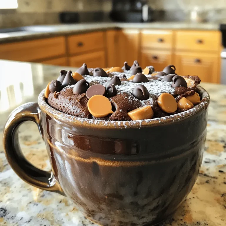 Für meinen Schokoladen-Erdnussbutter Tassenkuchen benötigst du: - 4 Esslöffel Allzweckmehl - 4 Esslöffel Zucker - 2 Esslöffel ungesüßtes Kakaopulver - 1/8 Teelöffel Backpulver - Eine Prise Salz - 3 Esslöffel Milch - 2 Esslöffel Erdnussbutter (cremig oder crunchy) - 1 Esslöffel Pflanzenöl - 1/4 Teelöffel Vanilleextrakt - Optional: Schokoladenstückchen oder gehackte Nüsse für zusätzlichen Biss Diese Zutaten sind einfach zu finden. Ich empfehle, frische Erdnussbutter zu verwenden. Sie gibt dem Kuchen einen tollen Geschmack. Eine Portion enthält ungefähr: - Kalorien: 400 - Fett: 20g - Kohlenhydrate: 50g - Eiweiß: 8g Diese Werte können je nach Marke und Art der Zutaten leicht variieren. Der Kuchen ist eine süße Belohnung, die du dir gönnen kannst. Wenn du eine bestimmte Diät befolgst, gibt es Alternativen: - Verwende glutenfreies Mehl, wenn du Gluten vermeidest. - Ersetze die Milch durch eine pflanzliche Milch. - Nutze Erdnussbutter ohne Zuckerzusatz für weniger Süße. Diese Optionen machen das Rezept flexibler. Der Geschmack bleibt jedoch lecker und zufriedenstellend. Um diesen köstlichen Schokoladen-Erdnussbutter-Tassenkuchen zu machen, folgen Sie diesen Schritten: 1. Nehmen Sie eine mikrowellengeeignete Tasse (ca. 350 ml). 2. Geben Sie das Mehl, den Zucker, das Kakaopulver, das Backpulver und das Salz in die Tasse. 3. Rühren Sie die trockenen Zutaten gut um. 4. Fügen Sie die Milch, die Erdnussbutter, das Pflanzenöl und den Vanilleextrakt hinzu. 5. Rühren Sie alles zu einem glatten, dickflüssigen Teig. 6. Kratzen Sie die Seiten der Tasse ab, um alle Zutaten gut zu vermengen. 7. Optional: Fügen Sie Schokoladenstückchen oder Nüsse hinzu. 8. Stellen Sie die Tasse für etwa 1 Minute und 30 Sekunden in die Mikrowelle. 9. Überprüfen Sie, ob der Kuchen in der Mitte fest aussieht. 10. Lassen Sie den Kuchen eine Minute abkühlen, bevor Sie ihn genießen. Mikrowellen können unterschiedlich sein. Hier sind einige Tipps: - Die Garzeit kann variieren, also beobachten Sie den Kuchen. - Wenn der Kuchen noch flüssig ist, fügen Sie 10-15 Sekunden hinzu. - Verwenden Sie eine Tasse, die mindestens 350 ml fasst, um Überlaufen zu vermeiden. Wenn Sie den Tassenkuchen für mehrere Personen machen, beachten Sie Folgendes: - Verdoppeln Sie die Zutaten für jede Tasse. - Garen Sie die Tassen nacheinander in der Mikrowelle. - Überprüfen Sie jede Tasse nach 1 Minute und 30 Sekunden. Die Schritte sind einfach, und jeder kann diesen Tassenkuchen machen! Werfen Sie einen Blick auf das [Full Recipe], um mehr Details zu erhalten. Um den perfekten Schokoladen-Erdnussbutter-Tassenkuchen zu machen, sind einige Schritte wichtig. Achte darauf, die Zutaten gut zu messen. Zu viel Mehl kann den Kuchen trocken machen. Rühre die Mischung gut, damit kein Klumpen bleibt. Die Mikrowelle ist dein bester Freund hier. Überwache die Zeit genau. Ein Kuchen kann schnell zu trocken werden, wenn man ihn zu lange kocht. Ein häufiger Fehler ist, die Tasse nicht genug zu füllen. Wenn du den Teig zu hoch einfüllst, läuft er über. Achte darauf, eine Tasse mit genug Platz zu wählen. Ein weiterer Fehler ist, die Mikrowelle nicht richtig einzustellen. Jede Mikrowelle ist anders. Probiere es zuerst mit weniger Zeit und füge dann mehr hinzu, falls nötig. Du kannst die Textur deines Tassenkuchens leicht ändern. Füge mehr Milch hinzu für einen weicheren Kuchen. Eine Prise Zimt kann den Geschmack verbessern. Du kannst auch verschiedene Erdnussbutter ausprobieren. Crunchy Erdnussbutter gibt mehr Biss. Wenn du magst, füge Schokoladenstückchen oder Nüsse hinzu. Diese geben extra Knusprigkeit und Geschmack. Für das volle Rezept, schaue dir die vollständige Anleitung an. {{image_4}} Es gibt viele Wege, den Schokoladen-Erdnussbutter Tassenkuchen zu variieren. Du kannst zum Beispiel verschiedene Schokoladensorten verwenden. Probiere weiße Schokolade oder Milchschokolade. Auch Karamellstückchen fügen einen tollen Geschmack hinzu. Für mehr Fruchtigkeit kannst du Bananenstücke oder Himbeeren einrühren. Jeder Biss wird ein neues Erlebnis. Ja, du kannst diesen Kuchen vegan oder glutenfrei machen! Verwende einfach glutenfreies Mehl anstelle von Allzweckmehl. Für eine vegane Option ersetze die Milch durch Mandel- oder Hafermilch. Nutze auch eine pflanzliche Erdnussbutter ohne tierische Zutaten. So kannst du den Genuss ohne Bedenken erleben. Es gibt viele Zutaten, die du ändern kannst. Anstelle von Erdnussbutter versuche Mandelbutter oder Cashewbutter. Diese bieten einen anderen Geschmack, aber sind ebenso lecker. Wenn du Nüsse magst, füge gehackte Mandeln oder Walnüsse hinzu. Du kannst auch Gewürze wie Zimt oder Muskatnuss verwenden, um einen besonderen Kick zu geben. Für das vollständige Rezept, schaue dir die Schokoladige Erdnussbutter Tassenkuchen 🥜 an! Der Schokoladen-Erdnussbutter Tassenkuchen bleibt etwa 1 bis 2 Tage frisch. Er schmeckt am besten, wenn Sie ihn frisch genießen. Nach 2 Tagen kann der Kuchen trocken werden. Lagern Sie ihn in einem luftdichten Behälter. - Lassen Sie den Kuchen zuerst abkühlen. - Verwenden Sie einen luftdichten Behälter oder wickeln Sie ihn in Frischhaltefolie. - Stellen Sie den Kuchen an einen kühlen, trockenen Ort. Vermeiden Sie direkte Sonneneinstrahlung. - Für längere Lagerung, können Sie ihn im Kühlschrank aufbewahren. So bleibt er bis zu 5 Tage gut. Um den Tassenkuchen nach der Lagerung zu genießen, können Sie ihn einfach für 15-20 Sekunden in die Mikrowelle stellen. Achten Sie darauf, ihn nicht zu lange zu erhitzen. So bleibt er saftig und lecker. Servieren Sie ihn warm, vielleicht mit einem Klecks Erdnussbutter oder einer Kugel Eis. Diese kleinen Extras machen den Genuss noch besser! Erdnussbutter gibt viel Geschmack. Wenn du eine Alternative suchst, probiere Mandelbutter oder Cashewbutter. Diese Nussbutter sind lecker und haben ähnliche Texturen. Du kannst auch Sonnenblumenbutter nutzen, wenn du eine nussfreie Option möchtest. Diese Optionen bringen ihren eigenen Geschmack in den Tassenkuchen, also sei kreativ! Ja, das geht! Du kannst den Tassenkuchen auch im Ofen backen. Gib den Teig in eine kleine Auflaufform. Backe ihn bei 180 Grad Celsius für etwa 10 bis 12 Minuten. Achte darauf, dass der Kuchen in der Mitte fest aussieht. Der Ofen kann eine andere Textur geben, die viele mögen. Ein Tassenkuchen hat etwa 400 Kalorien. Die genaue Zahl kann je nach Zutaten variieren. Wenn du weniger Zucker nutzt oder eine andere Butter wählst, kann es weniger Kalorien geben. Für die genaue Kalorienzahl kannst du die Zutaten in eine Nährwert-App eingeben. In diesem Blogbeitrag haben wir alle wichtigen Aspekte für deinen Tassenkuchen behandelt. Wir haben eine detaillierte Zutatenliste, Nährwertangaben und diätetische Optionen durchgegangen. Außerdem gab es eine Schritt-für-Schritt-Anleitung zur Zubereitung mit hilfreichen Mikrowellen-Tipps und Anpassung der Backzeiten. Meine besten Tipps helfen dir, häufige Fehler zu vermeiden und die Textur zu verbessern. Denke auch an die Variationen für jeden Geschmack. Wenn du diese Hinweise beachtest, gelingt dir der perfekte Tassenkuchen immer wieder. Viel Spaß beim Backen!