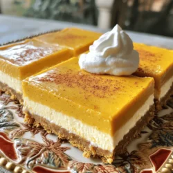 Für diese leckeren Riegel benötigen wir: - 1 ½ Tassen Graham-Cracker-Brösel - ½ Tasse ungesalzene Butter, geschmolzen - 2 Esslöffel brauner Zucker - 450 g Frischkäse, weich (Zimmertemperatur) - 125 g Kürbispüree Diese Zutaten bilden die Basis für den köstlichen Käsekuchen. Die Graham-Cracker-Brösel machen den Boden knusprig. Die Butter hilft, die Brösel zusammenzuhalten. Brown Sugar bringt die Süße, während der Frischkäse für die cremige Textur sorgt. Das Kürbispüree gibt den Riegeln ihren charakteristischen Geschmack. Zusätzlich brauchen wir: - 1 Teelöffel gemahlener Zimt - 1 Teelöffel Vanilleextrakt - 1 Teelöffel Kürbisgewürzmischung - Eine Prise Salz Diese Gewürze sind das Herzstück. Der Zimt und das Kürbisgewürz bringen die Herbstnote. Vanilleextrakt rundet die Aromen ab. Eine Prise Salz hebt die Süße hervor. Das Rezept ergibt 12 Riegel. Die Vorbereitungszeit beträgt etwa 20 Minuten. Sie benötigen außerdem Zeit zum Kühlen. Insgesamt sollten Sie etwa 4 Stunden einplanen, um die Riegel fest werden zu lassen. Für das vollständige Rezept schauen Sie bitte auf die [Full Recipe]. Heize den Ofen auf 175 °C vor. Nimm eine 20x20 cm große Backform. Lege die Form mit Backpapier aus. Achte darauf, dass das Papier über den Rand hängt. So kannst du die Riegel später leicht herausnehmen. In einer mittleren Schüssel vermischst du die Graham-Cracker-Brösel, die geschmolzene Butter, den braunen Zucker und den gemahlenen Zimt. Rühre gut, bis alles gleichmäßig beschichtet ist. Drücke die Mischung fest und gleichmäßig auf den Boden der Backform. Backe den Keksboden für 10 Minuten. Lass ihn danach kurz abkühlen. In einer großen Schüssel schlägst du den weichen Frischkäse mit einem elektrischen Mixer. Mische ihn bis er glatt ist. Füge den Kristallzucker hinzu und rühre weiter, bis alles gut vermischt ist. Jetzt gib das Kürbispüree, die Eier, den Vanilleextrakt, die Kürbisgewürzmischung und eine Prise Salz dazu. Mische alles, bis die Füllung glatt ist. Gieße die Mischung über den abgekühlten Keksboden. Verteile sie gleichmäßig. Backe die Riegel für 25-30 Minuten. Sie sind fertig, wenn die Mitte fest ist und leicht wackelt. Lass die Riegel auf Raumtemperatur abkühlen. Stelle sie dann für mindestens 3 Stunden in den Kühlschrank. Nach dem Kühlen hebst du die Riegel mit dem Backpapier heraus und schneidest sie in Quadrate. Für das vollständige Rezept, sieh dir die [Full Recipe] an. Um eine cremige Konsistenz zu erreichen, mischen Sie die Zutaten gut. Beginnen Sie mit dem Frischkäse. Stellen Sie sicher, dass er Zimmertemperatur hat. Das macht das Mischen einfacher. Fügen Sie den Zucker langsam hinzu. Mixen Sie weiter, bis alles glatt ist. So vermeiden Sie Klumpen. Die Eier sollten ebenfalls Zimmertemperatur haben. Das hilft, die Mischung gleichmäßig zu vermengen. Backen Sie die Riegel nicht zu lange. Die Mitte sollte leicht wackeln, wenn Sie die Form schütteln. Lassen Sie die Riegel nach dem Backen abkühlen, bevor Sie sie in den Kühlschrank stellen. Ein häufiger Fehler ist, die Zutaten zu kalt zu verwenden. Kalter Frischkäse wird schwer zu mischen. Ein weiterer Fehler ist, die Riegel zu lange zu backen. Sie sollten nicht trocken werden. Achten Sie darauf, die Mischung gleichmäßig zu gießen. Wenn die Füllung ungleichmäßig ist, erhalten Sie ungleiche Riegel. Verwenden Sie frisches Kürbispüree für den besten Geschmack. Alte Zutaten können den Geschmack ruinieren. Die Optik Ihrer Riegel ist wichtig. Servieren Sie die Riegel auf einem dekorativen Teller. Bestreuen Sie sie mit etwas zusätzlichem Kürbisgewürz. Ein Klecks Schlagsahne macht sie noch verlockender. Sie können auch Nüsse oder Karamellsauce hinzufügen. Diese Details machen Ihre Riegel besonders. Ein hübsches Stück Backpapier unter den Riegeln kann ebenfalls ansprechend aussehen. So wird das Dessert zu einem echten Hingucker. {{image_4}} Für eine glutenfreie Variante nutzen Sie glutenfreie Keksalternativen. Sie können beispielsweise glutenfreie Haferkekse oder Mandelmehl verwenden. Mischen Sie die Keksbrösel mit geschmolzener Butter und Zucker, genau wie im normalen Rezept. Achten Sie darauf, dass alle Zutaten glutenfrei sind. So genießen Sie die Riegel ohne Sorge. Möchten Sie die Riegel vegan machen? Das geht ganz einfach! Ersetzen Sie den Frischkäse durch eine pflanzliche Alternative, wie Cashew- oder Soja-Frischkäse. Statt Eier verwenden Sie Leinsamen- oder Chia-Ei. Mischen Sie einen Esslöffel Leinsamen mit drei Esslöffeln Wasser. Lassen Sie es kurz quellen. Diese Anpassungen machen die Riegel köstlich und vegan. Zusätzliche Toppings können die Riegel noch besser machen. Hier sind einige Vorschläge: - Schlagsahne: Ein Klecks Schlagsahne passt perfekt. - Kürbiskerne: Rösten Sie Kürbiskerne für einen knusprigen Crunch. - Karamellsauce: Ein Spritzer Karamellsauce gibt eine süße Note. - Kakaopulver oder Schokoladensplitter: Fügen Sie etwas Schokolade hinzu, wenn Sie es süß mögen. Diese Toppings machen Ihre Pumpkin Spice Cheesecake Bars noch verlockender. Bewahren Sie die Kürbisgewürz-Käsekuchenriegel im Kühlschrank auf. Am besten halten sie sich bis zu einer Woche. Stellen Sie sicher, dass Sie sie in einem luftdichten Behälter lagern. So bleiben sie frisch und lecker. Um die Riegel einzufrieren, folgen Sie diesen Schritten: 1. Lassen Sie die Riegel vollständig abkühlen. 2. Schneiden Sie die Riegel in Portionen. 3. Wickeln Sie jede Portion fest in Frischhaltefolie. 4. Legen Sie die eingewickelten Riegel in einen gefriergeeigneten Behälter. 5. Beschriften Sie den Behälter mit dem Datum. 6. Die Riegel halten sich bis zu drei Monate im Gefrierfach. Für das Servieren nach der Lagerung: - Lassen Sie die Riegel im Kühlschrank auf Raumtemperatur kommen. - Sie können sie auch kurz in der Mikrowelle erwärmen. - Servieren Sie die Riegel mit einem Klecks Schlagsahne oder etwas Karamellsauce. Für das vollständige Rezept, siehe [Full Recipe]. Ja, das ist eine tolle Idee! Sie können die Käsekuchenriegel mehrere Tage im Voraus machen. Lassen Sie sie nach dem Backen vollständig abkühlen. Wickeln Sie die Riegel dann gut in Frischhaltefolie ein, um sie frisch zu halten. Lagern Sie sie im Kühlschrank. So sparen Sie Zeit, wenn Sie Gäste haben oder einfach einen süßen Snack möchten. Die Käsekuchenriegel bleiben im Kühlschrank etwa 5 bis 7 Tage frisch. Achten Sie darauf, sie in einem luftdichten Behälter aufzubewahren. So bleibt die Konsistenz gut und die Riegel schmecken lecker. Wenn sie länger halten sollen, können Sie sie auch einfrieren. Ja, das ist möglich! Sie können die Gewürze nach Ihrem Geschmack ändern. Zum Beispiel können Sie mehr Zimt oder Muskatnuss hinzufügen, wenn Sie es würziger mögen. Sie können auch andere Aromen wie Ingwer oder Nelken probieren. Seien Sie kreativ und finden Sie Ihre perfekte Mischung! Die Zutaten für die Kürbiskäsekuchenriegel sind einfach und lecker. Du brauchst Graham-Cracker-Brösel, Frischkäse und Kürbispüree. Die Schritt-für-Schritt-Anleitung hilft dir, keine Fehler zu machen. Verwende unsere Tipps, um die perfekte Konsistenz und schöne Präsentation zu erreichen. Denk an Variationen, um dein Rezept anzupassen. So bereitest du köstliche Riegel zu, die jeden begeistern. Halte sie frisch, indem du die Lagerungsrichtlinien befolgst. Mit diesen Ratschlägen machst du jeden Anlass besonders. Genieße deine köstlichen Riegel!