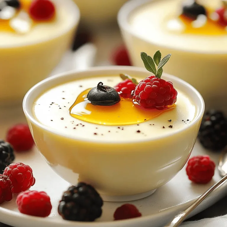 Um eine köstliche Panna Cotta zuzubereiten, benötigen Sie folgende Hauptzutaten: - 500 ml Sahne - 250 ml Vollmilch - 100 g Kristallzucker - 1 Esslöffel Vanille-Bohnen-Paste oder Vanillemark - 7 g Gelatine in Pulverform - Eine Prise Salz Diese Zutaten sind die Basis für die Panna Cotta. Die Sahne und die Milch geben der Panna Cotta ihre cremige Textur. Der Zucker sorgt für die süße Note. Vanille-Bohnen-Paste bringt das echte Vanillearoma in das Dessert. Gelatine macht die Panna Cotta fest und sorgt für die richtige Konsistenz. Für etwas Abwechslung können Sie zusätzliche Zutaten verwenden: - Frische Beeren - Honig oder Sirup - Gehackte Nüsse Frische Beeren verleihen der Panna Cotta Farbe und Frische. Honig oder Sirup bringen eine süße Note. Gehackte Nüsse sorgen für einen knackigen Biss. Diese Beigaben können das Dessert noch interessanter machen. Wenn Sie mehr über die Zubereitung erfahren möchten, schauen Sie sich das [Full Recipe](#) an. Zuerst mischen Sie die Sahne und die Milch in einem großen Topf. Fügen Sie 100 g Kristallzucker und 1 Esslöffel Vanille-Bohnen-Paste hinzu. Diese Mischung gibt der Panna Cotta ihren tollen Geschmack. Rühren Sie alles gut um. Erhitzen Sie die Mischung bei mittlerer Hitze. Achten Sie darauf, dass sie nicht kocht. Der Zucker muss sich vollständig auflösen. Jetzt ist es Zeit, die Gelatine vorzubereiten. Nehmen Sie 7 g Gelatine in Pulverform. Streuen Sie diese gleichmäßig über 3 Esslöffel kaltes Wasser. Lassen Sie die Gelatine etwa 5 bis 10 Minuten quellen. Sie wird dann weich und bereit zum Mischen. Sobald die Sahne-Mischung dampft, nehmen Sie den Topf vom Herd. Geben Sie die aufgequollene Gelatine in die warme Mischung. Rühren Sie kontinuierlich, bis die Gelatine ganz aufgelöst ist. Achten Sie darauf, dass keine Klumpen entstehen. Lassen Sie die Mischung einige Minuten abkühlen, bis sie leicht lauwarm ist. Das dauert etwa 10 Minuten. Füllen Sie die Panna Cotta-Mischung gleichmäßig in Dessertschalen oder Formen. Decken Sie die Schalen mit Frischhaltefolie ab. Stellen Sie sie mindestens 4 Stunden in den Kühlschrank. So wird die Panna Cotta fest. Vor dem Servieren ziehen Sie vorsichtig ein dünnes Messer am Rand der Panna Cotta entlang. So lösen Sie sie leicht. Wenn Sie Formen verwendet haben, stürzen Sie diese vorsichtig auf einen Teller. Alternativ können Sie die Panna Cotta direkt in den Schalen servieren. Garnieren Sie sie mit frischen Beeren oder einem Schuss Honig. Für den letzten Schliff fügen Sie gehackte Pistazien hinzu. Für das vollständige Rezept schauen Sie sich den Abschnitt "Vollständiges Rezept" an. Um die perfekte Konsistenz für Ihre Panna Cotta zu erreichen, beachten Sie die Temperatur. Die Mischung aus Sahne und Milch sollte warm, aber nicht kochend sein. Zu hohe Hitze kann die Gelatine beschädigen. Sie müssen auch die Gelatine korrekt verwenden. Lassen Sie die Gelatine zuerst in kaltem Wasser quellen. Dies hilft, Klumpen zu vermeiden. Rühren Sie dann die Gelatine in die warme Mischung ein, bis sie vollständig aufgelöst ist. Die Wahl der richtigen Vanille ist entscheidend. Verwenden Sie hochwertige Vanille-Bohnen-Paste oder das Mark einer frischen Vanilleschote. Dies bringt echten Vanillegeschmack in Ihr Dessert. Fühlen Sie sich frei, ergänzende Aromen hinzuzufügen. Zimt oder eine Prise Muskatnuss können neue Geschmäcker bieten. Diese kleinen Veränderungen machen Ihre Panna Cotta noch interessanter. Garnierungen und Beilagen machen viel aus. Frische Beeren sind eine tolle Wahl. Sie fügen Farbe und frische Säure hinzu. Ein Schuss Honig oder Sirup kann die Süße erhöhen. Für besondere Anlässe können Sie die Panna Cotta elegant anrichten. Verwenden Sie schöne Dessertschalen oder kleine Gläser. So wird Ihr Dessert ein echter Blickfang. Für mehr Details schauen Sie sich das [Full Recipe] an. {{image_4}} Panna Cotta ist ein wunderbares Dessert, das viele Variationen bietet. Du kannst mit verschiedenen Aromen spielen, um immer wieder neue Geschmäcker zu entdecken. - Beeren-Panna Cotta: Füge frische Beeren wie Himbeeren oder Erdbeeren hinzu. Das gibt der Panna Cotta eine fruchtige Note und einen schönen Farbkontrast. Die Beeren passen perfekt zur Vanille und machen das Dessert lebendig. - Mango- oder Passionsfrucht-Panna Cotta: Diese tropischen Früchte bringen einen frischen, süßen Geschmack. Püriere die Früchte und füge sie zur Sahne-Mischung hinzu. So erhältst du eine exotische Variante. - Schokoladen-Panna Cotta: Schmelze dunkle Schokolade und mische sie in die Sahne. Das gibt der Panna Cotta einen reichen, schokoladigen Geschmack. Perfekt für Schokoladenliebhaber! - Kaffeepanna Cotta: Für Kaffeefans ist diese Variante ein Muss. Bereite starken Kaffee zu und füge ihn zur Mischung hinzu. So erhältst du eine köstliche, aromatische Panna Cotta, die den perfekten Kaffeekick gibt. - Pflanzliche Milch und Sahne: Nutze Mandel- oder Kokosmilch anstelle von Sahne und Milch. Diese Optionen sind laktosefrei und passen gut zur Vanille. - Agar-Agar anstelle von Gelatine: Agar-Agar ist eine pflanzliche Geliermittel-Alternative. Es ist perfekt für vegane Desserts. Folge einfach der gleichen Anleitung und ersetze die Gelatine durch Agar-Agar für eine tolle Konsistenz. Mit diesen Variationen kannst du die klassische Vanille-Bohnen Panna Cotta nach deinem Geschmack anpassen. Probiere sie aus und entdecke deine Lieblingsversion! Für das Grundrezept, schau dir die vollständige Rezeptanleitung an. Bewahre die Panna Cotta im Kühlschrank auf, um ihre Frische zu halten. Stelle sicher, dass die Schalen gut abgedeckt sind. Frischhaltefolie oder ein Deckel helfen, die Feuchtigkeit zu bewahren. So bleibt die Panna Cotta cremig und lecker. Um Austrocknung zu vermeiden, lagere sie nicht neben stark riechenden Lebensmitteln. Panna Cotta nimmt leicht Gerüche auf. Halte sie immer in einem geschlossenen Behälter, um den vollen Geschmack zu bewahren. Wie lange ist die Panna Cotta haltbar? Im Kühlschrank bleibt sie etwa 4 bis 5 Tage frisch. Achte darauf, sie vor dem Verzehr zu prüfen. Anzeichen für schlechte Qualität sind eine veränderte Farbe oder ein unangenehmer Geruch. Wenn die Panna Cotta wässrig aussieht oder Klumpen hat, solltest du sie nicht essen. Halte dich an die Haltbarkeit, um das beste Geschmackserlebnis zu haben. Die Panna Cotta braucht mindestens vier Stunden im Kühlschrank, um fest zu werden. Ich empfehle, sie über Nacht zu kühlen, um die beste Textur zu erreichen. Die Kühlzeit sorgt dafür, dass die Gelatine gut arbeitet. Wenn du sie zu früh rausholst, bleibt sie möglicherweise flüssig. Ja, du kannst Gelatine durch Agar-Agar ersetzen, wenn du eine pflanzliche Alternative suchst. Agar-Agar ist aus Algen und funktioniert gut in Desserts. Achte darauf, die Anweisungen auf der Verpackung zu befolgen. Du musst es vielleicht mehrmals erhitzen, um die richtige Konsistenz zu erreichen. Um deine Panna Cotta schön zu präsentieren, kannst du frische Beeren oder eine Sauce verwenden. Ein Spritzer Honig oder ein paar Nüsse machen das Dessert noch besser. Verwende schöne Schalen oder Gläser, um einen tollen Look zu erzielen. Ziehe ein Messer am Rand entlang, um sie leicht zu lösen. So sieht es im Teller sehr ansprechend aus. Für das perfekte Finish, garniere mit Minze oder essbaren Blüten. Die Panna Cotta ist einfach zuzubereiten und super lecker. Wir haben die Hauptzutaten, die Zubereitung und nützliche Tipps besprochen. Außerdem gibt es viele Variationen, die du ausprobieren kannst. Denke daran, die Panna Cotta richtig zu lagern, damit sie frisch bleibt. Wenn du etwas Kreatives suchst, sind die weiteren Optionen perfekt. Mit diesen Tipps wirst du ein echter Panna-Cotta-Profi. Viel Spaß beim Ausprobieren!
