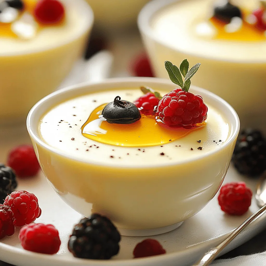 Um eine köstliche Panna Cotta zuzubereiten, benötigen Sie folgende Hauptzutaten: - 500 ml Sahne - 250 ml Vollmilch - 100 g Kristallzucker - 1 Esslöffel Vanille-Bohnen-Paste oder Vanillemark - 7 g Gelatine in Pulverform - Eine Prise Salz Diese Zutaten sind die Basis für die Panna Cotta. Die Sahne und die Milch geben der Panna Cotta ihre cremige Textur. Der Zucker sorgt für die süße Note. Vanille-Bohnen-Paste bringt das echte Vanillearoma in das Dessert. Gelatine macht die Panna Cotta fest und sorgt für die richtige Konsistenz. Für etwas Abwechslung können Sie zusätzliche Zutaten verwenden: - Frische Beeren - Honig oder Sirup - Gehackte Nüsse Frische Beeren verleihen der Panna Cotta Farbe und Frische. Honig oder Sirup bringen eine süße Note. Gehackte Nüsse sorgen für einen knackigen Biss. Diese Beigaben können das Dessert noch interessanter machen. Wenn Sie mehr über die Zubereitung erfahren möchten, schauen Sie sich das [Full Recipe](#) an. Zuerst mischen Sie die Sahne und die Milch in einem großen Topf. Fügen Sie 100 g Kristallzucker und 1 Esslöffel Vanille-Bohnen-Paste hinzu. Diese Mischung gibt der Panna Cotta ihren tollen Geschmack. Rühren Sie alles gut um. Erhitzen Sie die Mischung bei mittlerer Hitze. Achten Sie darauf, dass sie nicht kocht. Der Zucker muss sich vollständig auflösen. Jetzt ist es Zeit, die Gelatine vorzubereiten. Nehmen Sie 7 g Gelatine in Pulverform. Streuen Sie diese gleichmäßig über 3 Esslöffel kaltes Wasser. Lassen Sie die Gelatine etwa 5 bis 10 Minuten quellen. Sie wird dann weich und bereit zum Mischen. Sobald die Sahne-Mischung dampft, nehmen Sie den Topf vom Herd. Geben Sie die aufgequollene Gelatine in die warme Mischung. Rühren Sie kontinuierlich, bis die Gelatine ganz aufgelöst ist. Achten Sie darauf, dass keine Klumpen entstehen. Lassen Sie die Mischung einige Minuten abkühlen, bis sie leicht lauwarm ist. Das dauert etwa 10 Minuten. Füllen Sie die Panna Cotta-Mischung gleichmäßig in Dessertschalen oder Formen. Decken Sie die Schalen mit Frischhaltefolie ab. Stellen Sie sie mindestens 4 Stunden in den Kühlschrank. So wird die Panna Cotta fest. Vor dem Servieren ziehen Sie vorsichtig ein dünnes Messer am Rand der Panna Cotta entlang. So lösen Sie sie leicht. Wenn Sie Formen verwendet haben, stürzen Sie diese vorsichtig auf einen Teller. Alternativ können Sie die Panna Cotta direkt in den Schalen servieren. Garnieren Sie sie mit frischen Beeren oder einem Schuss Honig. Für den letzten Schliff fügen Sie gehackte Pistazien hinzu. Für das vollständige Rezept schauen Sie sich den Abschnitt "Vollständiges Rezept" an. Um die perfekte Konsistenz für Ihre Panna Cotta zu erreichen, beachten Sie die Temperatur. Die Mischung aus Sahne und Milch sollte warm, aber nicht kochend sein. Zu hohe Hitze kann die Gelatine beschädigen. Sie müssen auch die Gelatine korrekt verwenden. Lassen Sie die Gelatine zuerst in kaltem Wasser quellen. Dies hilft, Klumpen zu vermeiden. Rühren Sie dann die Gelatine in die warme Mischung ein, bis sie vollständig aufgelöst ist. Die Wahl der richtigen Vanille ist entscheidend. Verwenden Sie hochwertige Vanille-Bohnen-Paste oder das Mark einer frischen Vanilleschote. Dies bringt echten Vanillegeschmack in Ihr Dessert. Fühlen Sie sich frei, ergänzende Aromen hinzuzufügen. Zimt oder eine Prise Muskatnuss können neue Geschmäcker bieten. Diese kleinen Veränderungen machen Ihre Panna Cotta noch interessanter. Garnierungen und Beilagen machen viel aus. Frische Beeren sind eine tolle Wahl. Sie fügen Farbe und frische Säure hinzu. Ein Schuss Honig oder Sirup kann die Süße erhöhen. Für besondere Anlässe können Sie die Panna Cotta elegant anrichten. Verwenden Sie schöne Dessertschalen oder kleine Gläser. So wird Ihr Dessert ein echter Blickfang. Für mehr Details schauen Sie sich das [Full Recipe] an. {{image_4}} Panna Cotta ist ein wunderbares Dessert, das viele Variationen bietet. Du kannst mit verschiedenen Aromen spielen, um immer wieder neue Geschmäcker zu entdecken. - Beeren-Panna Cotta: Füge frische Beeren wie Himbeeren oder Erdbeeren hinzu. Das gibt der Panna Cotta eine fruchtige Note und einen schönen Farbkontrast. Die Beeren passen perfekt zur Vanille und machen das Dessert lebendig. - Mango- oder Passionsfrucht-Panna Cotta: Diese tropischen Früchte bringen einen frischen, süßen Geschmack. Püriere die Früchte und füge sie zur Sahne-Mischung hinzu. So erhältst du eine exotische Variante. - Schokoladen-Panna Cotta: Schmelze dunkle Schokolade und mische sie in die Sahne. Das gibt der Panna Cotta einen reichen, schokoladigen Geschmack. Perfekt für Schokoladenliebhaber! - Kaffeepanna Cotta: Für Kaffeefans ist diese Variante ein Muss. Bereite starken Kaffee zu und füge ihn zur Mischung hinzu. So erhältst du eine köstliche, aromatische Panna Cotta, die den perfekten Kaffeekick gibt. - Pflanzliche Milch und Sahne: Nutze Mandel- oder Kokosmilch anstelle von Sahne und Milch. Diese Optionen sind laktosefrei und passen gut zur Vanille. - Agar-Agar anstelle von Gelatine: Agar-Agar ist eine pflanzliche Geliermittel-Alternative. Es ist perfekt für vegane Desserts. Folge einfach der gleichen Anleitung und ersetze die Gelatine durch Agar-Agar für eine tolle Konsistenz. Mit diesen Variationen kannst du die klassische Vanille-Bohnen Panna Cotta nach deinem Geschmack anpassen. Probiere sie aus und entdecke deine Lieblingsversion! Für das Grundrezept, schau dir die vollständige Rezeptanleitung an. Bewahre die Panna Cotta im Kühlschrank auf, um ihre Frische zu halten. Stelle sicher, dass die Schalen gut abgedeckt sind. Frischhaltefolie oder ein Deckel helfen, die Feuchtigkeit zu bewahren. So bleibt die Panna Cotta cremig und lecker. Um Austrocknung zu vermeiden, lagere sie nicht neben stark riechenden Lebensmitteln. Panna Cotta nimmt leicht Gerüche auf. Halte sie immer in einem geschlossenen Behälter, um den vollen Geschmack zu bewahren. Wie lange ist die Panna Cotta haltbar? Im Kühlschrank bleibt sie etwa 4 bis 5 Tage frisch. Achte darauf, sie vor dem Verzehr zu prüfen. Anzeichen für schlechte Qualität sind eine veränderte Farbe oder ein unangenehmer Geruch. Wenn die Panna Cotta wässrig aussieht oder Klumpen hat, solltest du sie nicht essen. Halte dich an die Haltbarkeit, um das beste Geschmackserlebnis zu haben. Die Panna Cotta braucht mindestens vier Stunden im Kühlschrank, um fest zu werden. Ich empfehle, sie über Nacht zu kühlen, um die beste Textur zu erreichen. Die Kühlzeit sorgt dafür, dass die Gelatine gut arbeitet. Wenn du sie zu früh rausholst, bleibt sie möglicherweise flüssig. Ja, du kannst Gelatine durch Agar-Agar ersetzen, wenn du eine pflanzliche Alternative suchst. Agar-Agar ist aus Algen und funktioniert gut in Desserts. Achte darauf, die Anweisungen auf der Verpackung zu befolgen. Du musst es vielleicht mehrmals erhitzen, um die richtige Konsistenz zu erreichen. Um deine Panna Cotta schön zu präsentieren, kannst du frische Beeren oder eine Sauce verwenden. Ein Spritzer Honig oder ein paar Nüsse machen das Dessert noch besser. Verwende schöne Schalen oder Gläser, um einen tollen Look zu erzielen. Ziehe ein Messer am Rand entlang, um sie leicht zu lösen. So sieht es im Teller sehr ansprechend aus. Für das perfekte Finish, garniere mit Minze oder essbaren Blüten. Die Panna Cotta ist einfach zuzubereiten und super lecker. Wir haben die Hauptzutaten, die Zubereitung und nützliche Tipps besprochen. Außerdem gibt es viele Variationen, die du ausprobieren kannst. Denke daran, die Panna Cotta richtig zu lagern, damit sie frisch bleibt. Wenn du etwas Kreatives suchst, sind die weiteren Optionen perfekt. Mit diesen Tipps wirst du ein echter Panna-Cotta-Profi. Viel Spaß beim Ausprobieren!