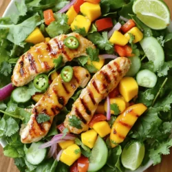 Um den pikanten Mango-Hühnchen-Salat zuzubereiten, benötigen Sie folgende Zutaten: - 2 Hähnchenbrüste, gegrillt und in Scheiben geschnitten - 1 reife Mango, gewürfelt - 1 rote Paprika, gewürfelt - 1/2 Tasse Gurke, gewürfelt - 1/4 Tasse rote Zwiebel, dünn geschnitten - 1 Jalapeño, entkernt und fein gehackt - 2 Esslöffel frischer Koriander, gehackt - 1 Esslöffel Honig - 3 Esslöffel Limettensaft - 2 Esslöffel Olivenöl - Salz und Pfeffer nach Geschmack - Gemischte Salatblätter (z.B. Rucola, Spinat oder Romana) Frische Zutaten bringen mehr Geschmack und Nährstoffe. Eine reife Mango hat süßen Saft. Sie ist perfekt für diesen Salat. Frische Paprika und Gurken bieten einen knackigen Biss. Wenn Sie keine frischen Zutaten finden, sind gefrorene eine gute Wahl. Sie sind oft gleich nach der Ernte eingefroren. So bleiben die Nährstoffe erhalten. Achten Sie jedoch auf die Qualität. Hochwertige gefrorene Produkte sind ideal. Jede Zutat in diesem Salat hat gesundheitliche Vorteile: - Hähnchen: Reich an Protein, gut für Muskeln. - Mango: Voller Vitamine, besonders Vitamin C. Stärkt das Immunsystem. - Paprika: Enthält Antioxidantien, gut für die Haut. - Gurke: Hydratisierend, enthält viele Ballaststoffe. - Zwiebel: Hilft bei der Verdauung, hat entzündungshemmende Eigenschaften. - Jalapeño: Enthält Capsaicin, kann den Stoffwechsel ankurbeln. - Koriander: Kann Entgiftung unterstützen und den Blutzucker regulieren. - Olivenöl: Gesundes Fett, gut für das Herz. Die Kombination dieser Zutaten macht den Salat nicht nur lecker, sondern auch nahrhaft. Um das Hähnchen perfekt zuzubereiten, würze die Hähnchenbrüste mit Salz und Pfeffer. Dies gibt dem Fleisch tollen Geschmack. Grill die Hähnchen bei mittlerer Hitze für 6-7 Minuten auf jeder Seite. Das Hähnchen sollte durchgegart sein und saftig bleiben. Lass die Brustfilets nach dem Grillen ruhen. So bleibt der Saft im Fleisch. Danach schneide sie in dünne Streifen. Für den Salat nimm eine große Schüssel. Gib die gewürfelte Mango, rote Paprika, Gurke, rote Zwiebel, Jalapeño und Koriander hinein. Diese Zutaten bringen frische und Farbe in den Salat. Mische alles vorsichtig. So verteilen sich die Aromen gut. Das Dressing ist einfach und lecker. Nimm eine kleine Schüssel und vermische Honig, Limettensaft, Olivenöl, Salz und Pfeffer. Rühre gut, bis das Dressing schön cremig ist. Es wird den Salat mit einem süß-sauren Geschmack verfeinern. Jetzt kommt der beste Teil! Gib die gegrillten Hähnchenstreifen in die Schüssel mit dem Salat. Träufle das Dressing gleichmäßig darüber. Mische alles sanft, damit alle Zutaten gut bedeckt sind. Auf einem Servierteller richte ein Bett aus gemischten Salatblättern an. Lege die pikante Mango-Hühnchen-Mischung darüber. Garniere mit zusätzlichen Korianderblättern und Limettenscheiben. Serviere den Salat kalt für ein erfrischendes Gericht. Die Schritte sind einfach und machen großen Spaß. Du kannst die Frische und den Geschmack der pikante Mango-Hühnchen-Salat mit jedem Bissen genießen. Wenn du mehr erfahren möchtest, sieh dir das Full Recipe an. Um das Hähnchen perfekt zu grillen, beginne mit frischen Bruststücken. Würze sie gut mit Salz und Pfeffer. Grill das Hähnchen bei mittlerer Hitze. Achte darauf, dass die Grillroste gut geölt sind. Grill jede Seite für etwa 6-7 Minuten. Prüfe, ob das Hähnchen durchgegart ist. Lass es nach dem Grillen ruhen. Dies hilft, die Säfte zu bewahren. Danach in dünne Streifen schneiden. Diese Schritte sorgen für saftiges, zartes Hähnchen. Um den Salat frisch zu halten, wasche die Zutaten gut. Trockne sie gründlich, bevor du sie schneidest. Verwende frische, knackige Blätter. Mische die Zutaten erst kurz vor dem Servieren. Das verhindert, dass der Salat matschig wird. Wenn du Reste hast, lagere sie in einem luftdichten Behälter. Du kannst auch das Dressing separat aufbewahren. So bleibt alles frisch und köstlich. Die Schärfe des Salates kannst du leicht anpassen. Wenn du es mild magst, lasse die Jalapeños weg. Für mehr Wärme, füge mehr Jalapeños hinzu. Du kannst auch frisch gehackte Chilis verwenden. Eine andere Möglichkeit ist, etwas scharfe Sauce ins Dressing zu geben. Experimentiere mit der Schärfe, bis es dir gefällt. Jeder kann so seinen eigenen perfekten Geschmack finden. {{image_4}} Wenn Sie kein Hähnchen mögen, probieren Sie Tofu oder Garnelen. Tofu nimmt gut Aromen auf und ist eine großartige pflanzliche Proteinquelle. Garnelen sind schnell zubereitet und geben dem Salat eine schöne Meeresnote. Wenn Sie Rindfleisch lieben, können Sie auch gegrilltes Steak verwenden. Denken Sie daran, die Garzeit anzupassen, je nach dem, was Sie wählen. Mango ist lecker, aber andere Früchte können auch passen. Probieren Sie Ananas für eine süße Note oder Wassermelone für Frische. Auch Kiwi bringt eine tolle Säure. Diese Obstsorten sorgen für zusätzliche Farben und Texturen im Salat. Kombinieren Sie verschiedene Früchte, um neue Geschmackskombinationen zu entdecken! Für eine vegane Version ersetzen Sie das Hähnchen durch Kichererbsen oder schwarze Bohnen. Diese Hülsenfrüchte sind proteinreich und sättigend. Anstelle von Honig verwenden Sie Agavensirup für das Dressing. So bleibt der Salat vegan und behält seinen tollen Geschmack. Experimentieren Sie mit Nüssen oder Samen für zusätzlichen Crunch und Nährstoffe. Für die vollständige Anleitung und Rezepte, schauen Sie sich das Full Recipe an. Um den pikanten Mango-Hühnchen-Salat frisch zu halten, verwende einen luftdichten Behälter. Stelle sicher, dass der Salat gut verschlossen ist. Lagere ihn im Kühlschrank. Kühle Temperaturen helfen, die Aromen zu bewahren und die Zutaten frisch zu halten. Vermeide es, den Salat mit dem Dressing zu mischen, bevor du ihn lagerst. Das Dressing kann die Salatblätter weich machen. Der Salat bleibt im Kühlschrank bis zu drei Tage frisch. Nach dieser Zeit kann die Qualität abnehmen. Die Zutaten verlieren ihren Crunch und Geschmack. Achte darauf, den Salat vor dem Essen zu prüfen. Wenn er welk aussieht oder unangenehm riecht, wirf ihn weg. Sicherheit geht vor. Wenn du Reste hast, kannst du kreativ werden! Verwende den Salat als Füllung für Wraps oder Sandwiches. Du kannst auch die Mischung in einer Omelette verwenden. Es ist eine köstliche Möglichkeit, die Reste zu genießen. Eine andere Idee ist, den Salat als Beilage zu gegrilltem Fisch oder Tofu zu servieren. So wird nichts verschwendet und du hast ein weiteres leckeres Gericht. Um eine Mango richtig zu schneiden, halte die Mango aufrecht. Beginne an einem Ende und schneide entlang des großen Kerns. Du solltest zwei große Hälften erhalten. Schneide dann das Fruchtfleisch in Würfel, ohne die Schale zu verletzen. Drehe die Hälften um und drücke leicht, um die Würfel herauszudrücken. So kannst du einfach die leckeren Stücke genießen. Ja, du kannst den Salat im Voraus zubereiten. Bereite die Hähnchenbrüste und das Gemüse vor. Du kannst die Zutaten in einem luftdichten Behälter aufbewahren. Mische das Dressing jedoch erst kurz vor dem Servieren. So bleibt der Salat frisch und knusprig. Das ist ideal, wenn du Gäste erwartest. Zu pikantem Mango-Hühnchen-Salat passen viele Beilagen. Du kannst Tortilla-Chips oder knuspriges Brot servieren. Auch Reis oder Quinoa sind eine gute Wahl. Frische Avocados ergänzen den Salat perfekt. Sie bringen eine cremige Textur und mildern die Schärfe. Experimentiere ruhig mit verschiedenen Beilagen für neue Geschmäcker! In diesem Artikel haben wir die wichtigsten Zutaten für unseren leckeren Mango-Hühnchen-Salat besprochen. Wir haben gelernt, wie man das Hähnchen richtig zubereitet und den Salat frisch hält. Tipps zum Grillen und Variationen zeigen, dass der Salat anpassbar ist. Die Aufbewahrungshinweise helfen, Reste zu nutzen. Mein Fazit: Mit diesen Informationen gelingt dein Salat einfach. Probiere es aus und genieße!