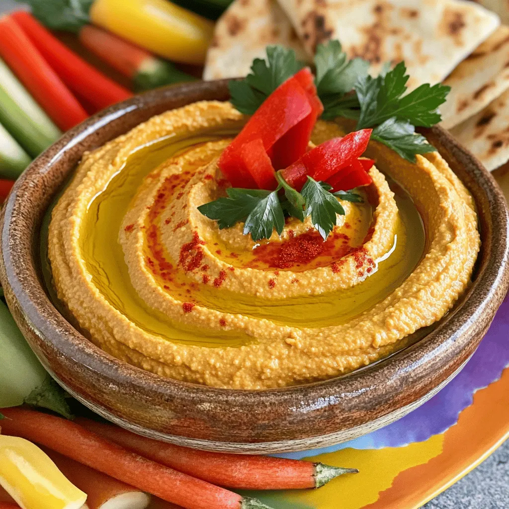 Für diesen veganen gerösteten Paprika Hummus benötigst du einige einfache Zutaten. Hier ist die Liste: - 1 Dose (450 g) Kichererbsen, abgetropft und abgespült - 1 große geröstete rote Paprika, geschält und grob gehackt - 2 Esslöffel Tahini - 2 Esslöffel Olivenöl - 2 Esslöffel frischer Zitronensaft - 1 Knoblauchzehe, fein gehackt - 1 Teelöffel gemahlener Kreuzkümmel - Salz nach Geschmack Diese Zutaten bilden die Basis deines Hummus. Die Kichererbsen geben eine tolle Textur. Die rote Paprika bringt Farbe und einen süßen, rauchigen Geschmack. Um das Hummus noch besser zu machen, kannst du einige zusätzliche Zutaten hinzufügen: - Frische Petersilie, gehackt (zur Dekoration) - Paprika (zum Bestreuen) Die Petersilie gibt frische und einen schönen Farbkontrast. Paprika als Topping sorgt für einen zusätzlichen Geschmackskick. Jede Zutat hat ihre Vorteile: - Kichererbsen sind reich an Protein und Ballaststoffen. Sie halten dich lange satt. - Rote Paprika ist voll mit Vitaminen. Sie hat viel Vitamin C und Antioxidantien. - Tahini bietet gesunde Fette und Mineralien. Es ist gut für dein Herz. - Olivenöl ist ein gesundes Fett. Es wirkt entzündungshemmend und unterstützt die Gesundheit. - Zitronensaft bringt frische Säure und hilft bei der Verdauung. - Knoblauch hat antibakterielle Eigenschaften und kann das Immunsystem stärken. - Kreuzkümmel kann die Verdauung fördern und hat einen warmen, erdigen Geschmack. Der veganer gerösteter Paprika Hummus ist nicht nur lecker, sondern auch gesund. Mit der Kombination dieser Zutaten schaffst du ein Gericht, das gut für dich ist. Für das vollständige Rezept schaue dir bitte den Abschnitt "Full Recipe" an. Um den veganen gerösteten Paprika Hummus zuzubereiten, beginnen wir mit der Vorbereitung der Zutaten. Du brauchst: - 1 Dose (450 g) Kichererbsen, abgetropft und abgespült - 1 große geröstete rote Paprika, geschält und grob gehackt - 2 Esslöffel Tahini - 2 Esslöffel Olivenöl - 2 Esslöffel frischer Zitronensaft - 1 Knoblauchzehe, fein gehackt - 1 Teelöffel gemahlener Kreuzkümmel - Salz nach Geschmack - Frische Petersilie, gehackt (zur Dekoration) - Paprika (zum Bestreuen) Die Kichererbsen sind die Basis. Sie geben dem Hummus seine cremige Textur und viel Protein. Die geröstete rote Paprika bringt eine süße Note und eine schöne Farbe. Jetzt kommt der spaßige Teil. Gib alle vorbereiteten Zutaten in eine Küchenmaschine. Mixe sie auf hoher Stufe, bis eine glatte und cremige Masse entsteht. Wenn die Mischung zu dick ist, füge einen kleinen Schluck Wasser hinzu. So erreichst du die perfekte Konsistenz. Vergiss nicht, das Hummus während des Mixens zu probieren. Füge nach Belieben Salz hinzu und mixe kurz, um es gut zu verteilen. Die Präsentation macht viel aus. Übertrage das Hummus in eine schöne Schüssel. Träufle etwas Olivenöl oben drauf. Das sieht nicht nur gut aus, sondern schmeckt auch besser! Garnieren kannst du das Hummus mit frisch gehackter Petersilie und einer Prise Paprika. Serviere es mit frischen Gemüsesticks oder warmem Pita-Brot. Ein bunter Teller macht das Gericht noch ansprechender. Für die vollständige Zubereitung schau dir die Full Recipe an! Um dein Hummus besonders cremig zu machen, achte auf die Kichererbsen. Verwende am besten Kichererbsen aus der Dose. Sie sind schon weich und leicht zu pürieren. Je nach Bedarf kannst du etwas Wasser hinzufügen, um die Konsistenz zu verbessern. Der Schlüssel liegt im Mixen. Mixe die Zutaten lange genug, bis alles gut vermischt ist. Ein Hochleistungsmixer ist ideal dafür. Ein häufiger Fehler ist das Hinzufügen von zu viel Salz. Schmecke dein Hummus zuerst ab, bevor du mehr hinzufügst. Ein weiterer Fehler ist, die Paprika nicht richtig zu rösten. Röste sie, bis sie weich und leicht angekohlt sind. So entfalten sie ihren vollen Geschmack. Außerdem solltest du das Hummus nicht zu lange lagern, da es schnell trocken werden kann. Du kannst den Geschmack deines Hummus leicht anpassen. Füge mehr Zitronensaft für eine frische Note hinzu. Möchtest du es würziger? Dann probiere etwas mehr Kreuzkümmel oder eine Prise Cayennepfeffer. Du kannst auch frische Kräuter wie Basilikum oder Koriander einmischen. Experimentiere mit verschiedenen Zutaten, um deinen eigenen Stil zu finden. Wenn du die perfekte Mischung gefunden hast, teile dein Rezept mit Freunden! Du kannst auch die Full Recipe für detaillierte Anleitungen verwenden. {{image_4}} Um deinem veganen gerösteten Paprika Hummus mehr Tiefe zu verleihen, kannst du verschiedene Aromen hinzufügen. Eine Prise geräuchertes Paprikapulver bringt eine rauchige Note. Du kannst auch frischen Koriander oder Basilikum verwenden. Diese Kräuter geben deinem Hummus eine frische und lebendige Note. Wenn du es schärfer magst, füge etwas Cayennepfeffer oder eine kleine Menge Jalapeño hinzu. Diese Zutaten machen das Hummus aufregender und einzigartig. Wenn du spezielle diätetische Bedürfnisse hast, gibt es tolle Alternativen. Für eine nussfreie Version kannst du das Tahini durch Sonnenblumenkernbutter ersetzen. Dies sorgt für eine ähnliche cremige Textur. Wenn du auf Öl verzichten möchtest, kannst du auch mehr Wasser oder Gemüsebrühe verwenden. Diese Optionen erhalten den Geschmack, ohne die Gesundheit zu gefährden. Die Art und Weise, wie du dein Hummus servierst, kann das Erlebnis verbessern. Du kannst das Hummus in kleinen Schalen anrichten und mit verschiedenen Gemüsesticks servieren. Dies macht es zu einem tollen Snack für Partys. Eine andere Idee ist, das Hummus auf geröstetem Brot oder Crackern zu verteilen. Du kannst auch kleine Portionen in Gläsern anrichten, um sie für ein Picknick mitzunehmen. Diese kreativen Methoden machen das Hummus noch einladender. Für das vollständige Rezept kannst du auf [Full Recipe] klicken. Um deinen veganen gerösteten Paprika Hummus frisch zu halten, lagere ihn in einem luftdichten Behälter. Achte darauf, dass der Behälter gut schließt, um Sauerstoff fernzuhalten. Du kannst ihn im Kühlschrank aufbewahren. So bleibt der Hummus geschmackvoll und cremig. Der Hummus bleibt in der Regel 4 bis 7 Tage frisch. Am besten überprüfst du die Farbe und den Geruch, bevor du ihn isst. Wenn der Hummus einen seltsamen Geruch hat oder die Farbe sich verändert, ist es besser, ihn wegzuwerfen. Wenn du mehr Hummus gemacht hast, kannst du ihn auch einfrieren. Teile ihn in Portionen und lege ihn in gefrierfeste Beutel oder Behälter. So hält er sich bis zu 3 Monate. Um ihn wieder zu verwenden, lasse ihn einfach im Kühlschrank auftauen oder erwärme ihn vorsichtig in der Mikrowelle. So hast du immer einen leckeren Snack bereit! Ja, dieser Hummus ist glutenfrei. Die Hauptzutaten sind Kichererbsen und Gemüse. Kichererbsen enthalten kein Gluten. So kannst du diesen Hummus sicher genießen. Du kannst das Hummus bis zu einer Woche im Kühlschrank aufbewahren. Achte darauf, es in einem luftdichten Behälter zu lagern. Wenn du es länger aufbewahren möchtest, kannst du es auch einfrieren. So bleibt der Geschmack frisch und lecker. Ja, du kannst andere Gemüse verwenden. Zum Beispiel kannst du geröstete Zucchini oder Karotten probieren. Diese Variationen bringen neue Aromen in dein Hummus. Experimentiere mit verschiedenen Gemüsesorten, um deinen eigenen Geschmack zu finden. Das macht das Rezept noch spannender. Für das vollständige Rezept, schau dir [Full Recipe] an. Zusammenfassend haben wir die Hauptzutaten für veganen gerösteten Paprika Hummus besprochen. Wir sahen, wie man die Zutaten vorbereitet und mixen kann, um ein cremiges Ergebnis zu erzielen. Zudem erinnerten wir uns an Tipps, um Fehler zu vermeiden und die Aromen anzupassen. Verschiedene Variationen und Lagerinformationen machten das Rezept noch spannender. Experimentiere mit deinem Hummus, um immer neue Geschmäcker zu entdecken. Viel Spaß beim Zubereiten und Genießen!