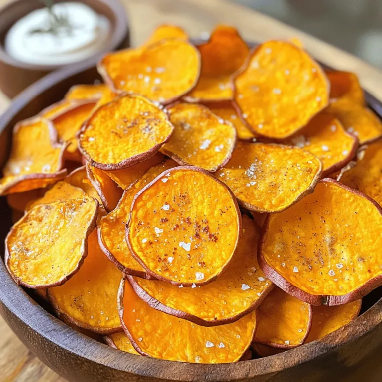 Für diese leckeren Chips sind Süßkartoffeln die Hauptzutat. Süßkartoffeln sind nicht nur süß, sondern auch gesund. Sie enthalten viele Vitamine und Mineralien. Diese Knollen sind reich an Ballaststoffen, die gut für die Verdauung sind. Zudem haben sie Antioxidantien, die den Körper schützen. Olivenöl ist der nächste wichtige Bestandteil. Es sorgt für eine schöne Knusprigkeit und einen tollen Geschmack. Es ist auch gesund, da es einfach ungesättigte Fettsäuren enthält. Diese Fettsäuren können das Herz schützen. Verwenden Sie extra natives Olivenöl für den besten Geschmack. Meersalz ist entscheidend für den Geschmack der Chips. Es hebt die Süße der Süßkartoffeln hervor. Die Menge von einem Teelöffel reicht aus, um die Chips zu würzen. Sie können auch andere Gewürze hinzufügen, um den Geschmack zu variieren. Geräuchertes Paprikapulver gibt den Chips einen rauchigen Geschmack. Knoblauchpulver sorgt für einen herzhaften Kick. Wenn Sie es schärfer mögen, fügen Sie etwas Cayennepfeffer hinzu. Für zusätzliche Aromen können Sie frische Kräuter verwenden. Rosmarin oder Thymian passen gut zu diesen Chips. Sie geben den Chips einen frischen und aromatischen Touch. Experimentieren Sie mit Ihren Lieblingsgewürzen, um neue Geschmäcker zu entdecken. Um die Süßkartoffeln richtig vorzubereiten, waschen Sie sie gründlich. Achten Sie darauf, den Schmutz zu entfernen. Trocknen Sie die Süßkartoffeln danach gut ab. Schneiden Sie sie mit einem scharfen Messer oder einer Mandoline in dünne Scheiben. Streben Sie eine Dicke von etwa 3 mm an. Wenn Sie eine Mandoline verwenden, stellen Sie die Dicke sicher ein. Halten Sie die Süßkartoffeln fest, um Verletzungen zu vermeiden. Seien Sie vorsichtig, wenn Sie die Mandoline benutzen. Sie kann sehr scharf sein. Heizen Sie den Ofen auf 200 °C vor. Legen Sie ein Backblech mit Backpapier aus, um ein Ankleben zu verhindern. Verteilen Sie die Süßkartoffelscheiben gleichmäßig auf dem Blech. Achten Sie darauf, dass sich die Scheiben nicht überlappen, damit sie knusprig werden. Backen Sie die Chips für 20 bis 25 Minuten. Wenden Sie die Chips nach der Hälfte der Zeit. So bräunen sie gleichmäßig. Behalten Sie die Chips gut im Auge. Sie können schnell verbrennen. Nach dem Backen lassen Sie die Chips einige Minuten abkühlen. So werden sie noch knuspriger. Um die perfekte Knusprigkeit deiner Süßkartoffelchips zu erreichen, gibt es einige wichtige Punkte. - Dünn schneiden: Die Scheiben sollten nicht dicker als 3 mm sein. So werden sie gleichmäßig knusprig. - Abtrocknen: Nach dem Waschen ist es wichtig, die Scheiben gut zu trocknen. Feuchtigkeit macht die Chips weich. - Einzelne Schicht: Lege die Scheiben auf das Backblech in einer einzigen Schicht. Überlappungen sollten vermieden werden, damit die Luft zirkulieren kann. Für das Backen kannst du entweder Backpapier oder eine Silikonmatte verwenden. - Backpapier: Es verhindert das Ankleben und macht die Reinigung leicht. - Silikonmatte: Sie bietet eine wiederverwendbare Option und sorgt für eine gleichmäßige Bräunung. Die Chips schmecken am besten, wenn du sie mit köstlichen Dips kombinierst. Hier sind einige Ideen: - Tzatziki: Ein frischer Joghurt-Dip, der die Süße der Chips ausgleicht. - Guacamole: Cremig und voller Geschmack, perfekt für die Chips. - Hummus: Dieser Kichererbsendip bringt eine herzhafte Note. Für die perfekte Präsentation serviere die Chips in einer rustikalen Schüssel oder auf einem Holzbrett. Füge ein kleines Schälchen mit Dip hinzu, um das Gesamtbild zu vervollständigen. So werden deine Chips zum echten Hingucker! {{image_4}} Für Crispy Baked Sweet Potato Chips gibt es viele gesunde Alternativen. Sie können verschiedene Öle nutzen, um den Geschmack zu verändern. Statt Olivenöl können Sie auch Avocadoöl oder Kokosöl verwenden. Diese Öle haben unterschiedliche Aromen und gesunde Fette. Ein weiterer Tipp ist, das Küchensalz durch andere Geschmacksrichtungen zu ersetzen. Probieren Sie Kräutersalz oder Zitronensalz. Diese bringen frische Noten in die Chips. Auch das Hinzufügen von Gewürzmischungen kann den Geschmack intensivieren. Eine Mischung aus italienischen Kräutern oder sogar Curry kann spannend sein. Kreativität ist beim Kochen wichtig! Für eine leckere Abwechslung können Sie Käse- oder Essigheringe hinzufügen. Streuen Sie nach dem Backen etwas Parmesan oder Feta über die Chips. Das bringt einen tollen salzigen Geschmack. Für süße Variationen können Sie die Chips mit Zimt und Zucker bestreuen. Diese süße Note passt gut zu einem Dip wie Joghurt oder Honig. Sie können auch die Süßkartoffeln mit etwas Honig vor dem Backen beträufeln. So schaffen Sie einen tollen Kontrast zwischen süß und salzig. Wenn Sie mehr Inspiration suchen, schauen Sie sich das [Full Recipe] an. Dort finden Sie verschiedene Ideen, um diese Chips noch besser zu machen. Um deine Crispy Baked Sweet Potato Chips frisch zu halten, solltest du einige einfache Tipps beachten. Lagere die Chips in einem luftdichten Behälter. Dadurch bleibt die Knusprigkeit erhalten und sie werden nicht weich. Achte darauf, dass der Behälter gut schließt. Du kannst auch Silikonbeutel verwenden, die verschlossen werden können. Diese sind oft platzsparend und schützen die Chips gut. Vermeide es, die Chips in der Nähe von Wärmequellen oder direkter Sonne zu lagern. Eine kühle, trockene Stelle ist ideal. Wenn du viele Chips hast, teile sie in Portionen auf. So kannst du immer nur das entnehmen, was du benötigst. Die Haltbarkeit von selbstgemachten Süßkartoffelchips hängt von der Lagerung ab. Bei richtiger Lagerung halten sie bis zu eine Woche bei Raumtemperatur. Wenn du sie im Kühlschrank lagerst, kannst du die Haltbarkeit auf bis zu zwei Wochen verlängern. Achte darauf, sie immer in einem luftdichten Behälter aufzubewahren. Überprüfe die Chips regelmäßig auf Frische. Wenn sie weich werden oder einen seltsamen Geruch haben, ist es besser, sie nicht mehr zu essen. Wenn du die Chips länger aufbewahren möchtest, kannst du sie auch einfrieren. In einem luftdichten Behälter im Gefrierfach bleiben sie mehrere Monate haltbar. Die Chips können aber ihre Knusprigkeit verlieren, wenn sie aufgetaut werden. Selbstgemachte Süßkartoffelchips halten bei Raumtemperatur etwa 3 bis 5 Tage. Achte darauf, sie in einem luftdichten Behälter zu lagern. Im Kühlschrank bleiben sie frisch für bis zu einer Woche. Wenn du sie im Kühlschrank lagerst, empfehle ich, sie vor dem Essen kurz aufzuwärmen. So werden sie wieder knusprig. Ja, du kannst die Chips auch im Air Fryer zubereiten! Bereite die Süßkartoffeln nach dem Rezept vor und achte darauf, die Scheiben dünn zu schneiden. Du solltest die Chips in einer einzigen Schicht im Korb anordnen. Stelle die Temperatur auf 180 °C und backe die Chips für etwa 15 bis 20 Minuten. Schüttle den Korb alle 5 Minuten, damit die Chips gleichmäßig knusprig werden. Süßkartoffelchips passen hervorragend zu vielen Dips. Hier sind einige beliebte Vorschläge: - Guacamole: Die cremige Textur ergänzt die Knusprigkeit der Chips. - Hummus: Ein gesunder und leckerer Dip, der gut zu den Chips passt. - Tzatziki: Dieser erfrischende Joghurt-Dip mit Gurke ist eine tolle Wahl. - Salsa: Ein fruchtiger und würziger Dip, der die Süße der Chips ausgleicht. Für das beste Geschmackserlebnis empfehle ich, die Chips mit einem Dip zu servieren, um die Aromen zu kombinieren. Selbstgemachte Süßkartoffelchips sind einfach und lecker. Wir haben die besten Zutaten und Zubereitungstricks besprochen. Von der richtigen Vorbereitung bis hin zu Lagerung und Variationen hast du alles, um perfekte Chips zu machen. Achte auf die Gewürze, um den Geschmack zu verbessern. Probiere verschiedene Dips aus, um dein Snack-Erlebnis zu steigern. Mit diesen Tipps bereitest du Snacks zu, die jederzeit beliebt sind und deinen Gästen gefallen werden. Viel Spaß beim Ausprobieren und Genießen deiner knusprigen Kreationen!