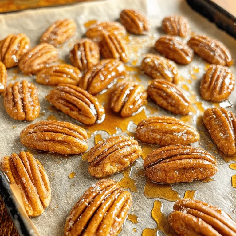 - 2 Tassen Pekannuss-Hälften - 1/4 Tasse reiner Ahornsirup - 1/2 Tasse Zucker - 1 Teelöffel gemahlener Zimt - 1/2 Teelöffel Salz - 1/4 Teelöffel Muskatnuss (optional) - 1 Teelöffel Vanilleextrakt - 1 Esslöffel ungesalzene Butter (geschmolzen) Um die besten Pekannüsse zu rösten, brauche ich frische Zutaten. Die Hauptzutaten sind Pekannüsse, Ahornsirup und Zucker. Diese Nüsse sind knusprig und lecker. Der Ahornsirup bringt süßen Geschmack. Zucker hilft, die Nüsse zu karamellisieren. Für den Geschmack füge ich Zimt, Salz und Vanilleextrakt hinzu. Zimt gibt Wärme und Tiefe. Das Salz balanciert die Süße. Muskatnuss ist optional, aber sie gibt einen besonderen Kick. Die geschmolzene Butter sorgt dafür, dass die Nüsse gut glänzen und knusprig werden. Diese Zutaten verbinden sich zu einem tollen Snack. Für das vollständige Rezept schaue bitte in die Anleitung. Heize deinen Ofen auf 175°C (350°F) vor. Lege ein Backblech mit Backpapier aus. So bleiben die Pekannüsse nicht kleben und du hast weniger zu reinigen. In einer großen Schüssel kombinierst du die geschmolzene Butter, den Ahornsirup und die Gewürze. Rühre alles gut um, bis die Mischung glatt ist. Das gibt den Nüssen einen tollen Geschmack. Füge die Pekannüsse in die Schüssel. Wende sie in der Ahornsirup-Mischung, bis sie gut bedeckt sind. Streue dann den Zucker über die Nüsse und rühre alles gut um. So wird jede Nuss süß und lecker. Verteile die gewürzten Pekannüsse gleichmäßig auf dem Backblech. Röste sie im vorgeheizten Ofen für 15-20 Minuten. Vergiss nicht, sie alle 5 Minuten umzurühren. So werden sie gleichmäßig knusprig. Wenn sie golden sind, nimm sie aus dem Ofen. Lass sie auf dem Blech abkühlen. Sie werden beim Abkühlen schön knusprig. Für das vollständige Rezept, schau dir die Details in dem Abschnitt "Full Recipe" an. Um eine gleichmäßige Röstung zu erreichen, verteile die Pekannüsse in einer einzigen Schicht auf dem Backblech. Das sorgt dafür, dass jede Nuss gleichmäßig Hitze bekommt. Ich empfehle, alle 5 Minuten umzurühren. So verhinderst du, dass einige Nüsse verbrennen. Diese Methode gibt den Nüssen die perfekte goldene Farbe und macht sie schön knusprig. Für einen besonderen Geschmack kannst du die Gewürze anpassen. Probiere, mehr Zimt oder eine Prise Chili hinzuzufügen. Das gibt den Nüssen einen tollen Kick! Frische Zutaten sind ebenfalls wichtig. Kaufe frische Pekannüsse und hochwertigen Ahornsirup. Das verbessert den Geschmack und macht dein Rezept noch leckerer. Ein häufiger Fehler ist die Überhitzung der Nüsse. Achte darauf, die Nüsse nicht länger als 20 Minuten zu rösten. Wenn sie zu dunkel werden, sind sie bitter. Klumpenbildung kann auch ein Problem sein. Wenn die Nüsse zusammenkleben, breche die Klumpen nach dem Rösten vorsichtig auf. So bleiben die Nüsse locker und knusprig. {{image_4}} Wenn du keine Pekannüsse hast, keine Sorge! Du kannst Walnüsse oder Mandeln verwenden. Walnüsse haben einen tollen, nussigen Geschmack und sind sehr knackig. Sie passen gut zu Zimt und Ahorn. Mandeln sind auch eine gute Wahl. Sie sind süß und knusprig. Die Zubereitung bleibt gleich. Achte nur darauf, dass die Röstzeit etwas kürzer sein kann. Probiere verschiedene Nüsse aus und finde deinen Favoriten! Möchtest du deinen Snack aufregender machen? Experimentiere mit zusätzlichen Aromen. Du kannst etwas Bourbon hinzufügen. Das gibt einen tiefen, reichen Geschmack. Karamell ist eine weitere leckere Option. Es macht die Nüsse süß und klebrig. Füge diese Aromen zusammen mit dem Ahornsirup hinzu. Du wirst überrascht sein, wie gut die Kombination schmeckt! Eine weitere tolle Idee ist es, einen Snack-Mix zu machen. Kombiniere die gerösteten Nüsse mit Trockenfrüchten. Rosinen oder Cranberries passen gut dazu. Sie bringen eine fruchtige Süße in den Mix. Schokolade ist auch eine großartige Ergänzung. Mische dunkle Schokoladensplitter oder Schokoladenstückchen unter die Nüsse. So hast du einen köstlichen Snack für jeden Anlass. Für das volle Rezept, schau dir den Full Recipe an! Um deine Ahorn-Zimt-Röst-Tempel aus Pekannüssen frisch zu halten, ist die richtige Lagerung wichtig. Du solltest die Nüsse in einem luftdichten Behälter aufbewahren. So bleibt ihr knuspriger Geschmack erhalten. Ein Glasbehälter oder eine Plastikbox funktioniert gut. Lege die Nüsse bitte nicht in die Nähe von Wärmequellen oder Sonnenlicht. Diese leckeren Nüsse bleiben frisch für etwa zwei Wochen. Achte darauf, die Nüsse regelmäßig zu überprüfen. Wenn sie weich oder schal werden, sind sie nicht mehr gut. Ein Geruch von ranzig oder bitter zeigt auch, dass sie schlecht geworden sind. Wenn du die Nüsse länger aufbewahren möchtest, kannst du sie auch einfrieren. So bleiben sie bis zu drei Monate frisch und lecker. Die Pekannüsse benötigen etwa 15 bis 20 Minuten im Ofen. Ich empfehle, sie alle 5 Minuten umzurühren. So werden sie gleichmäßig knusprig und goldbraun. Achte darauf, dass sie nicht verbrennen. Der Duft von gerösteten Nüssen ist ein guter Hinweis, dass sie fast fertig sind. Ja, du kannst die Nüsse im Voraus zubereiten. Röste sie einfach und lasse sie abkühlen. Danach kannst du sie in einem luftdichten Behälter aufbewahren. So bleiben sie frisch und knusprig. Wenn du sie länger aufbewahren möchtest, lagere sie im Kühlschrank. Du kannst hochwertige Pekannüsse in vielen Geschäften finden. Besuche lokale Märkte oder Bio-Läden. Diese haben oft frische Nüsse. Online gibt es auch viele gute Optionen. Websites wie Amazon oder spezialisierte Nussgeschäfte bieten eine große Auswahl. Achte auf Bewertungen, um die beste Qualität zu finden. Die Ahorn-Zimt-Röst-Tempel aus Pekannüssen sind einfach zuzubereiten. Wir haben die Hauptzutaten, Gewürze und nötigen Schritte für einen perfekten Snack behandelt. Achte beim Rösten auf gleichmäßige Temperatur und vermeide häufige Fehler. Variationen wie die Verwendung anderer Nüsse erweitern die Möglichkeiten. Die richtige Lagerung sorgt dafür, dass die Nüsse frisch bleiben. Probiere diese leckeren Röst-Tempel aus und genieße die Vielfalt!