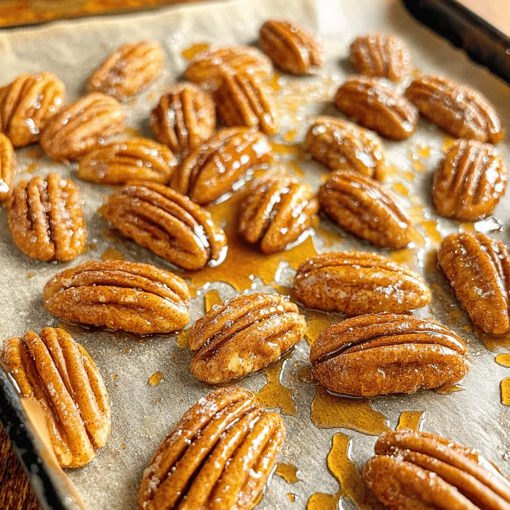 - 2 Tassen Pekannuss-Hälften - 1/4 Tasse reiner Ahornsirup - 1/2 Tasse Zucker - 1 Teelöffel gemahlener Zimt - 1/2 Teelöffel Salz - 1/4 Teelöffel Muskatnuss (optional) - 1 Teelöffel Vanilleextrakt - 1 Esslöffel ungesalzene Butter (geschmolzen) Um die besten Pekannüsse zu rösten, brauche ich frische Zutaten. Die Hauptzutaten sind Pekannüsse, Ahornsirup und Zucker. Diese Nüsse sind knusprig und lecker. Der Ahornsirup bringt süßen Geschmack. Zucker hilft, die Nüsse zu karamellisieren. Für den Geschmack füge ich Zimt, Salz und Vanilleextrakt hinzu. Zimt gibt Wärme und Tiefe. Das Salz balanciert die Süße. Muskatnuss ist optional, aber sie gibt einen besonderen Kick. Die geschmolzene Butter sorgt dafür, dass die Nüsse gut glänzen und knusprig werden. Diese Zutaten verbinden sich zu einem tollen Snack. Für das vollständige Rezept schaue bitte in die Anleitung. Heize deinen Ofen auf 175°C (350°F) vor. Lege ein Backblech mit Backpapier aus. So bleiben die Pekannüsse nicht kleben und du hast weniger zu reinigen. In einer großen Schüssel kombinierst du die geschmolzene Butter, den Ahornsirup und die Gewürze. Rühre alles gut um, bis die Mischung glatt ist. Das gibt den Nüssen einen tollen Geschmack. Füge die Pekannüsse in die Schüssel. Wende sie in der Ahornsirup-Mischung, bis sie gut bedeckt sind. Streue dann den Zucker über die Nüsse und rühre alles gut um. So wird jede Nuss süß und lecker. Verteile die gewürzten Pekannüsse gleichmäßig auf dem Backblech. Röste sie im vorgeheizten Ofen für 15-20 Minuten. Vergiss nicht, sie alle 5 Minuten umzurühren. So werden sie gleichmäßig knusprig. Wenn sie golden sind, nimm sie aus dem Ofen. Lass sie auf dem Blech abkühlen. Sie werden beim Abkühlen schön knusprig. Für das vollständige Rezept, schau dir die Details in dem Abschnitt "Full Recipe" an. Um eine gleichmäßige Röstung zu erreichen, verteile die Pekannüsse in einer einzigen Schicht auf dem Backblech. Das sorgt dafür, dass jede Nuss gleichmäßig Hitze bekommt. Ich empfehle, alle 5 Minuten umzurühren. So verhinderst du, dass einige Nüsse verbrennen. Diese Methode gibt den Nüssen die perfekte goldene Farbe und macht sie schön knusprig. Für einen besonderen Geschmack kannst du die Gewürze anpassen. Probiere, mehr Zimt oder eine Prise Chili hinzuzufügen. Das gibt den Nüssen einen tollen Kick! Frische Zutaten sind ebenfalls wichtig. Kaufe frische Pekannüsse und hochwertigen Ahornsirup. Das verbessert den Geschmack und macht dein Rezept noch leckerer. Ein häufiger Fehler ist die Überhitzung der Nüsse. Achte darauf, die Nüsse nicht länger als 20 Minuten zu rösten. Wenn sie zu dunkel werden, sind sie bitter. Klumpenbildung kann auch ein Problem sein. Wenn die Nüsse zusammenkleben, breche die Klumpen nach dem Rösten vorsichtig auf. So bleiben die Nüsse locker und knusprig. {{image_4}} Wenn du keine Pekannüsse hast, keine Sorge! Du kannst Walnüsse oder Mandeln verwenden. Walnüsse haben einen tollen, nussigen Geschmack und sind sehr knackig. Sie passen gut zu Zimt und Ahorn. Mandeln sind auch eine gute Wahl. Sie sind süß und knusprig. Die Zubereitung bleibt gleich. Achte nur darauf, dass die Röstzeit etwas kürzer sein kann. Probiere verschiedene Nüsse aus und finde deinen Favoriten! Möchtest du deinen Snack aufregender machen? Experimentiere mit zusätzlichen Aromen. Du kannst etwas Bourbon hinzufügen. Das gibt einen tiefen, reichen Geschmack. Karamell ist eine weitere leckere Option. Es macht die Nüsse süß und klebrig. Füge diese Aromen zusammen mit dem Ahornsirup hinzu. Du wirst überrascht sein, wie gut die Kombination schmeckt! Eine weitere tolle Idee ist es, einen Snack-Mix zu machen. Kombiniere die gerösteten Nüsse mit Trockenfrüchten. Rosinen oder Cranberries passen gut dazu. Sie bringen eine fruchtige Süße in den Mix. Schokolade ist auch eine großartige Ergänzung. Mische dunkle Schokoladensplitter oder Schokoladenstückchen unter die Nüsse. So hast du einen köstlichen Snack für jeden Anlass. Für das volle Rezept, schau dir den Full Recipe an! Um deine Ahorn-Zimt-Röst-Tempel aus Pekannüssen frisch zu halten, ist die richtige Lagerung wichtig. Du solltest die Nüsse in einem luftdichten Behälter aufbewahren. So bleibt ihr knuspriger Geschmack erhalten. Ein Glasbehälter oder eine Plastikbox funktioniert gut. Lege die Nüsse bitte nicht in die Nähe von Wärmequellen oder Sonnenlicht. Diese leckeren Nüsse bleiben frisch für etwa zwei Wochen. Achte darauf, die Nüsse regelmäßig zu überprüfen. Wenn sie weich oder schal werden, sind sie nicht mehr gut. Ein Geruch von ranzig oder bitter zeigt auch, dass sie schlecht geworden sind. Wenn du die Nüsse länger aufbewahren möchtest, kannst du sie auch einfrieren. So bleiben sie bis zu drei Monate frisch und lecker. Die Pekannüsse benötigen etwa 15 bis 20 Minuten im Ofen. Ich empfehle, sie alle 5 Minuten umzurühren. So werden sie gleichmäßig knusprig und goldbraun. Achte darauf, dass sie nicht verbrennen. Der Duft von gerösteten Nüssen ist ein guter Hinweis, dass sie fast fertig sind. Ja, du kannst die Nüsse im Voraus zubereiten. Röste sie einfach und lasse sie abkühlen. Danach kannst du sie in einem luftdichten Behälter aufbewahren. So bleiben sie frisch und knusprig. Wenn du sie länger aufbewahren möchtest, lagere sie im Kühlschrank. Du kannst hochwertige Pekannüsse in vielen Geschäften finden. Besuche lokale Märkte oder Bio-Läden. Diese haben oft frische Nüsse. Online gibt es auch viele gute Optionen. Websites wie Amazon oder spezialisierte Nussgeschäfte bieten eine große Auswahl. Achte auf Bewertungen, um die beste Qualität zu finden. Die Ahorn-Zimt-Röst-Tempel aus Pekannüssen sind einfach zuzubereiten. Wir haben die Hauptzutaten, Gewürze und nötigen Schritte für einen perfekten Snack behandelt. Achte beim Rösten auf gleichmäßige Temperatur und vermeide häufige Fehler. Variationen wie die Verwendung anderer Nüsse erweitern die Möglichkeiten. Die richtige Lagerung sorgt dafür, dass die Nüsse frisch bleiben. Probiere diese leckeren Röst-Tempel aus und genieße die Vielfalt!