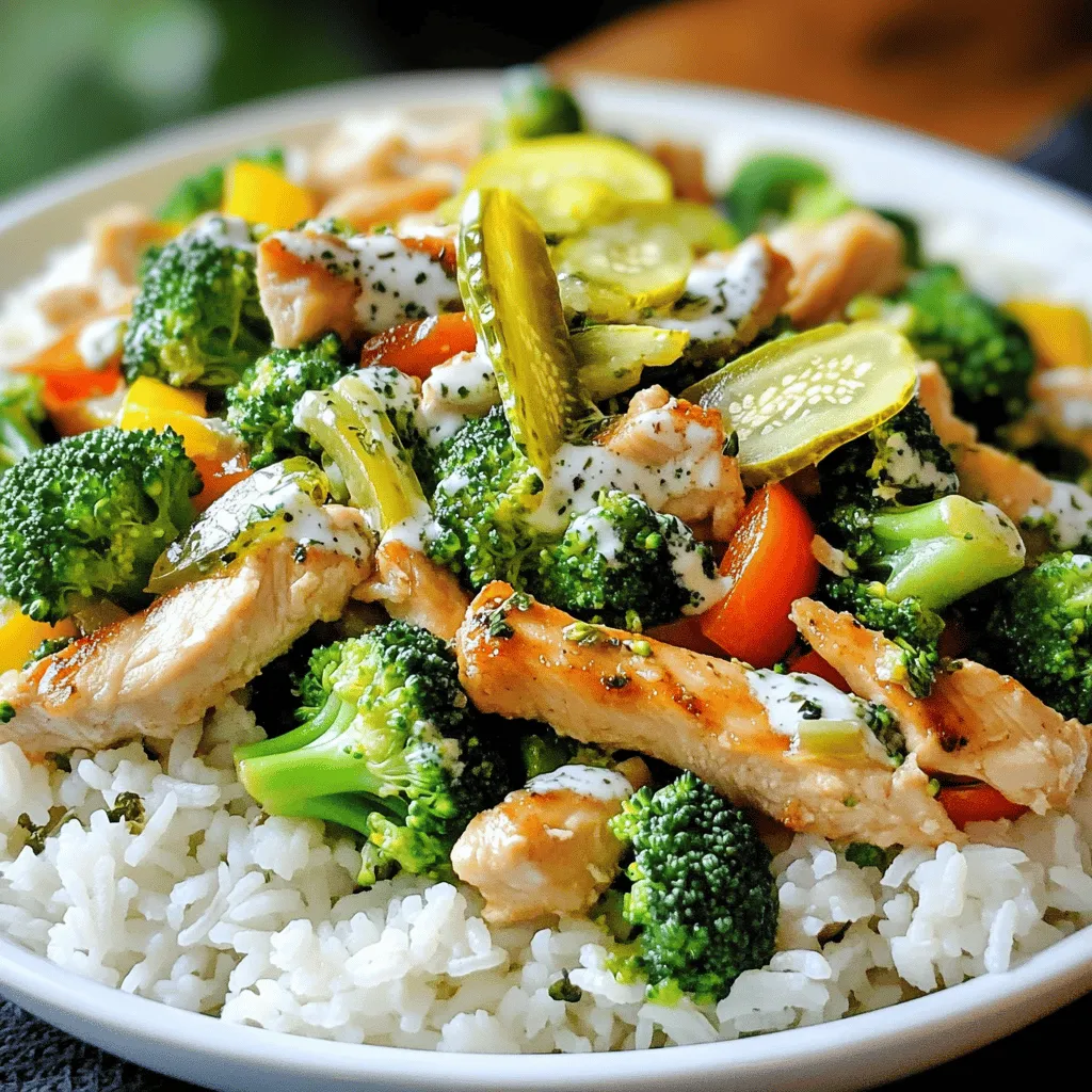 Hier sind die Zutaten für das Rezept Pickle Ranch Chicken und Broccoli Stir Fry. Diese sind einfach zu finden und machen das Gericht lecker. - 2 Hähnchenbrustfilets - 2 Tassen Brokkoliröschen - 1 Tasse Paprika - 1/2 Tasse eingelegte Gurkenscheiben - 1/4 Tasse Ranch-Dressing - 2 Esslöffel Olivenöl - 1 Esslöffel Sojasauce - Gewürze: Knoblauchpulver, Zwiebelpulver, Salz, Pfeffer Du kannst frisches Gemüse verwenden, um mehr Geschmack zu bekommen. Achte darauf, hochwertige Hähnchenbrust zu wählen. Das macht einen großen Unterschied im Geschmack. Für die eingelegten Gurken wähle am besten Dill-Gurken, um den besten Geschmack zu erzielen. Sie geben dem Gericht eine tolle Frische. Das Ranch-Dressing ist ebenfalls wichtig, da es für die cremige Textur sorgt. Du kannst auch hausgemachtes Ranch-Dressing verwenden, wenn du mehr Kontrolle über die Zutaten haben möchtest. Wenn du die Zutaten bereit hast, kannst du mit der Zubereitung beginnen. Es ist einfach und macht Spaß. Du wirst sehen, dass die Mischung aus dem Hähnchen und dem Gemüse eine köstliche Kombination ist. Dieses Rezept wird deine Familie begeistern. Du findest die vollständige Anleitung im [Full Recipe]. Zuerst schneidest du die Hähnchenbrustfilets in dünne Streifen. Das sorgt für gleichmäßiges Garen. In einer großen Schüssel mischst du die Hähnchenstreifen mit Knoblauchpulver, Zwiebelpulver, Salz, Pfeffer und dem Gurkenwasser. Rühre alles gut um. Du willst, dass jedes Stück Hähnchen gut mariniert ist. Lass das Hähnchen dann für 15 Minuten marinieren. So wird es zart und voller Geschmack. Während das Hähnchen mariniert, kannst du das Gemüse vorbereiten. Nimm den Brokkoli und schneide ihn in kleine Röschen. Das sorgt dafür, dass er schnell gart. Schneide auch die Paprika in Streifen. Du kannst jede Farbe wählen, die du magst. Bunte Paprika machen das Gericht schön und appetitlich. Erhitze in einer großen Pfanne oder einem Wok das Olivenöl bei mittelhoher Hitze. Wenn das Öl heiß ist, gib das marinierte Hähnchen in die Pfanne. Brate es für etwa 5-7 Minuten an. Rühre oft um, damit es gleichmäßig gart. Das Hähnchen sollte ganz durchgegart sein und nicht mehr rosa. Jetzt ist es Zeit, das Gemüse hinzuzufügen. Gib die Brokkoliröschen und die Paprika in die Pfanne. Brate alles zusammen für weitere 3-5 Minuten. Das Gemüse sollte leuchtend und bissfest sein. Reduziere die Hitze auf niedrig. Rühre dann die gehackten Gurkenscheiben und das Ranch-Dressing unter. Mische alles gut, bis es gleichmäßig erhitzt ist. Serviere das Gericht über gekochtem Reis oder Nudeln für eine leckere Mahlzeit. Du kannst das komplette Rezept hier finden: [Full Recipe]. Um das beste Ergebnis zu erzielen, achte auf die Marinierzeit des Hähnchens. Eine optimale Marinierzeit beträgt etwa 15 Minuten. Das gibt den Aromen Zeit, in das Hähnchen einzudringen. Du kannst das Hähnchen auch länger marinieren, aber 15 Minuten sind ideal, um die Frische zu bewahren. Die Anbratetemperatur für das Hähnchen ist wichtig. Erhitze das Olivenöl bei mittelhoher Temperatur. Wenn das Öl heiß ist, gib das marinierte Hähnchen in die Pfanne. Das sorgt dafür, dass das Hähnchen außen knusprig und innen saftig bleibt. Achte darauf, das Hähnchen nicht zu lange zu kochen, damit es nicht trocken wird. Du kannst das Gericht mit gekochtem Reis oder Nudeln servieren. Beides passt gut zu den Aromen des Hähnchens und des Brokkolis. Wenn du Reis verwendest, wähle Jasmin- oder Basmati-Reis für einen duftenden Geschmack. Nudeln sind eine schnelle und einfache Wahl. Für eine ansprechende Optik, serviere das Pfannengericht in einer großen Schüssel. Träufle etwas zusätzliches Ranch-Dressing darüber. Garniere das Gericht mit weiteren Gurkenscheiben oder frischen Kräutern. Das macht das Essen noch einladender und schöner. {{image_4}} Du kannst das Rezept einfach anpassen. Verwende verschiedene Gemüsesorten für mehr Vielfalt. Möchtest du etwas Süßes? Füge Karotten oder Erbsen hinzu. Auch Zucchini oder Blumenkohl passen gut. Das Ziel ist, deine Favoriten zu nutzen. Wenn du kein Ranch-Dressing magst, probiere etwas anderes. Ein Joghurt-Dressing bringt Frische. Auch ein Senf-Vinaigrette gibt dem Gericht einen neuen Kick. Sei kreativ und finde deinen persönlichen Geschmack. Gewürze erweitern den Geschmack deiner Gerichte. Probiere Paprika oder Kreuzkümmel für mehr Tiefe. Diese Gewürze bringen einen warmen, reichen Geschmack. Für einen scharfen Kick kannst du Chili-Flocken hinzufügen. Sie bringen eine schöne Schärfe mit sich, die das Gericht aufregend macht. Auch frische Kräuter wie Petersilie oder Schnittlauch geben frische Aromen. Du kannst das Eingelegte Ranch-Hühnchen-Rezept mit diesen Ideen aufpeppen. So wird jede Zubereitung einzigartig und spannend. Um die Reste von deinem Pickle Ranch Chicken und Broccoli Stir Fry gut zu lagern, lege sie einfach in einen luftdichten Behälter. Stelle sicher, dass die Reste im Kühlschrank sind. Du kannst sie bis zu drei Tage aufbewahren. Beim Wiederaufwärmen, erwärme sie in der Mikrowelle oder in einer Pfanne. Achte darauf, dass das Hähnchen und das Gemüse gleichmäßig heiß sind. Für Meal Prepping ist dieses Rezept ideal. Du kannst die Portionen leicht anpassen. Teile die Reste in gleichmäßige Portionen auf. Diese Portionen sind perfekt für das Mittagessen oder Abendessen in der kommenden Woche. Verwende kleine Behälter, um die einzelnen Portionen frisch zu halten. So hast du immer eine schnelle, gesunde Mahlzeit bereit. Die Zubereitung dauert insgesamt 30 Minuten. Die Vorbereitungszeit beträgt etwa 15 Minuten. Du schneidest das Hähnchen und das Gemüse in dieser Zeit. Das Kochen des Gerichts nimmt 15 Minuten in Anspruch. So geht es schnell und einfach! Ja, du kannst das Rezept glutenfrei machen. Statt Sojasauce kannst du Tamari verwenden. Tamari ist eine glutenfreie Sojasaucen-Option. Achte darauf, dass alle anderen Zutaten ebenfalls glutenfrei sind. So bleibt dein Gericht lecker und sicher für alle. Ja, du kannst das Rezept im Voraus zubereiten. Marinier das Hähnchen und schneide das Gemüse. Bewahre sie getrennt im Kühlschrank auf. So sparst du Zeit beim Kochen. Du kannst das Gericht auch komplett kochen und die Reste aufbewahren. Sie bleiben bis zu drei Tage frisch im Kühlschrank. Ja, das Gericht ist kinderfreundlich. Der Geschmack ist mild und lecker. Wenn du es weniger würzig magst, reduziere die Gewürze. Du kannst das Gemüse auch variieren, um es bunter zu machen. Kinder lieben die Kombination aus Hähnchen und Brokkoli! In diesem Artikel haben wir die Zutaten, die Zubereitung und nützliche Tipps für ein köstliches Gericht herausgearbeitet. Du hast gelernt, wie du Hähnchen marinierst, Gemüse vorbereitest und alles perfekt anbrätst. Variationen helfen dir, das Rezept anzupassen, und Aufbewahrungstipps sichern die Frische. Denke daran, dass du mit verschiedenen Gemüsesorten und Gewürzen experimentieren kannst. So bleibt das Gericht spannend und lecker. Probiere es aus und entdecke deine eigenen Favoriten!