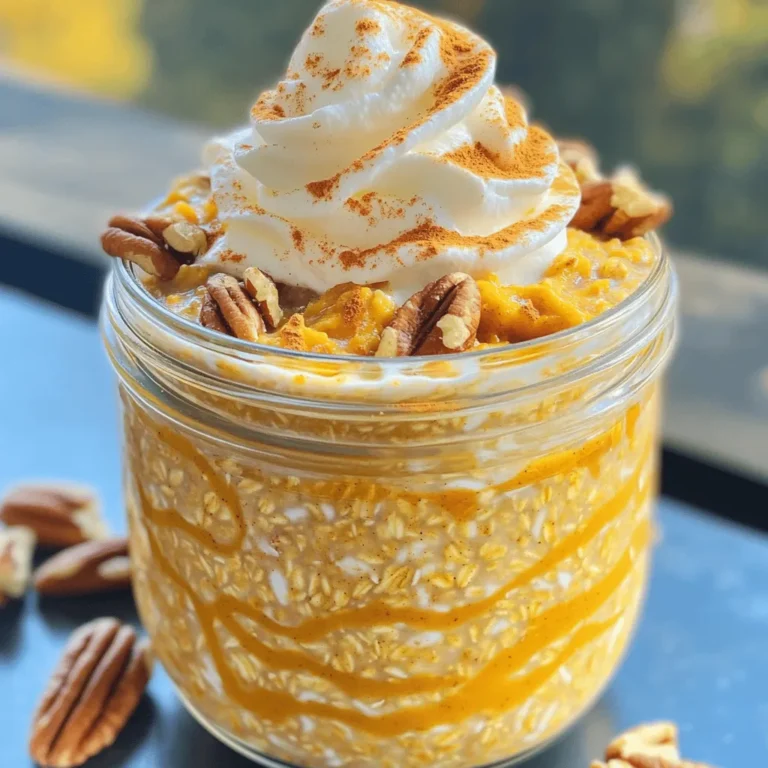 Um die perfekten Pumpkin Spice Latte Overnight Oats zu machen, brauchst du: - 1 Tasse Haferflocken (zarte oder grobe) - 1 Tasse Mandelmilch (oder Milch nach Wahl) - 1/2 Tasse reines Kürbispüree aus der Dose - 1 Esslöffel Ahornsirup (nach Geschmack anpassen) - 1 Teelöffel Kürbiskuchengewürz - 1/2 Teelöffel Vanilleextrakt - 1 Esslöffel Chiasamen (optional, für zusätzliche Textur) - Prise Salz - Toppings: Schlagsahne, eine Prise Kürbiskuchengewürz und gehackte Pekannüsse (optional) Für den besten Geschmack ist hochwertiges Kürbispüree wichtig. Achte darauf, dass es rein und ohne Zusätze ist. Du kannst auch frisches Kürbispüree verwenden, wenn du es selbst machen willst. Das gibt einen tollen, frischen Geschmack. Wenn du eine Milchalternative wählst, probiere Mandeln, Hafer oder Kokos. Diese Varianten verleihen den Haferflocken eine besondere Note. Die Toppings machen das Gericht noch besser. Schlagsahne gibt eine cremige Textur und sieht toll aus. Eine Prise Kürbiskuchengewürz obendrauf bringt zusätzlichen Geschmack. Gehackte Pekannüsse geben einen netten Crunch. Du kannst auch andere Nüsse oder Früchte verwenden, um deine Haferflocken zu variieren. Jeder Biss wird so besonders. Um die perfekte Mischung zu machen, nimm eine große Rührschüssel. Gib die Haferflocken hinein. Füge dann die Mandelmilch hinzu. Das Kürbispüree kommt jetzt dazu. Danach kannst du den Ahornsirup reinmischen. Das Kürbiskuchengewürz und der Vanilleextrakt folgen. Wenn du magst, füge die Chiasamen hinzu. Eine Prise Salz rundet den Geschmack ab. Rühre alles gut um, bis es gut vermischt ist. Jetzt nimm die Mischung und teile sie gleichmäßig auf. Verwende kleine Gläser oder Schalen mit Deckeln. Fülle diese mit der Haferflockenmischung. Achte darauf, dass du genug Platz für das Quellen der Haferflocken lässt. Verschließe die Gläser gut oder decke die Schalen ab. Stelle sie dann für mindestens vier Stunden oder über Nacht in den Kühlschrank. Um das beste Ergebnis zu erzielen, rühre die Haferflocken vor dem Servieren noch einmal gut durch. Wenn sie dir zu dick sind, füge einen Schuss mehr Mandelmilch hinzu. Für extra Genuss kannst du die Haferflocken mit Schlagsahne toppen. Eine Prise Kürbiskuchengewürz und ein paar gehackte Pekannüsse machen das Ganze noch besser. Achte darauf, alles frisch zu halten, damit der Geschmack bleibt. Ein häufiger Fehler ist, die Flüssigkeit nicht richtig zu messen. Zu viel Flüssigkeit macht die Haferflocken matschig. Zu wenig macht sie trocken. Verwende immer das richtige Verhältnis von Haferflocken zu Flüssigkeit. Ein weiterer Fehler ist, das Kürbispüree nicht gut zu mischen. Wenn es nicht gut eingearbeitet ist, hast du Klumpen. Rühre die Mischung gründlich, bis alles gleichmäßig vermischt ist. Für eine vegane Option kannst du die Milch durch Pflanzenmilch ersetzen. Mandelmilch, Hafermilch oder Sojamilch sind tolle Alternativen. Auch der Ahornsirup kann durch Agavendicksaft ersetzt werden. So bleibt alles pflanzlich und lecker. Wenn du keine Chiasamen magst, lass sie einfach weg. Sie sind nur für die Textur. Du kannst auch Leinsamen verwenden, wenn du möchtest. Die Süße kannst du leicht anpassen. Füge mehr oder weniger Ahornsirup hinzu. Wenn du es weniger süß magst, beginne mit einem Esslöffel und taste dich vor. Für die Gewürze kannst du kreativ sein. Füge mehr Kürbiskuchengewürz hinzu, wenn du es würziger magst. Oder probiere einen Hauch Zimt für einen anderen Geschmack. Experimentiere, um deine perfekte Mischung zu finden. Für das vollständige Rezept sieh dir den [Full Recipe] an. {{image_4}} Wenn Sie kein Kürbispüree haben, gibt es tolle Alternativen. Süßkartoffel ist eine großartige Wahl. Sie hat eine ähnliche Konsistenz und einen süßen Geschmack. Einfach die gekochte Süßkartoffel pürieren und verwenden. Banane ist eine weitere gute Option. Sie bringt natürliche Süße und eine cremige Textur. Zerdrücken Sie einfach eine reife Banane und fügen Sie diese hinzu. Beide Optionen sorgen für ein köstliches Frühstück. Die Wahl der Milch macht einen großen Unterschied. Mandelmilch ist beliebt, aber Sie können auch Kokosmilch verwenden. Kokosmilch gibt einen tropischen Geschmack und ist schön cremig. Sojamilch ist eine weitere gute Option. Sie hat einen hohen Eiweißgehalt und ist oft günstiger. Experimentieren Sie mit verschiedenen Milchsorten, um Ihren perfekten Geschmack zu finden. Sie können den Geschmack Ihrer Overnight Oats leicht ändern. Für den Frühling könnten Sie Erdbeeren oder Zitronen verwenden. Im Sommer passen frische Beeren gut dazu. Im Herbst bleibt das Kürbisgewürz natürlich beliebt, aber fügen Sie auch Äpfel oder Zimt hinzu. Im Winter sind Aromen wie Schokolade oder Nüsse eine tolle Wahl. Seien Sie kreativ und kombinieren Sie verschiedene Geschmäcker für ein neues Erlebnis. Die Haferflocken bleiben im Kühlschrank bis zu fünf Tage frisch. Wenn Sie sie im Gefrierschrank lagern, können sie bis zu drei Monate halten. Achten Sie darauf, die Haferflocken gut abzudecken. So bleibt die Frische länger erhalten. Im Kühlschrank sind die Haferflocken am besten für kurze Zeit geeignet. Sie sind schnell verfügbar und einfach zu genießen. Der Gefrierschrank eignet sich gut für eine längere Lagerung. Achten Sie darauf, die Portionen gut zu verpacken. So vermeiden Sie Frostschäden und behalten den guten Geschmack. Um die Haferflocken aufzuwärmen, geben Sie sie in eine Schüssel. Fügen Sie einen Schuss Mandelmilch hinzu und erwärmen Sie sie in der Mikrowelle. Rühren Sie die Mischung gut um, bis sie warm ist. Garnieren Sie die Haferflocken nach Wunsch mit Schlagsahne oder gehackten Pekannüssen. So wird das Frühstück noch leckerer. Um Pumpkin Spice Latte Overnight Oats zu machen, benötigst du einige einfache Zutaten. Mische Haferflocken, Mandelmilch, Kürbispüree, Ahornsirup, Kürbiskuchengewürz, Vanilleextrakt, Chiasamen und eine Prise Salz. Rühre alles gut durch. Fülle die Mischung in Gläser oder Schalen und stelle sie über Nacht in den Kühlschrank. Am Morgen rührst du sie gut um und kannst sie nach Wunsch garnieren. Du kannst das komplette Rezept im Abschnitt [Full Recipe] finden. Ja, du kannst die Haferflocken vorher zubereiten! Es ist sogar besser, sie über Nacht im Kühlschrank stehen zu lassen. So nehmen die Haferflocken Flüssigkeit auf und werden weich. Du kannst sie auch am Sonntag für die ganze Woche vorbereiten. Denke daran, sie in einem verschlossenen Behälter zu lagern. Ja, Overnight Oats sind sehr gesund. Sie enthalten Ballaststoffe, die gut für die Verdauung sind. Außerdem liefern sie dir langanhaltende Energie. Du kannst sie mit verschiedenen Toppings wie Obst oder Nüssen anpassen. So bekommst du viele Vitamine und Mineralien. Sie sind einfach zu machen und perfekt für ein schnelles Frühstück. - Weitere häufige Fragen zu Overnight Oats: - Wie lange halten Overnight Oats im Kühlschrank? - Kann ich sie einfrieren? - Welche anderen Geschmäcker kann ich ausprobieren? - Sind sie gut für Kinder? - Wie süße ich sie am besten? In diesem Artikel haben wir die wichtigen Zutaten für Overnight Oats besprochen. Wir haben uns mit der Zubereitung und Lagerung auseinandergesetzt. Tipps und Tricks helfen dir, häufige Fehler zu vermeiden. Du hast auch verschiedene Variationen kennengelernt, um deine Oats zu verbessern. Beachte die Lagerinformationen für die Haltbarkeit. Mit diesen Informationen kannst du leckere und gesunde Overnight Oats genießen. Probiere verschiedene Kombinationen aus und finde deine Favoriten. Viel Spaß beim Zubereiten und Experimentieren!