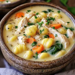 Für die Basis dieser leckeren Suppe benötigen wir einige Hauptzutaten. Diese sind: - 1 Esslöffel Olivenöl - 1 mittelgroße Zwiebel, gewürfelt - 2 Knoblauchzehen, gehackt - 2 mittelgroße Karotten, in Scheiben geschnitten - 2 Selleriestangen, gewürfelt - 450 g Hähnchenbrust, ohne Haut und Knochen, gewürfelt - 960 ml Hühnerbrühe - 1 Teelöffel getrockneter Thymian - 1 Teelöffel getrockneter Rosmarin - Salz und Pfeffer nach Geschmack - 240 ml Sahne - 450 g Kartoffelgnocchi - 200 g Babyspinat - 1/4 Tasse frische Petersilie, gehackt (zum Garnieren) Diese Zutaten schaffen den perfekten Mix aus Geschmack und Textur. Sie sind frisch, gesund und leicht zu finden. Um die Suppe noch besser zu machen, kann man zusätzliches Gemüse hinzufügen. Hier sind einige Optionen, die gut passen: - Erbsen - Grüne Bohnen - Paprika - Zucchini Diese Gemüsesorten bringen neue Aromen und Farben in die Suppe. Sie machen das Gericht noch ansprechender und gesünder. Die richtigen Gewürze und Kräuter sind wichtig. Sie verleihen der Suppe den besonderen Kick. Hier sind einige, die ich empfehle: - Frischer Thymian - Frischer Rosmarin - Lorbeerblatt - Muskatnuss Mit diesen Kräutern und Gewürzen wird die cremige Hühner-Gnocchi-Suppe besonders lecker. Sie verstärken den Geschmack und machen das Gericht zu einem echten Genuss. Wenn du mehr über das Rezept erfahren möchtest, schau dir das [Full Recipe] an. Zuerst sammeln wir alle Zutaten. Hier ist, was du brauchst: - 1 Esslöffel Olivenöl - 1 mittelgroße Zwiebel, gewürfelt - 2 Knoblauchzehen, gehackt - 2 mittelgroße Karotten, in Scheiben geschnitten - 2 Selleriestangen, gewürfelt - 450 g Hähnchenbrust, ohne Haut und Knochen, gewürfelt - 960 ml Hühnerbrühe - 1 Teelöffel getrockneter Thymian - 1 Teelöffel getrockneter Rosmarin - Salz und Pfeffer nach Geschmack - 240 ml Sahne - 450 g Kartoffelgnocchi - 200 g Babyspinat - 1/4 Tasse frische Petersilie, gehackt (zum Garnieren) Sorge dafür, dass alles bereit ist. Das macht den Kochprozess einfacher. Erhitze das Olivenöl in einem großen Topf bei mittlerer Hitze. Füge die gewürfelte Zwiebel hinzu und brate sie fünf Minuten lang. Sie sollte glasig werden. Jetzt kommt der gehackte Knoblauch dazu, gefolgt von den Karotten und dem Sellerie. Brate das Gemüse drei bis vier Minuten. Es sollte leicht weich sein. Jetzt ist es Zeit für das Hähnchen. Gib die gewürfelte Hähnchenbrust in den Topf und würze mit Salz, Pfeffer, Thymian und Rosmarin. Koche das Hähnchen, bis es nicht mehr rosa ist. Dies dauert etwa fünf bis sieben Minuten. Gieße die Hühnerbrühe in den Topf und bringe alles zum Kochen. Sobald die Suppe kocht, reduziere die Hitze und lasse sie zehn Minuten köcheln. Füge nun die Sahne und die Gnocchi zur Suppe hinzu. Koche alles für drei bis vier Minuten. Die Gnocchi sollten zart und durchgegart sein. Jetzt kommt der Babyspinat in die Mischung. Rühre um, bis der Spinat verwelkt ist. Dies dauert ein bis zwei Minuten. Schmecke die Suppe ab und füge nach Bedarf mehr Salz und Pfeffer hinzu. Serviere die Suppe heiß. Garniere sie mit frischer Petersilie. Für das vollständige Rezept kannst du [Full Recipe] ansehen. Wähle frische Kartoffelgnocchi für die beste Textur. Diese sind zart und leicht. Du kannst auch gefrorene Gnocchi verwenden, aber sie können anders kochen. Achte darauf, die Gnocchi nicht zu lange zu kochen. Sie sollten weich, aber nicht matschig sein. Um die Suppe cremiger zu machen, füge mehr Sahne hinzu. Du kannst auch etwas Frischkäse verwenden. Ein Schuss Zitronensaft bringt Frische. Das macht die Suppe lebendiger und reicher im Geschmack. Denke daran, die Hitze niedrig zu halten, damit die Sahne nicht gerinnt. Ein häufiger Fehler ist, die Gnocchi zu lange zu kochen. Sie sollten nur 3-4 Minuten in der Brühe bleiben. Auch das Überwürzen kann die Aromen ruinieren. Fange immer mit wenig Salz und Pfeffer an und schmecke die Suppe ab. Eine gute Brühe ist der Schlüssel; wähle eine hochwertige Hühnerbrühe für den besten Geschmack. Du kannst die [Full Recipe] für weitere Tipps und Tricks ansehen. {{image_4}} Wenn du Hühner-Gnocchi-Suppe machen möchtest, gibt es viele Proteinalternativen. Du kannst Pute verwenden. Sie hat einen ähnlichen Geschmack wie Huhn, aber ist oft magerer. Du kannst auch Tofu oder Kichererbsen für eine vegetarische Option nehmen. Diese sind eine große Quelle für Protein und passen gut zur cremigen Suppe. Die Gemüsesorten in der Suppe sind nicht festgelegt. Du kannst zum Beispiel Brokkoli oder Zucchini hinzufügen. Diese Gemüsesorten bringen schöne Farben und Texturen in die Suppe. Du kannst auch Erbsen oder Paprika verwenden. Sie geben der Suppe mehr Süße und Frische. Experimentiere mit dem Gemüse, das du magst oder gerade zur Hand hast. Für den perfekten Geschmack kannst du die Gewürze und Kräuter anpassen. Statt Thymian kannst du Oregano oder Basilikum verwenden. Diese Kräuter bringen neue Aromen in die Suppe. Füge auch etwas Cayennepfeffer hinzu, wenn du es schärfer magst. Diese kleinen Änderungen machen deine Suppe einzigartig. Wenn du mehr über das Rezept erfahren möchtest, schau dir die [Full Recipe] an. Um die Cremige Hühner-Gnocchi-Suppe frisch zu halten, lassen Sie sie zuerst abkühlen. Füllen Sie die Suppe dann in einen luftdichten Behälter. Sie können auch gefriergeeignete Beutel verwenden. Achten Sie darauf, etwas Platz zu lassen, da die Suppe beim Gefrieren ausdehnt. Bewahren Sie die Suppe im Kühlschrank oder Gefrierschrank auf. Um die Suppe aufzuwärmen, geben Sie sie in einen Topf. Stellen Sie die Hitze auf mittel-niedrig und rühren Sie gelegentlich um. So verhindern Sie, dass die Gnocchi zerfallen. Wenn die Suppe zu dick wird, fügen Sie etwas Hühnerbrühe oder Wasser hinzu. Erhitzen Sie die Suppe, bis sie warm ist, aber kochen Sie sie nicht zu lange. Im Kühlschrank hält sich die Suppe etwa 3 bis 4 Tage. Achten Sie darauf, sie gut abzudecken. Im Gefrierschrank kann die Suppe bis zu 3 Monate aufbewahrt werden. Wenn Sie die Suppe aufwärmen, beachten Sie, dass die Gnocchi ihre Textur verändern können. Für die beste Erfahrung empfehle ich, die Suppe frisch zu genießen. Die vollständige Rezeptanleitung finden Sie in der [Full Recipe]. Die Zubereitung der Hühner-Gnocchi-Suppe dauert insgesamt etwa 30 Minuten. Die Vorbereitungszeit beträgt etwa 10 Minuten. Das Kochen selbst nimmt dann nur 20 Minuten in Anspruch. Diese schnelle Zeit macht die Suppe ideal für ein schnelles Abendessen. Ja, Sie können die Suppe im Voraus zubereiten. Bereiten Sie die Suppe bis zur Zugabe der Gnocchi und des Spinats vor. Lassen Sie die Suppe dann abkühlen und stellen Sie sie in den Kühlschrank. Wenn Sie bereit sind, sie zu essen, erhitzen Sie die Suppe und fügen Sie die Gnocchi und den Spinat hinzu. So bleibt die Suppe frisch und lecker. Ja, gefrorene Gnocchi sind eine großartige Option. Sie sparen Zeit und sind einfach zu verwenden. Fügen Sie die gefrorenen Gnocchi einfach direkt zur Suppe hinzu, ohne sie vorher aufzutauen. Kochen Sie die Suppe dann wie gewohnt, und die Gnocchi werden perfekt weich. Zu dieser Suppe passt am besten frisches Baguette oder knuspriges Ciabatta. Das Brot hilft, die cremige Brühe aufzunehmen. Ein einfaches Knoblauchbrot ist auch eine leckere Wahl. Es ergänzt die Aromen der Suppe perfekt und macht Ihr Essen noch herzlicher. Für das vollständige Rezept schauen Sie sich die [Full Recipe] an. Die cremige Hühner-Gnocchi-Suppe ist einfach zuzubereiten und sehr lecker. Wir haben die Hauptzutaten, die Zubereitungsschritte und wertvolle Tipps behandelt. Variationen und Lagerhinweise helfen dir, das Gericht nach deinem Geschmack anzupassen. Achte darauf, die besten Gnocchi auszuwählen und häufige Fehler zu vermeiden. Mit diesen Informationen kannst du diese Suppe immer wieder genießen, egal wie oft du sie kochst. Viel Spaß beim Ausprobieren und guten Appetit!