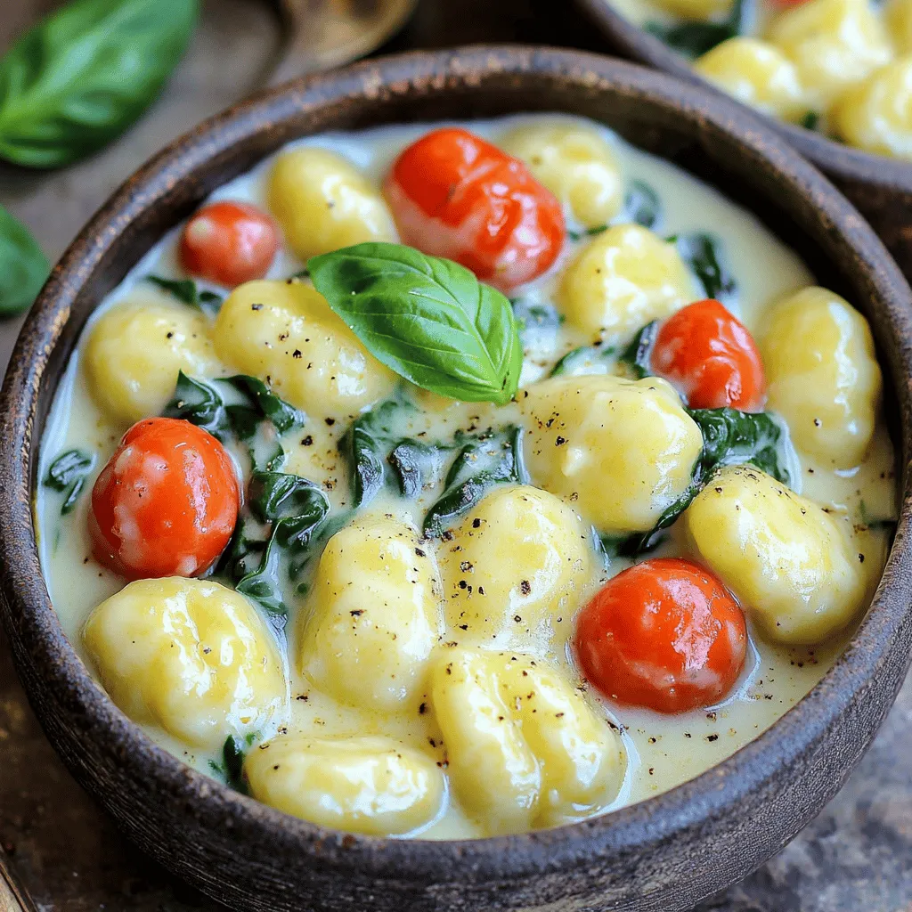 - Gnocchi: 1 Paket (450 g) - Gemüse: 3 Knoblauchzehen, 1 Tasse Kirschtomaten, 2 Tassen frischer Spinat - Cremige Basis: ½ Tasse Schlagsahne, ¼ Tasse geriebener Parmesan Die Hauptzutaten sind einfach und frisch. Gnocchi sind die Basis und bieten eine tolle Textur. Du kannst frisches Gemüse verwenden, um viel Geschmack hinzuzufügen. Kirschtomaten bringen Süße, während Spinat für Farbe sorgt. Schlagsahne und Parmesan geben der Soße die gewünschte Cremigkeit. - 2 Esslöffel Olivenöl - 1 Teelöffel italienische Gewürzmischung - Salz und Pfeffer nach Geschmack Olivenöl sorgt für einen reichen Geschmack. Die italienische Gewürzmischung bringt eine aromatische Note. Salz und Pfeffer sind wichtig, um die Aromen zu heben. Diese Zutaten machen das Gericht lebendig und lecker. - Frisches Basilikum zur Dekoration Basilikum ist mehr als nur ein schöner Anblick. Es fügt einen frischen Geschmack hinzu und macht das Gericht ansprechend. Die grüne Farbe bringt Leben auf den Teller. Für das komplette Rezept und alle Details, schau dir die [Full Recipe] an. Setze einen großen Topf mit gesalzenem Wasser auf. Bring das Wasser zum Kochen. Gib die Gnocchi hinzu. Koche sie, bis sie an die Oberfläche schwimmen. Das dauert etwa 2-3 Minuten. Gieße sie dann ab und stelle sie beiseite. Erhitze in einer großen Pfanne 2 Esslöffel Olivenöl bei mittlerer Hitze. Füge 3 fein gehackte Knoblauchzehen hinzu. Brate den Knoblauch, bis er duftet und goldbraun ist. Das dauert etwa 1 Minute. Gib 1 Tasse halbierte Kirschtomaten und 1 Teelöffel italienische Gewürzmischung in die Pfanne. Koche alles für 3-4 Minuten. Die Tomaten sollten weich werden. Dann füge 2 Tassen frischen Spinat hinzu. Rühre alles gut um, bis der Spinat verwelkt ist. Gieße ½ Tasse Schlagsahne in die Pfanne. Lass die Mischung bei niedriger Hitze sanft köcheln. Rühre ¼ Tasse geriebenen Parmesan ein. Mische, bis die Sauce glatt ist. Schmecke sie mit Salz und Pfeffer ab. Füge die gekochten Gnocchi zur Sauce hinzu. Mische alles vorsichtig. Lasse die Mischung für 2 Minuten köcheln. So werden die Gnocchi gut durchwärmt. Richte die Gnocchi in Schalen an. Garniere sie mit frischen Basilikumblättern. So verleihst du dem Gericht einen schönen Farb- und Geschmacksakzent. Für das vollständige Rezept siehe [Full Recipe]. - Koche die Gnocchi nicht zu lange. Sie sind fertig, wenn sie an die Oberfläche schwimmen. - Die Stärke in den Gnocchi hilft, eine bessere Konsistenz zu erreichen. So bleibt die Sauce gut haften. - Du kannst weitere Gemüsesorten wie Zucchini oder Paprika hinzufügen. Das bringt Farbe und Geschmack. - Experimentiere mit verschiedenen Käsesorten. Feta oder Mozzarella können neue Geschmackserlebnisse bieten. - Garniere die Schalen mit frischem Basilikum. So sieht das Gericht frisch und einladend aus. - Achte darauf, die Gnocchi gleichmäßig in der Schale zu verteilen. Das sieht schön aus und sorgt für eine gute Portionierung. Für das vollständige Rezept schaue dir bitte [Full Recipe] an. {{image_4}} Um cremige toskanische Gnocchi vegan zu machen, ersetzen Sie die Schlagsahne und den Parmesan. Nutzen Sie statt Schlagsahne Kokosmilch oder Cashew-Sahne. Diese Alternativen bieten eine ähnliche Cremigkeit. Für den Parmesan können Sie Hefeflocken verwenden. Diese geben einen nussigen Geschmack und einen Käse-Ersatz. Wenn Sie glutenfrei essen möchten, verwenden Sie glutenfreie Gnocchi. Diese sind in vielen Läden erhältlich. Achten Sie darauf, dass alle anderen Zutaten ebenfalls glutenfrei sind. Zum Beispiel, wählen Sie glutenfreies Olivenöl und Gewürze, um sicherzugehen, dass Ihr Gericht keine Gluten enthält. Möchten Sie mehr Protein hinzufügen? Fügen Sie Hähnchen oder Garnelen hinzu. Kochen Sie das Hähnchen vorher in der Pfanne, bis es durch ist. Für Garnelen braten Sie sie kurz in der Pfanne, bis sie rosa sind. Kombinieren Sie diese dann mit der Sauce. Dies verändert die Zubereitung, aber bringt einen tollen Geschmack in die Gnocchi. Um Reste von cremigen toskanischen Gnocchi richtig zu lagern, stelle sicher, dass sie abgekühlt sind. Verwende einen luftdichten Behälter. Dadurch bleibt die Frische erhalten. Du kannst die Reste bis zu drei Tage im Kühlschrank aufbewahren. Achte darauf, die Gnocchi nicht in der Sauce zu lagern. Das kann die Textur beeinträchtigen. Möchtest du die Gnocchi einfrieren? Das ist einfach! Du kannst die Gnocchi mit der Sauce in einem gefrierfesten Behälter lagern. Stelle sicher, dass die Mischung gut abgekühlt ist. Sie hält sich bis zu drei Monate im Gefrierschrank. Wenn du bereit bist, sie zu essen, lasse sie im Kühlschrank über Nacht auftauen. Dann erwärme sie sanft. Um die Gnocchi wieder aufzuwärmen, kannst du den Ofen oder die Mikrowelle nutzen. Im Ofen erhitzt du sie bei 180 Grad für etwa 15 Minuten. In der Mikrowelle ist es schneller. Erhitze sie in kurzen Intervallen von 1-2 Minuten. Rühre die Gnocchi zwischendurch um, um eine gleichmäßige Wärme zu gewährleisten. So bleiben sie schön cremig und lecker! Die Zubereitung dauert insgesamt 20 Minuten. Die Vorbereitungszeit beträgt etwa 10 Minuten. Dann kochst du die Gnocchi für 2-3 Minuten. Das Gemüse und die Sauce brauchen weitere 10 Minuten. Ja, du kannst Gnocchi im Voraus zubereiten. Koche die Gnocchi und bereite die Sauce vor. Lagere sie getrennt im Kühlschrank. Wenn du bereit bist, erwärmst du die Gnocchi in der Sauce. Gnocchi stammen aus Italien. Sie haben eine lange Geschichte und sind ein Grundnahrungsmittel der italienischen Küche. Ursprünglich nutzten die Leute Kartoffeln und Mehl, um diese kleinen Teigklöße zu machen. Um die Sauce dicker zu machen, kannst du mehr Parmesan hinzufügen. Eine weitere Möglichkeit ist, die Sauce länger köcheln zu lassen. Wenn du möchtest, kannst du auch etwas Mehl einrühren. Gnocchi passen gut zu vielen Beilagen. Ein frischer Salat ist eine gute Wahl. Auch gebratenes Gemüse oder Knoblauchbrot sind tolle Begleiter. Probiere, was dir am besten schmeckt! Das Rezept für cremige toskanische Gnocchi ist einfach und lecker. Wir haben die Hauptzutaten, Gewürze und Schritt-für-Schritt-Anleitungen besprochen. Außerdem gibt es Tipps für perfekte Gnocchi sowie Varianten für verschiedene Ernährungsbedürfnisse. Experimentiere mit verschiedenen Zutaten und genieße deine Speisen! Mit den richtigen Lagerungshinweisen bleibt alles frisch. Probiere diese unkomplizierten Gnocchi und finde deine Favoriten. Gutes Essen macht das Leben schöner!