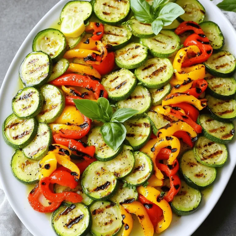 - 2 mittelgroße Zucchini, in Scheiben geschnitten - 1 rote Paprika, in Streifen geschnitten - 1 gelbe Paprika, in Streifen geschnitten - 1 Esslöffel Olivenöl - 1 Teelöffel Knoblauchpulver - 1 Teelöffel geräuchertes Paprikapulver - 1 Teelöffel getrockneter Oregano - Salz und Pfeffer nach Geschmack - Saft einer frischen Zitrone - Frische Basilikumblätter zur Garnierung Um die grillierten Zucchini und Paprika perfekt zuzubereiten, brauchst du frische Zutaten. Wähle Zucchini, die fest und glänzend sind. Die Paprika sollten ebenfalls knackig und farbenfroh sein. Das Olivenöl ist wichtig für den Geschmack. Es hilft auch, dass das Gemüse nicht am Grill kleben bleibt. Die Gewürze bringen das Gemüse zum Leben. Knoblauchpulver gibt einen starken Geschmack. Geräuchertes Paprikapulver fügt eine spezielle Note hinzu. Oregano ergänzt das Aroma. Denke daran, das Gemüse vor dem Grillen zu marinieren. So ziehen die Aromen ein und machen dein Gericht noch besser. Du kannst die Marinade nach deinem Geschmack anpassen, aber die Grundzutaten bleiben gleich. Für das vollständige Rezept kannst du die [Full Recipe] ansehen. Heizen Sie Ihren Grill auf mittelhohe Hitze vor. Wenn Sie eine Grillpfanne verwenden, erhitzen Sie diese auf dem Herd. Dies sorgt dafür, dass das Gemüse gleichmäßig gart und schöne Grillmarkierungen erhält. Nehmen Sie eine große Schüssel und vermengen Sie die Zucchini und Paprika. Fügen Sie das Olivenöl sowie die Gewürze hinzu. Dazu gehören Knoblauchpulver, geräuchertes Paprikapulver, Oregano, Salz und Pfeffer. Mischen Sie alles gut durch. Lassen Sie das Gemüse etwa 10 bis 15 Minuten marinieren. Dies intensiviert den Geschmack. Legen Sie das marinierte Gemüse auf den Grill oder in die Grillpfanne. Grillen Sie die Zucchini und Paprika für 3 bis 4 Minuten auf jeder Seite. Achten Sie darauf, dass das Gemüse zart wird und schöne Grillstreifen hat. Nach dem Grillen nehmen Sie das Gemüse vom Grill. Lassen Sie es abgedeckt ruhen, damit die Aromen sich setzen. Für die vollständige Zubereitung, schauen Sie sich das Full Recipe an. - Wie man den perfekten Grillzeitpunkt erkennt: Der perfekte Grillzeitpunkt ist wichtig. Wenn das Gemüse auf den Grill kommt, sollte der Grill heiß sein. Ein guter Test ist, die Hand über den Grill zu halten. Wenn Sie die Hitze nach 2 Sekunden spüren, ist es bereit. - Verwendung einer Grillmatte für einfaches Wenden: Eine Grillmatte macht das Grillen einfacher. Sie hält das Gemüse zusammen und verhindert, dass es durch den Grillrost fällt. Zudem können Sie das Gemüse leicht wenden, ohne es zu zerdrücken. - Tipps zum Marinieren und Würzen: Marinieren Sie Ihr Gemüse vor dem Grillen. Die Mischung aus Olivenöl, Knoblauchpulver und geräuchertem Paprikapulver bringt den Geschmack hervor. Lassen Sie das Gemüse mindestens 10 Minuten marinieren. So zieht das Aroma ein. - Beilagen und Dips, die gut dazu passen: Servieren Sie gegrillte Zucchini und Paprika mit einem frischen Joghurt-Dip. Ein Hummus passt auch sehr gut dazu. Frisches Brot ist eine tolle Beilage. Es ergänzt das Gemüse perfekt. Mit diesen Tipps gelingt Ihr Grillabend. Probieren Sie das Full Recipe für ein schmackhaftes Erlebnis. {{image_4}} Um die Aromen zu verbessern, können Sie italienische Kräuter hinzufügen. Diese Kräuter bringen einen frischen Geschmack. Sie passen gut zu Zucchini und Paprika. Ein wenig Oregano oder Thymian macht einen großen Unterschied. Für eine scharfe Kick-Option können Sie Chili-Flocken oder Cayennepfeffer verwenden. Diese Gewürze geben Ihrem Gemüse mehr Leben. Achten Sie darauf, die Menge nach Ihrem Geschmack anzupassen. So bleibt das Gericht lecker und nicht zu scharf. Es gibt viele Gemüsevariationen, die Sie ausprobieren können. Zum Beispiel können Sie Auberginen oder Pilze verwenden. Diese Gemüse sind ebenfalls köstlich, wenn sie gegrillt werden. Sie bringen eine neue Textur und einen anderen Geschmack in Ihr Gericht. Ein weiteres tolles Gemüse ist gegrillter Mais. Er gibt eine süße Note dazu. Spargel ist auch eine gute Wahl. Kombinieren Sie diese Gemüse mit Zucchini und Paprika für eine bunte Mischung. Das macht Ihre Mahlzeit nicht nur lecker, sondern auch sehr ansprechend. Für das komplette Rezept, schauen Sie sich das [Full Recipe] an. Um gegrilltes Gemüse richtig zu lagern, lassen Sie es zuerst abkühlen. Legen Sie das Gemüse in einen luftdichten Behälter. So bleibt es frisch. Gegrillte Zucchini und Paprika halten sich im Kühlschrank etwa drei bis fünf Tage. Wenn Sie die Reste aufwärmen, nutzen Sie einen Ofen oder eine Pfanne. So bleibt das Gemüse zart. Erhitzen Sie es bei mittlerer Hitze, bis es warm ist. Vermeiden Sie die Mikrowelle, da dies die Textur beeinträchtigen kann. Für die Langzeitlagerung können Sie das gegrillte Gemüse einfrieren. Lassen Sie das Gemüse zuerst vollständig abkühlen. Dann legen Sie es in einen Gefrierbeutel. Drücken Sie die Luft heraus und verschließen Sie den Beutel. So bleibt es bis zu sechs Monate frisch. Um gefrorenes Gemüse zu nutzen, tauen Sie es im Kühlschrank auf. Sie können es dann in Suppen, Eintöpfen oder sogar Aufläufen verwenden. Das gefrorene Gemüse ist eine schnelle und einfache Lösung für zukünftige Rezepte. Für mehr Details schauen Sie sich das Full Recipe an. Wie lange hält sich gegrilltes Gemüse im Kühlschrank? Gegrilltes Gemüse bleibt etwa 3 bis 5 Tage frisch. Bewahre es in einem luftdichten Behälter auf. So bleibt der Geschmack erhalten. Vor dem Essen kannst du es kurz in der Mikrowelle aufwärmen oder kalt genießen. Kann ich das Gemüse auch im Ofen oder auf dem Herd zubereiten? Ja, du kannst Zucchini und Paprika auch im Ofen oder auf dem Herd grillen. Für den Ofen heize ihn auf 200 Grad vor. Lege das Gemüse auf ein Backblech und grille es für 20 Minuten. Auf dem Herd kannst du eine Grillpfanne verwenden, wie im Rezept beschrieben. Sind gegrillte Zucchini und Paprika gesund? Ja, gegrillte Zucchini und Paprika sind sehr gesund. Sie enthalten viele Vitamine und sind kalorienarm. Diese Gemüse sind reich an Antioxidantien und fördern eine gute Verdauung. Welche Nährstoffe sind in Zucchini und Paprika enthalten? Zucchini enthält Vitamin C, Vitamin A und Ballaststoffe. Paprika ist besonders reich an Vitamin C und enthält Vitamin B6. Beide Gemüse liefern essentielle Nährstoffe, die dein Immunsystem stärken. Gegrilltes Gemüse ist einfach zuzubereiten und lecker. Wir haben die besten Zutaten vorgestellt: Zucchini, Paprika und Gewürze. Du hast gelernt, wie man sie richtig mariniert, grillt und aufbewahrt. Mit unseren Tipps kannst du die Grilltechnik und den Geschmack verbessern. Variationen geben deinem Gericht neuen Schwung. Denke daran, Reste richtig zu lagern oder einzufrieren. So bleibt dein Gemüse frisch und schmackhaft. Experimentiere mit verschiedenen Gewürzen und Gemüsesorten, um deinen persönlichen Favoriten zu finden.