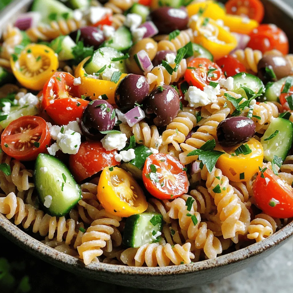 - 225 g Vollkorn-Fusilli-Nudeln - 240 ml Kirschtomaten, halbiert - 1 Gurke, gewürfelt - 1 Paprika (Farbe nach Wahl), gewürfelt - 1/2 rote Zwiebel, fein gehackt - 240 ml Kalamata-Oliven, entsteint und halbiert - 240 g Feta-Käse, zerbröckelt - 60 ml frische Petersilie, gehackt - 60 ml Olivenöl - 30 ml Rotweinessig (optional, kann durch Balsamico-Essig ersetzt werden) Diese Zutaten machen den Salat frisch und lecker. Die Fusilli-Nudeln sind perfekt, um die Aromen zu halten. Frisches Gemüse bringt Farbe und Crunch. Der Feta-Käse sorgt für einen tollen Geschmack. Olivenöl und Essig geben dem Dressing eine schöne Balance. - 1 Teelöffel getrockneter Oregano - Salz und Pfeffer nach Geschmack Die Gewürze sind wichtig. Oregano gibt dem Salat den typischen griechischen Geschmack. Salz und Pfeffer bringen die Aromen zum Leben. Petersilie ist die frische Garnitur, die den Salat schön aussehen lässt. Für die vollständige Anleitung und Zubereitung, schau dir das [Full Recipe] an. Um die Fusilli-Nudeln perfekt zuzubereiten, bringe einen großen Topf mit gesalzenem Wasser zum Kochen. Füge 225 g Vollkorn-Fusilli-Nudeln hinzu. Koche sie laut den Anweisungen auf der Verpackung al dente. Dies dauert in der Regel 8 bis 10 Minuten. Nach dem Kochen gieße die Nudeln ab und spüle sie unter kaltem Wasser ab. So stoppt der Kochvorgang und die Nudeln kühlen schnell ab. Lasse sie dann beiseite, während du das Gemüse vorbereitest. Jetzt ist es Zeit für die frischen Zutaten. Schneide die Kirschtomaten, die Gurke, die Paprika und die rote Zwiebel. Halbiere auch die Kalamata-Oliven. In einer großen Schüssel vermengst du die geschnittenen Zutaten. Diese Mischung macht den Salat frisch und bunt. Achte beim Einkauf auf frisches Gemüse. Suche nach knackigen Gurken und saftigen Tomaten. Frische Zutaten machen den Salat besonders lecker. Für das Dressing mische in einer kleinen Schüssel 60 ml Olivenöl, 30 ml Rotweinessig oder Balsamico, 1 Teelöffel Oregano, Salz und Pfeffer. Verquirle alles gut, bis die Zutaten gut vermischt sind. Jetzt fügst du die abgekühlten Nudeln zur Schüssel mit dem Gemüse hinzu. Gieße das Dressing gleichmäßig über die Mischung. Mische alles vorsichtig, bis die Nudeln und das Gemüse gut bedeckt sind. Zum Schluss füge 240 g zerbröckelten Feta-Käse und 60 ml gehackte Petersilie hinzu. Hebe alles vorsichtig unter, damit der Käse nicht zerdrückt wird. Für die besten Aromen decke den Salat ab und stelle ihn für mindestens 30 Minuten in den Kühlschrank. So können die Geschmäcker gut durchziehen. Für die vollständige Anleitung, siehe die [Full Recipe]. Um einen schmackhaften griechischen Pasta-Salat zu machen, achte auf frisches Gemüse. Frisch gewaschenes und geschnittenes Gemüse hebt den Geschmack. Ich empfehle, das Gemüse erst kurz vor dem Servieren zu schneiden. So bleibt es knackig und frisch. Wähle guten Feta-Käse für den besten Geschmack. Der Feta muss frisch und gut gelagert sein. Lagere ihn in seiner Lake, um die Frische zu bewahren. Ein guter Feta hat eine cremige Textur und einen leichten salzigen Geschmack. Präsentiere den Pasta-Salat in einer großen Schüssel oder auf Einzelportionen. Das sieht schön und einladend aus. Verziere den Salat mit frischer Petersilie und einigen Oliven. Für Beilagen passen frisches Brot oder Oliven gut. Ein leichter Weißwein oder ein spritziges Mineralwasser ergänzt diesen Salat perfekt. Wenn du das Rezept nachkochen möchtest, findest du die Details in der Full Recipe. {{image_4}} Du kannst deinem griechischen Pasta-Salat viele neue Geschmäcker geben. Probiere, verschiedene Gemüsesorten hinzuzufügen. Artischocken und Zucchini sind tolle Optionen. Sie bringen einen frischen Biss und mehr Farbe auf den Teller. Du kannst auch über andere Käsesorten nachdenken. Hirtenkäse ist eine leckere Alternative zu Feta. Es hat einen anderen Geschmack, der gut passt. Wenn du vegan bist, gibt es tolle Optionen. Statt Feta kannst du einen pflanzlichen Käse verwenden. Er schmeckt ähnlich und macht den Salat lecker. Für glutenfreie Alternativen kannst du spezielle glutenfreie Nudeln nehmen. Diese sind oft aus Reis oder Mais. Sie sind eine perfekte Wahl, um deinen Pasta-Salat zu genießen. Wenn du mehr über die Zubereitung erfahren möchtest, schau dir das Full Recipe an. Um deinen klassischen griechischen Pasta-Salat frisch zu halten, lagere ihn am besten im Kühlschrank. Nutze einen luftdichten Behälter, um die Aromen zu bewahren. So bleibt der Salat knackig und lecker. - Lagerung: Stelle sicher, dass der Salat gut abgedeckt ist. Das schützt ihn vor Gerüchen anderer Lebensmittel im Kühlschrank. - Haltbarkeit: Der Salat bleibt bis zu drei Tage frisch. Nach dieser Zeit kann das Gemüse weich werden. Falls du Reste hast, mache dir keine Sorgen! Es gibt viele kreative Möglichkeiten, diese zu nutzen. Hier sind einige Ideen: - Wraps: Verwende die Reste als Füllung für Tortillas. So hast du schnell einen leckeren Wrap. - Pasta-Auflauf: Mische die Reste mit etwas Käse und backe sie im Ofen. Das gibt dir ein ganz neues Gericht. - Gemüse- omelette: Schlage ein paar Eier auf und füge die Reste hinzu. Brate alles zusammen für ein schnelles Frühstück. Mit diesen Tipps verwandelst du deinen Pasta-Salat in neue, spannende Gerichte! Für das vollständige Rezept schau dir die Sektion "Full Recipe" an. Das Geheimnis liegt in frischen Zutaten. Verwende reife Kirschtomaten, knackige Gurken und aromatische Oliven. Der Feta-Käse bringt den Salat zum Strahlen. Er sollte hochwertig sein. Achte auch auf das Dressing. Ein gutes Olivenöl und frischer Oregano sind wichtig. Sie geben dem Salat Tiefe und Geschmack. Die richtige Balance zwischen Säure und Würze macht den Unterschied. Probiere, das Dressing erst kurz vor dem Servieren hinzuzufügen. So bleibt der Salat frisch und knackig. Ja, du kannst den Salat im Voraus machen! Bereite ihn bis zu einen Tag vorher zu. Das gibt den Aromen Zeit, sich zu verbinden. Lagere den Salat in einem luftdichten Behälter im Kühlschrank. Achte darauf, das Dressing separat zu halten, bis du ihn servierst. So bleibt der Salat frisch und die Nudeln nicht matschig. Zu diesem Pasta-Salat passen viele Beilagen gut. Gegrilltes Hähnchen oder Fisch sind tolle Optionen. Sie bringen zusätzliches Protein. Du kannst auch frisches Brot oder eine Auswahl an Dips servieren. Hummus und Tzatziki sind besonders lecker. Eine einfache grüne Salatbeilage passt auch gut dazu. Der Pasta-Salat hält sich gut im Kühlschrank. Er bleibt frisch für etwa drei bis fünf Tage. Achte darauf, ihn in einem luftdichten Behälter zu lagern. Nach ein paar Tagen kann er weicher werden. Du kannst ihn trotzdem genießen, aber die Textur verändert sich. Wenn du ihn länger aufbewahren möchtest, denke daran, die frischen Zutaten zu ersetzen. Der klassische griechische Pasta-Salat ist einfach und lecker. Du hast die Hauptzutaten wie Vollkorn-Nudeln, frisches Gemüse und Feta sowie das passende Dressing kennengelernt. Mit der Schritt-für-Schritt-Anleitung kannst du ihn mühelos zubereiten. Die Tipps und Variationen bieten dir viele Möglichkeiten zur Anpassung. Denke daran, den Salat richtig zu lagern und Reste kreativ zu nutzen. Dieser Pasta-Salat ist nicht nur ein Genuss, sondern auch vielseitig. Probiere ihn aus und teile ihn mit Freunden!