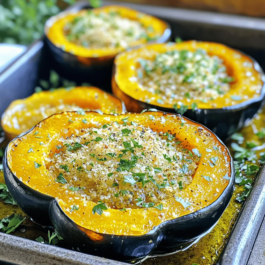 - 2 mittelgroße Eichelkürbisse - 3 Esslöffel Olivenöl - 1/3 Tasse frisch geriebener Parmesan Die Hauptzutaten sind einfach zu finden. Der Eichelkürbis hat eine süße, nussige Note. Er passt gut zu den würzigen Kräutern und dem salzigen Parmesan. Das Olivenöl macht alles schön knusprig. - 2 Teelöffel getrockneter Thymian - 2 Teelöffel getrockneter Rosmarin - 1 Teelöffel Knoblauchpulver Die Gewürze bringen viel Geschmack. Thymian und Rosmarin sind perfekt für den Kürbis. Sie geben ihm ein warmes Aroma. Knoblauchpulver fügt eine weitere Geschmacksnote hinzu. Diese Mischung ist einfach und lecker. - Salz und Pfeffer nach Geschmack - Frische Petersilie zum Garnieren Salz und Pfeffer sind wichtig für den Geschmack. Sie heben die Aromen der anderen Zutaten hervor. Frische Petersilie macht das Gericht bunt und frisch. Sie ist das i-Tüpfelchen auf dem Kürbis. Für die vollständige Zubereitung schauen Sie sich das [Full Recipe] an. Zuerst musst du die Eichelkürbisse halbieren. Nimm ein scharfes Messer und schneide sie vorsichtig in der Mitte durch. Entferne die Kerne mit einem Löffel. Das ist einfach und macht Spaß. Heize deinen Ofen auf 200°C (400°F) vor. So wird der Kürbis gleichmäßig gar. Nimm die halbierten Kürbisse und träufle das Olivenöl gleichmäßig über die Schnittflächen. Das hilft, das Gemüse schön knusprig zu machen. Jetzt bereitest du die Parmesan-Kräutermischung vor. In einer kleinen Schüssel vermenge den frisch geriebenen Parmesan mit Thymian, Rosmarin, Knoblauchpulver, Salz und Pfeffer. Diese Mischung gibt deinem Kürbis tollen Geschmack. Lege die Kürbisse mit der Schnittfläche nach oben auf ein Backblech. Achte darauf, dass sie nicht überlappen. Röste die Kürbisse für 30-35 Minuten im Ofen. Sie sollten zart sein und die Oberflächen goldbraun werden. Wenn du magst, kannst du sie dann mit frischer Petersilie garnieren. Das gibt einen frischen Farbklecks. Wenn du das ganze Rezept machen möchtest, schau dir die Full Recipe an. Die beste Temperatur für das Rösten ist 200°C. Dies sorgt für eine schöne Bräunung. Behalte die Kürbisse im Auge. Nach etwa 30 Minuten solltest du die Farbe prüfen. Sie sollten goldbraun sein und leicht zart. Diese Konsistenz macht das Gericht besonders lecker. Vermeide es, zu viel oder zu wenig Öl zu verwenden. Zu viel Öl macht die Kürbisse fettig. Zu wenig Öl trocknet sie aus. Achte auch auf die Gewürze. Überwürzen kann den Geschmack ruinieren. Halte die Balance mit den Kräutern und dem Parmesan. So bleibt der Geschmack frisch und lecker. Die Präsentation ist wichtig. Serviere die Kürbis-Hälften auf einer schönen Platte. Das sieht einladend aus. Füge zusätzliche Parmesanflocken hinzu. Diese Garnitur gibt dem Gericht einen tollen visuellen Eindruck. Es macht das Essen noch appetitlicher. {{image_4}} Wenn Sie nach Alternativen zu Parmesan suchen, gibt es viele Optionen. Vegane Käsealternativen sind großartig. Sie können Produkte auf Nussbasis verwenden. Diese bieten einen ähnlichen Geschmack und eine cremige Textur. Mandeln und Cashews sind beliebte Zutaten. Sie können auch Hefeflocken verwenden, um einen käsigen Geschmack zu erzielen. Das Experimentieren mit frischen Kräutern kann den Geschmack verbessern. Basilikum, Oregano oder Schnittlauch sind gute Optionen. Diese Kräuter verleihen dem Gericht eine neue Note. Sie können auch andere Gewürzkombinationen ausprobieren. Paprika oder Kreuzkümmel könnten für einen besonderen Kick sorgen. Seien Sie kreativ und finden Sie, was Ihnen am besten schmeckt. Für eine perfekte Mahlzeit passen viele Beilagen gut dazu. Ein frischer Salat oder Quinoa sind tolle Ergänzungen. Sie könnten auch gebratenes Gemüse wie Rosenkohl oder Karotten servieren. Diese Kombinationen sorgen für eine ausgewogene Ernährung. Weitere Gemüsevarianten zum Rösten sind Süßkartoffeln oder Zucchini. Sie bringen Farbe und Geschmack auf den Tisch und machen das Essen noch köstlicher. Nach dem Essen bleiben oft Reste übrig. Bewahre sie in einem luftdichten Behälter auf. So bleiben sie frisch und schmackhaft. Du solltest die Reste innerhalb von drei Tagen essen. Das hält die Aromen und die Textur gut. Wenn du die Reste aufwärmen willst, gibt es zwei Möglichkeiten: Mikrowelle oder Ofen. Die Mikrowelle ist schnell, aber kann die Textur verändern. Der Ofen bringt die Röstung zurück. Heize ihn auf 180°C vor. Lege die Kürbisstücke auf ein Backblech. Erwärme sie für etwa 10-15 Minuten, bis sie heiß sind. Wenn du mehr machen möchtest, kannst du die Röstkürbisse einfrieren. Lasse sie zuerst ganz abkühlen. Lege sie dann in einen gefrierfesten Beutel. So bleiben sie bis zu drei Monate gut. Bedenke, dass das Einfrieren die Textur verändert. Wenn du sie wieder auftauen willst, lege sie am besten über Nacht in den Kühlschrank. Das Rösten von Eichelkürbissen dauert etwa 30 bis 35 Minuten. Die ideale Temperatur ist 200°C (400°F). In diesem Zeitraum werden die Kürbisse zart und goldbraun. Achten Sie darauf, die Kürbisse nicht zu lange zu rösten, um ein Austrocknen zu vermeiden. Die beste Methode ist, die Kürbisse nach 25 Minuten zu überprüfen. Stechen Sie mit einer Gabel hinein. So sehen Sie, ob sie weich sind. Ja, Sie können auch andere Kürbisarten verwenden. Hokkaido oder Butternut-Kürbis sind gute Alternativen. Eichelkürbis hat einen süßen Geschmack und eine zarte Textur. Hokkaido ist etwas fester, hat aber auch einen süßen Geschmack. Butternut ist cremiger und eignet sich gut für Pürees. Denken Sie daran, die Röstdauer je nach Sorte anzupassen. Testen Sie die Kürbisse mit einer Gabel, um die perfekte Zartheit zu finden. Dieses Rezept kann leicht angepasst werden. Es ist für Vegetarier geeignet, da es keine tierischen Produkte außer Parmesan enthält. Um es vegan zu machen, ersetzen Sie Parmesan durch eine pflanzliche Option. Auch glutenfrei ist das Rezept, da keine glutenhaltigen Zutaten verwendet werden. Für Menschen mit Allergien ist es wichtig, die Zutatenliste genau zu prüfen. So können Sie sicherstellen, dass das Gericht für Ihre Ernährung passt. Wenn Sie mehr über Alternativen erfahren möchten, schauen Sie sich die vollständige Rezeptanleitung an. Zusammenfassend haben wir gelernt, wie man köstliche Parmesan Kräuter-Röst-Kürbisse macht. Wir sprachen über die wichtigen Zutaten, die Zubereitung und das Rösten im Ofen. Tipps helfen, Fehler zu vermeiden und die Gerichte ansprechend zu servieren. Sie können sogar mit verschiedenen Kräutern und Beilagen variieren. Denken Sie daran, Reste richtig zu lagern und aufzuwärmen. Mit diesem Wissen sind Sie bereit, das Rezept auszuprobieren und zu genießen. Viel Spaß beim Kochen und Entdecken neuer Möglichkeiten!