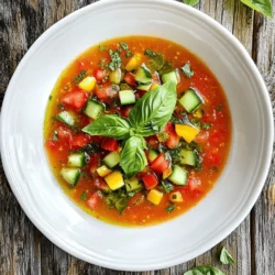 Für dieses erfrischende Gazpacho benutze ich: - 6 reife Tomaten, gewürfelt - 1 Gurke, geschält und gewürfelt - 1 Paprika (rot oder gelb), gewürfelt - 1 kleine rote Zwiebel, fein gehackt - 2 Knoblauchzehen, zerdrückt - 3 Tassen Tomatensaft - 3 Esslöffel Olivenöl - 2 Esslöffel Rotweinessig - Salz und Pfeffer nach Geschmack - Frische Basilikumblätter zur Garnierung Dieses Rezept reicht für 4 bis 6 Portionen. Wenn du mehr Gäste hast, kannst du die Menge leicht verdoppeln. Frische Zutaten sind der Schlüssel zu einem guten Gazpacho. Achte darauf, reife, saftige Tomaten zu wählen. Sie geben dem Gazpacho den besten Geschmack. Gurken sollten knackig und ohne schrumpelige Stellen sein. Verwende frische Kräuter, um das Aroma zu verstärken. Diese kleinen Details machen einen großen Unterschied. Zuerst musst du die frischen Zutaten sammeln. Du brauchst reife Tomaten, Gurken, Paprika, Zwiebeln und Knoblauch. Achte darauf, alles gut zu waschen. Dann schneide die Tomaten in kleine Würfel. Die Gurke solltest du schälen und auch würfeln. Für die Paprika entferne die Kerne und schneide sie ebenfalls klein. Die Zwiebel wird fein gehackt und der Knoblauch zerdrückt. Jetzt kommt der spannende Teil. Gib die vorbereiteten Zutaten in den Mixer oder die Küchenmaschine. Püriere alles, bis die Mischung schön glatt ist. Wenn du es lieber stückiger magst, püriere nur kurz. Füge dann Tomatensaft, Olivenöl und Rotweinessig hinzu. Rühre alles gut um, damit sich die Aromen verbinden. Vergiss nicht, mit Salz und Pfeffer zu würzen. Lass die Gazpacho für mindestens zwei Stunden im Kühlschrank. So können die Aromen gut durchziehen. Vor dem Servieren probiere die Suppe. Wenn nötig, füge noch etwas Salz oder Pfeffer hinzu. Serviere das kalte Gazpacho in Schalen. Garniere es mit frischen Basilikumblättern. Das sieht nicht nur gut aus, sondern schmeckt auch lecker. Das Ganze macht dein Gericht noch ansprechender und frischer. Für das komplette Rezept, sieh dir die [Full Recipe] an. Um die beste Konsistenz für deinen Gazpacho zu erreichen, püriere die Zutaten gut. Ich mag es, die Mischung bis zur Glätte zu pürieren. Wenn du eine stückigere Suppe möchtest, püriere nur kurz. Achte darauf, die Flüssigkeit gut zu mischen. Tomatensaft hilft, die Suppe leicht und erfrischend zu halten. Ein häufiger Fehler ist, zu viel Salz hinzuzufügen. Beginne mit einer kleinen Menge und schmecke ab. Lass das Gazpacho auch lange genug kühlen. Mindestens zwei Stunden im Kühlschrank sind wichtig. So verbinden sich die Aromen gut und die Suppe schmeckt besser. Wenn du frisches Gemüse verwendest, achte darauf, dass es reif ist. Das macht einen großen Unterschied im Geschmack. Serviere das Gazpacho in kalten Schalen. Das verbessert das Geschmackserlebnis. Du kannst auch zusätzliches Olivenöl darüber träufeln. Würfel einige frische Gemüsestücke und streue sie oben drauf. Frische Basilikumblätter sind eine tolle Garnitur und fügen Aroma hinzu. Du kannst Gazpacho auch mit knusprigem Brot oder Tortilla-Chips kombinieren. Diese Beilagen machen das Essen noch interessanter. {{image_4}} Gazpacho hat viele regionale Varianten. In Andalusien, Spanien, verwenden die Leute oft mehr Brot. Dies macht die Suppe dicker. In anderen Regionen fügen sie Früchte hinzu, wie Melonen oder Pfirsiche. Diese geben einen süßen Geschmack und sind frisch. Du kannst die Zutaten leicht ändern. Magst du keine Paprika? Verwende stattdessen Karotten oder Zucchini. Wenn du den Knoblauch nicht magst, lasse ihn weg. Du kannst auch Kräuter wie Koriander oder Petersilie verwenden. Das gibt der Suppe einen neuen Geschmack. Für eine vegane Variante benutze einfach Tomatensaft ohne tierische Produkte. Wenn du Gluten meidest, achte auf glutenfreies Brot, falls du es hinzufügst. Für weniger Zucker, wähle reife, süße Tomaten. Das macht das Gazpacho auch ohne Zucker lecker. Du kannst die Rezeptanpassungen in der [Full Recipe] finden. Gazpacho ist einfach zu lagern. Nach der Zubereitung stelle die Suppe in einen luftdichten Behälter. Decke den Behälter gut ab. So bleibt das Gazpacho frisch und lecker. Im Kühlschrank bleibt es bis zu 3 Tage gut. Vor dem Servieren kannst du es kurz umrühren. So verteilen sich die Aromen. Die Haltbarkeit von Gazpacho hängt von den Zutaten ab. Wenn du frisches Gemüse verwendest, ist es am besten, es schnell zu essen. Gazpacho hält sich bis zu 3 Tage im Kühlschrank. Wenn du es länger aufbewahren möchtest, ziehe das Einfrieren in Betracht. Achte darauf, dass du es in kleinen Portionen einfrierst. So kannst du es später einfach auftauen. Einfrieren ist eine gute Option, wenn du Reste hast. Fülle das Gazpacho in gefriergeeignete Behälter oder Beutel. Lass etwas Platz, da sich die Flüssigkeit beim Frieren ausdehnt. Zum Auftauen stelle das Gazpacho über Nacht in den Kühlschrank. Wenn du es brauchst, kannst du es auch in der Mikrowelle auftauen. Rühre die Suppe gut um, bevor du sie servierst. So genießt du den frischen Geschmack des Gazpacho. Gazpacho kommt ursprünglich aus Spanien. Es stammt aus Andalusien. Die Menschen dort wollten ein Gericht für heiße Tage. Früher nutzten sie alte Brotstücke, um die Suppe zu machen. Tomaten, Gurken und Paprika sind die Hauptzutaten. Diese frischen Zutaten machen Gazpacho besonders lecker und gesund. Um Gazpacho vegan zu machen, nutze einfach Gemüsebrühe anstelle von Tomatensaft. Alle anderen Zutaten sind schon vegan. Du kannst auch mehr Gemüse wie Karotten oder Sellerie hinzufügen. Das gibt der Suppe einen neuen Geschmack. So bleibt das Gericht frisch und nahrhaft. Traditionell wird Gazpacho kalt serviert. Das ist das Beste, um den frischen Geschmack zu genießen. Wenn du es warm magst, kannst du die Zutaten leicht erhitzen. Aber achte darauf, dass es nicht zu heiß wird. Dadurch verändert sich der Geschmack. Kaltes Gazpacho bleibt aber immer die beste Wahl. Wenn du mehr über die Zubereitung erfahren möchtest, schau dir das gesamte Rezept an: [Full Recipe]. In diesem Blogbeitrag haben wir alle wichtigen Aspekte von Gazpacho behandelt. Wir haben die Zutaten, die Zubereitung und wichtige Tipps behandelt. Ich habe erklärt, wie du frische Zutaten auswählst und was du beim Mischen beachten musst. Variationen zeigen dir, wie du das Rezept anpassen kannst. Ich hoffe, du fühlst dich inspiriert, Gazpacho zu probieren und zu genießen. Denke daran, mit frischen Zutaten zu arbeiten, um den besten Geschmack zu erzielen. Mach es zu deinem eigenen Rezept und finde deine perfekte Kombination!