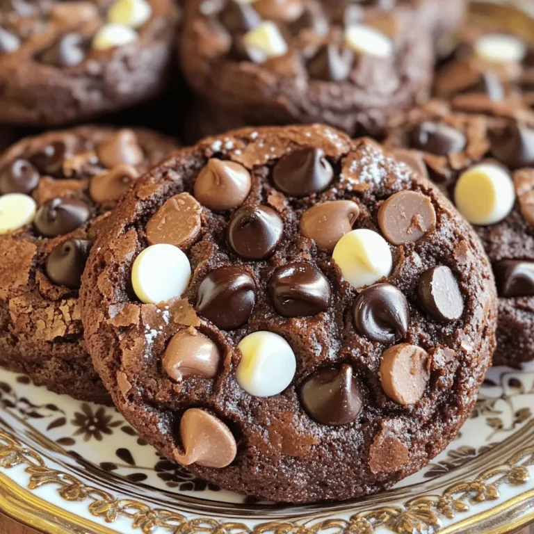 Für die perfekten Triple Chocolate Brownie Cookies brauchen Sie: - 1 Tasse ungesalzene Butter, geschmolzen - 1 ½ Tassen brauner Zucker, fest gepackt - 2 große Eier - 1 Teelöffel Vanilleextrakt - 1 Tasse Weizenmehl - ½ Tasse ungesüßtes Kakaopulver - ½ Teelöffel Backpulver - ½ Teelöffel Salz - 1 Tasse semi-süße Schokoladenstückchen - ½ Tasse weiße Schokoladenstückchen - ½ Tasse dunkle Schokoladenstückchen Diese Zutaten machen die Kekse reichhaltig und schokoladig. Die Mischung aus verschiedenen Schokoladensorten sorgt für eine spannende Textur und Geschmack. Wenn Sie einige Zutaten ersetzen möchten, gibt es gute Alternativen. Zum Beispiel: - Verwenden Sie Kokosöl statt Butter für eine vegane Option. - Ersetzen Sie Weizenmehl durch Mandelmehl für eine glutenfreie Version. - Nutzen Sie Honig oder Agavendicksaft anstelle von Zucker für eine gesündere Süße. - Fügen Sie Nüsse oder Trockenfrüchte hinzu für zusätzlichen Crunch und Geschmack. Mit diesen Alternativen können Sie das Rezept anpassen und trotzdem leckere Kekse zaubern. Wählen Sie frische und hochwertige Zutaten. Achten Sie auf Folgendes: - Kaufen Sie echte Vanille anstelle von künstlichem Vanilleextrakt. - Wählen Sie hochwertige Schokolade für den besten Geschmack. - Achten Sie darauf, dass das Kakaopulver von guter Qualität ist. Diese Tipps helfen Ihnen, den vollen Geschmack der Kekse zu erleben. Wenn Sie die besten Zutaten wählen, wird jede Biss ein Genuss! Für das vollständige Rezept können Sie die Details in der Rezeptübersicht nachlesen. Zuerst heizen wir den Ofen auf 175°C (350°F) vor. Das ist wichtig für gleichmäßiges Backen. Bereite ein Backblech mit Backpapier vor. Das erleichtert das Entfernen der Kekse später. In einer großen Schüssel vermischst du die geschmolzene Butter und den braunen Zucker. Rühre, bis die Mischung schön glatt ist. Jetzt kommen die Eier und der Vanilleextrakt dazu. Verquirle alles gut, bis es gut vermischt ist. In einer separaten Schüssel sieben wir das Weizenmehl, Kakaopulver, Backpulver und Salz. Diese trockenen Zutaten fügen wir dann nach und nach zur feuchten Mischung hinzu. Rühre vorsichtig, um eine zähe Konsistenz zu vermeiden. Sobald der Teig bereit ist, hebe die Schokoladenstückchen vorsichtig unter. Das sorgt für einen schokoladigen Biss in jedem Keks! Verwende einen Esslöffel, um kleine Portionen auf das Backblech zu setzen. Achte darauf, sie etwa 5 cm (2 Zoll) auseinander zu platzieren. Backe die Kekse für 10-12 Minuten. Die Ränder sollten fest sein, aber die Mitte muss noch weich bleiben. Das gibt den Keksen ihre fudgy Textur. Nach dem Backen nimm das Blech aus dem Ofen. Lass die Kekse 5 Minuten darauf abkühlen. Bewege sie danach auf ein Kuchengitter, um vollständig abzukühlen. Perfekt gebackene Kekse sehen außen fest aus, aber fühlen sich innen weich an. Wenn du sie leicht anstößt, sollten sie nicht zerbröckeln. Das ist ein Zeichen für die besten Triple Chocolate Brownie Cookies! Du kannst die vollständige Anleitung in dem [Full Recipe] finden. Ein häufiger Fehler ist, den Teig zu lange zu mischen. Dies macht die Kekse zäh. Mische die trockenen Zutaten nur kurz mit der feuchten Mischung. Achte auch darauf, die Kekse nicht zu lange zu backen. Sie sollten an den Rändern fest, aber in der Mitte weich sein. Ein weiterer Fehler ist, den Ofen nicht vorzuheizen. Das sorgt für eine ungleichmäßige Backzeit. Um die Konsistenz zu verbessern, probiere folgendes: Verwende hochwertige Schokolade. Das bringt mehr Geschmack. Füge eine Prise Meersalz hinzu. Das hebt die Schokoladennoten hervor. Wenn du die Kekse etwas knuspriger magst, backe sie ein paar Minuten länger. Für einen weicheren Keks, nimm sie früher aus dem Ofen. Die beste Methode ist, die Kekse in kleinen Portionen zu formen. Halte den Abstand zwischen den Portionen. So laufen sie beim Backen nicht zusammen. Verwende Backpapier für ein einfaches Entfernen. Stelle sicher, dass dein Ofen gleichmäßig heizt. Überprüfe die Temperatur mit einem Ofenthermometer. Für das beste Ergebnis solltest du die Kekse auf einem Kuchengitter abkühlen lassen. So bleibt die Unterseite knusprig. Du findest das vollständige Rezept für die leckeren Triple Chocolate Brownie Cookies in der Rezeptbeschreibung. {{image_4}} Es gibt viele Wege, um die Triple Chocolate Brownie Cookies anzupassen. Sie können verschiedene Schokoladensorten verwenden. Probieren Sie zum Beispiel weiße Schokolade oder Milchschokolade. Fügen Sie Gewürze hinzu, wie Zimt oder Muskat, um neue Aromen zu schaffen. Eine Prise Meersalz kann die Süße der Kekse erhöhen. Denken Sie daran, beim Backen kreativ zu sein. Nüsse und Trockenfrüchte können eine tolle Textur und Geschmack bringen. Walnüsse oder Pekannüsse passen gut. Sie geben einen knackigen Biss. Ebenso sind Trockenfrüchte wie Cranberries oder Kirschen eine gute Wahl. Diese bringen eine fruchtige Note und eine süße Überraschung. Achten Sie darauf, die Nüsse grob zu hacken. So verteilt sich der Geschmack gleichmäßig. Für glutenfreie Kekse können Sie Mandel- oder Kokosmehl verwenden. Diese Mehle geben den Keksen einen tollen Geschmack und die richtige Konsistenz. Für vegane Kekse ersetzen Sie die Eier mit Apfelmus oder Leinsamen. Diese Optionen halten den Teig zusammen und sorgen für Feuchtigkeit. Verwenden Sie pflanzliche Butter oder Kokosöl, um die Butter zu ersetzen. So genießen Sie leckere Kekse ohne tierische Produkte. In diesem Rezept können Sie kreativ sein und die Zutaten nach Ihrem Geschmack anpassen. Schauen Sie sich das Full Recipe an, um alle Details zu erfahren! Um deine Triple Chocolate Brownie Cookies frisch zu halten, lege sie in einen luftdichten Behälter. Verwende Papiertücher im Behälter, um Feuchtigkeit zu absorbieren. Dies hilft, die Kekse weich zu halten. Du kannst auch ein kleines Stück Brot hinzufügen. Das Brot hält die Kekse frisch, indem es Feuchtigkeit abgibt. Für eine längere Haltbarkeit bewahre die Kekse im Kühlschrank auf. Sie bleiben dort bis zu zwei Wochen frisch. Du kannst die Kekse auch einfrieren. Lege sie in einen gefrierfesten Beutel. So bleiben sie bis zu drei Monate frisch. Wenn du sie essen willst, lasse sie einfach bei Raumtemperatur auftauen. Wenn die Kekse trocken geworden sind, gibt es einen einfachen Trick. Lege sie für 5-10 Sekunden in die Mikrowelle. Das macht sie wieder weich und lecker. Alternativ kannst du ein feuchtes Papiertuch um die Kekse wickeln. Erwärme sie dann für 15 Sekunden. So hast du wieder köstliche, schokoladige Kekse! Diese köstlichen Kekse sind bei richtiger Lagerung etwa eine Woche frisch. Lagere sie in einem luftdichten Behälter. So bleiben sie weich und schokoladig. Wenn du sie länger aufbewahren möchtest, überprüfe immer auf Anzeichen von Trockenheit oder Schimmel. Ja, du kannst die Kekse problemlos einfrieren! Lasse sie zuerst abkühlen. Lege dann die Kekse in einen luftdichten Beutel oder Behälter. Du kannst sie bis zu drei Monate im Gefrierfach lagern. Wenn du sie essen möchtest, lasse sie einfach bei Raumtemperatur auftauen. Wenn der Teig zu klebrig ist, füge etwas mehr Mehl hinzu. Mache das langsam, um die Konsistenz nicht zu verändern. Mische gut, bis der Teig formbar ist. Du kannst auch den Teig für etwa 30 Minuten in den Kühlschrank stellen. Das macht ihn leichter zu verarbeiten. Die Zubereitung von Triple Chocolate Brownie Cookies ist ein echter Genuss. Wir haben die Hauptzutaten, Alternativen und Tipps besprochen. Eine Schritt-für-Schritt-Anleitung hilft dir beim Backprozess. Auch häufige Fehler und Variationen wurden behandelt. Denk daran, die Kekse gut zu lagern, damit sie frisch bleiben. Probiere die Tipps aus und erlebe, wie köstlich deine Kekse werden. Du kannst kreativ sein und neue Geschmäcker erkunden. Viel Spaß beim Backen!