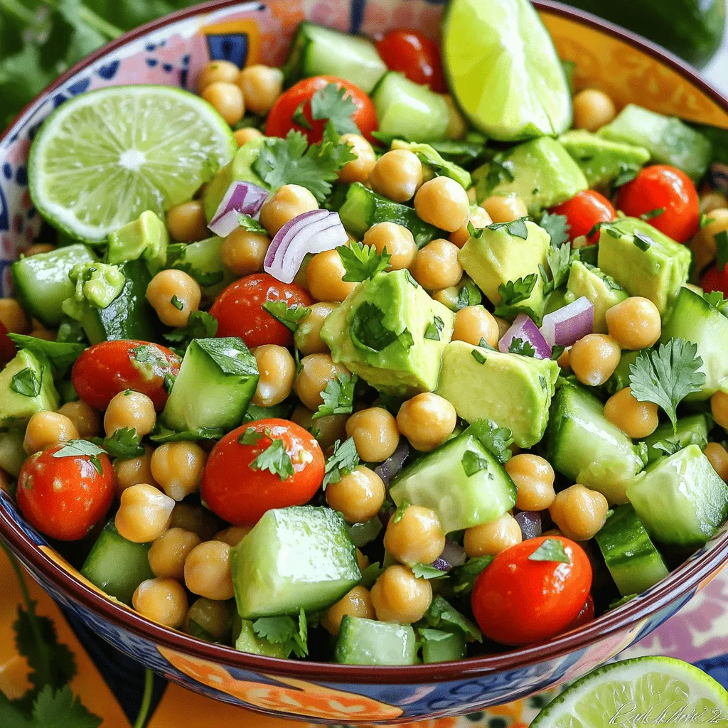 Für einen köstlichen Kichererbsen-Avocado-Salat benötigst du: - 1 Dose (425 g) Kichererbsen, gut abgetropft und abgespült - 2 reife Avocados, gewürfelt - 1 Gurke, gewürfelt - 1 Tasse Kirschtomaten, halbiert - 1/4 rote Zwiebel, fein gehackt - 1/4 Tasse frischer Koriander, grob gehackt - 2 Esslöffel Limettensaft - 2 Esslöffel Olivenöl - 1 Teelöffel Kreuzkümmelpulver - Salz und Pfeffer nach Geschmack Frische Zutaten sind der Schlüssel zu einem tollen Salat. Ich empfehle, reife Avocados zu verwenden, da sie einen cremigen Geschmack bieten. Wähle Kirschtomaten in verschiedenen Farben für einen schönen Look. Die Gurke bringt einen knackigen Biss. Der Koriander gibt dem Salat einen frischen und aromatischen Geschmack. Saisonale Zutaten machen den Salat nicht nur lecker, sondern auch gesund. Dieser Salat ist nicht nur lecker, sondern auch sehr nahrhaft. Kichererbsen sind reich an Eiweiß und Ballaststoffen. Sie helfen, dich satt zu halten und fördern die Verdauung. Avocados liefern gesunde Fette, die gut für dein Herz sind. Gurken sind hydratisierend und kalorienarm. Tomaten sind voll von Antioxidantien, die gut für die Haut sind. Die rote Zwiebel gibt deinem Salat einen schönen Geschmack und enthält viele Vitamine. Dies alles macht den Kichererbsen-Avocado-Salat zu einem gesunden Genuss. Für das vollständige Rezept kannst du [Full Recipe] besuchen. Beginne mit der Vorbereitung deiner Zutaten. Nimm eine Dose Kichererbsen und spüle sie gut ab. Du kannst auch trockene Kichererbsen verwenden, wenn du sie vorher gekocht hast. Dann schneide die Avocados in kleine Würfel. Achte darauf, dass sie reif sind. Würfle auch die Gurke und halbiere die Kirschtomaten. Hacke die rote Zwiebel fein. Schließlich hacke den frischen Koriander grob. Alle Zutaten sollten gleichmäßig geschnitten sein, damit der Salat gut aussieht und schmeckt. Jetzt kommt der spannende Teil: das Dressing! Nimm eine kleine Schüssel und gib den Limettensaft hinein. Füge das Olivenöl und das Kreuzkümmelpulver hinzu. Streue eine Prise Salz und Pfeffer dazu. Vermische alles gut mit einem kleinen Schneebesen oder einer Gabel. Das Dressing sollte frisch und zesty schmecken. Es ist wichtig, dass du es gut vermischst, damit sich die Aromen verbinden. Jetzt ist es Zeit zu mischen! Nimm eine große Schüssel und füge die Kichererbsen, Avocados, Gurken, Kirschtomaten und die rote Zwiebel hinzu. Streue den Koriander darüber. Gieße das Dressing über die Zutaten. Mische vorsichtig mit einem großen Löffel, damit die Avocados nicht zerdrückt werden. Probiere den Salat und passe den Geschmack an, falls nötig. Lass den Salat für 10 Minuten ruhen. So verbinden sich die Aromen gut. Serviere den Salat in einer bunten Schüssel. Garniere ihn mit frischen Korianderblättern und Limettenstücken. Für die vollständige Zubereitung kannst du die [Full Recipe] nutzen. Wählen Sie reife Avocados. Sie sollten leicht eindrückbar sein. Wenn die Schale grün und glatt ist, ist die Frucht oft frisch. Eine braune, matschige Schale zeigt, dass die Avocado überreif ist. Lagern Sie Avocados bei Raumtemperatur, um den Reifungsprozess zu fördern. Wenn Sie eine Avocado schneller reifen möchten, legen Sie sie in eine Papiertüte mit einem Apfel oder einer Banane. Diese Früchte setzen Ethylen frei, was den Reifungsprozess beschleunigt. Zitronensaft kann Limettensaft ersetzen. Das gibt dem Salat eine frische Note. Fügen Sie Gewürze wie Paprika oder Chili hinzu, um mehr Schärfe zu bekommen. Wenn Sie es lieber süß mögen, probieren Sie etwas Honig oder Agavendicksaft im Dressing. Das verstärkt die Aromen. Experimentieren Sie mit verschiedenen Kräutern wie Minze oder Dill, um den Geschmack zu verändern. Vermeiden Sie übermäßiges Mischen der Zutaten. Sonst zerdrücken Sie die Avocados. Schmecken Sie den Salat immer ab, bevor Sie ihn servieren. So können Sie das Dressing nach Ihrem Geschmack anpassen. Lagern Sie den Salat nicht zu lange. Die Avocados werden schnell braun und weich. Um dies zu verhindern, verwenden Sie etwas Zitronensaft über den Avocados. So bleibt der Salat frisch und lecker. Für das vollständige Rezept schauen Sie sich Kichererbsen-Avocado-Genuss an. {{image_4}} Um deinen Kichererbsen-Avocado-Salat noch spannender zu machen, kannst du einige Zutaten hinzufügen. Füge zum Beispiel Fetakäse oder Feta-Alternative hinzu. Das gibt dem Salat eine salzige Note. Auch schwarze Oliven passen gut. Sie bringen einen kräftigen Geschmack. Wenn du es würziger magst, probiere Jalapeños oder rote Paprika. Diese Zutaten geben dem Salat einen tollen Kick. Dieser Salat ist von Natur aus vegan und glutenfrei. Du kannst die Zutaten nach deinem Geschmack anpassen. Statt Limettensaft kannst du auch Zitronensaft verwenden. Das gibt eine andere frische Note. Wenn du mehr Protein willst, füge Quinoa hinzu. Das macht den Salat noch nahrhafter. Im Frühling sind frische Erbsen eine tolle Ergänzung. Sie bringen Farbe und Süße. Im Sommer kannst du Wassermelone oder Mangostücke hinzufügen. Diese Früchte sind saftig und süß. Im Herbst passen geröstete Kürbiswürfel gut dazu. Sie geben dem Salat eine herzhafte Note. Im Winter sind getrocknete Cranberries eine süße Wahl. Sie fügen eine fruchtige Note hinzu und machen den Salat spannend. Für das vollständige Rezept schau dir den Kichererbsen-Avocado-Genuss an. Um den Kichererbsen-Avocado-Salat frisch zu halten, bewahre ihn in einem luftdichten Behälter auf. Stelle sicher, dass der Behälter gut verschlossen ist. So bleibt der Salat knackig und lecker. Du kannst ihn bis zu zwei Tage im Kühlschrank lagern. Achte darauf, den Salat nicht mit der Avocado zu lange stehen zu lassen. Sie wird braun und verliert ihren Geschmack. Kichererbsen-Avocado-Salat ist am besten frisch. Wenn du Reste hast, iss sie innerhalb von zwei Tagen. Erwärmen ist nicht nötig, da dieser Salat kalt serviert wird. Das Erhitzen könnte die Textur der Avocado ruinieren. Wenn du den Salat erneut genießen möchtest, verwende frische Zutaten, um den Geschmack aufzufrischen. Du kannst auch etwas Limettensaft hinzufügen, um die Aromen zu beleben. Du kannst den Salat auch vorbereiten und für die Woche planen. Koche die Kichererbsen im Voraus oder verwende Dosenkichererbsen. Schneide die Gemüse und Avocados frisch am Tag, an dem du den Salat servieren möchtest. So bleibt alles frisch und knusprig. Mische die Zutaten erst kurz vor dem Essen. So vermeidest du ein matschiges Ergebnis. Wenn du magst, kannst du die Dressing-Zutaten auch schon vorbereiten und getrennt aufbewahren. So hast du immer einen schnellen, gesunden Snack zur Hand. Um einen Kichererbsen-Avocado-Salat leicht zuzubereiten, folgen Sie diesen Schritten: 1. Nehmen Sie eine große Schüssel. 2. Geben Sie die Kichererbsen, gewürfelte Avocados, Gurken, Kirschtomaten und rote Zwiebel hinein. 3. Fügen Sie frischen Koriander hinzu. 4. Mischen Sie Limettensaft, Olivenöl, Kreuzkümmelpulver, Salz und Pfeffer in einer kleinen Schüssel. 5. Gießen Sie das Dressing über den Salat und mischen Sie alles gut. Diese Schritte machen den Prozess einfach und schnell. Es dauert nur etwa 10 Minuten, um alles vorzubereiten. Sie können das Rezept leicht anpassen, um es noch einfacher zu machen. Viele Zutaten in diesem Salat sind flexibel. Hier sind einige Ideen: - Verwenden Sie schwarze Bohnen anstelle von Kichererbsen. - Ersetzen Sie Avocados durch einen cremigen Joghurt. - Probieren Sie Paprika anstelle von Gurken für zusätzlichen Crunch. - Verwenden Sie Petersilie, wenn Sie keinen Koriander mögen. - Limettensaft kann durch Zitronensaft ersetzt werden. Diese Variationen geben Ihnen die Freiheit, den Salat nach Ihrem Geschmack zu gestalten. Ja, dieser Salat ist sehr gesund. Kichererbsen sind reich an Protein und Ballaststoffen. Avocados bieten gesunde Fette und viele Vitamine. Gurken und Tomaten sind kalorienarm und voller Wasser. Diese Zutaten helfen, Ihren Körper mit Nährstoffen zu versorgen. Der Salat ist also nicht nur lecker, sondern auch nahrhaft. - Volle Rezept: Kichererbsen-Avocado-Genuss 🥑 Im Artikel habe ich die Zutaten für den Kichererbsen-Avocado-Salat vorgestellt. Frische und saisonale Lebensmittel bieten viele Nährstoffe. Ich habe eine einfache Schritt-für-Schritt-Anleitung zum Zubereiten gegeben. Tipps helfen, den Salat perfekt hinzubekommen. Variationen machen ihn spannend und lecker. Schließlich sind die Aufbewahrungstipps wichtig für den Genuss. Denke daran, Spaß beim Experimentieren mit Aromen zu haben. Dein gesunder Salat kann vielseitig und nahrhaft sein.