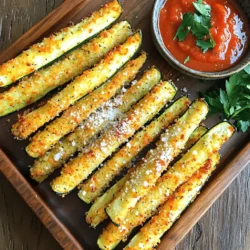- 3 mittelgroße Zucchini - 240 ml Paniermehl (Panko empfohlen) - 120 g geriebener Parmesan-Käse - 1 Teelöffel Knoblauchpulver - 1 Teelöffel Zwiebelpulver - ½ Teelöffel geräuchertes Paprikapulver - 1 verquirltes Ei - Salz und Pfeffer nach Geschmack - Backpapier für das Backblech - Kochspray oder Olivenöl Für die krossen Zucchini-Streifen brauche ich frische Zucchini. Ich schneide sie in lange Streifen. Diese Streifen sind die Basis für mein Rezept. Dann bereite ich die Panade vor. Panko ist mein Favorit, weil es extra knusprig wird. Parmesan-Käse bringt einen tollen Geschmack. Ich füge auch Gewürze hinzuzufügen. Knoblauchpulver und Zwiebelpulver geben einen feinen Geschmack. Das geräucherte Paprikapulver sorgt für eine besondere Note. Ich nehme ein Ei, um die Panade besser haften zu lassen. Salz und Pfeffer bringen die Aromen hervor. Ein Backblech mit Backpapier auslegen ist wichtig. So kleben die Zucchini-Streifen nicht fest. Ich sprühe das Blech mit etwas Kochspray ein oder träufle Olivenöl darauf. Das hilft beim Bräunen. Für das volle Rezept, schau dir die vollständige Anleitung an. Um leckere Zucchini-Streifen zu machen, müssen Sie zuerst die Zucchini in Streifen schneiden. Achten Sie darauf, sie gleichmäßig zu schneiden. So garen sie besser. Heizen Sie Ihren Ofen auf 220°C vor. Bereiten Sie ein Backblech mit Backpapier vor. Das hilft, dass die Streifen nicht ankleben. Für die Paniermischung vermischen Sie in einer Schüssel das Paniermehl, den Parmesan, das Knoblauchpulver, das Zwiebelpulver, das geräucherte Paprikapulver, Salz und Pfeffer. Rühren Sie gut um, bis alles gleichmäßig verteilt ist. Nehmen Sie einen Zucchini-Streifen, tauchen Sie ihn in das verquirlte Ei. Lassen Sie das überschüssige Ei abtropfen und wälzen Sie ihn dann in der Paniermischung. Drücken Sie leicht, damit die Panade gut haftet. Legen Sie die panierten Streifen auf das Backblech. Sobald alle Streifen paniert sind, sprühen Sie die Oberseite leicht mit Kochspray ein oder träufeln Sie etwas Olivenöl darüber. Backen Sie die Zucchini-Streifen im Ofen für 20-25 Minuten. Wenden Sie die Streifen zur Halbzeit. So werden sie gleichmäßig knusprig. Nach dem Backen nehmen Sie die Streifen aus dem Ofen. Lassen Sie sie kurz abkühlen, bevor Sie sie servieren. Für das vollständige Rezept schauen Sie sich das [Full Recipe] an! Um die Zucchini-Streifen noch knuspriger zu machen, verwenden Sie Panko statt normalem Paniermehl. Panko hat eine gröbere Struktur. Das führt zu mehr Luftzirkulation und sorgt für mehr Knusprigkeit. Wenn Sie die Zucchini frittieren wollen, verwenden Sie eine Fritteuse mit heißem Öl. Für das Backen ist ein Kochspray hilfreich. Sprühen Sie die Zucchini leicht ein, um die Oberfläche zu bräunen. Alternativ können Sie Olivenöl verwenden. Ein dünner Film reicht aus. Dips sind wichtig für die Zucchini-Streifen. Marinara ist eine tolle Option. Es passt gut zu den knusprigen Streifen. Knoblauch-Aioli bringt einen würzigen Kick. Garnieren Sie die Zucchini-Streifen mit frischer Petersilie. Das gibt Farbe und frischen Geschmack. Diese Kombination macht das Gericht noch besser. Beim Panieren kann viel schiefgehen. Ein häufiges Problem ist das zu wenig Panieren. Drücken Sie die Zucchini gut in die Paniermischung. Das hilft, dass die Panade bleibt. Überbacken Sie die Zucchini nicht. Sie sollten goldbraun und knusprig sein. Zu lange im Ofen machen sie weich. Achten Sie darauf, die Backzeit genau zu befolgen. Für das beste Ergebnis, wenden Sie die Zucchini zur Hälfte der Backzeit. Diese Tipps helfen, die perfekte Textur zu erreichen. Für das vollständige Rezept besuchen Sie die Seite mit der [Full Recipe]. {{image_4}} Für gesündere Zucchini-Streifen gibt es einige tolle Optionen. Eine glutenfreie Panade kann aus Mandelmehl oder Kokosmehl bestehen. Diese Mehle geben den Zucchini einen nussigen Geschmack und sind leicht. Du kannst auch Haferflocken verwenden, die du vorher mahlen kannst. So macht das Essen noch mehr Spaß! Wenn du vegan kochen möchtest, ersetze das Ei durch eine Mischung aus Leinsamen und Wasser. Ein Esslöffel Leinsamen mit drei Esslöffeln Wasser ergibt eine gute Bindung. Lass diese Mischung ein paar Minuten stehen. Das macht deine Zucchini-Streifen auch vegan und lecker! Zu den knusprigen Zucchini-Streifen passen viele Beilagen. Du kannst einen frischen Salat oder eine cremige Avocado-Creme servieren. Auch eine würzige Salsa passt gut dazu. Wenn du gerne mit anderen Gemüsesorten spielst, probiere Karotten oder Süßkartoffeln. Diese Gemüse kannst du gleich wie die Zucchini vorbereiten und backen. Sie bieten eine bunte und gesunde Auswahl auf deinem Teller. Um deine Zucchini-Streifen aufzupeppen, füge scharfe Gewürze hinzu. Ein bisschen Cayennepfeffer oder Chili-Pulver gibt den Streifen einen tollen Kick. Du kannst auch frische Kräuter wie Oregano oder Basilikum nutzen. Für Käseliebhaber ist das Experimentieren mit verschiedenen Käsesorten spaßig. Feta oder Gouda bringen neue Geschmäcker. Du kannst auch eine Mischung aus verschiedenen Käsen verwenden. Das gibt den Zucchini-Streifen eine ganz besondere Note. Für das vollständige Rezept klicke auf [Full Recipe]. Um die krossen Zucchini-Streifen frisch zu halten, lagere sie im Kühlschrank. Zuerst lasse die Streifen vollständig abkühlen. Dann lege sie in einen luftdichten Behälter. So bleiben sie knusprig und schmackhaft. Du kannst auch ein Stück Küchenpapier in den Behälter legen, um Feuchtigkeit zu absorbieren. Wenn du die Zucchini-Streifen wieder aufwärmen möchtest, benutze den Ofen. Heize ihn auf 180°C vor. Lege die Streifen auf ein Backblech und backe sie für etwa 10 Minuten. So werden sie wieder knusprig. Vermeide die Mikrowelle, da sie die Streifen matschig machen kann. Die empfohlene Lagerzeit für die Zucchini-Streifen beträgt 3 bis 4 Tage im Kühlschrank. Achte auf Anzeichen von Verderb. Wenn die Streifen weich oder schimmelig werden, entsorge sie sofort. Frische Zucchini-Streifen sind der Schlüssel zu einem tollen Snack. Die Zucchini-Streifen bleiben im Kühlschrank etwa 3 Tage frisch. Legen Sie sie in einen luftdichten Behälter. So halten sie länger und bleiben knusprig. Wenn Sie sie länger lagern möchten, können Sie sie auch einfrieren. Dazu legen Sie die abgekühlten Streifen in einen Gefrierbeutel und drücken die Luft heraus. So bleiben sie bis zu 3 Monate haltbar. Denken Sie daran, sie vor dem Essen aufzutauen. Ja, Sie können die Zucchini-Streifen im Voraus zubereiten. Bereiten Sie die Streifen bis zur Panierung vor und lagern Sie sie im Kühlschrank. Das geht gut für 1-2 Tage. Wenn Sie bereit sind, sie zu backen, nehmen Sie sie einfach heraus und panieren Sie sie. So sparen Sie Zeit und können schnell ein leckeres Gericht genießen. Die Zucchini-Streifen passen gut zu vielen Dips. Hier sind einige beliebte Optionen: - Marinara-Soße: Diese klassische Tomatensoße bringt viel Geschmack. - Knoblauch-Aioli: Cremig und würzig, perfekt für den Extra-Kick. - Ranch-Dressing: Ein cremiger Dip, der gut zu Gemüse passt. - Joghurt-Dip: Eine gesunde Option, die frisch und lecker ist. Probieren Sie verschiedene Dips aus und finden Sie Ihren Favoriten! Die Zubereitung von krossen Zucchini-Streifen ist einfach und macht Spaß. Wir haben die wichtigsten Zutaten wie Zucchini, Paniermehl und Parmesan sowie tolle Gewürze hervorgehoben. Die Schritt-für-Schritt-Anleitung macht das Nachkochen leicht. Tipps für Extra-Knusprigkeit und Varianten helfen, das Rezept anzupassen. Richtig lagern verlängert die Haltbarkeit, und einfache FAQs bieten schnelle Lösungen. Experimentiere pausenlos mit neuen Aromen. So bleibt das Rezept frisch und spannend!