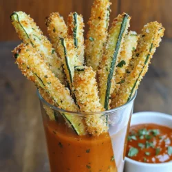 Für die knusprigen Zucchini-Pommes brauchst du: - 2 mittelgroße Zucchini - 1 Tasse Panko-Brösel - ½ Tasse geriebener Parmesan - 1 Teelöffel Knoblauchpulver - 1 Teelöffel Zwiebelpulver - ½ Teelöffel getrockneter Oregano - ½ Teelöffel Paprika - Salz und Pfeffer nach Geschmack - 2 große Eier - ¼ Tasse Weizenmehl - Kochspray oder Olivenöl zum Beträufeln Dieses Rezept ergibt etwa 4 Portionen. Jede Portion liefert gesunde Fette und Ballaststoffe. Zucchini sind fettarm und enthalten viele Vitamine. Eine Portion hat ungefähr: - Kalorien: 150 - Fett: 7 g - Kohlenhydrate: 18 g - Eiweiß: 5 g Wenn du frische Zucchini kaufst, achte auf folgende Punkte: - Wähle Zucchini mit glatter, fester Haut. - Vermeide Zucchini mit Dellen oder weichen Stellen. - Die Farbe sollte gleichmäßig und leuchtend sein. - Kleine bis mittelgroße Zucchini sind süßer und zarter. Frische Zucchini machen den Unterschied. Diese Tipps helfen dir, die besten Zucchini für dein Rezept auszuwählen. Wenn du mehr über das Rezept erfahren möchtest, schau dir die Full Recipe an. Zuerst heizen wir den Ofen auf 220°C (425°F) vor. Dies sorgt für eine schöne Knusprigkeit. Ich verwendete immer Backpapier auf dem Blech. Das macht das Aufräumen viel einfacher. Die Vorbereitungszeit beträgt etwa 15 Minuten. So haben Sie schnell alles bereit. Jetzt kommt der spannende Teil: die Zucchini! Waschen Sie die Zucchini gründlich. Schneiden Sie die Enden ab und dann in friesgroße Sticks. Diese sollten etwa 7-10 cm lang und 1,5 cm dick sein. In einer flachen Schüssel verquirlen Sie die Eier. In einer anderen Schüssel mischen Sie die Panko-Brösel, den Parmesan, das Knoblauchpulver, das Zwiebelpulver, den Oregano, die Paprika sowie Salz und Pfeffer. Nehmen Sie ein Stück Zucchini, panieren Sie es im Mehl. Tauchen Sie es dann in die Eimischung und wälzen Sie es in der Panko-Mischung. Drücken Sie leicht, damit die Panade gut haftet. Legen Sie die panierten Zucchini-Pommes gleichmäßig auf das Backblech. Sprühen oder träufeln Sie etwas Kochspray oder Olivenöl darüber. So werden sie noch knuspriger. Backen Sie die Pommes 20-25 Minuten lang. Wenden Sie sie nach der Hälfte der Zeit. So wird alles gleichmäßig gar. Nach dem Backen lassen Sie die Pommes kurz abkühlen. Servieren Sie sie mit Marinara-Soße oder Knoblauch-Aioli. Das gibt einen tollen Geschmack. Für den Extra-Kick können Sie noch etwas Parmesan oder frische Kräuter darüber streuen. Das macht alles noch leckerer. Für das gesamte Rezept schauen Sie sich die [Full Recipe] an. Um die perfekte Knusprigkeit zu erzielen, wählen Sie frische Zucchini. Schneiden Sie sie in gleich große Sticks, damit sie gleichmäßig garen. Das Mehl hilft, die Panade besser haften zu lassen. Tauchen Sie die Zucchini zuerst ins Mehl, dann in die Eier und schließlich in die Panko-Brösel. Diese Reihenfolge sorgt für eine dickere Schicht. Ein leichter Sprühnebel mit Olivenöl vor dem Backen macht die Pommes extra knusprig. Ein häufiger Fehler ist, die Zucchini zu dick zu schneiden. Dünnere Sticks werden schneller knusprig. Ein weiterer Fehler ist, die Pommes zu dicht auf dem Blech zu legen. Dadurch dämpfen sie und werden nicht knusprig. Achten Sie darauf, den Ofen vorzuheizen. Ein heißer Ofen ist wichtig für eine tolle Kruste. Vergessen Sie nicht, die Pommes nach der Hälfte der Backzeit zu wenden für eine gleichmäßige Bräunung. Wenn Sie etwas Abwechslung möchten, können Sie alternative Paniermehle verwenden. Gemahlene Mandeln oder Kokosnussmehl geben einen tollen Geschmack. Auch glutenfreies Paniermehl funktioniert gut. Experimentieren Sie mit verschiedenen Gewürzen, um den Geschmack zu verändern. Fügen Sie zum Beispiel etwas Paprika oder Cayennepfeffer hinzu für eine scharfe Note. Die Möglichkeiten sind endlos, und es macht Spaß, neue Kombinationen auszuprobieren. Für das vollständige Rezept folgen Sie diesem [Full Recipe]. {{image_4}} Du kannst dem Rezept für die Zucchini-Pommes viel mehr Geschmack geben. Füge einfach deine Lieblingsgewürze hinzu. Zum Beispiel, verwende italienische Gewürze wie Basilikum oder Thymian. Für einen scharfen Kick, probiere etwas Cayennepfeffer oder Chili-Pulver. Diese kleinen Änderungen können viel bewirken. Wenn du eine vegane Option suchst, ersetze die Eier. Nutze stattdessen eine Mischung aus Wasser und Leinsamen oder Chiasamen. Diese Mischung bindet gut. Du kannst auch pflanzliche Milch verwenden. Für den Käse-Ersatz, nutze Hefeflocken. So bleiben die Pommes lecker und knusprig, ganz ohne tierische Produkte. Zucchini ist nicht die einzige Wahl. Du kannst auch Karotten, Auberginen oder Süßkartoffeln verwenden. Jedes Gemüse hat seinen eigenen Geschmack. Die Zubereitung bleibt gleich. Achte nur auf die Garzeit, da dickere Stücke länger brauchen. Experimentiere und finde deine Lieblingskombinationen. Um die knusprigen Zucchini-Pommes frisch zu halten, sollten Sie diese in einem luftdichten Behälter aufbewahren. Lassen Sie die Pommes zuerst abkühlen, bevor Sie sie lagern. Legen Sie ein Papiertuch in den Behälter, um Feuchtigkeit aufzusaugen. So bleiben sie knusprig und lecker. Um die Pommes wieder aufzuwärmen, empfehle ich den Ofen. Heizen Sie den Ofen auf 190°C vor. Legen Sie die Pommes auf ein Backblech und backen Sie sie für 10 bis 15 Minuten. Dies sorgt dafür, dass sie wieder schön knusprig werden. Die Mikrowelle ist nicht ideal, da sie die Pommes weich macht. Im Kühlschrank halten die Zucchini-Pommes etwa 3 bis 4 Tage. Sie können sie auch einfrieren. Legen Sie die abgekühlten Pommes in einen Gefrierbeutel. Im Gefrierschrank bleiben sie bis zu 3 Monate frisch. Achten Sie darauf, die Pommes gut zu verpacken, um Gefrierbrand zu vermeiden. Wenn Sie das Bedürfnis nach knusprigen Snacks haben, ist das der perfekte Weg, um sie zu genießen! Um die Zucchini-Pommes knusprig zu halten, ist es wichtig, sie gut trocken zu tupfen, bevor Sie sie panieren. Feuchtigkeit macht die Pommes weich. Verwenden Sie Panko-Brösel, da sie mehr Knusprigkeit bieten als normale Brösel. Achten Sie darauf, die Pommes in einer einzigen Schicht auf dem Blech zu backen, damit die Luft zirkulieren kann. Ein leichtes Sprühen mit Kochspray oder Olivenöl sorgt für zusätzlichen Crunch. Ja, Sie können das Rezept leicht für eine große Gruppe anpassen. Verdoppeln oder verdreifachen Sie die Menge der Zutaten, je nach Bedarf. Stellen Sie sicher, dass Sie genügend Backbleche haben und die Pommes in mehreren Chargen backen, um eine gleichmäßige Garung zu gewährleisten. So bleibt jeder Bissen knusprig und frisch. Zucchini-Pommes passen gut zu vielen Dips. Marinara-Soße ist eine klassische Wahl. Auch Knoblauch-Aioli oder Joghurt-Dips sind lecker. Für etwas Schärfe probieren Sie eine scharfe Salsa oder Sriracha. Experimentieren Sie mit verschiedenen Dips, um Ihren Favoriten zu finden. Dieses Rezept für Zucchini-Pommes bietet dir eine gesunde und leckere Snack-Option. Du hast erfahren, welche Zutaten nötig sind, wie du sie zubereitest und welche Tipps dir helfen, den perfekten Genuss zu erreichen. Denk daran, frische Zucchini auszuwählen und mit verschiedenen Gewürzen zu experimentieren. Die richtige Lagerung verlängert die Haltbarkeit und erhält den Geschmack. Probiere kreative Variationen aus und genieße dieses köstliche Gericht. Deine Küche wird ein Hit!