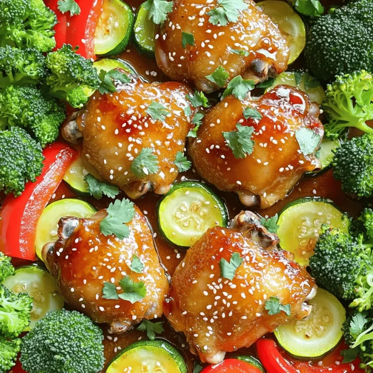 - Hähnchenschenkel: Diese geben dem Gericht einen saftigen Geschmack und sind einfach zu zubereiten. - Honig und Knoblauch: Honig sorgt für die Süße, während Knoblauch einen tollen Geschmack hinzufügt. - Gemüseauswahl: Ich nutze rote Paprika, Zucchini und Brokkoli. Diese Farben machen das Gericht schön und appetitlich. - Sojasauce und Apfelessig: Diese beiden sorgen für einen tollen Umami-Geschmack und eine leichte Säure. - Frischer Ingwer: Ingwer bringt einen würzigen Kick in die Sauce. Er ist frisch und aromatisch. - Sesamöl, Salz und Pfeffer: Sesamöl gibt einen nussigen Geschmack. Salz und Pfeffer sind wichtig für die Würze. Für das vollständige Rezept, schau dir die [Full Recipe] an. Heize zuerst deinen Ofen auf 200°C vor. Dies sorgt für eine gleichmäßige Garung. Lege ein großes Backblech mit Backpapier aus. So bleibt es sauber und die Reinigung wird leicht. Jetzt bereite die Sauce vor. Nimm eine kleine Schüssel und mische die folgenden Zutaten: - 3 Esslöffel Honig - 4 Knoblauchzehen, fein gehackt - 1 Esslöffel Sojasauce - 1 Esslöffel Apfelessig - 1 Teelöffel frischer Ingwer, gerieben - 1 Teelöffel Sesamöl - 1 Teelöffel schwarzer Pfeffer - 1 Teelöffel Salz Rühre alles gut um, bis die Sauce gut vermischt ist. Platziere die Hähnchenschenkel auf einer Seite des Backblechs. Gieße die Hälfte der Sauce über das Hähnchen. Achte darauf, dass die Stücke gut bedeckt sind. Auf der anderen Seite des Blechs füge das geschnittene Gemüse hinzu. Du kannst rote Paprika, Zucchini und Brokkoli verwenden. Träufle etwas Olivenöl darüber und streue Salz und Pfeffer. Mische alles vorsichtig, damit das Gemüse gut gewürzt ist. Jetzt gieße die restliche Sauce über das Gemüse. Wende es sanft, damit alle Stücke gleichmäßig bedeckt sind. Achte darauf, dass die Hähnchenschenkel mit der Haut nach oben liegen. Jetzt ist es Zeit, das Gericht in den Ofen zu schieben. Backe es 25-30 Minuten lang. Das Hähnchen ist fertig, wenn es eine Innentemperatur von 74°C erreicht. Die Haut sollte schön knusprig sein. Rühre das Gemüse einmal während des Garens um. Nach dem Backen nimm das Blech aus dem Ofen. Lass alles 5 Minuten ruhen. Vor dem Servieren kannst du das Gericht mit Sesamsamen und frischem Koriander garnieren. So sieht es noch ansprechender aus. Um die Haut des Hähnchens knusprig zu machen, lege die Hähnchenschenkel mit der Haut nach oben auf das Blech. Die hohe Hitze im Ofen hilft dabei. Achte darauf, das Hähnchen gut mit der Honig-Knoblauch-Sauce zu bedecken. So bleibt es saftig und bekommt Geschmack. Für gleichmäßig gegartes Gemüse schneide alle Stücke in ähnliche Größen. Wenn die Stücke gleich groß sind, garen sie gleichmäßig. Rühre das Gemüse während des Backens um. Das sorgt für eine schöne Bräunung an allen Seiten. Hast du keine Hähnchenschenkel? Du kannst auch Hähnchenbrust verwenden. Sie garen schneller, also passe die Backzeit an. Für eine pflanzliche Option nimm Tofu oder Tempeh. Wenn du Gemüse ändern möchtest, probiere Karotten oder grüne Bohnen. Diese sind ebenfalls lecker. Für glutenfreie Optionen verwende glutenfreie Sojasauce. Achte darauf, dass auch dein Honig keine Zusätze hat. Serviere das Hähnchen und Gemüse auf einer großen Platte. Das sieht hübsch aus und macht Appetit. Du kannst frischen Koriander und Sesamsamen darüber streuen. Diese Garnierungen bringen Farbe und Frische auf den Teller. Setze das Gericht neben etwas Reis oder Quinoa. Das gibt dem Essen mehr Struktur und macht es sättigender. {{image_4}} Du kannst das Rezept für Sheet Pan Honig Knoblauch Hähnchen leicht anpassen. Eine Honig-Senf-Variante ist lecker. Mische einfach 3 Esslöffel Honig mit 2 Esslöffeln Dijon-Senf. Diese Mischung gibt dem Hähnchen einen tollen, würzigen Kick. Eine andere Option ist die Zitrus-Honig-Option. Verwende den Saft von 1 Orange und 1 Zitrone zusammen mit dem Honig. Diese frischen Aromen erhellen das Gericht und bringen einen tollen Geschmack. Das Gericht passt gut zu vielen Beilagen. Reis oder Quinoa sind perfekte Optionen. Sie nehmen die köstliche Sauce gut auf und fügen eine nahrhafte Basis hinzu. Ein grüner Salat ist eine weitere gute Wahl. Ein einfacher Salat mit frischem Gemüse sorgt für einen tollen Kontrast. Wenn du etwas mehr brauchst, serviere frisches Brot dazu. Es ist ideal, um die restliche Sauce aufzusaugen. Für das vollständige Rezept, schaue dir die [Full Recipe] an. Um deine leckeren Reste von Sheet Pan Honig Knoblauch Hähnchen frisch zu halten, empfehle ich folgende Schritte: - Im Kühlschrank aufbewahren: Lass das Gericht zuerst abkühlen. Danach lege die Reste in einen luftdichten Behälter. So bleiben sie für 3 bis 4 Tage frisch. - Tipps zum Einfrieren: Du kannst das Hähnchen und das Gemüse auch einfrieren. Teile sie in Portionen auf und lege sie in gefriergeeignete Beutel. So bleiben sie bis zu 3 Monate haltbar. Achte darauf, die Luft gut herauszudrücken. Wenn es Zeit ist, die Reste wieder aufzuwärmen, hast du zwei gute Optionen: - Mikrowelle vs. Ofen: Die Mikrowelle ist schnell. Stelle die Reste in eine mikrowellengeeignete Schüssel und decke sie ab. Erhitze sie in Intervallen von 1 Minute, bis sie warm sind. Der Ofen bringt das Gericht wieder knusprig zurück. Heize ihn auf 180°C vor, lege die Reste auf ein Backblech und erwärme sie 15 bis 20 Minuten. - Empfohlene Zeit und Temperatur: Achte darauf, dass das Hähnchen eine Innentemperatur von 74°C erreicht, bevor du es servierst. So bleibt es sicher und lecker. Die Vorbereitungszeit beträgt nur 10 Minuten. Die Gesamtzeit für das Gericht liegt bei 40 Minuten. Diese schnelle Zubereitung macht es perfekt für ein schnelles Abendessen. Ja, du kannst das Rezept ganz einfach anpassen. Für das Hähnchen kannst du Brustfilets verwenden, wenn du magst. Du kannst auch das Gemüse variieren. Karotten, Brokkoli oder sogar grüne Bohnen passen gut. Wenn du es schärfer magst, füge etwas rote Paprika oder Chili hinzu. Absolut! Sheet Pan Honig Knoblauch Hähnchen eignet sich prima für Meal Prep. Du kannst die Hähnchenteile und das Gemüse im Voraus vorbereiten und in den Kühlschrank stellen. Am nächsten Tag musst du nur noch alles auf ein Blech legen und backen. So sparst du Zeit und hast gesunde Mahlzeiten bereit. Dieses Gericht kombiniert die Hauptzutaten Hähnchen, Honig, Knoblauch und Gemüse. Meticüs gewählt, unterstützen die Gewürze eine tolle Geschmacksvielfalt. Mit der Schritt-für-Schritt-Anleitung gelingt dir dieses Rezept sicher. Denke an die Tipps für perfekte Ergebnisse und kreative Variationen. Die Aufbewahrung deiner Reste ist einfach und macht zukünftige Mahlzeiten leicht. Wenn du das Gericht anpasst, wird es nie langweilig. Experimentiere mit Stilen und finde deinen Favoriten. Du wirst bald die positive Resonanz deiner Familie genießen!