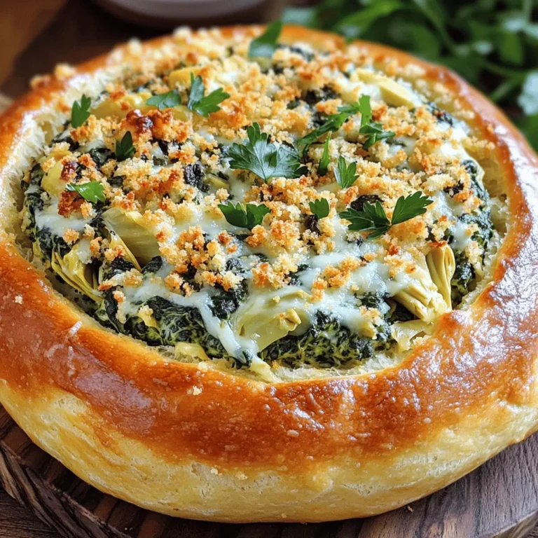 - 1 großes rundes Sauerteigbrot - 1 Tasse frischer Spinat, grob gehackt - 1 Tasse Artischockenherzen aus der Dose, abgetropft und grob gehackt - 1 Tasse Frischkäse, weich gerührt - 1/2 Tasse griechischer Joghurt Egal, ob du ein Fest planst oder einfach nur einen Snack magst, die Hauptzutaten sind wichtig. Das Sauerteigbrot gibt dir die perfekte Basis. Frischer Spinat bringt Farbe und Nährstoffe. Artischockenherzen fügen einen tollen Geschmack hinzu. Frischkäse und Joghurt sorgen für Cremigkeit. Diese Mischung macht dein Brot besonders lecker. - 1 Tasse geriebener Mozzarella-Käse - 1/2 Tasse geriebener Parmesan-Käse Käse macht alles besser! Mozzarella sorgt für die perfekte Schmelzschicht. Parmesan gibt einen kräftigen, salzigen Geschmack. Du kannst auch andere Käsesorten nutzen, wenn du möchtest. Experimentiere mit deinem Lieblingskäse für neue Geschmackserlebnisse. - 2 Knoblauchzehen, fein gehackt - 1 Teelöffel Zitronensaft - 1/2 Teelöffel rote Chiliflocken - Salz und Pfeffer nach Geschmack - Frische Petersilie zur Garnitur (optional) Gewürze sind der Schlüssel zum Geschmack. Knoblauch bringt eine schöne Tiefe. Zitronensaft fügt Frische hinzu. Chiliflocken geben einen kleinen Kick. Salz und Pfeffer runden das Ganze ab. Du kannst die Petersilie als schöne Garnitur nutzen. Sie macht das Brot nicht nur hübsch, sondern bringt auch einen frischen Geschmack. Für die genauen Mengen und Zubereitung kannst du die Full Recipe anschauen. - Heize den Ofen auf 190 °C vor. - Schneide den Deckel des Sauerteigbrotes ab und höhle das Innere aus. - Vermenge Spinat und Artischocken mit Frischkäse, Joghurt und Käse. - Würze die Mischung mit Knoblauch, Zitronensaft, Chiliflocken, Salz und Pfeffer. - Fülle die Mischung in das Brot und bestreue es mit Brotkrümeln. - Backe das Brot 25-30 Minuten, bis es goldbraun und blubbernd ist. Für die vollständige Anleitung und Zutaten schau dir das [Full Recipe] an. Die Füllung ist der Schlüssel zu einem großartigen Spinats-Artischocken-Brot. Achten Sie darauf, die Füllung gut zu mischen. Eine gleichmäßige Konsistenz sorgt dafür, dass jeder Bissen lecker ist. Verwenden Sie frischen Spinat und gut abgetropfte Artischockenherzen. Der Frischkäse und der Joghurt machen die Füllung cremig. Fügen Sie die Gewürze langsam hinzu, um den Geschmack perfekt abzustimmen. Die Präsentation macht den Genuss noch besser! Servieren Sie das gefüllte Brot auf einem schönen Holzbrett. Schneiden Sie es in Keile, damit jeder einfach zugreifen kann. Stellen Sie eine kleine Schüssel mit zusätzlichem Dip daneben. Dieser Dip kann die gleiche Füllung sein oder ein einfacher Joghurt-Dip. Frische Petersilie oben drauf gibt einen tollen Farbkontrast. Um Überlaufen der Füllung zu vermeiden, füllen Sie das Brot vorsichtig. Drücken Sie die Mischung leicht nach unten, ohne sie zu überfüllen. Achten Sie auf die Backzeit und Temperatur. Ein zu heißer Ofen kann das Brot verbrennen. Überprüfen Sie nach 25 Minuten, ob das Brot goldbraun und der Käse geschmolzen ist. Wenn nicht, lassen Sie es ein paar Minuten länger. So wird Ihr Spinats-Artischocken-Brot immer ein Hit! {{image_4}} Für mehr Vielfalt kannst du verschiedene Gemüsearten verwenden. Pilze und Paprika sind tolle Ergänzungen. Sie bringen neue Geschmäcker und Texturen in dein Brot. Du kannst auch gewürztes Hühnchen oder Schinken hinzufügen. Diese Füllungen machen das Brot noch sättigender und herzhaft. Experimentiere mit Kräutern, um die Aromen zu verstärken. Wenn du glutenfrei essen musst, gibt es viele Optionen. Suche nach glutenfreiem Brot, das gut hält. Viele Supermärkte bieten jetzt solche Brote an. Du kannst die Füllung anpassen, indem du glutenfreie Produkte verwendest. Achte darauf, dass alle Zutaten sicher sind. So bleibt dein Genuss ohne Sorgen. Für eine vegane Variante nimm pflanzenbasierte Käsealternativen. Sie sind oft genauso lecker wie der echte Käse. Statt Joghurt kannst du auch eine pflanzliche Creme verwenden. Achte darauf, frisches Gemüse zu wählen. Spinat und Artischocken bleiben gute Optionen. So hast du eine köstliche, vegane Füllung. Egal für welche Variation du dich entscheidest, das Rezept bleibt einfach und lecker. Probiere die verschiedenen Möglichkeiten aus! Für die vollständige Anleitung schau dir die [Full Recipe] an. Um dein Spinat-Artischocken gefülltes Brot frisch zu halten, lagere es in einer luftdichten Box. So bleibt das Brot weich und die Füllung lecker. Du kannst das gefüllte Brot bis zu drei Tage im Kühlschrank aufbewahren. Achte darauf, es gut abzudecken, um Trockenheit zu vermeiden. Wenn du das Brot länger aufbewahren möchtest, kannst du es einfrieren. Wickel das gefüllte Brot fest in Alufolie oder Frischhaltefolie. Lege es dann in einen Gefrierbeutel. So bleibt es bis zu drei Monate frisch. Wenn du bereit bist, es zu essen, nimm das Brot aus dem Gefrierfach und lasse es über Nacht im Kühlschrank auftauen. Um es wieder warm zu machen, lege es bei 180 °C für 15-20 Minuten in den Ofen. Falls du Füllung übrig hast, sei kreativ! Du kannst die Mischung auf Nachos geben oder in Wraps verwenden. Auch als Pizza-Belag macht die Restfüllung Spaß. Sie passt gut zu frischem Gemüse oder als Aufstrich auf Crackern. So verwertest du alles und vermeidest Verschwendung. Das Brot sollte 25 bis 30 Minuten backen. Achte darauf, dass der Käse blubbert und das Brot goldbraun ist. Wenn du das Brot länger backst, wird es knuspriger. Überprüfe es nach 25 Minuten, um sicherzugehen, dass es nicht zu dunkel wird. Ja, du kannst das Brot im Voraus zubereiten. Mache die Füllung bis zu zwei Tage vorher und lagere sie im Kühlschrank. Höhle das Brot aus und fülle es dann kurz vor dem Backen. So bleibt das Brot frisch, und der Geschmack ist intensiver. Du kannst verschiedene Dips servieren. Ein klassischer Spinat-Artischocken-Dip passt perfekt. Hummus, Salsa oder ein cremiger Käse-Dip sind auch tolle Optionen. Diese Dips bringen zusätzlichen Geschmack und machen das Essen noch besser. In diesem Artikel haben wir die besten Zutaten für gefülltes Sauerteigbrot untersucht. Wir haben Schritt-für-Schritt-Anleitungen zur Zubereitung, Backzeit und kreative Ideen zur Verwendung von Resten vorgestellt. Abschließend kann ich sagen, dass dieses Rezept einfach und vielseitig ist. Du kannst es anpassen und mit verschiedenen Füllungen experimentieren. Probiere es aus und genieße dein leckeres, selbstgemachtes Brot!