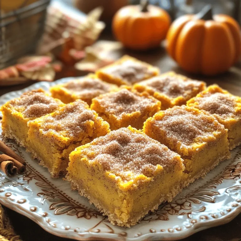 Für die Snickerdoodle Pumpkin Bars brauchen wir frische und einfache Zutaten. Hier sind die Hauptzutaten: - 1 Tasse Kürbispüree aus der Dose - 1/2 Tasse geschmolzenes Kokosöl (oder ungesalzene Butter) - 1 Tasse brauner Zucker, fest verpackt - 1/2 Tasse Kristallzucker - 2 große Eier - 1 Teelöffel Vanilleextrakt - 1 1/2 Tassen Allzweckmehl - 1 Teelöffel Backpulver - 1 Teelöffel Natron - 1 Teelöffel gemahlener Zimt - 1/2 Teelöffel gemahlener Ingwer - 1/4 Teelöffel gemahlene Muskatnuss - 1/4 Teelöffel Salz Diese Zutaten sorgen für einen tollen Geschmack und eine tolle Textur. Das Kürbispüree macht die Bars saftig und die Gewürze geben ihnen den klassischen Herbstgeschmack. Das Zimt-Zucker-Topping ist ein Muss für diese Bars. Es bringt den süßen und würzigen Geschmack zusammen. Hier sind die Zutaten: - 2 Esslöffel Kristallzucker - 1 Esslöffel gemahlener Zimt Die Mischung aus Zucker und Zimt gibt den Bars eine schöne, knusprige Oberfläche. Es ist einfach und macht einen großen Unterschied. Achte darauf, frische Zutaten zu verwenden. Das Kürbispüree sollte ohne Zusatzstoffe sein. Wenn du kein Kokosöl magst, kannst du auch ungesalzene Butter verwenden. Die Wahl von braunem Zucker macht die Bars besonders feucht und süß. Du kannst auch andere Gewürze wie Muskatnuss ausprobieren, um den Geschmack zu variieren. Wenn du Allergien hast, achte auf die Zutatenliste. Du kannst die Bars leicht anpassen, um sie für alle sicher zu machen. Wenn du mehr über die Zubereitung erfahren möchtest, schau dir das Full Recipe an. Zuerst heizen Sie den Backofen auf 175°C vor. Dies ist wichtig, damit die Bars gleichmäßig backen. Nehmen Sie eine 9x13-Zoll Backform und fetten Sie sie gut ein. Alternativ können Sie auch Backpapier verwenden. So lassen sich die Bars später leicht herausnehmen. In einer großen Schüssel geben Sie 1 Tasse Kürbispüree, 1/2 Tasse geschmolzenes Kokosöl, 1 Tasse braunen Zucker und 1/2 Tasse Kristallzucker. Mit einem Schneebesen gut verrühren, bis alles gleichmäßig ist. Fügen Sie dann 2 große Eier und 1 Teelöffel Vanilleextrakt hinzu. Rühren Sie weiter, bis die Mischung glatt ist. In einer anderen Schüssel mischen Sie die trockenen Zutaten. Dazu gehören 1 1/2 Tassen Allzweckmehl, 1 Teelöffel Backpulver, 1 Teelöffel Natron, 1 Teelöffel gemahlener Zimt, 1/2 Teelöffel gemahlener Ingwer, 1/4 Teelöffel gemahlene Muskatnuss und 1/4 Teelöffel Salz. Vermengen Sie alles gut. Geben Sie die trockenen Zutaten nach und nach zur nassen Mischung. Rühren Sie vorsichtig, aber nicht zu lange, um die Bars zart zu halten. Gießen Sie den Teig in die vorbereitete Backform und verteilen Sie ihn gleichmäßig. In einer kleinen Schüssel mischen Sie 2 Esslöffel Kristallzucker mit 1 Esslöffel gemahlenem Zimt. Streuen Sie diese Mischung großzügig über den Teig. Backen Sie die Bars für 25-30 Minuten. Überprüfen Sie mit einem Zahnstocher, ob sie fertig sind. Wenn der Zahnstocher sauber herauskommt, sind die Bars bereit. Lassen Sie sie 10 Minuten in der Form abkühlen. Dann legen Sie sie auf ein Kuchendrahtgitter, um vollständig abzukühlen. Nach dem Abkühlen schneiden Sie die Bars in Quadrate und genießen! Für die Präsentation empfehle ich, sie auf einem schönen Teller zu servieren. Ein häufiger Fehler ist das Messen der Zutaten. Verwende immer eine Küchenwaage oder einen Messbecher. Achte darauf, dass dein Kürbispüree gut abgetropft ist. Zu viel Flüssigkeit kann die Bars matschig machen. Rühre den Teig nicht zu lange. Das macht die Bars hart und trocken. Du kannst die Bars leicht anpassen. Füge Walnüsse oder Pekannüsse hinzu, um Crunch zu bekommen. Ein Hauch von Schokoladenstückchen macht sie noch leckerer. Experimentiere mit Gewürzen wie Muskatnuss oder Nelken für einen anderen Geschmack. Lass die Bars nach dem Backen gut abkühlen. Sie sind am besten, wenn sie kühl sind. Serviere sie auf einem schönen Teller. Bestäube sie leicht mit Puderzucker für einen süßen Look. Wenn du sie festlich gestalten willst, lege einen Zimtstick daneben. Für das vollständige Rezept, schaue auf die Seite mit dem Full Recipe. {{image_4}} Ich liebe es, mit neuen Zutaten zu experimentieren. Sie können Nüsse oder Schokoladenstückchen in den Teig geben. Walnüsse oder Pekannüsse bringen einen tollen Crunch. Schokoladenstückchen fügen eine süße Note hinzu. Fügen Sie etwa 1/2 Tasse hinzu, um die Bars noch besser zu machen. Wenn Sie eine vegane Option möchten, ist das ganz einfach. Ersetzen Sie die Eier durch Leinsamen-Eier. Mischen Sie dazu 1 Esslöffel Leinsamen mit 2 Esslöffeln Wasser. Lassen Sie es 5 Minuten stehen, bis es dick wird. Verwenden Sie auch Pflanzenöl anstelle von Butter. So bleiben die Bars lecker und vegan. Für eine glutenfreie Version nutzen Sie einfach glutenfreies Mehl. Achten Sie darauf, dass das Mehl gut gemischt ist. Auch die anderen Zutaten bleiben gleich. So können auch Menschen mit Glutenunverträglichkeit genießen. Diese Variationen machen die Snickerdoodle Pumpkin Bars für alle zugänglich. Probieren Sie es aus und finden Sie Ihre Lieblingsversion! Um Snickerdoodle Pumpkin Bars frisch zu halten, lege sie in einen luftdichten Behälter. Dies bewahrt ihre Feuchtigkeit und ihren Geschmack. Stelle sicher, dass die Bars vollständig abgekühlt sind, bevor du sie lagerst. So vermeidest du Kondenswasser im Behälter. Um die Haltbarkeit zu verlängern, lagere die Bars im Kühlschrank. Sie bleiben dort bis zu einer Woche frisch. Du kannst auch ein Stück Papier zwischen die Bars legen. Das hilft, sie voneinander zu trennen und verhindert, dass sie zusammenkleben. Um die Snickerdoodle Pumpkin Bars für längere Zeit zu lagern, friere sie ein. Schneide die Bars in Stücke und lege sie in einen Gefrierbeutel. Drücke die Luft heraus und verschließe den Beutel gut. So bleiben sie bis zu drei Monate frisch. Wenn du sie essen möchtest, lasse sie über Nacht im Kühlschrank auftauen. So sind sie bereit, genossen zu werden. Für das vollständige Rezept kannst du auf die Seite mit dem Full Recipe gehen. Snickerdoodle Pumpkin Bars bleiben frisch, wenn man sie richtig lagert. Sie halten sich etwa 3 bis 5 Tage bei Raumtemperatur. Bewahre sie in einem luftdichten Behälter auf. Für eine längere Haltbarkeit empfehle ich, sie im Kühlschrank zu lagern. Dort bleiben sie bis zu einer Woche frisch. Wenn du sie länger aufbewahren möchtest, friere sie einfach ein. In einem gefrierfesten Behälter halten sie bis zu drei Monate. Ja, du kannst das Kürbispüree selbst machen. Frisches Kürbisfleisch ist oft geschmackvoller. Wähle einen kleinen Hokkaido- oder Muskatkürbis. Halbiere ihn und entferne die Kerne. Backe die Kürbishälften bei 190°C, bis sie weich sind, etwa 45 Minuten. Lasse sie abkühlen und püriere das Fleisch zu einer glatten Masse. Dieses selbstgemachte Püree ist perfekt für die Snickerdoodle Pumpkin Bars. Auf jeden Fall! Snickerdoodle Pumpkin Bars sind einfach zuzubereiten. Die Schritte sind klar und leicht nachvollziehbar. Du benötigst keine speziellen Kochkenntnisse. Das Mischen der Zutaten macht Spaß und ist schnell erledigt. Jeder kann diese Bars backen und sie sind ideal, um Freunde oder Familie zu beeindrucken. Außerdem kannst du das Rezept nach Belieben anpassen. Probiere die Full Recipe für weitere Details! Die Snickerdoodle Pumpkin Bars sind einfach und lecker. Wir haben die Hauptzutaten besprochen, das perfekte Backen erklärt, sowie Tipps zur Lagerung gegeben. Jede Variation macht die Bars noch spannender. Ich hoffe, du fühlst dich bereit, diese köstlichen Bars auszuprobieren. Sie sind ideal für jeden Anlass. Denke daran, die häufigsten Fehler zu vermeiden und die Tipps zu beachten. Dann wirst du die besten Snickerdoodle Pumpkin Bars genießen!