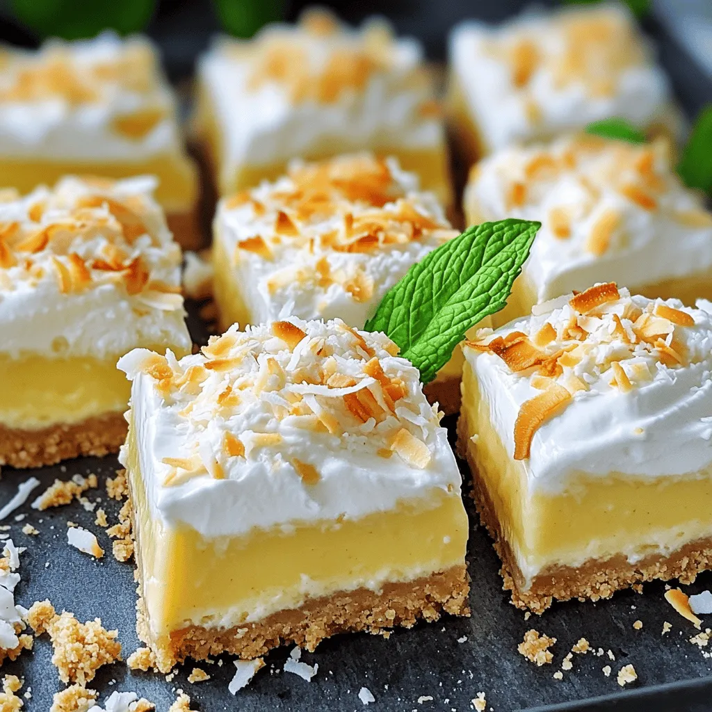 Für die Kruste brauchen wir: - 1 Tasse Weizenmehl - 1/4 Tasse Puderzucker - 1/2 Tasse ungesalzene Butter, geschmolzen Diese Zutaten bilden die Basis der Riegel. Das Mehl gibt Struktur, der Puderzucker sorgt für Süße, und die Butter macht die Kruste zart. Für die cremige Füllung verwenden wir: - 1 Dose (400 g) Kokoscreme - 1 Tasse Kristallzucker - 1/4 Tasse Maisstärke - 4 große Eigelbe Die Kokoscreme bringt den tollen Kokosgeschmack. Der Zucker süßt die Füllung, und die Maisstärke hilft, sie dick zu machen. Die Eigelbe geben der Füllung eine schöne, reiche Textur. Zur Garnitur benötigen wir: - 1 Tasse Schlagsahne - 2 Esslöffel Puderzucker (zum Schlagen) - Geröstete Kokosflocken (zum Garnieren) Die Schlagsahne macht die Riegel luftig und leicht. Der Puderzucker süßt die Sahne, und die gerösteten Kokosflocken geben einen tollen Crunch und viel Geschmack. Kombiniere diese Zutaten mit der Zubereitung im [Full Recipe], um köstliche Kokoscreme-Pie-Riegel zu zaubern. Heize deinen Ofen auf 180°C vor. In einer mittelgroßen Schüssel vermenge 1 Tasse Weizenmehl und 1/4 Tasse Puderzucker. Gieße 1/2 Tasse geschmolzene Butter dazu. Rühre gut, bis du eine krümelige Teigmischung hast. Drücke die Teigmischung gleichmäßig in eine 20x20 cm große Backform. Verteile 1 Tasse gesüßte Kokosnussflocken darüber. Backe die Kruste für 15-20 Minuten, bis sie goldbraun ist. Lass sie danach leicht abkühlen. In einem mittelgroßen Topf vermische 1 Dose Kokoscreme, 1 Tasse Kristallzucker, 1/4 Tasse Maisstärke und 1/2 Teelöffel Salz. Stelle den Topf bei mittlerer Hitze. Rühre, bis die Mischung warm ist. Füge dann 4 große Eigelbe hinzu und rühre weiter. Die Mischung sollte eindicken und blubbern, das dauert etwa 5-7 Minuten. Nimm den Topf vom Herd und füge 1 Esslöffel Vanilleextrakt hinzu. Gieße die Kokosfüllung gleichmäßig über die gebackene Kruste. Lass die Riegel bei Raumtemperatur für 1 Stunde abkühlen. Stelle sie dann für mindestens 3-4 Stunden in den Kühlschrank, bis sie fest sind. Für das Sahnetopping schlage 1 Tasse Schlagsahne mit 2 Esslöffeln Puderzucker, bis steife Spitzen entstehen. Verteile die Schlagsahne gleichmäßig über die gekühlte Kokosfüllung. Vor dem Servieren kannst du die Riegel mit gerösteten Kokosflocken bestreuen. Die Füllung ist der Schlüssel zu einem guten Kokoscreme-Pie-Riegel. Um die richtige Dicke zu erreichen, achte darauf, die Mischung gut zu rühren. Beginne mit mittlerer Hitze und bringe sie langsam zum Kochen. Das dickt die Füllung gut ein. Verwende eine Mischung aus Kokoscreme und Eigelb. Das sorgt für eine cremige Textur. Lass die Füllung nicht zu lange kochen, sonst wird sie klumpig. Du kannst die Textur deiner Riegel ändern, indem du frische Kokosnuss hinzufügst. Frische Kokosnuss hat einen tollen Biss. Du kannst auch verschiedene Toppings ausprobieren. Zum Beispiel kannst du geröstete Nüsse oder Schokoladenstückchen verwenden. Diese geben einen zusätzlichen Crunch und neuen Geschmack. Sei kreativ! Ein häufiges Problem ist, wenn die Füllung zu dünn bleibt. Das passiert, wenn du die Maisstärke nicht richtig einrührst. Achte darauf, dass sie gut in der Mischung verteilt ist. Wenn die Riegel zu fest werden, kann das an zu langem Kühlen liegen. Lass sie nicht zu lange im Kühlschrank. Ein anderer Fehler ist, die Riegel zu früh zu schneiden. Sie sollten gut fest sein, bevor du sie in Stücke schneidest. So bleiben sie stabil und sehen gut aus. {{image_4}} Für eine vegane Variante kannst du die Eier durch Chia- oder Leinsamen ersetzen. Mische dazu 1 Esslöffel Chiasamen oder Leinsamen mit 3 Esslöffeln Wasser. Lass die Mischung einige Minuten stehen, bis sie gelartig wird. Du kannst auch die Butter durch Kokosöl oder vegane Margarine ersetzen. Das gibt der Kruste einen tollen Geschmack. Wenn du Abwechslung magst, füge Limette oder Schokolade hinzu. Für Limettengeschmack, nimm den Saft und die Schale von einer Limette. Rühre diese in die Kokosfüllung ein. Für Schokolade, schmelze 100 g Zartbitterschokolade und mische sie in die Füllung. Beide Varianten bieten einen neuen Twist und machen die Riegel spannend. Für kleine Snacks schneide die Riegel in Mini-Versionen. Du kannst auch große Blechkuchen machen. Benutze eine größere Backform und backe die Riegel länger. Achte darauf, dass die Füllung gut dick wird, damit sie nicht zerfällt. So hast du viele Portionen für eine Feier oder einen gemütlichen Abend. Die Kokoscreme-Pie-Riegel sollten im Kühlschrank aufbewahrt werden. Lege sie in einen luftdichten Behälter. So bleiben sie frisch und lecker. Sie halten sich bis zu fünf Tage. Achte darauf, dass sie gut abgedeckt sind, um Trockenheit zu vermeiden. Das Einfrieren der Riegel ist einfach. Schneide sie in Portionen, bevor du sie einfrierst. Wickel jedes Stück in Plastikfolie. Lege die eingewickelten Riegel in einen Gefrierbeutel. So bleiben sie bis zu drei Monate haltbar. Zum Auftauen, lasse sie einfach im Kühlschrank über Nacht. Nach der Lagerung kannst du die Riegel schön präsentieren. Schneide sie in gleichmäßige Stücke und lege sie auf einen dekorativen Teller. Bestreue jedes Stück mit gerösteten Kokosflocken. Füge ein frisches Minzblatt hinzu, um Farbe hinzuzufügen. So sehen die Riegel einladend aus und schmecken noch besser. Kokoscreme-Pie-Riegel halten sich im Kühlschrank etwa 4 bis 5 Tage. Bewahre sie in einem luftdichten Behälter auf. So bleiben sie frisch und lecker. Achte darauf, sie nicht zu lange stehen zu lassen. Der Geschmack und die Textur sind dann am besten. Ja, du kannst die Schlagsahne weglassen. Eine gute Alternative ist Kokoscreme. Sie macht die Riegel reichhaltig und cremig. Du kannst auch eine pflanzliche Sahne verwenden. Diese Optionen sind leicht zu finden und passen gut zu dem Rezept. Wenn du keine Kokoscreme hast, gibt es viele Optionen. Du kannst auch Vanillepudding verwenden. Er gibt den Riegeln eine süße, cremige Füllung. Eine weitere gute Wahl ist Mandelmilch. Sie hat einen milden Geschmack und passt gut zu den anderen Zutaten. Die Zutaten für die Kokoscreme-Pie-Riegel sind einfach und lecker. Du hast gelernt, wie man die Kruste backt und die Füllung zubereitet. Mit unseren Tipps hast du die perfekte Konsistenz erreicht und Fehler vermieden. Es gibt viele Variationen für jeden Geschmack, und die Riegel sind einfach aufzubewahren. Mach diese süßen Riegel zu einem Hit bei deinen Freunden und deiner Familie! Genieße das Backen und die verschiedenen Möglichkeiten. Jeden Biss wirst du lieben!