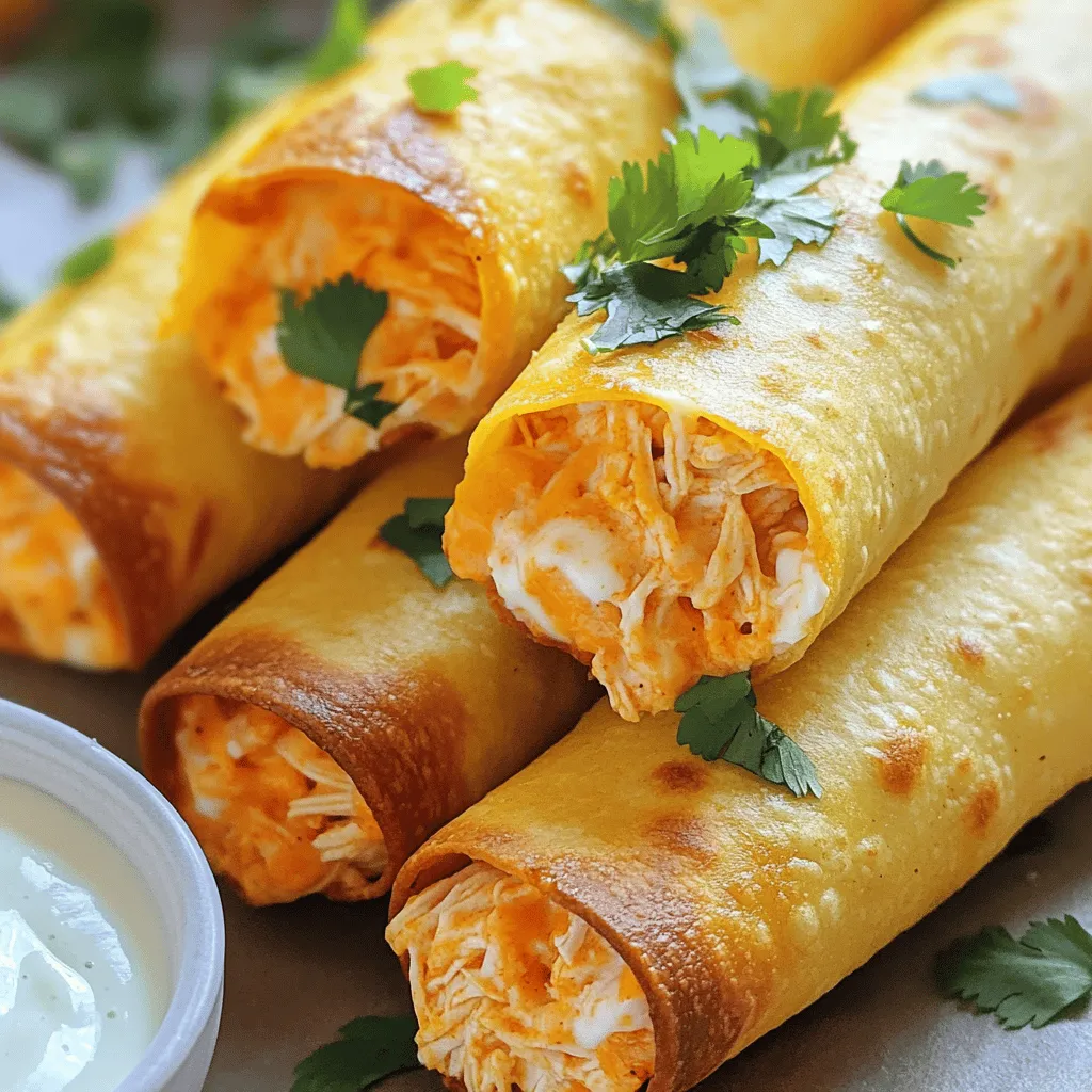 Für die Crispy Buffalo Chicken Taquitos benötigst du: - 2 Tassen gekochtes, zerrissenes Hähnchen - ½ Tasse Buffalo-Sauce (mild oder scharf, je nach Vorliebe) - 1 Tasse geriebener Cheddar-Käse - ¼ Tasse Frischkäse, weich gemacht - 1 Teelöffel Knoblauchpulver - 1 Teelöffel Zwiebelpulver - 8 kleine Weizen- oder Maistortillas - Öl zum Frittieren (Pflanzen- oder Rapsöl) - Frischer Koriander, gehackt (zum Garnieren) - Ranch- oder Blauschimmelkäse-Dressing (zum Dippen) Beginne mit dem Hähnchen. Du kannst Hähnchenbrust oder -schenkel verwenden. Koche es ganz, bis es zart ist. Dann zerriss das Hähnchen in kleine Stücke. Mische nun die Buffalo-Sauce, den geriebenen Cheddar und den Frischkäse in einer großen Schüssel. Rühre die Mischung gut um. Füge dann das Knoblauchpulver und das Zwiebelpulver hinzu. Diese Gewürze bringen tollen Geschmack in die Füllung. Falls du Buffalo-Sauce nicht findest, kannst du eine Mischung aus scharfer Sauce und Butter verwenden. Das gibt einen ähnlichen Geschmack. Für den Käse kannst du auch Gouda oder Monterey Jack nutzen, wenn Cheddar nicht da ist. Wenn du keine Tortillas findest, nimm Tortillawraps oder sogar große Salatblätter für eine andere Variante. Um die perfekten Crispy Buffalo Chicken Taquitos zu machen, starte mit der Füllung. Nimm eine große Schüssel und füge zwei Tassen gekochtes, zerrissenes Hähnchen hinzu. Gib dann eine halbe Tasse Buffalo-Sauce dazu. Du kannst milde oder scharfe Sauce verwenden, je nach deinem Geschmack. Jetzt kommt eine Tasse geriebener Cheddar-Käse und ein Viertel Tasse weich gemachter Frischkäse in die Schüssel. Auch ein Teelöffel Knoblauchpulver und ein Teelöffel Zwiebelpulver sind wichtig. Mische alles gut, bis das Hähnchen gleichmäßig überzogen ist. Jetzt bereite die Tortillas vor. Erhitze eine antihaftbeschichtete Pfanne auf mittlerer Hitze. Lege einige Tortillas hinein und wärme jede Seite etwa 10 Sekunden. So werden sie weich und flexibel. Nimm sie aus der Pfanne und gib 2-3 Esslöffel der Füllung in jede Tortilla. Rolle sie fest auf und klappe die Seiten ein. Du kannst sie mit einem Zahnstocher fixieren, wenn nötig. Erhitze in einer großen Pfanne etwa 1,5 cm Öl auf mittlerer bis hoher Hitze. Wenn das Öl heiß ist, lege die Taquitos vorsichtig hinein, nahtseitig nach unten. Frittiere sie für 2-3 Minuten auf jeder Seite, bis sie goldbraun und knusprig sind. Nimm sie aus der Pfanne und lasse sie auf Küchenpapier abtropfen. Serviere die Taquitos warm. Garniere sie mit frischem Koriander. Ein leckeres Ranch- oder Blauschimmelkäse-Dressing ist perfekt zum Dippen. Diese Kombination macht dein Essen noch besser! Du kannst die ganze Anleitung in der Full Recipe finden. Um die Taquitos extra knusprig zu machen, ist die Wahl des Öls wichtig. Verwende ein Öl mit hohem Rauchpunkt, wie Pflanzen- oder Rapsöl. Dies sorgt für eine knusprige Textur. Auch die Temperatur des Öls ist entscheidend. Achte darauf, dass das Öl richtig heiß ist, bevor du die Taquitos hineingibst. Ein einfacher Test: Wirf einen kleinen Teigrest ins Öl. Wenn es sofort zischt, ist es bereit. Die Taquitos brauchen nur 2-3 Minuten auf jeder Seite, um goldbraun zu werden. Die Schärfe der Buffalo-Sauce kann leicht angepasst werden. Wenn du es milder magst, wähle eine milde Sauce. Für mehr Schärfe kannst du scharfe Sauce oder sogar frische Chilis hinzufügen. Ein weiterer Trick ist, etwas Honig oder braunen Zucker zur Füllung hinzuzufügen. Dies balanciert die Schärfe aus und sorgt für eine interessante Geschmackskombination. Probiere verschiedene Mischungen aus, um deine perfekte Schärfe zu finden. Ein häufiger Fehler ist, die Tortillas nicht genug zu erhitzen. Wenn sie nicht flexibel sind, reißen sie beim Rollen. Achte darauf, sie kurz in der Pfanne zu erwärmen. Ein weiterer Fehler ist, die Taquitos zu dicht zu füllen. Das führt dazu, dass sie beim Frittieren aufplatzen. Fülle jede Tortilla nur leicht, um die perfekte Form zu behalten. Schließlich, lass die Taquitos nach dem Frittieren auf Küchenpapier abtropfen. So entfernst du überschüssiges Öl und hältst sie knusprig. Für das vollständige Rezept sieh dir die [Full Recipe] an. {{image_4}} Du kannst diese Taquitos leicht vegetarisch machen. Ersetze das Hähnchen durch schwarze Bohnen oder Linsen. Füge auch etwas Gemüse hinzu, wie Paprika oder Spinat. Das gibt mehr Geschmack und Nährstoffe. Verwende die gleiche Buffalo-Sauce für den scharfen Kick. Diese Optionen sind lecker und gesund. Experimentiere mit verschiedenen Füllungen. Du kannst Rindfleisch oder Pulled Pork verwenden. Auch ein Mix aus Käse und Gemüse ist möglich. Denke an Zutaten wie Jalapeños oder Mais. Jedes Mal wird das Ergebnis anders. So bleibt es spannend und neu. Frühstücks-Taquitos sind eine tolle Idee. Nutze Rührei, Käse und Gemüse als Füllung. Du kannst auch Wurst oder Speck hinzufügen. Diese Taquitos sind perfekt für den Morgen. Serviere sie mit Salsa oder Guacamole. So startest du deinen Tag lecker! Wenn du nach einem leckeren Essen Taquitos übrig hast, ist die richtige Lagerung wichtig. Lass die Taquitos zuerst auf einem Küchentuch abkühlen. Das verhindert, dass sie matschig werden. Danach kannst du sie in einen luftdichten Behälter legen. Stelle sicher, dass die Taquitos nicht übereinander liegen. So bleiben sie knusprig. Du kannst sie bis zu drei Tage im Kühlschrank aufbewahren. Um Taquitos länger frisch zu halten, friere sie ein. Wickel jede Taquito einzeln in Frischhaltefolie. Lege sie dann in einen Gefrierbeutel. Beschrifte den Beutel mit dem Datum. So weißt du, wie lange sie schon im Gefrierfach sind. Diese Methode hält die Taquitos bis zu drei Monate frisch. Wenn du sie essen möchtest, lass sie im Kühlschrank auftauen. Um die Taquitos wieder knusprig zu machen, heize eine Pfanne auf mittlerer Hitze vor. Lege die Taquitos hinein, ohne sie zu überladen. Brate sie für etwa fünf Minuten auf jeder Seite. Alternativ kannst du sie im Ofen bei 180 Grad Celsius für 10-15 Minuten aufwärmen. So bleiben sie knusprig und lecker. Du kannst auch die Taquitos in der Luftfritteuse auf 200 Grad Celsius für etwa 8 Minuten aufwärmen. Das gibt ihnen einen tollen Crunch. Für die vollständige Rezeptanleitung, schau dir die [Full Recipe] an. Um die besten Crispy Buffalo Chicken Taquitos zu machen, beginne mit frischem Hähnchen. Das zerrissene Hähnchen sollte gut mit der Buffalo-Sauce vermischt werden. Füge geriebenen Cheddar und Frischkäse hinzu, um die Füllung cremig zu machen. Rühre alles gut um. Achte darauf, die Tortillas vor dem Füllen zu erwärmen. So bleiben sie geschmeidig und brechen nicht. Rolle die Taquitos eng auf, um die Füllung sicher zu halten. Frittiere sie in heißem Öl, bis sie goldbraun sind. Dies sorgt für eine knusprige Textur. Ja, du kannst die Taquitos auch im Ofen backen. Heize den Ofen auf 200 Grad Celsius vor. Lege die Taquitos auf ein Backblech, das mit Backpapier ausgelegt ist. Sprühe sie leicht mit Öl ein, damit sie knusprig werden. Backe sie 15 bis 20 Minuten, bis sie goldbraun sind. Achte darauf, sie in der Mitte zu wenden. Dies sorgt dafür, dass sie gleichmäßig garen und schön knusprig werden. Für die Taquitos passen viele Dips gut. Ranch-Dressing ist eine beliebte Wahl. Es hat einen cremigen Geschmack, der gut mit der Schärfe der Taquitos harmoniert. Auch Blauschimmelkäse-Dressing ist lecker und bringt eine besondere Note. Du kannst auch Guacamole oder Salsa ausprobieren. Diese Dips sorgen für eine frische Note und ergänzen den scharfen Geschmack. In diesem Artikel haben wir alles über Taquitos abgedeckt. Wir sahen uns die Zutaten, die Zubereitung und Schritt-für-Schritt-Anleitungen an. Außerdem teilte ich Tipps für knusprige Ergebnisse und wie man häufige Fehler vermeidet. Variationen wie vegetarische Optionen und Frühstückstaquitos bieten viele Möglichkeiten. Zum Schluss besprachen wir, wie man Reste lagert und aufwärmt. Jetzt hast du all das Wissen, um köstliche Taquitos zu machen. Viel Spaß beim Ausprobieren!