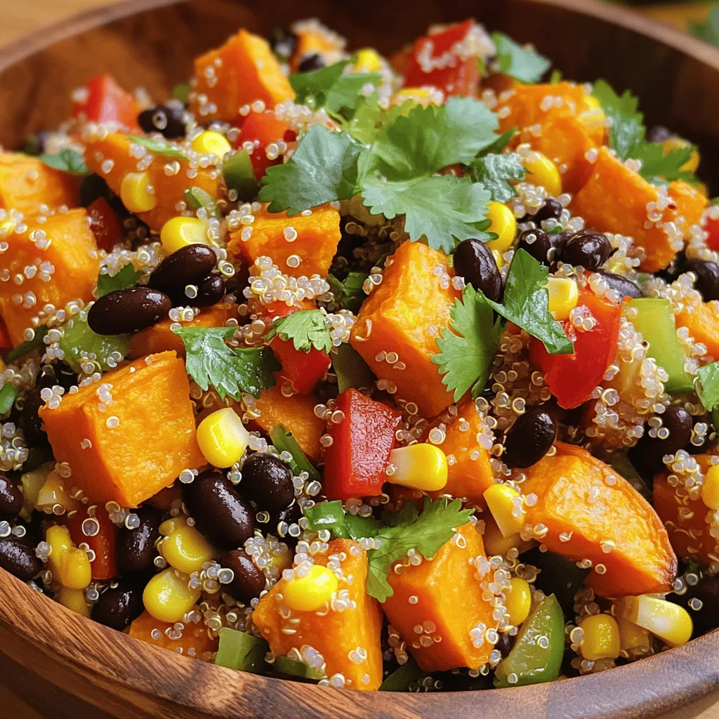 Um einen leckeren Süßkartoffel-Quinoa-Salat zuzubereiten, brauchst du: - 1 Tasse Quinoa, gut abgespült - 2 mittelgroße Süßkartoffeln, geschält und in Würfel geschnitten - 1 rote Paprika, gewürfelt - 1 Tasse schwarze Bohnen aus der Dose, abgetropft und abgespült - 1/2 Tasse Maiskörner (frisch oder gefroren) - 1/4 Tasse rote Zwiebel, fein gehackt - 1/4 Tasse frischer Koriander, grob gehackt - 2 Esslöffel Olivenöl - 2 Esslöffel Limettensaft - 1 Teelöffel Kreuzkümmel - 1 Teelöffel Chili-Pulver - Salz und Pfeffer nach Geschmack Verwende frische Süßkartoffeln für den besten Geschmack. Achte darauf, dass die Quinoa gut abgespült ist. Dies entfernt die Bitterstoffe und sorgt für einen besseren Geschmack. Auch die Bohnen sollten gut abgetropft sein, um überschüssige Flüssigkeit zu vermeiden. Frischer Koriander bringt ein tolles Aroma und Farbe in den Salat. Im Frühling und Sommer kannst du frische Erbsen oder Radieschen hinzufügen. Diese geben einen knackigen Biss. Im Herbst sind geröstete Kürbiswürfel eine tolle Ergänzung. Im Winter kannst du nach saisonalem Gemüse suchen, wie Rote Bete oder Grünkohl. Diese Zutaten machen deinen Salat noch bunter und gesünder. Für das vollständige Rezept schaue auf die [Full Recipe]. Zuerst heize den Ofen auf 200°C vor. Währenddessen schäle die Süßkartoffeln und schneide sie in kleine Würfel. Nimm eine mittelgroße Schüssel und vermenge die Süßkartoffeln mit 1 Esslöffel Olivenöl, Kreuzkümmel, Chili-Pulver, Salz und Pfeffer. Stelle sicher, dass alle Würfel gut bedeckt sind. Lege die Süßkartoffeln auf ein mit Backpapier ausgelegtes Blech. Röste sie für 20 bis 25 Minuten, bis sie zart und goldbraun sind. Wende die Süßkartoffeln in der Mitte der Garzeit, damit sie gleichmäßig bräunen. Während die Süßkartoffeln im Ofen sind, kannst du die Quinoa zubereiten. Nimm einen mittelgroßen Topf und vermenge 2 Tassen Wasser mit 1 Tasse gut abgespülter Quinoa. Bringe das Wasser zum Kochen, reduziere dann die Hitze und decke den Topf ab. Lass die Quinoa für etwa 15 Minuten köcheln, bis das Wasser ganz aufgesogen ist. Danach lockere die Quinoa mit einer Gabel auf und lasse sie abkühlen. In einer großen Schüssel kombinierst du nun die gekochte Quinoa, die gerösteten Süßkartoffeln, die gewürfelte rote Paprika, die schwarzen Bohnen, den Mais, die rote Zwiebel und den Koriander. In einer kleinen Schüssel vermischst du den restlichen 1 Esslöffel Olivenöl mit dem Limettensaft. Träufle diese Mischung über den Salat und vermenge alles vorsichtig. Probiere den Salat und passe die Gewürze nach Belieben an. Wenn du mehr Salz oder Pfeffer brauchst, füge sie hinzu. Du kannst dir das vollständige Rezept in der [Full Recipe] ansehen. Um den perfekten Sweet Potato Quinoa Salad zu machen, achte auf die Süßkartoffeln. Sie sollten gleichmäßig gewürfelt sein. So garen sie gleichmäßig im Ofen. Röste sie bis sie goldbraun und zart sind. Das gibt dem Salat mehr Geschmack. Die Quinoa ist der nächste Schritt. Spüle sie gut ab, um Bitterstoffe zu entfernen. Koche sie in der richtigen Menge Wasser. Die Quinoa sollte locker und fluffig sein, wenn sie fertig ist. Mischt die Zutaten in einer großen Schüssel. So sieht der Salat schön aus und schmeckt besser. Vergiss nicht, die Dressing-Zutaten gut zu vermengen. Das sorgt für einen tollen Geschmack. Du kannst dieses Rezept leicht anpassen. Wenn du keine schwarze Bohnen magst, nimm Kichererbsen oder Kidneybohnen. Das gibt dem Salat neuen Biss. Füge auch andere Gemüse hinzu. Avocado bringt Cremigkeit. Gurke sorgt für Frische. Saisonal frisches Gemüse macht den Salat noch besser. Wenn du einen anderen Geschmack magst, probiere Feta oder Ziegenkäse. Diese Käsearten ergänzen die Aromen gut. Süßkartoffeln sind reich an Vitaminen und Ballaststoffen. Sie unterstützen die Gesundheit deiner Augen. Quinoa ist ein tolles Getreide. Es enthält viel Protein und ist glutenfrei. Schwarze Bohnen sind gut für dein Herz. Sie haben viel Eiweiß und Ballaststoffe. Paprika bringt zusätzlich Vitamin C. Koriander hat auch gesundheitliche Vorteile. Er kann dein Immunsystem stärken. So wird dieser Salat nicht nur lecker, sondern auch gesund. Für das komplette Rezept schaue dir die [Full Recipe] an. {{image_4}} Feta-Käse bringt einen tollen Geschmack in diesen Salat. Der salzige Feta passt perfekt zu den süßen Süßkartoffeln. Um diesen Salat zuzubereiten, bröckeln Sie einfach 100 Gramm Feta über den fertigen Salat. Das sorgt für eine cremige Konsistenz und einen herzhaften Geschmack. Wenn Sie möchten, können Sie auch frische Minze oder Basilikum hinzufügen. Diese Kräuter geben dem Gericht eine frische Note. Für eine mediterrane Variante fügen Sie Zutaten wie schwarze Oliven und getrocknete Tomaten hinzu. Diese Zutaten bringen ein intensives Aroma in den Salat. Ein Spritzer Balsamico-Essig rundet den Geschmack ab. Um den Salat noch bunter zu machen, verwenden Sie gelbe Paprika anstelle von roter Paprika. Diese Farben machen den Salat schön und einladend. Avocado gibt dem Salat eine cremige Textur. Schneiden Sie eine reife Avocado in Würfel und fügen Sie sie hinzu. Der nussige Geschmack der Avocado passt gut zu den anderen Zutaten. Ein Spritzer Limettensaft verhindert, dass die Avocado braun wird. So bleibt der Salat frisch und appetitlich. Diese Kombination macht den Salat noch sättigender und perfekt für ein Mittagessen. Für das vollständige Rezept, schauen Sie sich den [Full Recipe] an. Um den Sweet Potato Quinoa Salad frisch zu halten, lagern Sie ihn an einem kühlen Ort. Der beste Platz ist der Kühlschrank. Die Zutaten sollten trocken und gut verpackt sein. So verhindern Sie, dass der Salat schlaff wird. Verwenden Sie einen luftdichten Behälter, damit er nicht austrocknet. Sie sollten den Salat im Kühlschrank aufbewahren. Decken Sie ihn gut ab oder verwenden Sie eine Schüssel mit Deckel. So bleibt der Geschmack erhalten. Der Sweet Potato Quinoa Salad hält sich für etwa drei bis fünf Tage. Überprüfen Sie ihn täglich auf Frische. Wenn er seltsam riecht oder seine Farbe ändert, entsorgen Sie ihn. Der Salat ist am besten, wenn er frisch ist. Nach ein paar Tagen kann die Textur etwas nachlassen. Dennoch bleibt er essbar. Wenn Sie ihn länger aufbewahren möchten, können Sie die Zutaten getrennt lagern. So bleibt der Salat knackig und frisch. Eine gute Idee ist, die Süßkartoffeln separat zu halten. Sie können sie dann frisch hinzufügen, wenn Sie bereit sind zu essen. Für das komplette Rezept besuchen Sie die [Full Recipe]. Süßkartoffel-Quinoa-Salat bleibt im Kühlschrank etwa 3 bis 5 Tage frisch. Die Zutaten sind gut haltbar. Achte darauf, den Salat in einem luftdichten Behälter aufzubewahren. So bleibt er länger knackig und lecker. Ja, du kannst den Salat im Voraus machen! Er schmeckt sogar besser, wenn die Aromen Zeit haben, sich zu vermischen. Bereite die Zutaten wie die Süßkartoffeln und die Quinoa vor. Mische alles kurz vor dem Servieren. So bleiben die Zutaten frisch und knackig. Ein einfaches Dressing aus Olivenöl und Limettensaft passt perfekt. Du kannst auch Joghurt oder Avocadodressing ausprobieren. Diese Dressings bringen das Gericht richtig zum Leben. Achte darauf, das Dressing erst kurz vor dem Servieren hinzuzufügen. So bleibt der Salat frisch und lecker. Für die vollständige Zubereitung des Salates, schaue dir das [Full Recipe] an. In diesem Artikel haben wir alles über den Süßkartoffel-Quinoa-Salat behandelt. Wir haben die Zutaten und die Schritt-für-Schritt-Anleitung besprochen. Tipps zur Zubereitung und Variationen hielten das Rezept interessant. Außerdem haben wir Lagerungshinweise gegeben, um den Salat frisch zu halten. Diese einfache, gesunde Mahlzeit bietet viele Vorteile. Experimentiere mit frischen Zutaten und finde deine Lieblingskombination. So bleibt der Salat immer spannend und lecker.