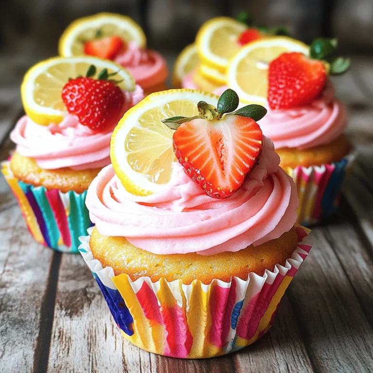 Die Hauptzutaten für die saftigen Erdbeer-Limonade Cupcakes sind einfach und frisch. Hier ist, was du brauchst: - 1 Tasse Weizenmehl - 1/2 Tasse Zucker - 1/2 Teelöffel Backpulver - 1/4 Teelöffel Natron - 1/4 Teelöffel Salz - 1/2 Tasse ungesalzene Butter, weich - 2 große Eier - 1/4 Tasse frisch gepresster Zitronensaft - Schale von 1 Zitrone - 1/2 Tasse Erdbeerpüree (frische Erdbeeren püriert) - 1/4 Tasse Milch - 1 Teelöffel Vanilleextrakt Mit diesen Zutaten kommst du der perfekten Mischung für die Cupcakes näher. Das Erdbeerpüree bringt den frischen Geschmack, während der Zitronensaft die Süße ausgleicht und einen tollen Kick gibt. Das Frosting macht die Cupcakes noch köstlicher. Du benötigst: - 1/2 Tasse ungesalzene Butter, weich - 2 Tassen Puderzucker - 1/4 Tasse Erdbeerpüree - 1 Esslöffel Zitronensaft - 1 Esslöffel Zitronenschale Für die Dekoration kannst du frische Erdbeeren und Zitronenscheiben verwenden. Diese geben den Cupcakes das gewisse Etwas und sehen schön aus. Wenn du mehr über die Zubereitung erfahren möchtest, schau dir die vollständige Rezeptanleitung an. Zuerst heize ich den Ofen auf 175°C vor. Ich lege ein Muffinblech mit 12 Förmchen aus. Dann mische ich in einer Schüssel das Weizenmehl, Backpulver, Natron und Salz. Ich stelle diese Mischung beiseite, während ich die feuchten Zutaten vorbereite. In einer großen Schüssel schlage ich die weiche Butter und den Zucker cremig. Das dauert etwa 2-3 Minuten. Dann füge ich die Eier nacheinander hinzu. Nach jedem Ei mixe ich gut durch. Jetzt gebe ich den Zitronensaft, die Zitronenschale und den Vanilleextrakt dazu. Alles gut vermengen. Ich nehme die trockenen Zutaten und rühre sie in die feuchte Mischung. Ich beginne und ende mit dem Mehl. Es ist wichtig, nur kurz zu rühren, bis alles gerade vermischt ist. Dann hebe ich vorsichtig das Erdbeerpüree unter. Jetzt fülle ich den Teig gleichmäßig in die Muffinförmchen. Jedes Förmchen fülle ich zu etwa zwei Dritteln. Dann schiebe ich das Blech in den Ofen und backe die Cupcakes 15-18 Minuten lang. Wenn ein Zahnstocher sauber herauskommt, sind sie fertig. Nach dem Backen lasse ich die Cupcakes 5 Minuten im Blech abkühlen. Dann lege ich sie auf ein Kuchengitter, um vollständig auszukühlen. Während sie abkühlen, bereite ich das Frosting vor. Für das Frosting schlage ich die weiche Butter cremig. Dann füge ich nach und nach den Puderzucker hinzu. Ich vermenge alles gut, bis eine glatte Creme entsteht. Das Erdbeerpüree, den Zitronensaft und die Zitronenschale gebe ich dazu. Ich rühre alles gut durch, bis es fluffig ist. Wenn die Cupcakes ganz ausgekühlt sind, dekoriere ich jeden mit dem Frosting. Ich verwende einen Spritzbeutel oder ein Messer. Nach Belieben setze ich frische Erdbeeren und Zitronenscheiben zur Dekoration darauf. Für das komplette Rezept verweise ich auf die vollständige Rezeptanleitung. Um perfekte Cupcakes zu backen, ist die Backzeit entscheidend. Backe sie bei 175°C für 15-18 Minuten. Verwende einen Zahnstocher, um zu testen. Wenn er sauber herauskommt, sind die Cupcakes bereit. Achte darauf, den Ofen vorzuheizen. So wird die Temperatur konstant. Um gleichmäßige Muffins zu erhalten, fülle die Förmchen gleichmäßig. Jedes Förmchen sollte etwa zu zwei Dritteln gefüllt sein. So backen sie gleichmäßig und schön. Das Frosting ist der Star deiner Cupcakes. Um eine geschmeidige Konsistenz zu erhalten, schlage die Butter zuerst cremig. Füge den Puderzucker langsam hinzu. So vermeidest du Klumpen. Mixe alles gut, bis die Creme fluffig wird. Du kannst das Frosting variieren. Probiere verschiedene Fruchtpürees aus. Erdbeeren und Zitronen passen gut zusammen. So gibst du deinem Frosting eine frische Note. Die richtige Dekoration macht den Unterschied. Verwende frische Erdbeeren und Zitronenscheiben. Ordne sie schön an, um das Auge zu erfreuen. Ein schöner Cupcake sieht einladend aus. Für einen besonderen Glanz benutze essbaren Glitzer. Das macht deine Cupcakes noch verlockender. Du kannst auch andere kleine Verzierungen verwenden. Sei kreativ und zeige deinen Stil! {{image_4}} Möchten Sie glutenfreie Cupcakes? Verwenden Sie einfach glutenfreies Mehl. Sie können auch Mandelmehl probieren. Für die Butter nehmen Sie Kokosöl oder vegane Margarine. Eier lassen sich gut durch Apfelmus ersetzen. Nutzen Sie 1/4 Tasse Apfelmus für jedes Ei. Achten Sie darauf, die Flüssigkeit im Teig etwas zu reduzieren. So bleibt der Teig nicht zu nass. Für einen frischen Kick, fügen Sie Limette oder Orange hinzu. Diese Zitrusfrüchte ergänzen die Erdbeeren perfekt. Sie können auch andere Fruchtpürees nutzen. Probieren Sie pürierte Himbeeren oder Pfirsiche. Diese Kombinationen bieten ein individuelles Geschmackserlebnis. Einfach die gleiche Menge Fruchtpüree verwenden. Experimentieren Sie, um Ihre Lieblingsmischung zu finden. Mini-Cupcakes sind eine tolle Idee für Partys. Halten Sie sich an das gleiche Rezept. Verwenden Sie einfach kleinere Förmchen. Die Backzeit verringert sich auf etwa 10-12 Minuten. Wenn Sie einen Kuchen backen wollen, verwenden Sie eine 20 cm Springform. Backen Sie den Kuchen für 25-30 Minuten. Stellen Sie sicher, dass der Kuchen gut durchgebacken ist, bevor Sie ihn herausnehmen. Um die Cupcakes frisch zu halten, lege sie in einen luftdichten Behälter. Stelle den Behälter in den Kühlschrank. So bleiben sie weich und lecker. Die Cupcakes halten sich im Kühlschrank bis zu einer Woche. Bei Raumtemperatur sind sie nur etwa drei Tage gut. Achte darauf, sie an einem kühlen, trockenen Ort zu lagern. Vermeide direkte Sonneneinstrahlung, da dies die Qualität beeinträchtigt. Möchtest du die Cupcakes länger aufbewahren? Dann friere sie ein! Lass die Cupcakes zuerst komplett abkühlen. Wickel jeden Cupcake in Frischhaltefolie ein. Lege sie dann in einen gefrierfesten Behälter. So bleiben sie bis zu drei Monate frisch. Zum Auftauen nimm die Cupcakes aus dem Gefrierfach. Lass sie bei Raumtemperatur auftauen. Das Frosting kann beim Einfrieren weicher werden. Es ist am besten, das Frosting frisch zuzubereiten, wenn du die Cupcakes auftauen möchtest. Wenn du das Frosting einfrierst, kann es seine Textur verlieren. Daher empfehle ich, das Frosting erst nach dem Auftauen hinzuzufügen. Erdbeer-Limonade Cupcakes bleiben frisch für 3 bis 5 Tage. Lagern Sie sie in einem luftdichten Behälter. So bleibt das Frosting weich und die Cupcakes saftig. Wenn Sie sie im Kühlschrank aufbewahren, können sie bis zu einer Woche halten. Achten Sie darauf, sie gut abzudecken, um Trockenheit zu vermeiden. Ja, Sie können frisches Obst in den Teig geben. Das bringt frische Aromen und Feuchtigkeit. Achten Sie jedoch darauf, dass zu viel Obst den Teig schwer machen kann. Verwenden Sie am besten pürierte Früchte, um die Textur zu bewahren. Erdbeeren sind eine tolle Wahl, aber auch andere Früchte können gut funktionieren. Um Ihre Cupcakes fluffiger zu machen, schlagen Sie die Butter und den Zucker gut auf. Dadurch wird Luft in den Teig eingearbeitet. Verwenden Sie auch frische Zutaten wie Eier und Milch. Messen Sie die Zutaten genau und rühren Sie den Teig nicht zu lange. Das hilft, die gewünschte Leichtigkeit zu erreichen. Die vollständige Rezeptanleitung für die Erdbeer-Limonade Cupcakes finden Sie hier: [Full Recipe]. Erdbeer-Limonade Cupcakes sind ein großer Genuss. In diesem Beitrag hast du die Hauptzutaten, die Zubereitung und hilfreiche Tipps kennengelernt. Du kannst sogar glutenfreie und vegane Varianten ausprobieren. Achte auf die Lagerung, damit sie länger frisch bleiben. Mit diesen Anleitungen und Ideen machst du jeden Anlass besonders. Es ist an der Zeit, in die Küche zu gehen und köstliche Cupcakes zu backen!