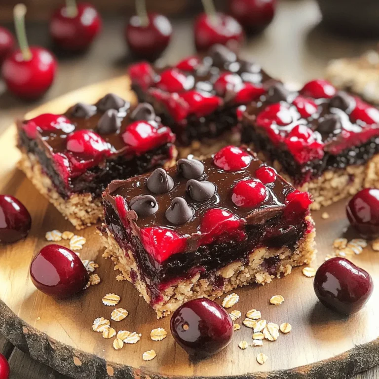 - 1 Tasse Haferflocken (gerollt) - 1 Tasse entsteinte Kirschen (frisch oder gefroren) - 1/2 Tasse Mandelbutter (oder jede andere Nusssorte) Die Hauptzutaten für die Cherry Chocolate Oat Bars sind einfach zu finden und nährstoffreich. Haferflocken geben den Riegeln eine gute Basis. Sie sind voll von Ballaststoffen und halten dich lange satt. Kirschen bringen eine süße, fruchtige Note. Sie sorgen auch für eine schöne Farbe. Mandelbutter gibt den Riegeln einen cremigen Geschmack und gesunde Fette. Du kannst jede Nussbutter verwenden, die du magst. - 1/3 Tasse Honig oder Ahornsirup - 1/2 Tasse dunkle Schokoladenstückchen (milchfrei, wenn gewünscht) - 1/2 Teelöffel Vanilleextrakt - 1/4 Teelöffel Salz - 1/2 Teelöffel Zimt (optional) Diese zusätzlichen Zutaten runden den Geschmack ab. Honig oder Ahornsirup süßen die Riegel natürlich. Dunkle Schokoladenstückchen geben einen köstlichen Schokoladengeschmack. Wenn du milchfreie Stückchen verwendest, sind die Riegel vegan. Vanilleextrakt bringt ein tolles Aroma, und Salz hebt den Geschmack hervor. Zimt fügt eine warme Note hinzu, ist aber optional. Falls du mehr über die Zubereitung wissen möchtest, schau dir das [Full Recipe] an. Heize deinen Ofen auf 175°C (350°F) vor. Nimm eine 20x20 cm (8x8 Zoll) Backform und lege sie mit Backpapier aus. Lass das Papier an den Rändern überstehen. So kannst du die Riegel später gut herausnehmen. In einer mittelgroßen Schüssel vermenge die Haferflocken, Mandelbutter, Honig, Vanilleextrakt, Salz und optional den Zimt. Rühre alles gut um, bis die Mischung gleichmäßig wird. Jetzt füge die entsteinten Kirschen und die Hälfte der Schokoladenstückchen hinzu. Hebe alles vorsichtig unter, um die Kirschen nicht zu zerdrücken. Gieße die Mischung in die vorbereitete Backform. Drücke die Masse gleichmäßig mit der Rückseite eines Spatels oder deinen Händen fest. Streue die restlichen Schokoladenstückchen auf die oberste Schicht und drücke sie leicht hinein. Backe die Riegel für etwa 20-25 Minuten, bis die Ränder goldbraun sind. Nehme die Backform aus dem Ofen und lasse die Riegel mindestens 10 Minuten abkühlen. Hebe sie dann mit dem Backpapier aus der Form. Lass sie vollständig auskühlen, bevor du sie in Stücke schneidest. Für das komplette Rezept schau dir die Full Recipe an. - Sicherstellen, dass die Mischung gut vermengt ist. Eine gut vermischte Mischung ist wichtig. So verteilen sich die Zutaten gleichmäßig. Wenn Sie die Kirschen und Schokolade hinzufügen, heben Sie sie vorsichtig unter. So bleiben die Kirschen ganz. - Riegel nicht zu lange im Ofen lassen. Zuviel Zeit im Ofen macht die Riegel trocken. Achten Sie auf die goldbraune Farbe. Wenn die Ränder goldbraun werden, sind sie fertig. - Tipps zur optimalen Festigkeit der Riegel. Um die richtige Festigkeit zu erreichen, drücken Sie die Mischung gut in die Form. Je fester, desto besser die Riegel später halten. - Riegel vor dem Schneiden vollständig auskühlen lassen. Lassen Sie die Riegel nach dem Backen komplett abkühlen. So schneiden sie sich leichter und brechen nicht. - Riegel ansprechend anrichten. Servieren Sie die Riegel auf einem schönen Tablett. Ein rustikaler Look macht vieles aus. - Kombination mit frischen Kirschen. Garnieren Sie die Riegel mit frischen Kirschen. Das sorgt für einen tollen Farbkontrast und ein frisches Aussehen. Probieren Sie diese Ideen aus dem Full Recipe für einen perfekten Snack! {{image_4}} Für diese Riegel kannst du verschiedene Nussbutter-Sorten verwenden. Ich mag Mandelbutter, aber Erdnussbutter ist auch lecker. Du kannst sogar Cashew- oder Haselnussbutter ausprobieren. Das gibt den Riegeln einen neuen Geschmack. Wenn dir Kirschen nicht gefallen, tausche sie gegen andere Früchte aus. Frische Himbeeren oder gefrorene Blaubeeren passen gut. Auch getrocknete Aprikosen sind eine süße Wahl. Du kannst Erdnüsse oder andere Nüsse hinzufügen. Sie geben den Riegeln einen schönen Crunch. Walnüsse oder Pekannüsse sind auch gute Optionen. Gewürze machen die Riegel noch besser. Zimt passt gut, aber auch Muskatnuss oder Ingwer verleihen ein tolles Aroma. Probiere etwas Vanille oder Kakaopulver für mehr Geschmack. Für vegane Riegel kannst du Honig durch Agavendicksaft ersetzen. Achte darauf, dass die Schokolade milchfrei ist. Du kannst auch glutenfreie Haferflocken nutzen, um die Riegel glutenfrei zu machen. So können alle die Köstlichkeit genießen. Wenn du die Zutaten anpasst, bleibt der Geschmack trotzdem toll. Um die Frische deiner Cherry Chocolate Oat Bars zu erhalten, solltest du sie in einem luftdichten Behälter aufbewahren. So bleiben die Riegel weich und lecker. Du kannst sie bis zu einer Woche in deinem Kühlschrank lagern. Stelle sicher, dass der Behälter gut verschlossen ist. So vermeidest du, dass die Riegel austrocknen oder ihren Geschmack verlieren. Falls du mehr Riegel machen möchtest, kannst du sie auch einfrieren. Schneide die Riegel in Stücke, bevor du sie einfrierst. Lege sie auf ein Backblech und friere sie für ein paar Stunden ein. Danach kannst du die Stücke in einen luftdichten Behälter oder einen Gefrierbeutel umfüllen. So bleiben sie bis zu drei Monate frisch. Um die Riegel wieder aufzutauen, lege sie einfach bei Raumtemperatur für ein paar Stunden heraus. Du kannst sie auch kurz in die Mikrowelle legen, um sie schneller aufzutauen. Gefrorene Riegel sind perfekt als schneller Snack oder für unterwegs! Um Cherry Chocolate Oat Bars zu machen, folge diesen Schritten: 1. Heize deinen Ofen auf 175°C vor. 2. Lege eine Backform mit Backpapier aus. 3. Mische Haferflocken, Mandelbutter, Honig, Vanille, Salz und Zimt in einer Schüssel. 4. Füge Kirschen und die Hälfte der Schokoladenstückchen hinzu. 5. Gieße die Mischung in die Backform und drücke sie fest. 6. Streue die restlichen Schokoladenstückchen obenauf. 7. Backe die Riegel 20-25 Minuten, bis die Ränder goldbraun sind. 8. Lass die Riegel abkühlen, bevor du sie in Stücke schneidest. Diese Riegel sind einfach und lecker. Du kannst das vollständige Rezept [hier] finden. Ja, du kannst die Riegel vegan machen. Ersetze einfach den Honig durch Ahornsirup. Das macht die Riegel pflanzlich. Stelle sicher, dass du milchfreie Schokoladenstückchen verwendest. So bleibt alles vegan. Diese Anpassungen sind einfach und machen keinen Unterschied im Geschmack. Die Riegel halten sich in einem luftdichten Behälter bis zu einer Woche. Lagere sie an einem kühlen, trockenen Ort. Dies hilft, die Frische zu bewahren. Wenn du sie länger aufbewahren möchtest, kannst du sie auch einfrieren. So bleiben sie bis zu drei Monate gut. Ja, du kannst die Riegel im Voraus zubereiten. Mach sie am Sonntag für die ganze Woche. So hast du immer einen schnellen Snack parat. Lass die Riegel nach dem Backen komplett auskühlen, bevor du sie lagerst. So bleiben sie frisch und lecker. Die Kirschen-Schokoladen-Hafer-Riegel sind einfach zuzubereiten und lecker. Wir haben die Zutaten zusammengetragen, die Anleitung Schritt für Schritt erklärt und nützliche Tipps gegeben. Denke daran, bei der Zubereitung kreativ zu sein. Variiere Zutaten nach deinem Geschmack. Diese Riegel sind perfekt als Snack oder Dessert. Achte darauf, sie gut zu lagern, damit sie frisch bleiben. Egal, ob du sie vegan machst oder einfrierst, die Möglichkeiten sind vielfältig. Viel Spaß beim Ausprobieren und Genießen!
