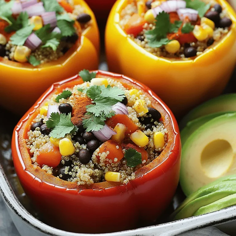 - 4 große Paprika (rot, gelb oder orange) - 1 Tasse Quinoa - 2 Tassen Gemüsebrühe - 1 Dose schwarze Bohnen - 1 Tasse Maiskörner - 1 Tasse gewürfelte Tomaten - 1 kleine rote Zwiebel - 2 Knoblauchzehen - Kreuzkümmel, Chilipulver, geräucherter Paprika - Salz, Pfeffer, frischer Koriander - Avocadoscheiben (optional) Ich liebe es, frische und gesunde Zutaten zu nutzen. Die bunten Paprika sind perfekt für dieses Rezept. Sie sehen nicht nur gut aus, sondern sind auch knackig und süß. Quinoa ist eine großartige Basis. Sie ist voll von Proteinen und macht satt. Gemüsebrühe gibt der Quinoa einen tollen Geschmack und hält sie feucht. Die schwarzen Bohnen sind reich an Ballaststoffen. Sie fügen auch eine schöne Textur hinzu. Mais bringt eine süße Note mit, die die Füllung auflockert. Tomaten sorgen für Frische. Die rote Zwiebel und der Knoblauch geben einen starken Geschmack. Für die Gewürze nutze ich Kreuzkümmel und Chilipulver. Diese machen die Füllung würzig und warm. Geräucherter Paprika gibt ein rauchiges Aroma hinzu. Frischer Koriander als Garnierung macht die Füllung lebendig. Wenn du möchtest, füge Avocadoscheiben hinzu. Sie bringen eine cremige Textur und runden das Gericht ab. Das vollständige Rezept findest du in der [Full Recipe]. - Schneiden Sie die Oberseite der Paprika ab. - Entfernen Sie die Kerne und die inneren Membranen. - Stellen Sie die Paprika aufrecht in eine Auflaufform. - Kochen Sie die Quinoa in Gemüsebrühe. - Lassen Sie die Mischung 15 Minuten köcheln, bis sie fluffig ist. - In einer großen Schüssel kombinieren Sie die Quinoa mit Bohnen, Mais, Tomaten, Zwiebel und Knoblauch. - Fügen Sie Kreuzkümmel, Chilipulver, geräucherten Paprika, Salz und Pfeffer hinzu. - Füllen Sie jede Paprika großzügig mit der Quinoa-Mischung. - Gießen Sie etwas Gemüsebrühe in die Auflaufform. - Decken Sie die Form mit Aluminiumfolie ab und backen Sie die Paprika 25-30 Minuten. - Entfernen Sie die Folie und backen Sie weitere 10-15 Minuten, bis sie zart sind. - Lassen Sie die gefüllten Paprika einige Minuten ruhen, bevor Sie sie servieren. Wählen Sie frische Paprika, die fest und glänzend sind. Achten Sie auf die Farbe. Rote, gelbe und orange Paprika sind süßer. Grünes Gemüse kann bitter sein. Die Größe spielt eine Rolle. Große Paprika bieten mehr Platz für die Füllung. Achten Sie darauf, dass die Paprika eine gleichmäßige Form haben. So stehen sie besser in der Auflaufform. Quinoa ist einfach zuzubereiten. Spülen Sie die Quinoa gründlich unter kaltem Wasser. Dies entfernt Bitterstoffe und verbessert den Geschmack. Nutzen Sie ein feines Sieb, um die Körner gut zu spülen. Kochen Sie Quinoa mit Gemüsebrühe für mehr Geschmack. Das Verhältnis ist wichtig: Eine Tasse Quinoa braucht zwei Tassen Brühe. Kochen Sie sie auf, dann reduzieren Sie die Hitze und lassen Sie sie köcheln, bis das Wasser aufgesogen ist. Die Füllung kann kreativ sein. Neben Quinoa können Sie auch Reis oder Hirse verwenden. Fügen Sie verschiedene Gemüse hinzu, wie Zucchini oder Karotten. Hülsenfrüchte wie Kichererbsen sind nahrhaft und lecker. Tofu ist eine tolle Proteinquelle. Mischen Sie Zutaten, die Ihnen gefallen. So wird jede Füllung einzigartig. Verwenden Sie auch Gewürze, um den Geschmack zu variieren. {{image_4}} Vegan Stuffed Peppers bieten viele Möglichkeiten. Sie können die Füllung ganz nach Ihrem Geschmack ändern. Hier sind drei tolle Variationen, die Sie ausprobieren sollten. Für die mediterrane Variante fügen Sie Feta, Oliven und Zucchini hinzu. Feta gibt einen salzigen Geschmack. Oliven bringen ein wenig Bitterkeit, die gut harmoniert. Zucchini verleiht Frische und Textur. Diese Mischung ist leicht und voll von Aromen. Die asiatische Variante bringt neue Aromen. Hier verwenden Sie Ingwer, Sojasauce und Brokkoli. Ingwer gibt einen würzigen Kick. Sojasauce fügt Tiefe und Umami hinzu. Brokkoli sorgt für einen knackigen Biss. Diese Füllung ist gesund und sehr lecker. Wenn Sie es schärfer mögen, probieren Sie die gewürzte Variante. Fügen Sie Jalapeños und Chili hinzu. Jalapeños geben eine milde Schärfe, während Chili richtig Feuer bringt. Diese Füllung ist perfekt für alle, die es würzig lieben. Für das vollständige Rezept, schauen Sie sich den [Full Recipe] an und lassen Sie sich inspirieren! Es ist am besten, die gefüllten Paprika frisch zu essen. Sie schmecken warm und lecker. Wenn du sie am selben Tag zubereitest, genieße sie innerhalb von 2 bis 3 Stunden. So bleiben die Aromen frisch. Wenn du sie länger aufbewahren möchtest, lagere sie richtig. Um die gefüllten Paprika im Kühlschrank aufzubewahren, benutze einen luftdichten Behälter. Das hält sie frisch. Sie bleiben etwa 3 bis 5 Tage gut. Vor dem Servieren kannst du sie kurz aufwärmen. Achte darauf, sie gleichmäßig zu erwärmen, damit sie überall heiß sind. Falls du mehr gefüllte Paprika zubereitest, kannst du sie einfrieren. Hier ist eine Schritt-für-Schritt-Anleitung: 1. Lass die gefüllten Paprika vollständig abkühlen. 2. Wickel jede Paprika in Folie ein oder lege sie in einen gefrierfesten Behälter. 3. Achte darauf, dass die Behälter luftdicht sind, um Gefrierbrand zu vermeiden. 4. Beschrifte die Behälter mit dem Datum. So weißt du, wie lange sie gefroren sind. Die gefüllten Paprika können bis zu 3 Monate im Gefrierfach bleiben. Um sie zu essen, lass sie im Kühlschrank auftauen. Dann kannst du sie im Ofen oder in der Mikrowelle aufwärmen. So bleiben sie lecker und saftig. Die gefüllten Paprika halten sich gut im Kühlschrank. Sie können sie dort bis zu fünf Tage lagern. Packen Sie sie in einen luftdichten Behälter. Dies hilft, ihre Frische zu bewahren. Achten Sie darauf, die Paprika vor dem Lagern abkühlen zu lassen. So bleibt die Textur besser erhalten. Ja, die Füllung ist sehr anpassbar. Sie können zum Beispiel verschiedene Gemüse verwenden. Zucchini, Spinat oder Pilze passen gut dazu. Auch Kichererbsen oder Linsen sind leckere Alternativen. Experimentieren Sie mit Gewürzen. So können Sie ganz neue Geschmäcker entdecken. Fühlen Sie sich frei, kreativ zu sein! Ja, diese gefüllten Paprika sind glutenfrei. Quinoa ist eine tolle Option, da sie von Natur aus kein Gluten enthält. Achten Sie jedoch auf die Gemüsebrühe. Prüfen Sie die Zutatenliste, um sicherzugehen. Wenn Sie andere Produkte hinzufügen, wählen Sie glutenfreie Varianten. So bleibt das Gericht für alle geeignet. Gefüllte Paprika sind eine leckere und gesunde Wahl für jede Mahlzeit. Wir haben die Hauptzutaten, die Zubereitung und einige tolle Tipps besprochen. Zudem waren verschiedene Variationen und Lagerungshinweise wichtige Aspekte. Wenn du experimentierst, kannst du deine gefüllten Paprika ganz nach deinem Geschmack anpassen. Probiere die verschiedenen Füllungen aus und finde deine Lieblingsversion. Bleib kreativ in der Küche!