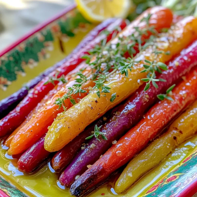 Um geröstete Regenbogenmöhren zuzubereiten, benötigst du: - 1 Bund Regenbogenmöhren (rot, orange und lila), gewaschen und geschält - 2 Esslöffel Olivenöl - 1 Esslöffel Honig oder Ahornsirup - 1 Teelöffel frische Thymianblätter (oder ½ Teelöffel getrockneter Thymian) - 1 Teelöffel Knoblauchpulver - Salz und Pfeffer nach Geschmack - 2 Esslöffel frisch gehackte Petersilie zum Garnieren - Schale von 1 Zitrone Diese Zutaten ergeben eine bunte und gesunde Beilage. Die Farben bringen Freude auf den Tisch. Du kannst die Möhren in einem Supermarkt oder auf dem Markt finden. Achte darauf, dass sie frisch sind. Frische Möhren haben eine knackige Textur und einen süßen Geschmack. Die Wahl der Gewürze ist wichtig. Olivenöl bringt einen reichen Geschmack. Es hilft auch, die Möhren schön zu rösten. Honig oder Ahornsirup fügt eine süße Note hinzu. Thymian verleiht den Möhren ein aromatisches Profil. Knoblauchpulver gibt Tiefe und Wärme. Salz und Pfeffer sind entscheidend für den perfekten Geschmack. Geröstete Regenbogenmöhren passen gut zu vielen Gerichten. Sie sind eine großartige Beilage zu gegrilltem Fleisch oder Fisch. Auch mit Quinoa oder Reis harmonieren sie wunderbar. Du kannst sie auch mit einem frischen Salat kombinieren. So entsteht ein leichtes und gesundes Essen. Möhren sind vielseitig und bringen Farbe auf jeden Teller. Für die vollständige Anleitung und mehr Details kannst du die [Full Recipe] ansehen. Heize deinen Ofen auf 220°C vor. Das sorgt für eine gute Röstdauer. Während der Ofen vorheizt, nimm die Regenbogenmöhren und wasche sie gründlich. Danach schäle sie. Schneide die Möhren in gleichmäßige Stücke von etwa 10–13 cm. So garen sie gleichmäßig. Bei dicken Möhren kannst du sie längs halbieren. Das hilft, die Garzeit zu verkürzen. In einer großen Schüssel vermischst du das Olivenöl, den Honig oder Ahornsirup, frische Thymianblätter, Knoblauchpulver, Salz und Pfeffer. Rühre alles gut um, damit sich die Aromen verbinden. Danach fügst du die geschnittenen Möhren hinzu. Mische die Möhren mit der Marinade, bis sie gleichmäßig bedeckt sind. Lege die Möhren gleichmäßig auf ein mit Backpapier ausgelegtes Backblech. Achte darauf, dass sie nicht überfüllt sind. Röste die Möhren im vorgeheizten Ofen für 25–30 Minuten. Wende sie zur Halbzeit, damit sie gleichmäßig garen. Nach dem Rösten nimm die Möhren heraus und reibe die Zitronenschale darüber. Das gibt einen frischen Geschmack. Garniere die Möhren mit frisch gehackter Petersilie. Für das vollständige Rezept und weitere Details schau dir die [Full Recipe] an. Die ideale Temperatur zum Rösten von Regenbogenmöhren liegt bei 220°C. Diese Hitze sorgt für eine schöne Karamellisierung. Röste die Möhren für etwa 25 bis 30 Minuten. Wende sie nach der ersten Hälfte der Garzeit, um ein gleichmäßiges Rösten zu erreichen. Wenn die Möhren zart sind und eine goldene Farbe haben, sind sie perfekt. Achte beim Kauf auf frische Regenbogenmöhren. Sie sollten fest und glatt sein. Die Farben sollten lebendig wirken. Wähle Möhren, die gleich groß sind. So garen sie gleichmäßig. Du kannst auch verschiedene Farben kombinieren, um einen schönen Effekt zu erzielen. Die Präsentation macht das Essen besonders. Arrange die gerösteten Möhren auf einem bunten Teller. Träufle die Säfte vom Backblech darüber. Das gibt Glanz und Geschmack. Für einen zusätzlichen Farbtupfer kannst du frische Petersilie oder essbare Blumen verwenden. So wird dein Gericht nicht nur lecker, sondern auch schön anzusehen. {{image_4}} Du kannst das Rezept ganz einfach vegan und glutenfrei machen. Statt Honig nimmst du Ahornsirup. Achte darauf, dass alle Zutaten glutenfrei sind. Viele Gewürze sind bereits glutenfrei. So bleibt der Geschmack toll, und alle können genießen. Um mehr Geschmack zu erhalten, kannst du andere Gewürze ausprobieren. Zum Beispiel, füge Kreuzkümmel oder Paprika hinzu. Diese Gewürze geben den Möhren einen tollen Kick. Auch frische Kräuter wie Rosmarin oder Oregano passen gut. Experimentiere mit verschiedenen Kombinationen. Regenbogenmöhren schmecken toll mit anderen Gemüsesorten. Du könntest Pastinaken oder Zucchini hinzufügen. Diese Gemüsearten rösten gut und ergänzen den Geschmack der Möhren. Schneide sie in ähnliche Größen, damit sie gleichmäßig garen. So hast du ein buntes und leckeres Gemüsegericht. Für das volle Rezept, besuche den Abschnitt „Full Recipe“ in diesem Artikel. Um die gerösteten Regenbogenmöhren frisch zu halten, lege sie in einen luftdichten Behälter. Stelle sicher, dass der Behälter gut verschlossen ist, um Feuchtigkeit zu vermeiden. Lagere die Möhren im Kühlschrank. So bleiben sie bis zu drei Tage frisch. Wenn du sie länger aufbewahren möchtest, kannst du sie auch einfrieren. Achte darauf, sie vorher gut abzukühlen. Du kannst übrig gebliebene Möhren auf viele Arten verwenden. Füge sie zu einem Salat hinzu, um mehr Farbe und Geschmack zu bekommen. Sie passen auch gut in eine Gemüsesuppe oder einen Eintopf. Wenn du ein Sandwich machst, können die Möhren eine tolle Ergänzung sein. Eine andere Idee ist, sie in ein Rührei zu mischen. So hast du ein schnelles und gesundes Frühstück. Die Haltbarkeit der gerösteten Möhren beträgt etwa drei Tage im Kühlschrank. Wenn du sie einfrierst, halten sie bis zu drei Monate. Achte darauf, sie in Portionen zu verpacken. Das macht es einfacher, sie später zu verwenden. Um den besten Geschmack zu erhalten, genieße sie frisch. Erwärme sie im Ofen oder in der Mikrowelle. So bleiben sie lecker und aromatisch. Ich empfehle, die Möhren für 25 bis 30 Minuten zu rösten. Diese Zeit gibt ihnen die Chance, zart und karamellisiert zu werden. Achte darauf, sie nach 15 Minuten zu wenden. So garen sie gleichmäßig und erhalten eine schöne Farbe. Je nach Dicke der Möhren kann die Zeit leicht variieren. Überprüfe sie gegen Ende der Garzeit mit einer Gabel. Sie sollten weich, aber nicht matschig sein. Ja, du kannst Tiefkühlmöhren verwenden. Sie sind praktisch und oft schon vorbereitet. Allerdings kann die Textur etwas anders sein. Sie verlieren mehr Wasser beim Rösten. Das kann dazu führen, dass sie weniger knusprig werden. Wenn du gefrorene Möhren verwendest, röste sie etwas länger, um die Feuchtigkeit zu entziehen. Achte auch darauf, sie gut zu verteilen, damit sie gleichmäßig bräunen. Neben Thymian gibt es viele andere Gewürze, die du ausprobieren kannst. Rosmarin ist eine tolle Wahl für einen kräftigen Geschmack. Kreuzkümmel gibt eine warme Note. Paprika oder Cayennepfeffer bringen eine pikante Schärfe. Du kannst auch eine Mischung aus verschiedenen Kräutern verwenden. Experimentiere mit diesen, um deine perfekte Kombination zu finden. Geröstete Regenbogenmöhren sind einfach zuzubereiten und lecker. Wir haben die besten Zutaten, Gewürze und Beilagen besprochen. Die Schritt-für-Schritt-Anleitung macht das Rösten leicht. Wichtige Tipps helfen dir, die besten Möhren zu wählen und sie perfekt zuzubereiten. Variationen zeigen dir, wie du das Rezept anpassen kannst. Zuletzt haben wir aufbewahrungspraktische Informationen gesammelt. Probiere das Rezept aus und genieße die Farben und Aromen der Regenbogenmöhren!