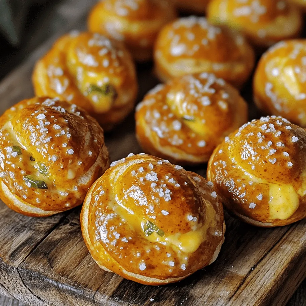 Für die Jalapeño Cheddar Pretzel Bites benötigst du frische, leckere Zutaten: - 1 ½ Tassen warmes Wasser (ca. 43°C) - 2 Esslöffel Kristallzucker - 1 Päckchen (0,25 oz) aktive Trockenhefe - 4 Tassen Allzweckmehl - 1 Teelöffel koscheres Salz - ½ Tasse geriebener scharfer Cheddar-Käse - 2-3 Jalapeños, fein gewürfelt (Kerne entfernt für weniger Schärfe) - ⅓ Tasse Backnatron - 1 Ei, geschlagen (für den Eiwasch) - Grobes Meersalz zum Bestreuen Diese Zutaten sorgen für den perfekten Geschmack und die Textur. Für dieses Rezept brauchst du einige einfache Küchenutensilien: - Große Rührschüssel - Holzlöffel oder Teigschaber - Bemehlte Arbeitsfläche - Topf zum Kochen mit Wasser - Backblech mit Backpapier - Küchentuch oder Frischhaltefolie - Schüssel für das Eiwasch Mit diesen Utensilien wird das Kochen einfach und sicher. Wähle frische und hochwertige Zutaten für das beste Ergebnis: - Wasser: Achte darauf, dass es warm ist, aber nicht zu heiß. - Hefe: Verwende frische Hefe, um ein gutes Aufgehen zu erreichen. - Mehl: Allzweckmehl ist ideal, da es gut bindet. - Käse: Nutze scharfen Cheddar für einen starken Geschmack. - Jalapeños: Frische Jalapeños geben die beste Schärfe und Frische. Wenn du diese Tipps befolgst, werden deine Pretzel Bites köstlich! Wenn du mehr über das vollständige Rezept erfahren möchtest, schau dir das [Full Recipe] an. Zuerst mischen Sie warmes Wasser, Zucker und Hefe in einer großen Schüssel. Lassen Sie die Mischung fünf Minuten stehen, bis sie schaumig wird. Das zeigt, dass die Hefe aktiv ist. Danach fügen Sie das Mehl und das Salz hinzu. Mischen Sie alles, bis ein grober Teig entsteht. Kneten Sie den Teig 5 bis 7 Minuten lang auf einer bemehlten Fläche. Der Teig wird glatt und elastisch. Jetzt ist es Zeit, den geriebenen Cheddar und die Jalapeños vorsichtig einzuarbeiten. Legen Sie den Teig in eine gefettete Schüssel und decken Sie ihn mit einem feuchten Tuch ab. Lassen Sie ihn an einem warmen Ort etwa eine Stunde ruhen, bis er sich verdoppelt. Wenn der Teig aufgegangen ist, drücken Sie ihn leicht ein. Geben Sie ihn auf die bemehlte Fläche und teilen Sie ihn in 24 gleich große Stücke. Rollen Sie jedes Stück zu einem langen Seil. Jetzt können Sie die Seile zu einer Pretzel-Form drehen oder einfach kleine Bissen formen. Diese Form macht die Pretzel-Bites besonders lecker und ansprechend. Bringen Sie in einem großen Topf 10 Tassen Wasser mit Backnatron zum Kochen. Sobald das Wasser kocht, geben Sie die Pretzel-Bites vorsichtig hinein. Lassen Sie sie dort etwa 30 Sekunden. Dadurch erhalten sie die typische Pretzel-Kruste. Nehmen Sie sie heraus und lassen Sie sie kurz auf einem Küchentuch abtropfen. Legen Sie die Bites auf ein Backblech. Bestreichen Sie sie mit dem geschlagenen Ei und streuen Sie grobes Meersalz darüber. Backen Sie die Pretzel-Bites bei 220°C für 12 bis 15 Minuten, bis sie goldbraun sind. Genießen Sie sie warm mit Ihrem Lieblingssenf oder Käse-Dip. Für die vollständige Anleitung schauen Sie sich das Full Recipe an. Ein häufiger Fehler ist, den Teig nicht lange genug zu kneten. Ein gut gekneteter Teig ist wichtig für die Textur. Achte darauf, den Teig glatt und elastisch zu machen. Ein weiterer Fehler ist, die Jalapeños zu stark zu würfeln. Entferne die Kerne, um die Schärfe zu kontrollieren. Beim Kneten ist es wichtig, gleichmäßigen Druck auszuüben. Verwende die Handballen, um den Teig zu drücken. Achte darauf, den Teig in eine runde Form zu bringen, während du ihn dehnst. Das sorgt für eine bessere Struktur. Wenn der Teig klebrig ist, füge nur kleine Mengen Mehl hinzu, um ihn zu bearbeiten. Du kannst verschiedene Käsesorten verwenden, um den Geschmack zu ändern. Probiere Gouda oder Mozzarella für eine mildere Note. Auch Kräuter wie Oregano oder Thymian passen gut hinein. Für einen zusätzlichen Kick kannst du geräucherten Paprika hinzufügen. Wenn du die Bissen süßer magst, gib etwas Honig in den Teig. Für mehr Details zu den Zutaten und der Zubereitung, schau dir das Full Recipe an! {{image_4}} Für vegane Jalapeño Cheddar Pretzel Bites ersetzen Sie den Käse. Nutzen Sie pflanzlichen Käse oder Nusskäse. Statt des Eis verwenden Sie eine Mischung aus Wasser und Leinsamen. Diese Mischung hilft, die Bissen zu binden. So bleiben sie lecker und saftig. Sehen Sie nach anderen Füllungen! Fügen Sie zum Beispiel Spinat und Feta hinzu. Das gibt den Bissen einen neuen Geschmack. Käse-Liebhaber können auch verschiedene Käsesorten probieren. Parmesan oder Gouda geben eine besondere Note. Für die Toppings sind die Möglichkeiten endlos. Streuen Sie geröstete Sesamsamen oder Zwiebelflocken darüber. Für glutenfreie Pretzel Bites verwenden Sie glutenfreies Mehl. Es gibt viele gute Marken, die einen tollen Geschmack bieten. Achten Sie darauf, dass alle anderen Zutaten auch glutenfrei sind. So können alle die Bissen genießen, ohne sich Sorgen zu machen. Um die Jalapeño Cheddar Pretzel Bites frisch zu halten, lege sie in einen luftdichten Behälter. Du kannst eine Schicht Backpapier zwischen die Bissen legen, um ein Ankleben zu verhindern. Lagere sie bei Raumtemperatur für bis zu zwei Tage. Für längere Lagerung empfehle ich den Kühlschrank. Dort bleiben sie bis zu einer Woche frisch. Wenn du die Pretzel Bites aufwärmen möchtest, heize den Ofen auf 180°C vor. Lege die Bissen auf ein Backblech und backe sie für etwa 5 bis 7 Minuten. So werden sie wieder knusprig. Du kannst sie auch in der Mikrowelle erwärmen, aber sie werden nicht so knusprig. Serviere sie am besten mit Senf oder Käse-Dip. Die Haltbarkeit dieser Leckereien hängt von der Lagerung ab. Bei Raumtemperatur sind sie bis zu zwei Tage gut. Im Kühlschrank halten sie bis zu einer Woche. Wenn du sie einfrierst, kannst du sie bis zu drei Monate lagern. Für das beste Ergebnis in den ersten zwei Monaten verwenden. Die Zubereitungszeit für Jalapeño Cheddar Pretzel Bites beträgt etwa 30 Minuten. Dazu kommen 1 Stunde für das Aufgehen des Teigs und 12-15 Minuten für das Backen. Insgesamt sind es also etwa 1 Stunde und 45 Minuten. Diese Zeit macht sich aber bezahlt, wenn du die leckeren Bissen später genießt. Ja, du kannst die Pretzel-Bites einfrieren. Lass sie zuerst vollständig abkühlen. Lege sie dann in einen luftdichten Behälter oder in einen Gefrierbeutel. Du kannst sie bis zu 3 Monate im Gefrierfach aufbewahren. Wenn du sie essen möchtest, tau sie im Kühlschrank auf und backe sie kurz im Ofen, bis sie warm sind. Absolut! Du kannst die Schärfe ganz nach deinem Geschmack anpassen. Für weniger Schärfe entferne die Kerne der Jalapeños. Für mehr Hitze kannst du frische, scharfe Jalapeños verwenden oder sogar etwas Cayennepfeffer hinzufügen. Eine andere Option ist, verschiedene Chilisorten auszuprobieren, um neue Geschmäcker zu entdecken. Jalapeño Cheddar Pretzel Bites sind vielseitig und lecker. Wir haben die wichtigsten Zutaten, die Zubereitung und praktische Tipps behandelt. Du kannst deine Bites anpassen und variieren, um neue Geschmäcker zu entdecken. Denk daran, die Bites richtig zu lagern, damit sie frisch bleiben. Probiere diese Rezepte aus und schaffe einzigartige Snacks, die du stets genießen kannst. Lass dich von den Möglichkeiten inspirieren und schaffe etwas Einzigartiges in deiner Küche.