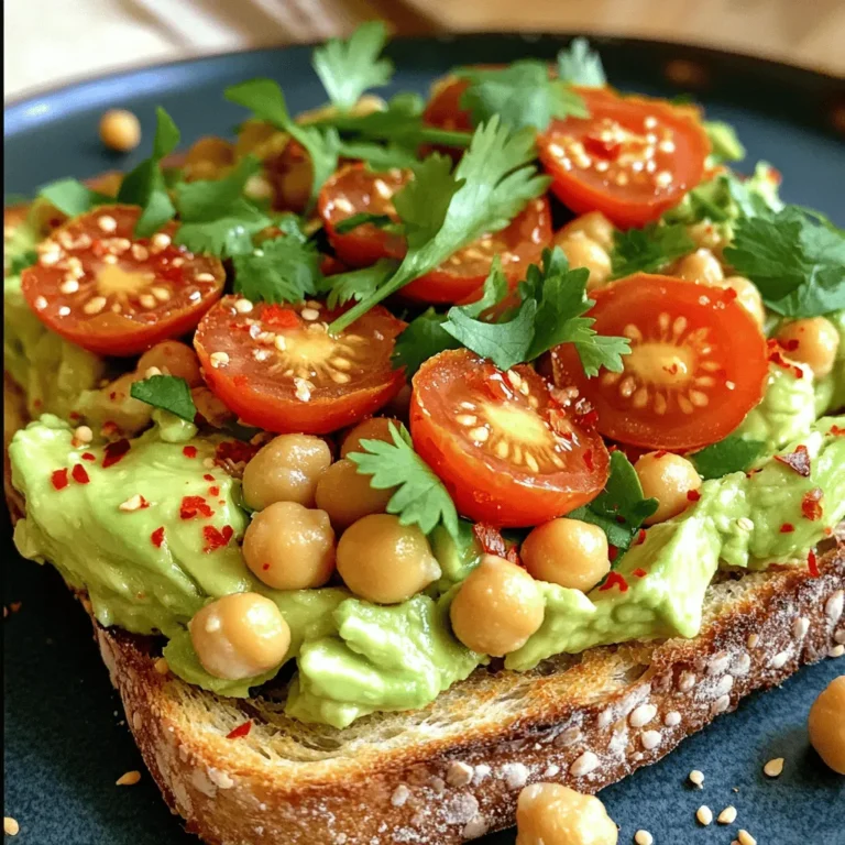 Für diesen schnellen Snack brauchen Sie einfache, gesunde Zutaten. Hier sind die Hauptzutaten für das leckere Kichererbsen-Avocado-Toast: - 1 reife Avocado - 1 Tasse Kichererbsen aus der Dose, abgespült und abgetropft - 1 Esslöffel Zitronensaft - 1 Knoblauchzehe, fein gehackt - ¼ Teelöffel Kreuzkümmelpulver - ½ Teelöffel Salz - ¼ Teelöffel schwarzer Pfeffer - 2 Scheiben Vollkornbrot - 1 Esslöffel Kirschtomaten, halbiert (zur Garnitur) - Frische Koriander- oder Petersilienblätter (zur Garnitur) - Rote Paprikaflocken (optional, für Würze) Die Nährwerte dieser Zutaten sind beeindruckend. Kichererbsen sind reich an Protein und Ballaststoffen. Sie helfen, den Hunger zu stillen. Avocados bieten gesunde Fette. Diese Fette unterstützen Ihr Herz. Vollkornbrot bringt zusätzliche Ballaststoffe. Diese Zutaten liefern zusammen viele Vitamine und Mineralien. Die Wahl der perfekten Avocado ist wichtig. Achten Sie darauf, dass die Avocado weich, aber nicht matschig ist. Drücken Sie leicht auf die Haut. Wenn sie sanft nachgibt, ist sie reif. Die Farbe sollte dunkelgrün oder fast schwarz sein. Vermeiden Sie grüne, harte Avocados. Diese sind noch nicht bereit zum Essen. Wenn Sie keine reife Avocado finden, können Sie sie zu Hause reifen lassen. Stellen Sie sie bei Zimmertemperatur in eine Papiertüte. Das beschleunigt den Reifungsprozess. Zuerst nimmst du eine reife Avocado. Halbiere sie und entferne den Kern. Mit einer Gabel zerdrückst du das Fruchtfleisch in einer mittleren Schüssel. Es soll noch stückig bleiben, damit es gut aussieht. Dann kommst du zu den Kichererbsen. Diese müssen aus der Dose, abgespült und abgetropft werden. Gib die Kichererbsen in die Schüssel zur Avocado. Zerdrücke sie leicht mit der Gabel, bis sie sich gut vermischen. Jetzt fügst du einen Esslöffel Zitronensaft hinzu. Der Saft sorgt für Frische und verhindert, dass die Avocado braun wird. Gib die fein gehackte Knoblauchzehe, das Kreuzkümmelpulver, Salz und schwarzen Pfeffer dazu. Rühre alles gut um, bis die Mischung gleichmäßig ist. Diese Kichererbsen-Avocado-Mischung ist jetzt fertig und voller Geschmack. Nun ist es Zeit, das Vollkornbrot zu rösten. Du brauchst zwei Scheiben. Du kannst sie im Toaster rösten, bis sie goldbraun sind. Wenn du keinen Toaster hast, kannst du auch eine Pfanne verwenden. Erhitze die Pfanne ohne Öl und lege die Brotscheiben hinein. Röste sie auf beiden Seiten, bis sie knusprig sind. Das Rösten gibt dem Brot eine schöne Textur und macht es lecker. Jetzt kommt der spaßige Teil – das Anrichten! Nimm die gerösteten Brotscheiben und lege sie auf einen Teller. Verteile die Kichererbsen-Avocado-Mischung großzügig auf jede Scheibe. Sei nicht sparsam, denn die Mischung ist das Herzstück des Toasts. Jetzt garnierst du den Toast mit halbierten Kirschtomaten. Diese bringen Farbe und Süße. Frische Koriander- oder Petersilienblätter machen das Gericht noch frischer. Wenn du es scharf magst, streue etwas rote Paprikaflocken darüber. Diese geben dem Toast eine aufregende Note. Das ist jetzt dein leckeres Easy Chickpea Avocado Toast! Du wirst sehen, es ist einfach und macht großen Spaß. Für das vollständige Rezept kannst du den Link zum Full Recipe verwenden. Eine reife Avocado ist der Schlüssel zu leckerem Toast. Achten Sie auf die Farbe. Sie sollte dunkelgrün oder fast schwarz sein. Drücken Sie leicht auf die Haut. Sie sollte sich weich anfühlen, aber nicht matschig. Wenn die Avocado zu fest ist, lassen Sie sie ein paar Tage bei Raumtemperatur reifen. Lagern Sie sie dann im Kühlschrank, wenn sie reif ist. Die Gewürze machen den Unterschied. Beginnen Sie mit Salz und Pfeffer. Fügen Sie mehr hinzu, wenn Sie es brauchen. Kreuzkümmel bringt einen tollen Geschmack. Experimentieren Sie mit Knoblauchpulver oder Zwiebelpulver. Für einen scharfen Kick können Sie rote Paprikaflocken verwenden. Scheuen Sie sich nicht, Ihre eigenen Mischungen zu kreieren. Jeder hat einen anderen Geschmack. Zusätzliche Toppings machen Ihr Toast noch besser. Probieren Sie frische Kirschtomaten oder Gurkenscheiben. Für etwas Süßes, fügen Sie ein paar Scheiben Radieschen hinzu. Feta-Käse oder Hummus sind tolle Ergänzungen. Für mehr Farbe und Geschmack, nutzen Sie frische Kräuter. Petersilie oder Koriander passen gut dazu. Seien Sie kreativ und machen Sie es zu Ihrem eigenen! Für das vollständige Rezept besuchen Sie bitte die [Full Recipe]. {{image_4}} Kichererbsen-Avocado-Toast ist von Natur aus vegan. Du kannst die Basis nach deinem Geschmack anpassen. Füge etwas Tahini hinzu für einen nussigen Geschmack. Du kannst auch etwas Soja-Joghurt unterrühren. Das gibt eine cremige Textur. Wenn du die Mischung süßer magst, probiere einen Schuss Honig oder Agavendicksaft. Für alle, die glutenfrei leben, gibt es einfache Alternativen. Nutze glutenfreies Brot, das du magst. Achte darauf, dass die Kichererbsen aus einer glutenfreien Dose kommen. Du kannst auch auf Gemüse wie Zucchini oder Süßkartoffeln setzen. Diese eignen sich hervorragend als Basis für die Avocado-Kichererbsen-Mischung. Saisonale Zutaten bringen frischen Wind in das Rezept. Im Frühling kannst du frische Erbsen oder Rucola hinzufügen. Im Sommer sind sonnengetrocknete Tomaten eine tolle Ergänzung. Im Herbst bieten geröstete Kürbisse einen süßen Kontrast zur Avocado. Im Winter sind geröstete Nüsse oder Samen ein schöner Crunch. Nutze die [Full Recipe] für leckere Inspirationen und Variationen. Um Reste von deinem Kichererbsen-Avocado-Toast zu lagern, lege sie in einen luftdichten Behälter. Du kannst die Mischung auch in einem separaten Behälter aufbewahren. Achte darauf, dass das Brot nicht mit der Mischung in Berührung kommt. So bleibt es knusprig. Stelle den Behälter dann in den Kühlschrank. Die Reste sind so für bis zu zwei Tage frisch. Avocados werden schnell braun, wenn sie Luft ausgesetzt sind. Um dies zu verhindern, drücke etwas Zitronensaft auf die offene Avocado. Du kannst auch Frischhaltefolie direkt auf die Avocado legen. Das reduziert die Luftzirkulation. Eine andere Möglichkeit ist, die Avocado in einem Behälter mit Zwiebeln zu lagern. Zwiebeln setzen Gase frei, die helfen, die Avocado frisch zu halten. Zubereiteter Toast mit Kichererbsen und Avocado hält sich nicht lange. Am besten isst du ihn frisch. Wenn du ihn aufbewahren musst, lagere ihn wie oben beschrieben. Der Toast selbst bleibt knusprig, aber die Mischung kann matschig werden. Du kannst die Mischung auch auf frisch geröstetem Brot servieren. So schmeckt dein Toast immer am besten. Für das genaue Rezept schau dir [Full Recipe] an. Die Zubereitung dauert nur 10 Minuten. Du kannst dein Toast in 5 Minuten rösten. Das macht die Gesamtzeit 15 Minuten. Es ist ein schnelles und einfaches Gericht, perfekt für jeden Tag. Ja, du kannst die Kichererbsen-Avocado-Mischung im Voraus machen. Bewahre sie in einem luftdichten Behälter auf. Stelle sicher, dass du etwas Zitronensaft hinzufügst. Das hilft, die Avocado frisch zu halten. Du kannst die Mischung bis zu zwei Tage im Kühlschrank lagern. Du kannst jede Art von Brot verwenden. Vollkornbrot ist gut, weil es nahrhaft ist. Sauerteigbrot gibt einen tollen Geschmack. Glutenfreies Brot ist auch eine Option. Probiere auch Bagels oder Pita-Brot für Abwechslung. Das macht dein Gericht spannend und lecker. Für das komplette Rezept, schaue dir den [Full Recipe] an. In diesem Artikel haben wir alle wichtigen Punkte für Kichererbsen-Avocado-Toast behandelt. Ich habe die besten Zutaten vorgestellt und erklärt, wie man sie auswählt. Die Schritt-für-Schritt-Anleitung zeigt, wie einfach die Zubereitung ist. Tipps für Gewürze und zusätzliche Toppings helfen, das Rezept anzupassen. Variationen und Lagerungshinweise machen es flexibel und einfach. Jetzt kannst du dein perfektes Toast genießen! Probiere es aus und entdecke deinen Lieblingsgeschmack.