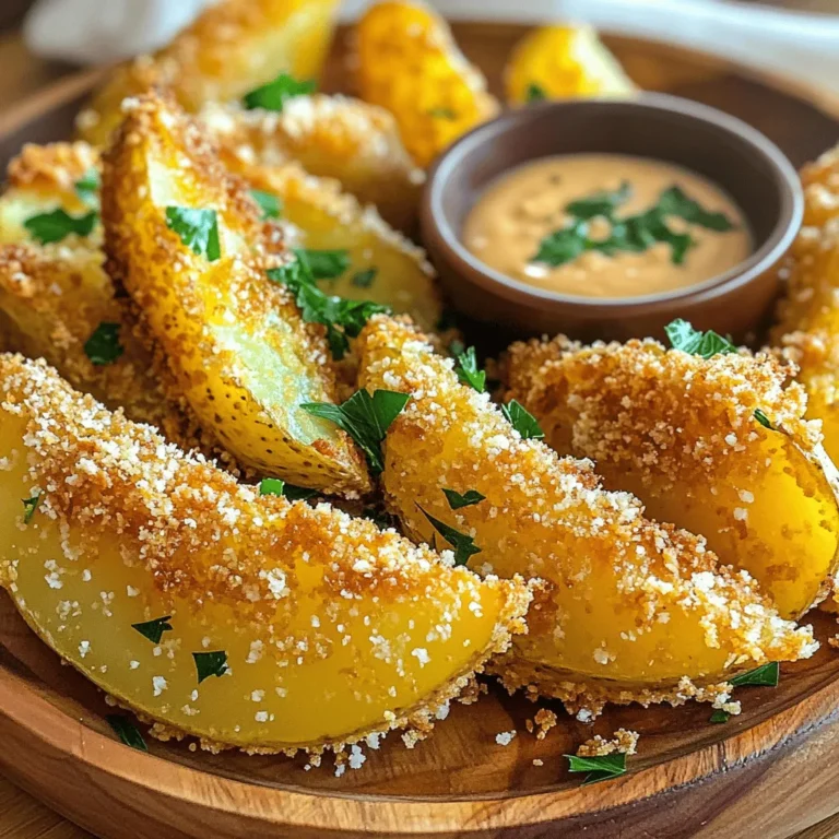 - 4 große Russet-Kartoffeln - 1 Tasse frisch geriebener Parmesan-Käse - 1/2 Tasse Semmelbrösel (Panko empfohlen) - 3 Esslöffel Olivenöl Die Hauptzutaten sind einfach zu beschaffen. Russet-Kartoffeln sind ideal, da sie eine gute Textur haben. Parmesan bringt einen starken, salzigen Geschmack. Panko-Semmelbrösel sorgen für die perfekte Knusprigkeit. Olivenöl hilft, alles zusammenzubringen und die Kartoffeln zu bräunen. - 1 Teelöffel Knoblauchpulver - 1 Teelöffel Zwiebelpulver - 1 Teelöffel geräuchertes Paprikapulver - Salz und Pfeffer Die Gewürze machen die Kartoffeln spannend. Knoblauchpulver und Zwiebelpulver geben einen tollen Geschmack. Geräuchertes Paprikapulver fügt eine süße, rauchige Note hinzu. Salz und Pfeffer sind wichtig, um alles zu würzen. - Frische Petersilie, gehackt Die frische Petersilie bringt Farbe und Geschmack. Sie macht die Kartoffelspalten ansprechend und frisch. Du kannst sie einfach über die heißen Wedges streuen, bevor du servierst. Diese Zutaten sind der Schlüssel zu einem perfekten Gericht. Die Kombination aus Käse, Gewürzen und frischen Kräutern macht die Crispy Parmesan Kartoffelspalten unwiderstehlich. Für das vollständige Rezept, schau dir die [Full Recipe] an. - Heize deinen Ofen auf 220°C (425°F) vor. - Lege ein Backblech mit Backpapier aus. Das macht die Reinigung einfach. - Gib in eine große Schüssel: - 1 Tasse frisch geriebenen Parmesan-Käse - 1/2 Tasse Panko-Semmelbrösel - 1 Teelöffel Knoblauchpulver - 1 Teelöffel Zwiebelpulver - 1 Teelöffel geräuchertes Paprikapulver - Salz und Pfeffer nach Geschmack - Mische alles gut. Achte darauf, dass es gleichmäßig verteilt ist. - Nimm 4 große Russet-Kartoffeln und schneide sie in Spalten. - In einer anderen Schüssel vermenge die Kartoffelspalten mit 3 Esslöffeln Olivenöl. - Wälze jede Kartoffelspalte in der Käsemischung. Achte darauf, dass sie rundum bedeckt sind. Um die beste Knusprigkeit zu erzielen, empfehle ich Panko-Semmelbrösel. Diese sind gröber und sorgen für mehr Crunch. Achte darauf, die Kartoffeln gleichmäßig auf dem Blech zu verteilen. So kommt die heiße Luft überall hin und macht sie knusprig. Die Backzeit kann je nach Ofentyp variieren. In einem Umluftofen backen die Kartoffelspalten bei 220°C etwa 30 Minuten. In einem herkömmlichen Ofen kann es etwas länger dauern. Halte die Spalten im Auge, bis sie goldbraun sind. Zu diesen leckeren Kartoffelspalten passen verschiedene Dips. Ranch-Dressing oder Ketchup sind Klassiker. Für eine besondere Note, probiere einen Knoblauch-Dip. Diese Kombination macht das Essen noch besser. {{image_4}} Du kannst die Gewürze für deine Kartoffelspalten leicht ändern. Probiere Paprika, Kreuzkümmel oder Oregano aus. Jeder dieser Gewürze bringt einen neuen Geschmack. Du kannst auch eine Prise Chili für etwas Schärfe hinzufügen. Experimentiere mit deinen Lieblingsgewürzen. So machst du die Kartoffelspalten noch interessanter. Wenn du etwas Neues probieren möchtest, verwende andere Käsesorten. Mozzarella gibt eine tolle, schmelzende Textur. Feta bringt eine salzige Note. Gouda hat einen süßeren Geschmack. Du kannst auch eine Mischung aus verschiedenen Käsesorten verwenden. So erhältst du eine spannende Kombination an Aromen. Füge zusätzliches Gemüse hinzu, um die Kartoffelspalten zu bereichern. Zucchini oder Paprika passen gut zu den Kartoffeln. Du kannst auch Süßkartoffeln verwenden. Diese haben eine süßere Note. Achte darauf, dass das Gemüse gleichmäßig geschnitten ist. So garen sie schön gleichmäßig mit den Kartoffelspalten. Um deine Crispy Parmesan Kartoffelspalten frisch zu halten, lagere sie im Kühlschrank. Packe die Reste in einen luftdichten Behälter. So bleiben sie knusprig und lecker. Vermeide es, sie in Plastikfolie zu wickeln. Das kann die Knusprigkeit ruinieren. Wenn du die Reste aufwärmen möchtest, nutze den Ofen oder eine Heißluftfritteuse. Heize den Ofen auf 180°C vor. Lege die Kartoffelspalten auf ein Backblech und backe sie für 10-15 Minuten. Eine Heißluftfritteuse ist auch eine gute Wahl. Sie macht die Spalten wieder knusprig, ohne viel Öl. Die Kartoffelspalten bleiben im Kühlschrank etwa 2-3 Tage frisch. Achte darauf, sie gut zu lagern. Nach dieser Zeit können sie weich und weniger schmackhaft werden. Wenn sie einen seltsamen Geruch haben, wirf sie weg. Sicherheit geht vor! Die Kartoffelspalten backen etwa 30 bis 35 Minuten. Backe sie bei 220°C. Wende die Spalten nach 15 Minuten. So werden sie gleichmäßig goldbraun und knusprig. Achte darauf, dass du sie nicht zu lange lässt. Sonst werden sie weich. Ja, du kannst die Kartoffeln im Voraus zubereiten. Schneide die Kartoffeln und lege sie in Wasser. So bleiben sie frisch. Du kannst die Kartoffelspalten auch mit dem Olivenöl und Gewürzen vermengen. Lagere sie dann im Kühlschrank für bis zu 24 Stunden. Backe sie einfach, wenn du bereit bist. Zu Crispy Parmesan Kartoffelspalten passen viele Dips. Hier sind einige beliebte Optionen: - Ranch-Dressing - Ketchup - Aioli - Sour Cream mit Kräutern - Guacamole Diese Dips ergänzen die knusprigen Aromen perfekt. Sie machen dein Gericht noch leckerer. Crispy Parmesan Kartoffelspalten sind einfach zuzubereiten und sehr lecker. Wir haben die besten Zutaten und Schritte besprochen, um sie perfekt hinzubekommen. Vergiss die wichtigen Tipps, um die Knusprigkeit zu maximieren. Denk auch daran, Variationen auszuprobieren und deine Reste richtig zu lagern. Mit den richtigen Dips wird dein Essen noch besser. Jetzt bist du bereit, deine Familie und Freunde mit diesen köstlichen Snacks zu beeindrucken. Viel Spaß beim Kochen und Genießen!