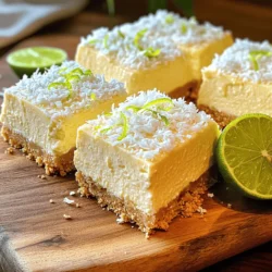 Für die Käsekuchenfüllung benötigen wir folgende Zutaten: - 1 (225 g) Packung Frischkäse, weich - 1 Tasse gesüßte Kondensmilch - 1/3 Tasse frischer Limettensaft - Abrieb von 2 Limetten - 1 Teelöffel Vanilleextrakt - 2 große Eier Diese Zutaten sorgen für eine cremige Textur und einen frischen Geschmack. Der Frischkäse ist die Basis, während die Limetten für die nötige Säure sorgen. Die gesüßte Kondensmilch fügt Süße hinzu, und die Eier geben Halt. Für die Kruste brauchen wir: - 1 ½ Tassen Graham-Cracker-Brösel - ½ Tasse ungesüßte, geraspelte Kokosnuss - ½ Tasse ungesalzene Butter, geschmolzen Die Graham-Cracker-Brösel bilden eine knusprige Basis. Die Kokosnuss bringt einen tropischen Flair, und die Butter bindet alles zusammen. Diese Mischung macht die Kruste lecker und stabil. Um die Riegel schön zu gestalten, können Sie verwenden: - Zusätzliche geraspelte Kokosnuss zum Garnieren (optional) Die zusätzliche Kokosnuss sieht nicht nur gut aus, sondern verstärkt auch den Kokosgeschmack. Sie können auch Limettenscheiben oder frische Minze als Garnitur verwenden. Heize deinen Ofen auf 175°C vor. Während der Ofen heiß wird, nimm eine mittelgroße Schüssel. Mische die Graham-Cracker-Brösel, die ungesüßte Kokosnuss und die geschmolzene Butter. Rühre alles gut um, bis die Mischung gleichmäßig aussieht. Nimm eine gefettete 23x23 cm Backform. Drücke die Mischung fest auf den Boden der Form. So entsteht eine feste Kruste. Backe die Kruste für 10 Minuten. Lass sie danach etwas abkühlen. In einer großen Rührschüssel schlägst du den weichen Frischkäse mit einem Handmixer. Mische ihn, bis er glatt und cremig ist. Füge die gesüßte Kondensmilch nach und nach hinzu. Rühre weiter, bis alles gut vermischt ist. Jetzt kommt der frische Limettensaft dazu, zusammen mit dem Limettenabrieb und dem Vanilleextrakt. Mische alles gründlich. Schlage die Eier nacheinander ein. Achte darauf, nicht zu übermixen. Die Füllung sollte cremig sein. Gieße die Käsekuchenfüllung gleichmäßig über die vorbereitete Kruste in der Backform. Backe die Riegel für 25 bis 30 Minuten. Sie sind fertig, wenn die Mitte fest, aber leicht wackelig ist. Nimm die Backform aus dem Ofen und lass die Riegel bei Raumtemperatur vollständig abkühlen. Danach kühlst du sie im Kühlschrank für mindestens 4 Stunden oder über Nacht. Schneide die Riegel in Portionen und garniere sie nach Wunsch mit zusätzlicher Kokosnuss. Serviere sie gut gekühlt. Um die perfekte Kruste zu machen, benutze ich Graham-Cracker-Brösel. Mische sie mit geraspelter Kokosnuss und geschmolzener Butter. Drücke die Mischung fest in die Backform. Achte darauf, dass die Kruste gleichmäßig ist. Backe sie für 10 Minuten bei 175°C. Lass sie danach kurz abkühlen, damit sie fest bleibt. Die Füllung ist der Star des Rezepts. Verwende weichen Frischkäse für eine glatte Textur. Mische ihn mit gesüßter Kondensmilch, bis alles gut verbunden ist. Füge frischen Limettensaft und -abrieb hinzu. Die Eier sollten vorsichtig untergerührt werden. So bleibt die Füllung fluffig und leicht. Übermische sie nicht! Für die Präsentation schneide die Riegel in gleichmäßige Stücke. Garniere sie mit geraspelter Kokosnuss. Das sieht toll aus und schmeckt lecker. Serviere die Riegel gekühlt. Sie sind ein perfektes Dessert für jede Feier. Stelle sicher, dass sie gut gekühlt sind, damit sie gut halten. {{image_4}} Um deinen cremigen Kokos-Limetten-Käsekuchen-Riegeln einen fruchtigen Kick zu geben, füge frische Früchte hinzu. Mango oder Ananas passen gut zu Kokos und Limette. Schneide die Früchte klein und mische sie vorsichtig in die Käsekuchenfüllung. Du kannst sie auch als Topping verwenden. Das bringt Farbe und Frische. Du möchtest eine vegane Version? Ersetze den Frischkäse durch einen veganen Frischkäse. Verwende Kokosmilch anstelle von gesüßter Kondensmilch. Nutze Apfelmus oder Leinsamen, um die Eier zu ersetzen. Diese Zutaten sorgen für eine ähnliche Textur. Dein Ergebnis wird trotzdem lecker und cremig. Für eine glutenfreie Variante wähle glutenfreie Graham-Cracker oder verwende gemahlene Mandeln. Diese Alternativen schaffen eine köstliche Kruste. Achte darauf, dass alle anderen Zutaten ebenfalls glutenfrei sind. So kannst du die Riegel ohne Bedenken genießen. Um die Cremigen Kokos-Limetten-Käsekuchen-Riegel frisch zu halten, lege sie in einen luftdichten Behälter. So schützt du sie vor Feuchtigkeit und Gerüchen. Du kannst die Riegel nach dem Abkühlen einfach in den Behälter legen. Stelle sicher, dass sie gut gekühlt sind, bevor du sie lagerst. So bleiben sie cremig und lecker. Wenn du die Riegel länger aufbewahren möchtest, friere sie ein. Schneide die Riegel in Portionen und lege sie in Frischhaltefolie. Danach packe sie in einen gefrierfesten Behälter. So halten sie bis zu drei Monate im Gefrierfach. Wenn du bereit bist, sie zu genießen, lass sie einfach im Kühlschrank auftauen. Im Kühlschrank sind die Riegel etwa eine Woche haltbar. Achte darauf, dass sie immer gut verpackt sind. Wenn du sie einfrierst, kannst du sie länger aufbewahren. Das macht sie perfekt für eine spätere Nascherei. Um die Riegel gut zu schneiden, lasse sie zuerst abkühlen. Nach dem Abkühlen, stelle die Form in den Kühlschrank. Lass sie dort für mindestens vier Stunden oder über Nacht. Wenn sie fest sind, benutze ein scharfes Messer. Schneide die Riegel in gleich große Stücke. Du kannst das Messer auch mit Wasser befeuchten, um einen sauberen Schnitt zu machen. Ja, du kannst einige Zutaten ersetzen. Verwende zum Beispiel Haferflocken anstelle von Graham-Crackern. Für eine vegane Option, ersetze den Frischkäse durch Seidentofu. Du kannst auch Kokosmilch anstelle von gesüßter Kondensmilch verwenden. Achte dabei auf die Konsistenz. Es ist wichtig, die Menge der Flüssigkeiten anzupassen. Die Riegel sollten mindestens vier Stunden im Kühlschrank gekühlt werden. Am besten über Nacht. So werden sie fest und die Aromen können sich gut entfalten. Kühle sie immer gut, bevor du sie servierst. Das macht sie noch leckerer! Dieser Artikel hat dir gezeigt, welche Zutaten du für cremige Kokos-Limetten-Käsekuchen-Riegel brauchst. Du hast gelernt, wie du die Kruste machst und die Füllung zubereitest. Ich habe dir einige nützliche Tipps gegeben, um ein tolles Ergebnis zu erreichen. Wichtig sind auch Variationen, die du ausprobieren kannst, wie tropische Früchte oder vegane Optionen. Achte bei der Lagerung auf die richtigen Methoden, damit die Riegel frisch bleiben. Mit diesen Methoden wirst du leckere Riegel zaubern, die jeden beeindrucken!