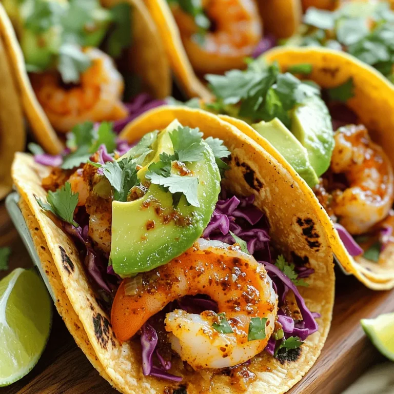 Für die Garnelen brauchst du: - 450 g große Garnelen, geschält und entdarmt - 2 Esslöffel Olivenöl - 4 Knoblauchzehen, fein gehackt - 1 Teelöffel Chilipulver - 1/2 Teelöffel Cayennepfeffer (nach Belieben anpassen) - Salz und Pfeffer nach Geschmack - 1 Teelöffel Limettensaft Diese Zutaten bringen viel Geschmack in die Tacos. Die Garnelen sind die Hauptattraktion. Das Olivenöl hilft, sie schön zart zu machen. Knoblauch und Chili geben den perfekten Kick. Du brauchst auch: - 8 kleine Maistortillas - 1 Tasse Rotkohl, fein gehobelt - 1 Avocado, in Scheiben geschnitten - Frischer Koriander, zur Garnierung - Limettenspalten, zum Servieren Die Tortillas sind die Basis. Rotkohl sorgt für Crunch. Die Avocado fügt Cremigkeit hinzu. Koriander bringt Frische, und Limettensaft macht alles lebendig. Für die Soßen und Gewürze benötigst du: - Salz - Pfeffer - Cayennepfeffer Diese Gewürze sind einfach, aber wichtig. Sie bringen die Garnelen zum Strahlen. Du kannst die Schärfe mit dem Cayennepfeffer anpassen. So kreierst du deine perfekte Mischung. Um die Garnelen optimal vorzubereiten, nimm eine mittelgroße Schüssel. Gib die geschälten und entdarmten Garnelen hinein. Füge 2 Esslöffel Olivenöl, 4 fein gehackte Knoblauchzehen, 1 Teelöffel Chilipulver, 1/2 Teelöffel Cayennepfeffer, Salz und Limettensaft hinzu. Mische alles gut. Achte darauf, dass die Garnelen gleichmäßig mariniert sind. Diese Mischung gibt den Garnelen Geschmack und macht sie zart. Erhitze eine große Pfanne auf mittlerer bis hoher Hitze. Wenn die Pfanne heiß ist, lege die Garnelen in einer einzigen Schicht hinein. Brate die Garnelen etwa 2 Minuten auf einer Seite. Sie sollten rosa und undurchsichtig werden. Drehe die Garnelen um und gare sie für weitere 1-2 Minuten. Sie sind fertig, wenn sie komplett durchgegart sind. Nimm die Pfanne vom Herd. Für die Tortillas kannst du eine andere Pfanne verwenden oder eine offene Flamme nutzen. Erwärme die Maistortillas für 30-60 Sekunden auf jeder Seite. Sie sollten biegsam und leicht angekohlt sein. Dies gibt den Tortillas einen tollen Geschmack und eine schöne Textur. Nehme eine warme Tortilla und lege eine Handvoll fein gehobelten Rotkohl darauf. Darauf kommen die gebratenen Garnelen. Belege jede Tortilla mit Avocadoscheiben. Zum Schluss streue frischen Koriander darüber. So werden die Tacos bunt und lecker. Serviere die Tacos mit Limettenspalten an der Seite. Die Limettenspalten kannst du über die Tacos auspressen. Das bringt Frische und einen tollen Kick. Diese Tacos sind einfach, schnell und voller Geschmack! Um die Garnelen gut zuzubereiten, beginne mit frischen oder gut aufgetauten Garnelen. Du solltest sie gut abtrocknen, damit sie gleichmäßig garen. Die Marinade aus Olivenöl, Knoblauch, Chilipulver, und Limettensaft ist wichtig. Sie gibt den Garnelen Geschmack. Mische alles gut, damit jede Garnele überzogen ist. Achte darauf, die Garnelen nicht zu lange zu braten. Zwei Minuten auf jeder Seite reichen. Sie sind fertig, wenn sie rosa und fest sind. Die Tortillas werden am besten in einer heißen Pfanne erwärmt. Du kannst auch eine offene Flamme nutzen, wenn du magst. Erwärme sie 30 bis 60 Sekunden lang auf jeder Seite. So werden sie weich und leicht angekohlt. Dies gibt den Tacos einen tollen Geschmack. Wenn die Tortillas zu trocken oder zu knusprig sind, kann es schwer sein, die Tacos zu rollen. Halte sie warm, indem du sie in ein sauberes Tuch wickelst. Ein häufiger Fehler ist, zu viele Garnelen auf eine Tortilla zu legen. Das macht es schwer zu essen. Achte darauf, die Garnelen gleichmäßig zu verteilen. Ein weiterer Fehler ist, die Tortillas nicht richtig zu erwärmen. Kalte oder harte Tortillas machen den Taco weniger lecker. Schließlich solltest du die Tacos nicht zu früh zusammenstellen. Wenn du sie zu lange wartest, werden die Tortillas matschig. Mach die Tacos kurz vor dem Servieren. {{image_4}} Wenn Sie Abwechslung wollen, probieren Sie verschiedene Füllungen. Statt Garnelen können Sie Hähnchen oder Tofu wählen. Diese Optionen schmecken auch lecker und sind einfach zuzubereiten. Fügen Sie auch andere Gemüse hinzu, wie Paprika oder Zucchini. Diese bringen mehr Farbe und Geschmack in Ihre Tacos. Spielen Sie mit den Gewürzen, um neue Aromen zu entdecken. Fügen Sie Kreuzkümmel oder Paprika hinzu, um den Geschmack zu vertiefen. Wenn Sie es schärfer mögen, probieren Sie frische Chilischoten. Diese bringen eine schöne Schärfe und einen frischen Geschmack. Denken Sie daran, die Gewürze nach Ihrem Geschmack anzupassen. Für eine vegane Option ersetzen Sie die Garnelen durch Kichererbsen oder gebratenen Blumenkohl. Diese Zutaten sind nahrhaft und sättigend. Verwenden Sie auch pflanzliche Tortillas, um die Tacos komplett vegan zu machen. Fügen Sie frische Kräuter und Gemüse für mehr Geschmack hinzu. Um Garnelen frisch zu halten, lege sie in einen luftdichten Behälter. Stelle sicher, dass die Garnelen abgekühlt sind, bevor du sie lagerst. Du kannst sie im Kühlschrank bis zu zwei Tage aufbewahren. Wenn du sie länger lagern möchtest, friere sie ein. Gefrorene Garnelen halten sich bis zu drei Monate. Achte darauf, sie vor dem Kochen gut aufzutauen. Tortillas bleiben frisch, wenn du sie in einem trockenen, luftdichten Behälter aufbewahrst. Du kannst sie auch in Alufolie wickeln, um sie vor dem Austrocknen zu schützen. Lagere sie im Kühlschrank, um ihre Frische zu verlängern. Wenn du Tortillas länger aufbewahren möchtest, friere sie ein. So bleiben sie bis zu drei Monate gut. Um die Tacos wieder aufzuwärmen, benutze eine heiße Pfanne. Platziere die Tacos für etwa 1-2 Minuten in die Pfanne. Du kannst auch den Ofen nutzen. Heize ihn auf 180 Grad Celsius vor und lege die Tacos für 5-7 Minuten hinein. Die Garnelen sollten warm und die Tortillas leicht knusprig sein. Achte darauf, die Tacos nicht zu lange zu erhitzen, damit sie nicht trocken werden. Die Zubereitung dauert nur 10 Minuten, und das Kochen dauert weitere 10 Minuten. In insgesamt 20 Minuten sind die Tacos fertig. Das macht dieses Rezept perfekt für ein schnelles Abendessen. Ja, Sie können gefrorene Garnelen verwenden. Tauchen Sie sie vorher auf, damit sie gleichmäßig garen. Dies hilft, die Textur der Garnelen zu bewahren. Tacos schmecken gut mit verschiedenen Beilagen. Hier sind einige Ideen: - Salsa - Guacamole - Reis - Bohnen - Nachos Diese Beilagen ergänzen die Tacos und machen die Mahlzeit noch besser. Um den Schärfegrad zu ändern, fügen Sie mehr oder weniger Cayennepfeffer hinzu. Wenn Sie es milder mögen, verwenden Sie weniger. Für mehr Schärfe können Sie frische Chilischoten oder scharfe Soße hinzufügen. Experimentieren Sie, um den perfekten Geschmack für sich zu finden! Du hast nun alles, was du für perfekt gewürzte Garnelen-Tacos benötigst. Wir haben die Hauptzutaten, die Schritt-für-Schritt-Anleitung und hilfreiche Tipps besprochen. Wähle deine Füllungen und Variationen, um deinen Taco-Genuss zu steigern. Denke daran, die Garnelen und Tortillas richtig aufzubewahren, damit sie frisch bleiben. Mit diesen Tricks bist du bereit, köstliche Tacos zu machen. Viel Spaß beim Ausprobieren!