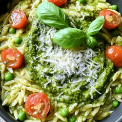 Für dieses Gericht brauchst du einige einfache Zutaten: - 1 Tasse Orzo-Nudeln - 2 Tassen Gemüsebrühe - 1 Tasse Schlagsahne (oder Kokoscreme) - 1/2 Tasse Basilikumpesto - 1 Tasse Kirschtomaten, halbiert - 1/2 Tasse gefrorene Erbsen - 1/4 Tasse geriebener Parmesan (oder Nährhefe) - 2 Esslöffel Olivenöl - Salz und Pfeffer nach Geschmack - Frische Basilikumblätter zur Garnierung Diese Zutaten sorgen für einen reichen Geschmack und eine cremige Textur. Orzo ist eine kleine Pasta, die perfekt für diese Art von Gericht ist. Falls du etwas nicht hast, gibt es Alternativen: - Ersetze die Schlagsahne durch Kokoscreme für eine milchfreie Option. - Verwende Nährhefe statt Parmesan für eine vegane Variante. - Du kannst die Kirschtomaten gegen Paprika oder Zucchini austauschen. - Gefrorene Erbsen lassen sich durch frische Erbsen ersetzen, wenn verfügbar. Diese Substitutionen helfen dir, das Gericht anzupassen, ohne den Geschmack zu verlieren. Um noch mehr Geschmack hinzuzufügen, probiere Folgendes: - Füge eine Prise rote Paprikaflocken für etwas Schärfe hinzu. - Verwende frische Kräuter wie Petersilie oder Schnittlauch für zusätzlichen Geschmack. - Ein Spritzer Zitronensaft kann das Gericht aufhellen und frisch machen. Diese kleinen Extras machen das Gericht noch köstlicher und interessanter. Zuerst erhitze ich das Olivenöl in einem großen Topf bei mittlerer Hitze. Ich füge die Orzo-Nudeln hinzu. Während ich rühre, röste ich die Nudeln etwa 2-3 Minuten. Sie sollen leicht goldbraun werden. Diese Phase gibt dem Gericht einen tollen Geschmack. Jetzt gieße ich die Gemüsebrühe in den Topf. Ich bringe alles zum Kochen und reduziere dann die Hitze. Die Mischung köchelt nun für 8-10 Minuten. Ich rühre gelegentlich um. Die Erbsen sind dann gar und die Orzo-Nudeln al dente. Sobald die Orzo-Nudeln fertig sind, rühre ich die Schlagsahne und das Basilikumpesto ein. Ich achte darauf, dass alles gut vermischt ist und cremig aussieht. Dann füge ich die Kirschtomaten und gefrorenen Erbsen hinzu und koche alles für weitere 2-3 Minuten. Das Gemüse soll warm werden. Am Ende rühre ich den geriebenen Parmesan ein. Jetzt schmecke ich mit Salz und Pfeffer ab. Vor dem Servieren lasse ich die Mischung ein paar Minuten stehen. So wird sie dicker und noch schmackhafter. Um die perfekte Konsistenz zu erreichen, achte auf die Kochzeit der Orzo-Nudeln. Sie sollten al dente sein, also bissfest. Rühre die Mischung regelmäßig um, damit die Nudeln gleichmäßig garen. Wenn die Sauce zu dick wird, füge etwas Gemüsebrühe oder Sahne hinzu. Dies hält sie cremig und lecker. Ein häufiges Problem ist, dass die Orzo-Nudeln anbrennen. Um das zu vermeiden, röste sie nur kurz an und koche sie dann in ausreichend Flüssigkeit. Wenn du die Mischung zu lange köcheln lässt, wird sie trocken. Halte die Kochzeit im Auge und rühre regelmäßig um. Achte auch darauf, ausreichend Salz und Pfeffer hinzuzufügen, um den Geschmack zu verstärken. Ein schönes Gericht sieht einladend aus. Garniere den Orzo mit frischen Basilikumblättern für Farbe. Du kannst auch etwas geriebenen Parmesan oben drauf streuen. Serviere das Gericht in bunten Tellern, um es noch ansprechender zu machen. Vergiss nicht, etwas Olivenöl darüber zu träufeln. So wird dein One-Pot Creamy Pesto Orzo zum echten Hingucker! {{image_4}} Für eine vegane Version von One-Pot Creamy Pesto Orzo tauschen Sie die Schlagsahne gegen Kokoscreme aus. Kokoscreme macht das Gericht cremig und verleiht ihm einen leichten Kokosgeschmack. Außerdem können Sie geriebenen Parmesan durch Nährhefe ersetzen. Nährhefe fügt umami Geschmack hinzu und ist perfekt für vegane Rezepte. Sie können das Rezept leicht anpassen, indem Sie zusätzliches Gemüse verwenden. Karotten, Zucchini oder Spinat passen gut. Fügen Sie das Gemüse während des Kochens hinzu, sodass es weich wird. Saisonales Gemüse bringt frische Aromen und mehr Nährstoffe in Ihr Gericht. Experimentieren Sie mit verschiedenen Kombinationen, um neue Geschmäcker zu entdecken. Wenn Sie es gerne würzig mögen, fügen Sie einfach einige Gewürze hinzu. Chili-Flocken oder Paprika geben einen zusätzlichen Kick. Sie können auch frische Kräuter wie Oregano oder Thymian ausprobieren. Diese Gewürze sorgen für mehr Tiefe im Geschmack. Seien Sie kreativ und passen Sie die Gewürze nach Ihrem Geschmack an. Du kannst den übrig gebliebenen One-Pot Creamy Pesto Orzo einfach aufbewahren. Lass das Gericht zuerst abkühlen. Danach füllst du es in einen luftdichten Behälter. So bleibt es frisch und lecker. Um den Orzo wieder aufzuwärmen, benutze einen Topf oder die Mikrowelle. Im Topf erwärmst du ihn bei mittlerer Hitze. Füge etwas Brühe oder Sahne hinzu, um die Cremigkeit zu erhalten. In der Mikrowelle erhitzt du ihn in kurzen Intervallen. Rühre zwischendurch um, damit er gleichmäßig warm wird. Im Kühlschrank hält sich der One-Pot Creamy Pesto Orzo bis zu drei Tage. Achte darauf, ihn gut abzudecken. Im Gefrierschrank kannst du ihn bis zu drei Monate lagern. Du solltest ihn in portionsgerechten Behältern einfrieren, um die Verwendung zu erleichtern. Vor dem Verzehr einfach über Nacht im Kühlschrank auftauen. Die Zubereitung dauert nur 25 Minuten. Sie benötigen 10 Minuten für die Vorbereitung und 15 Minuten zum Kochen. Diese schnelle Zeit macht das Gericht perfekt für ein schnelles Abendessen. Es ist einfach zu machen, auch nach einem langen Tag. Ja, Sie können die Schlagsahne durch Kokoscreme ersetzen. Diese ist eine gute milchfreie Option. Wenn Sie keine Kokoscreme mögen, verwenden Sie Nussmilch für eine leichtere Variante. Beide ersetzen die Schlagsahne gut und machen das Gericht cremig. Zu diesem Gericht passen viele Beilagen. Ein einfacher grüner Salat ist eine tolle Wahl. Auch geröstetes Gemüse ergänzt den Geschmack gut. Für einen herzhaften Touch können Sie auch knuspriges Brot servieren. All diese Optionen machen Ihr Essen noch besser. In diesem Artikel haben wir die Zutaten und die Zubereitung des One-Pot Creamy Pesto Orzo besprochen. Du hast gelernt, wie du die perfekten Zutaten auswählst und Fehler vermeidest. Auch Variationen wie vegane Optionen wurden behandelt. Denke daran, dass du viele Wege hast, dieses Gericht anzupassen und aufzubewahren. Nutze die Tipps, um es noch besser zu machen. So kannst du sicherstellen, dass dein Gericht immer gut schmeckt und lange hält.